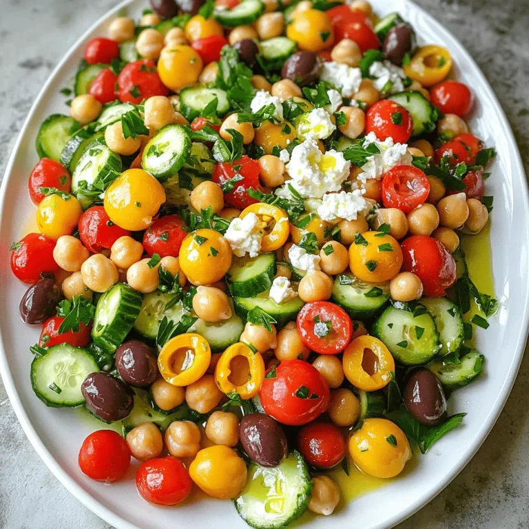 Der mediterrane Kichererbsen-Feta-Salat ist voller frischer und gesunder Zutaten. Hier sind die Hauptbestandteile: - 1 Dose (425 g) Kichererbsen, abgetropft und abgespült - 1 Tasse Cherrytomaten, halbiert - 1 Salatgurke, gewürfelt - 1/2 rote Zwiebel, fein gehackt - 1/2 Tasse Kalamata-Oliven, entsteint und halbiert - 1/2 Tasse Feta-Käse, zerbröselt - 1/4 Tasse frische Petersilie, gehackt - 3 Esslöffel Olivenöl - 2 Esslöffel Zitronensaft - 1 Teelöffel getrockneter Oregano - Salz und Pfeffer nach Geschmack Diese Zutaten machen den Salat nicht nur lecker, sondern auch nahrhaft. Kichererbsen liefern viel Protein und Ballaststoffe. Feta-Käse bringt einen tollen Geschmack. Die frischen Gemüse und Kräuter sorgen für Farbe und Vitamine. Du kannst den Salat nach deinem Geschmack anpassen. Hier sind einige optionale Zutaten: - Avocado für Cremigkeit - Paprika für mehr Farbe - Mais für Süße - Artischockenherzen für einen besonderen Kick - Frische Minze oder Basilikum für zusätzlichen Geschmack Diese Zutaten können dem Salat eine neue Dimension geben. Experimentiere mit verschiedenen Kombinationen, um deinen perfekten Salat zu finden. Eine Portion dieses Salats hat viele gesunde Nährstoffe. Hier sind die ungefähren Nährwerte pro Portion: - Kalorien: 250 - Protein: 10 g - Fett: 15 g - Kohlenhydrate: 20 g - Ballaststoffe: 6 g Der Salat ist nicht nur lecker, sondern auch nahrhaft. Er eignet sich gut als Beilage oder leichtes Hauptgericht. Du kannst die Nährwerte auch anpassen, indem du Zutaten wie Feta oder Olivenöl variierst. Für das vollständige Rezept, schaue dir den Abschnitt [Full Recipe] an. Um den mediterranen Kichererbsen-Feta-Salat zuzubereiten, benötigen Sie frische Zutaten. Beginnen Sie mit den Hauptzutaten. Hier ist, was Sie brauchen: - 1 Dose (425 g) Kichererbsen, abgetropft und abgespült - 1 Tasse Cherrytomaten, halbiert - 1 Salatgurke, gewürfelt - 1/2 rote Zwiebel, fein gehackt - 1/2 Tasse Kalamata-Oliven, entsteint und halbiert - 1/2 Tasse Feta-Käse, zerbröselt - 1/4 Tasse frische Petersilie, gehackt Zuerst nehmen Sie eine große Schüssel. Geben Sie die Kichererbsen hinein. Fügen Sie dann die Cherrytomaten, die gewürfelte Gurke, die rote Zwiebel und die Kalamata-Oliven hinzu. Mischen Sie alles vorsichtig, damit die Zutaten nicht zerdrückt werden. Jetzt ist es Zeit für das Dressing. Nehmen Sie eine kleine Schüssel. Geben Sie dort 3 Esslöffel Olivenöl und 2 Esslöffel Zitronensaft. Fügen Sie 1 Teelöffel getrockneten Oregano sowie Salz und Pfeffer nach Geschmack hinzu. Verquirlen Sie die Mischung gut. Das Dressing sollte glatt und gut vermischt sein. Gießen Sie das Dressing gleichmäßig über die Salatmischung. Vermengen Sie alles sanft, damit jede Zutat gut mit dem Dressing umhüllt ist. Schmecken Sie den Salat ab und fügen Sie nach Belieben mehr Salz, Pfeffer oder Zitronensaft hinzu. Lassen Sie den Salat etwa 10-15 Minuten ziehen. So können die Aromen gut miteinander verschmelzen. Servieren Sie den Salat auf einer großen Platte. Garnieren Sie ihn mit zusätzlicher Petersilie oder Zitronenscheiben für einen frischen Farbtupfer. Für die vollständige Anleitung, schauen Sie sich das [Full Recipe] an. Um den perfekten mediterranen Kichererbsen-Feta-Salat zu machen, sind frische Zutaten wichtig. Wählen Sie reife Cherrytomaten und knackige Gurken. Achten Sie darauf, die Kichererbsen gut abzuspülen. Dies entfernt die Konservierungsstoffe und macht sie geschmackvoll. Wenn Sie den Feta-Käse verwenden, zerbröseln Sie ihn gleichmäßig. So verteilt sich der Geschmack gut im Salat. Lassen Sie den Salat nach dem Mischen etwa 10-15 Minuten ziehen. Dadurch verbinden sich die Aromen besser. Sie können den Salat nach Ihrem Geschmack anpassen. Fügen Sie Avocado für Cremigkeit hinzu oder nutzen Sie Feta aus Ziegenmilch für einen anderen Geschmack. Mögen Sie es scharf? Geben Sie einige Chiliflocken hinzu. Ersetzen Sie Kalamata-Oliven durch grüne Oliven, wenn Sie das bevorzugen. Sogar die Kräuter können variieren. Versuchen Sie frischen Basilikum oder Minze, um neue Aromen zu entdecken. Zu diesem Salat passen viele Desserts und Beilagen. Ein frischer Obstsalat ist eine gute Wahl. Er bringt Süße und Frische. Servieren Sie auch knuspriges Brot oder Fladenbrot dazu. Diese Beilagen ergänzen den Salat perfekt. Für ein leichtes Dessert probieren Sie Joghurt mit Honig und Nüssen. Es rundet die Mahlzeit schön ab. Wenn Sie mehr Ideen suchen, schauen Sie sich das Full Recipe an. {{image_4}} Du kannst viele Zutaten in deinem mediterranen Kichererbsen-Feta-Salat ändern. Zum Beispiel, statt Feta-Käse, probiere Ziegenkäse. Das gibt einen anderen Geschmack. Anstelle von Kalamata-Oliven, kannst du grüne Oliven verwenden. Sie sind auch lecker und bringen Frische. Wenn du mehr Crunch möchtest, füge Paprika oder Karotten hinzu. Mach diesen Salat vegan, indem du den Feta-Käse weglässt. Du kannst auch pflanzlichen Käse verwenden. Achte darauf, dass alle anderen Zutaten glutenfrei sind. Kichererbsen sind von Natur aus glutenfrei. Das macht diesen Salat perfekt für alle, die glutenfrei essen. Nutze saisonale Zutaten, um deinen Salat anzupassen. Im Sommer sind frische Tomaten und Gurken perfekt. Im Herbst kannst du Kürbiswürfel oder geröstete Rote Beete hinzufügen. Diese Zutaten bringen neue Farben und Geschmäcker. So bleibt dein Salat das ganze Jahr über interessant. Für die vollständige Anleitung, schau dir das Rezept an: [Full Recipe]. Bewahre den mediterranen Kichererbsen-Feta-Salat in einem luftdichten Behälter auf. Ein Glas- oder Plastikbehälter mit Deckel eignet sich gut. Stelle den Behälter in den Kühlschrank. So bleiben die Zutaten frisch und knackig. Der Salat hält sich bis zu drei Tage im Kühlschrank. Nach ein oder zwei Tagen kann er etwas weicher werden. Der Geschmack bleibt jedoch gut. Achte darauf, ihn vor dem Essen gut durchzumischen, damit die Aromen wieder lebendig werden. Dieser Salat wird kalt serviert, also musst du ihn nicht aufwärmen. Wenn du ihn neu anrichten möchtest, füge etwas frisches Olivenöl oder Zitronensaft hinzu. Das belebt den Salat und macht ihn wieder frisch. Du kannst auch frische Kräuter oder extra Feta hinzufügen, um das Erlebnis zu verbessern. Für das vollständige Rezept, schau dir die [Full Recipe] an. Du kannst den Salat bis zu zwei Tage im Voraus machen. Das hilft, die Aromen zu entwickeln. Bewahre ihn in einem luftdichten Behälter im Kühlschrank auf. Achte darauf, das Dressing separat zu halten, bis du bereit bist, zu servieren. So bleibt der Salat frisch und knackig. Ja, du kannst andere Käsesorten ausprobieren. Feta ist toll, aber auch Ziegenkäse passt gut. Für eine cremigere Textur kannst du Ricotta verwenden. Achte darauf, den Käse klein zu schneiden oder zu bröckeln, damit er gut mit den anderen Zutaten vermischt. Um den Salat zu einer Hauptmahlzeit zu machen, füge Protein hinzu. Gegrilltes Hähnchen oder Garnelen sind gute Optionen. Du kannst auch Quinoa oder Couscous dazugeben. Das macht den Salat sättigender und nahrhafter. Mit dem [Full Recipe] kannst du weitere Ideen entdecken. Der mediterrane Kichererbsen-Feta-Salat bietet gesunde Zutaten und viel Geschmack. In diesem Blogbeitrag haben wir die besten Zutaten und die Zubereitung erklärt. Es ist einfach, den Salat nach deinem Geschmack anzupassen. Denk an die Tipps zur Lagerung, damit er frisch bleibt. Du kannst ihn auch variieren, um neue Geschmäcker zu entdecken. Experimentiere mit verschiedenen Käsesorten oder mache ihn vegan. Probiere es aus und genieße jede Bissen!