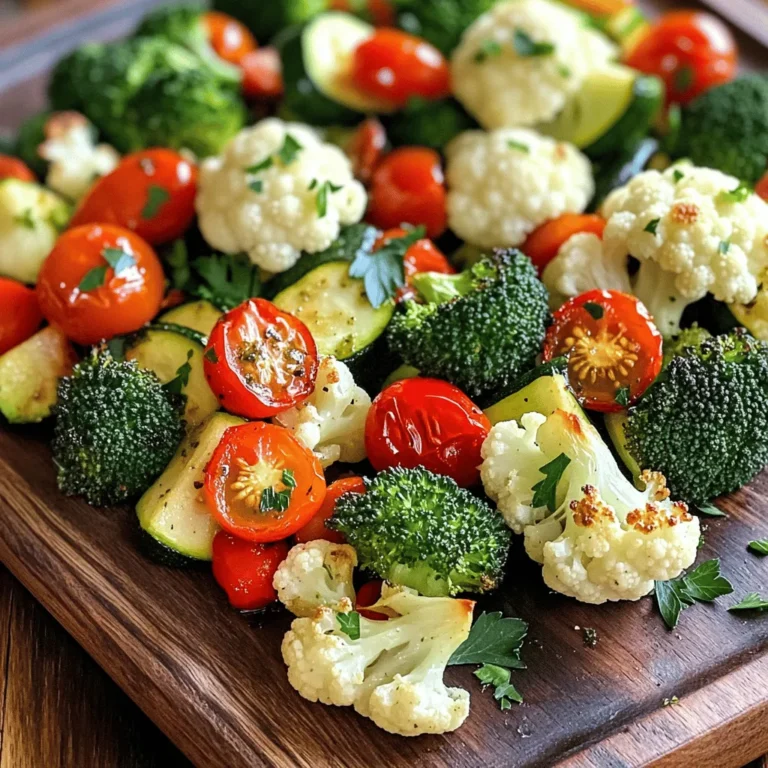 - 2 Tassen Brokkoliröschen - 2 Tassen Blumenkohlröschen - 1 rote Paprika, gewürfelt - 1 Zucchini, in Scheiben geschnitten - 1 Tasse Kirschtomaten, halbiert - 4 Knoblauchzehen, fein gehackt - 3 Esslöffel Olivenöl - 1 Teelöffel getrockneter Oregano - 1 Teelöffel getrockneter Thymian - 1 Teelöffel Paprika - Salz und Pfeffer nach Geschmack - Frische Petersilie zur Garnierung Ich liebe es, frisches Gemüse zu verwenden. Die Farben und Texturen machen das Gericht lebendig. Brokkoli und Blumenkohl bringen eine schöne Basis. Rote Paprika gibt einen süßen, knackigen Biss. Zucchini macht das Gemüse zart und saftig. Kirschtomaten fügen eine süße Note hinzu, die das Gericht auflockert. Der Knoblauch ist das Herzstück. Er bringt einen starken und würzigen Geschmack mit. Ich benutze immer frischen Knoblauch für den besten Geschmack. Olivenöl sorgt für die nötige Feuchtigkeit. Es hilft auch, die Gewürze am Gemüse zu halten. Die Kräuter sind der Schlüssel zu diesem Rezept. Getrockneter Oregano und Thymian passen perfekt zu Röstgemüse. Paprika gibt eine leichte Schärfe. Fügen Sie Salz und Pfeffer nach Geschmack hinzu, um alles zu verstärken. Am Ende streue ich frische Petersilie darüber. Sie sorgt für einen tollen Farbkontrast und frischen Geschmack. Es macht das Gericht nicht nur lecker, sondern auch schön anzusehen. Für das vollständige Rezept schauen Sie sich bitte die [Full Recipe] an. Zuerst waschen Sie das Gemüse gründlich. Es ist wichtig, Schmutz und Rückstände zu entfernen. Schneiden Sie dann das Gemüse in gleichmäßige Stücke. So garen sie gleichmäßig. Ich empfehle, Brokkoli und Blumenkohl in kleine Röschen zu teilen. Die Paprika sollte in Würfel geschnitten werden. Zucchini schneiden Sie in dünne Scheiben. Halbieren Sie die Kirschtomaten. Jetzt ist es Zeit für den Knoblauch. Nehmen Sie vier Zehen und hacken Sie sie fein. Frische Kräuter sind auch wichtig. Sie können Petersilie oder andere frische Kräuter verwenden. Um die Marinade zu machen, nehmen Sie eine kleine Schüssel. Geben Sie das Olivenöl, den gehackten Knoblauch, Oregano, Thymian und Paprika hinein. Fügen Sie Salz und Pfeffer nach Geschmack hinzu. Vermischen Sie alles gut. Diese Marinade gibt dem Gemüse viel Geschmack. Heizen Sie jetzt Ihren Ofen auf 220°C vor. Während der Ofen sich aufwärmt, legen Sie ein Backblech mit Backpapier aus. Verteilen Sie das vorbereitete Gemüse gleichmäßig auf dem Blech. Gießen Sie die Marinade über das Gemüse. Mischen Sie alles gut durch, sodass das Gemüse gleichmäßig bedeckt ist. Jetzt ist Ihr Gemüse bereit für den Ofen. Rösten Sie es für 20-25 Minuten. Nach der Hälfte der Zeit sollten Sie das Gemüse einmal umrühren. So wird es gleichmäßig gar und bekommt eine schöne Farbe. Nach dem Rösten lassen Sie es kurz abkühlen. Dann können Sie die frische Petersilie darüber streuen. Für die vollständige Anleitung schauen Sie sich das Rezept für Knoblauch-Kräuter Röstgemüse an. Um das Gemüse perfekt zu rösten, ist die Temperatur entscheidend. Ich empfehle 220°C. Diese Hitze bringt das Gemüse zum Schwitzen und bräunt es gut. Rösten Sie das Gemüse 20 bis 25 Minuten. Achten Sie darauf, es nach der Hälfte der Zeit umzurühren. So wird alles gleichmäßig gar. Zartes Gemüse hat einen tollen Geschmack. Wenn Sie keinen Ofen nutzen möchten, probieren Sie eine Luftfritteuse. Sie ist schnell und einfach. Die Luftfritteuse benötigt weniger Öl und macht das Gemüse knusprig. Grillen ist eine weitere tolle Option. Das Grillen verleiht dem Gemüse einen rauchigen Geschmack. Legen Sie die Gemüse einfach auf den Grill und wenden Sie sie regelmäßig. Es gibt viele Möglichkeiten, Knoblauch Kräuter Röstgemüse zu servieren. Sie passen gut zu gegrilltem Fleisch oder Fisch. Das Gemüse kann auch über einen Salat gestreut werden. Eine weitere Idee ist, es zu einem Getreidegericht zu servieren. Es gibt viele Kombinationen, die einfach köstlich sind. Seien Sie kreativ und kombinieren Sie nach Ihrem Geschmack! Für das gesamte Rezept zu Knoblauch Kräuter Röstgemüse schauen Sie sich bitte das [Full Recipe] an. {{image_4}} Fügen Sie Ihrer Mischung andere Gemüse hinzu, um den Geschmack zu variieren. Rosenkohl ist eine tolle Wahl. Er hat einen leicht nussigen Geschmack und wird beim Rösten knusprig. Kürbis bringt eine süße Note. Er passt gut zu den Kräutern und dem Knoblauch. Karotten sind ebenfalls ideal. Sie sind knackig und süß, was gut mit den anderen Aromen harmoniert. Experimentieren Sie mit Gemüse, das Ihnen gefällt. So machen Sie jedes Mal etwas Neues. Verändern Sie die Kräuter, um neue Geschmäcker zu finden. Frischer Thymian oder Rosmarin bringen eine wunderbare Note. Auch italienische Gewürze wie Basilikum oder Oregano sind lecker. Mögen Sie es schärfer? Fügen Sie etwas Cayennepfeffer hinzu. Auch geräuchertes Paprika verleiht dem Gericht Tiefe. Jeder kann seine eigenen Lieblingsgewürze wählen. So wird das Rezept noch persönlicher. Um das Gericht vegan zu machen, verwenden Sie einfach alle pflanzlichen Zutaten. Es ist bereits vegan, da keine tierischen Produkte enthalten sind. Für glutenfreie Optionen wählen Sie einfach glutenfreies Brot oder andere glutenfreie Produkte, wenn Sie das Gemüse servieren. Prüfen Sie die Etiketten, um sicherzustellen, dass alles glutenfrei ist. So passt das Röstgemüse zu vielen Ernährungsweisen. Es bleibt lecker und gesund. Für das vollständige Rezept schauen Sie sich bitte die Details an. Um Knoblauch Kräuter Röstgemüse frisch zu halten, lagere es im Kühlschrank. Verwende einen luftdichten Behälter. Achte darauf, das Gemüse gut abzukühlen, bevor du es verpackst. So bleibt der Geschmack erhalten. Du kannst es auch in ein feuchtes Tuch wickeln, um die Feuchtigkeit zu halten. Das Aufwärmen sollte sanft erfolgen, damit das Gemüse nicht austrocknet. Die beste Methode ist, das Gemüse im Ofen bei 180°C (350°F) für etwa 10 Minuten zu erwärmen. Alternativ kannst du eine Pfanne verwenden, um das Gemüse kurz zu erwärmen. Füge etwas Olivenöl hinzu, um den Geschmack zu verbessern. Röstgemüse hält sich im Kühlschrank etwa 3 bis 5 Tage. Überprüfe das Gemüse vor dem Verzehr. Achte auf einen frischen Geruch und eine gute Farbe. Wenn das Gemüse matschig oder verändert aussieht, wirf es besser weg. So gewährleistest du, dass du immer köstliche Beilagen hast. Um gleichmäßiges Rösten zu erreichen, verteilen Sie das Gemüse gut auf dem Blech. Lassen Sie dabei Platz zwischen den Stücken. Zu dichtes Belegen führt zu Dampf statt Röstung. Rühren Sie das Gemüse nach der Hälfte der Garzeit um. So bräunt alles schön. Verwenden Sie ein Backblech mit Antihaftbeschichtung oder Backpapier. Das hilft beim Wenden und Entfernen. Für Röstgemüse sind frische und getrocknete Kräuter ideal. Oregano und Thymian bringen tolle Aromen. Rosmarin passt auch gut, wenn Sie es kräftiger mögen. Petersilie fügt Frische hinzu. Experimentieren Sie mit Kräutermischungen, um neue Geschmäcker zu entdecken. Die Auswahl der Kräuter hängt von Ihrem persönlichen Geschmack ab. Ja, Sie können das Gemüse im Voraus vorbereiten. Schneiden Sie alles und lagern Sie es in einem luftdichten Behälter im Kühlschrank. So bleibt es frisch. Die Marinade können Sie auch im Voraus zubereiten. Mischen Sie alles und bewahren Sie es getrennt auf. Kurz vor dem Rösten kombinieren Sie alles. So sparen Sie Zeit. Knoblauch-Kräuter Röstgemüse passt gut zu vielen Gerichten. Servieren Sie es zu gegrilltem Fleisch oder Fisch. Es ergänzt auch Reis- oder Quinoagerichte perfekt. Probieren Sie es mit einem frischen Salat. Auch als Beilage zu Pasta ist es lecker. Für mehr Ideen, schauen Sie sich die [Full Recipe] an. Röstgemüse ist einfach, gesund und lecker. Wir haben die Grundlagen abgedeckt, von den Zutaten bis zur Zubereitung. Du kennst jetzt Tipps für die perfekte Röstzeit und wie du das Gemüse variieren kannst. Denke daran, Röstgemüse kann vielseitig sein und zu vielen Gerichten passen. Es lässt sich gut lagern und aufwärmen. Experimentiere mit verschiedenen Gemüsesorten und Gewürzen. Dein Essen wird dadurch noch schmackhafter und interessanter. Jetzt bist du bereit, dein Küchenabenteuer zu starten!