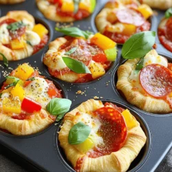 - 1 Packung gekühlter Croissant-Teig - 1 Tasse Pizzasauce (gekauft oder selbstgemacht) - 1 Tasse geriebener Mozzarella-Käse Die Hauptzutaten sind einfach zu finden und wichtig für den Geschmack. Der Croissant-Teig bringt Fluffigkeit. Er wird goldbraun und knusprig. Die Pizzasauce sorgt für die richtige Würze. Du kannst sie selbst machen oder kaufen. Mozzarella-Käse schmilzt gut und macht alles lecker. - ½ Tasse in Scheiben geschnittener Peperoni - ½ Tasse gewürfelte Paprika (jede Farbe nach Wahl) - ¼ Tasse geschnittene schwarze Oliven (optional) Ergänzende Zutaten machen die Mini-Pizzas bunter und schmackhafter. Peperoni fügt einen herzhaften Geschmack hinzu. Paprika bringt frische und Süße. Du kannst jede Farbe auswählen. Wenn du Oliven magst, gib sie einfach dazu. Sie sind optional, aber lecker. - 1 Teelöffel italienische Gewürzmischung - 1 Esslöffel Olivenöl - Frische Basilikumblätter zum Garnieren (optional) Gewürze und Öle erhöhen den Geschmack der Mini-Pizzas. Die italienische Gewürzmischung bringt ein tolles Aroma. Olivenöl hilft, die Kruste goldbraun zu machen. Frische Basilikumblätter sind eine schöne Garnitur. Sie geben einen frischen, aromatischen Akzent. Heize zuerst den Ofen auf 190°C (375°F) vor. Das sorgt für eine perfekte Kruste. Nimm dann die Packung mit dem gekühlten Croissant-Teig. Rolle den Teig aus und schneide ihn in Dreiecke. Diese Form macht das Füllen einfacher und sorgt für einen schönen Rand. Nimm die Muffin- oder Cupcake-Formen. Lege die Teigdreiecke hinein. Drücke den Teig leicht an, damit die Ränder über den Rand hängen. Das gibt den Mini-Pizzas einen tollen Look. Gib etwa einen Esslöffel Pizzasauce in jede Mulde. Verteile den geriebenen Mozzarella-Käse gleichmäßig darüber. So wird jede Pizza schön cheesy und lecker. Jetzt kannst du die Mini-Pizzas belegen. Nutze Peperoni, gewürfelte Paprika und schwarze Oliven nach deinem Geschmack. Streue die italienische Gewürzmischung oben drauf. Klappe die Ränder des Teigs über die Füllung. Das hilft, die Füllung im Inneren zu halten. Backe die Häppchen für etwa 12-15 Minuten. Sie sind fertig, wenn der Teig goldbraun ist und der Käse sprudelt. Lass die Mini-Pizzas eine Minute abkühlen, bevor du sie vorsichtig aus der Form nimmst. Wenn du magst, garniere sie mit frischen Basilikumblättern. Genieße sie warm! Um die perfekte Kruste zu erreichen, verwenden Sie Olivenöl. Damit wird die Kruste schön goldbraun. Bestreichen Sie den Teig leicht mit Olivenöl, bevor Sie ihn backen. Das sorgt für eine appetitliche Farbe. Klappen Sie die Ränder des Teigs über die Füllung. Dies gibt extra Geschmack und eine knusprige Kante. Probieren Sie verschiedene Beläge aus. Für eine vegetarische Option nutzen Sie frisches Gemüse. Paprika, Zwiebeln oder Spinat sind tolle Zutaten. Alternativen zu Käse und Saucen sind auch möglich. Nutzen Sie zum Beispiel Hummus anstelle von Pizzasauce oder pflanzlichen Käse. Mini-Pizzas sind perfekt für Partys oder Snacks. Sie lassen sich im Voraus zubereiten. Bereiten Sie die Mini-Pizzas und lagern Sie sie im Kühlschrank. Sie können sie dann einfach backen, wenn Gäste kommen. So sparen Sie Zeit und Stress. {{image_4}} Eine tolle Variante ist die BBQ-Hühnchen-Pizza. Verwende BBQ-Sauce anstelle der Pizzasauce. Das gibt einen süßen und rauchigen Geschmack. Du kannst auch eine mediterrane Mini-Pizza machen. Füge Feta-Käse und schwarze Oliven hinzu. Das bringt Aromen, die großartig zusammenpassen. Beide Stile sind einfach und lecker. Wenn du Gluten nicht verträgst, gibt es glutenfreien Teig. Viele Geschäfte bieten ihn an. Das ist eine super Lösung. Für vegane Versionen kannst du pflanzliche Käsealternativen verwenden. Diese Optionen machen die Mini-Pizzas für alle zugänglich und schmackhaft. Nutze saisonales Gemüse für frische Aromen. Im Frühling sind Spargel und Erbsen toll. Im Herbst passen Kürbis und Zucchini gut dazu. Du kannst die Beläge je nach Jahreszeit anpassen. So schmecken die Mini-Pizzas immer anders und spannend. Um übrig gebliebene Mini-Pizzas richtig zu lagern, lege sie in einen luftdichten Behälter. So bleiben sie frisch. Wenn du sie im Kühlschrank lagerst, sollten sie dort nicht länger als drei Tage bleiben. Für längere Haltbarkeit, friere die Mini-Pizzas ein. Achte darauf, dass sie gut verpackt sind, um Gefrierbrand zu vermeiden. Verwende Frischhaltefolie oder einen Gefrierbeutel. Die besten Methoden zum Aufwärmen der Mini-Pizzas sind der Ofen oder die Mikrowelle. Im Ofen wird die Kruste wieder schön knusprig. Heize den Ofen auf 180°C vor und backe die Pizzas für etwa 10 Minuten. In der Mikrowelle geht es schneller, aber die Kruste wird weich. Erwärme sie dort für 30 bis 60 Sekunden. Die Mini-Pizzas sind im Kühlschrank etwa drei Tage haltbar. Achte auf Anzeichen von Verderb, wie unangenehmen Geruch oder Verfärbungen. Wenn sie gefroren sind, halten sie bis zu drei Monate. Überprüfe sie vor dem Essen immer auf Frische, um sicher zu sein, dass sie gut sind. Die Zubereitung ist schnell und einfach. Sie brauchen nur 10 Minuten für die Vorbereitung. Die Kochzeit beträgt etwa 12-15 Minuten. Insgesamt sind das nur 25 Minuten, bis die Mini-Pizzas fertig sind. Das macht sie perfekt für schnelle Snacks oder einfache Abendessen. Ja, Sie können diese Mini-Pizzas im Voraus machen. Bereiten Sie die Pizzas bis zum Backen vor. Lagern Sie sie dann im Kühlschrank, bis Sie bereit sind, sie zu backen. Dies ist eine tolle Option für Partys. Sie können die Häppchen auch einfrieren. So haben Sie immer einen leckeren Snack bereit. Ja, Sie können verschiedene Teigsorten ausprobieren. Zum Beispiel, verwenden Sie Pizzateig oder Blätterteig für andere Geschmäcker. Wenn Sie glutenfrei sind, finden Sie glutenfreien Teig in vielen Geschäften. Für eine vegane Option, nutzen Sie pflanzliche Käsealternativen. So passen Sie die Mini-Pizzas an Ihre Vorlieben an. Diese Mini-Crescent-Roll-Pizzas sind einfach zuzubereiten und anpassbar. Wir haben über die Haupt- und zusätzlichen Zutaten gesprochen. Die Schritt-für-Schritt-Anleitung hilft dir, den Teig perfekt zuzubereiten und zu backen. Tipps und Variationen geben dir noch mehr Möglichkeiten, kreativ zu sein. Denke daran, wie du Reste lagerst und aufwärmst. Mit diesen Infos bist du bereit, deine eigenen kleinen Pizzaträume zu verwirklichen. Viel Spaß beim Ausprobieren!