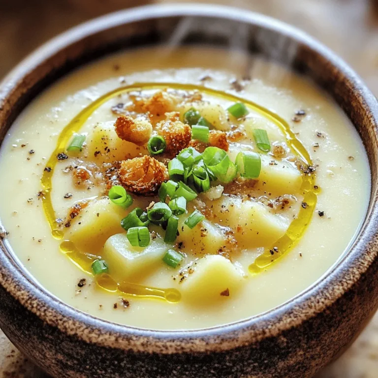 Um eine cremige geröstete Knoblauch-Kartoffelsuppe zu machen, benötigen Sie: - 6 mittelgroße Kartoffeln, geschält und gewürfelt - 1 Kopf Knoblauch - 3 Esslöffel Olivenöl - 1 mittelgroße Zwiebel, fein gehackt - 4 Tassen Gemüsebrühe - 1 Tasse Sahne - Salz und Pfeffer nach Geschmack - 1 Esslöffel frische Thymianblätter (oder 1 Teelöffel getrockneter Thymian) - 2 Frühlingszwiebeln, in Ringe geschnitten (zum Garnieren) - Croutons (optional, zum Garnieren) Für diese Suppe benötigen Sie einige wichtige Utensilien: - Ein scharfes Messer zum Schneiden - Ein Schneidebrett - Ein großer Topf zum Kochen - Ein Stabmixer oder ein normaler Mixer - Aluminiumfolie für den Knoblauch - Eine Schüssel zum Servieren Die Qualität der Zutaten macht einen großen Unterschied. Wählen Sie frische Kartoffeln, die fest und ohne Druckstellen sind. Der Knoblauch sollte fest und trocken sein. Achten Sie darauf, hochwertige Gemüsebrühe zu verwenden. Diese gibt der Suppe viel Geschmack. Wenn möglich, nutzen Sie frische Kräuter wie Thymian für das beste Aroma. Frische Zwiebeln und Sahne tragen ebenfalls zur Cremigkeit bei. Damit gelingt Ihnen die perfekte Suppe! Um den Knoblauch vorzubereiten, heize deinen Ofen auf 200°C vor. Nimm einen Kopf Knoblauch und schneide die Oberseite ab. Das hilft, die Zehen weicher zu machen. Beträufle den Knoblauch mit 1 Esslöffel Olivenöl. Wickele den Kopf in Aluminiumfolie und lege ihn in den Ofen. Röste ihn für 30 bis 35 Minuten. Der Knoblauch wird weich und hat einen süßen Geschmack. In einem großen Topf erhitze 2 Esslöffel Olivenöl bei mittlerer Hitze. Füge die fein gehackte Zwiebel hinzu. Dünste sie für etwa 5 Minuten, bis sie glasig ist. Dann gib die gewürfelten Kartoffeln in den Topf. Rühre die Kartoffeln für etwa 2 Minuten um. So werden sie leicht angebraten und bekommen mehr Geschmack. Gieße 4 Tassen Gemüsebrühe in den Topf. Bringe die Mischung zum Kochen. Reduziere die Hitze und lasse die Suppe 15 bis 20 Minuten köcheln, bis die Kartoffeln zart sind. Wenn der Knoblauch geröstet ist, presse die Zehen aus ihrer Haut. Füge sie zusammen mit 1 Esslöffel frischen Thymian in den Topf. Püriere die Suppe mit einem Stabmixer, bis sie cremig ist. Füge 1 Tasse Sahne hinzu und schmecke mit Salz und Pfeffer ab. Lass die Suppe bei niedriger Hitze warm werden. Serviere die Suppe heiß mit geschnittenen Frühlingszwiebeln und optional Croutons. Um die perfekte Cremigkeit zu erreichen, pürieren Sie die Suppe gut. Ein Stabmixer ist ideal dafür. Wenn Sie keinen haben, nutzen Sie einen normalen Mixer. Achten Sie darauf, die Suppe nicht zu überfüllen. Die warme Suppe kann spritzen. Fügen Sie die Sahne langsam hinzu. Rühren Sie dabei gut um. So wird die Suppe gleichmäßig cremig. Wenn Sie eine dickere Konsistenz möchten, verwenden Sie mehr Kartoffeln. Ein häufiger Fehler ist, den Knoblauch zu lange zu rösten. Wenn er verbrennt, schmeckt die Suppe bitter. Rösten Sie den Knoblauch nur bis er weich und goldbraun ist. Ein weiterer Fehler ist, die Brühe nicht richtig zu würzen. Schmecken Sie die Brühe ab, bevor Sie die Kartoffeln hinzufügen. So haben die Aromen genug Zeit, sich zu entfalten. Die Kombination aus Thymian und frischem Knoblauch ist perfekt. Diese Aromen ergänzen die Kartoffeln. Sie können auch etwas Muskatnuss hinzufügen für einen besonderen Geschmack. Für einen extra Kick empfehle ich einen Hauch von Cayennepfeffer. Das gibt der Suppe eine schöne Wärme. Experimentieren Sie mit Kräutern wie Rosmarin oder Oregano für neue Geschmäcker. {{image_4}} Für eine vegane Version der cremigen Knoblauch-Kartoffelsuppe kann die Sahne durch pflanzliche Alternativen ersetzt werden. Ich empfehle Kokosmilch oder Hafercreme. Diese Optionen geben der Suppe eine schöne Cremigkeit und einen tollen Geschmack. Achten Sie darauf, eine ungesüßte Variante zu wählen. So bleibt der Geschmack der Suppe klar und frisch. Um die Suppe noch gesünder zu machen, können Sie zusätzliches Gemüse hinzufügen. Karotten, Sellerie oder sogar Blumenkohl passen gut. Schneiden Sie das Gemüse in kleine Stücke und fügen Sie es zusammen mit den Kartoffeln hinzu. So bekommt die Suppe mehr Farbe und Nährstoffe. Experimentieren Sie mit saisonalem Gemüse, um neue Geschmacksrichtungen zu entdecken. Wenn Sie es gerne würzig mögen, fügen Sie etwas Chili oder Cayennepfeffer hinzu. Diese Gewürze bringen einen tollen Kick in die Suppe. Sie können auch geräucherte Paprika verwenden, um einen tiefen, reichen Geschmack zu erzielen. Für mehr Komplexität empfehle ich, frische Kräuter wie Petersilie oder Basilikum kurz vor dem Servieren hinzuzufügen. So bleibt das Aroma frisch und lebendig. Die Suppe bleibt frisch, wenn Sie sie richtig lagern. Lassen Sie die Suppe zuerst abkühlen. Danach füllen Sie sie in einen luftdichten Behälter. Stellen Sie sicher, dass der Behälter gut verschlossen ist. So hält sich die Suppe bis zu fünf Tage im Kühlschrank. Wenn Sie die Suppe länger aufbewahren möchten, sollten Sie sie einfrieren. Das Einfrieren ist eine gute Option, wenn Sie die Suppe länger aufbewahren möchten. Lassen Sie die Suppe ebenfalls abkühlen. Gießen Sie die Suppe dann in geeignete Behälter oder Gefrierbeutel. Achten Sie darauf, etwas Platz zu lassen, da die Suppe beim Gefrieren ausdehnt. Die Suppe bleibt bis zu drei Monate frisch im Gefrierfach. Wenn Sie die Suppe wieder aufwärmen, machen Sie es sanft. Gießen Sie die gefrorene oder gekühlte Suppe in einen Topf. Erwärmen Sie sie bei mittlerer Hitze. Rühren Sie die Suppe gut um, damit sie gleichmäßig warm wird. Wenn die Suppe zu dick ist, fügen Sie etwas Brühe oder Wasser hinzu. So bleibt sie cremig und köstlich. Ja, Sie können die Suppe im Voraus machen. Kochen Sie die Suppe und lassen Sie sie abkühlen. Lagern Sie sie dann in einem luftdichten Behälter im Kühlschrank. Sie können die Suppe bis zu drei Tage aufbewahren. Wenn Sie sie wieder aufwärmen, fügen Sie etwas Wasser oder Brühe hinzu, um die Konsistenz zu verbessern. Um die Konsistenz zu ändern, können Sie mehr Gemüsebrühe für eine dünnere Suppe hinzufügen. Wenn Sie eine dickere Suppe möchten, pürieren Sie sie länger oder fügen Sie mehr Kartoffeln hinzu. Eine andere Möglichkeit ist, etwas weniger Sahne zu verwenden. Experimentieren Sie, bis Sie die perfekte Textur für Ihren Geschmack finden. Zu dieser Suppe passen viele Beilagen. Croutons sind eine beliebte Wahl. Sie fügen einen knusprigen Biss hinzu. Auch ein frischer Salat ergänzt die Suppe gut. Sie können auch etwas Brot servieren, um die cremige Suppe aufzutunken. Wählen Sie, was Ihnen am besten schmeckt! In diesem Artikel haben wir die besten Zutaten für deine Suppe betrachtet und wichtige Küchenutensilien besprochen. Du hast gelernt, wie du Knoblauch, Zwiebeln und Kartoffeln perfekt vorbereitest. Tipps helfen dir, die beste Cremigkeit zu erreichen und häufige Fehler zu vermeiden. Zudem erfährst du, wie du deine Suppe variieren und richtig lagern kannst. Denke daran, dass gute Zutaten der Schlüssel sind. Experimentiere mit verschiedenen Gewürzen für neue Geschmäcker. Viel Spaß beim Kochen und Genießen!