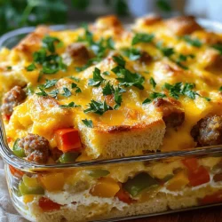- Frühstückswurst und Eier: Für diesen Auflauf verwende ich 450 g Frühstückswurst. Du kannst Puten- oder Hähnchenwurst wählen, um es leichter zu machen. Die Eier sind das Herzstück. Sechs große Eier sorgen für eine gute Bindung. - Käseauswahl und Milch: Ich nutze 200 g geriebenen Cheddarkäse. Dieser Käse schmilzt schön und gibt viel Geschmack. Dazu kommen 240 ml Milch, die die Mischung cremig macht. - Gemüse und Brotbasis: 150 g gewürfelte Paprika bringen Frische und Farbe. Gewürfelte Zwiebeln (150 g) fügen Geschmack hinzu. Schließlich benötigen wir vier Tassen altbackenes Brot. Ciabatta oder Sauerteig sind ideal. Sie geben dem Auflauf eine schöne Textur. Beginnen Sie, indem Sie Ihren Ofen auf 175 °C vorheizen. Nehmen Sie eine Auflaufform, etwa 23x33 cm groß. Fetten Sie diese mit Antihaftspray oder Butter gut ein. Jetzt kommt die Wurst. Nehmen Sie eine große Pfanne und erhitzen Sie sie auf mittlerer Hitze. Fügen Sie die Frühstückswurst hinzu. Zerkleinern Sie die Wurst mit einem Spachtel, während sie brät. Kochen Sie sie, bis sie gut durchgegart und braun ist. Wenn zu viel Fett in der Pfanne ist, gießen Sie es ab. Stellen Sie die Wurst dann zur Seite. In einer großen Rührschüssel verquirlen Sie die Eier und die Milch. Fügen Sie 1 Teelöffel Knoblauchpulver, 1 Teelöffel Zwiebelpulver, sowie Salz und Pfeffer nach Geschmack hinzu. Mischen Sie alles gut. Jetzt kommen die anderen Zutaten. Geben Sie die gebratene Wurst in die Eimischung. Fügen Sie die gewürfelte Paprika und die Zwiebel hinzu. Mischen Sie alles gut durch. Dann nehmen Sie 100 g geriebenen Cheddarkäse und geben ihn dazu. Rühren Sie die Mischung erneut. Nehmen Sie das gewürfelte Brot und heben Sie es vorsichtig unter die Mischung. Achten Sie darauf, dass jedes Stück gut mit der Eimischung überzogen ist. Gießen Sie die gesamte Mischung gleichmäßig in die vorbereitete Auflaufform. Bestreuen Sie die Oberseite mit den restlichen 100 g geriebenem Cheddarkäse. Jetzt backen Sie den Auflauf im vorgeheizten Ofen für 30 bis 35 Minuten. Er ist fertig, wenn er aufgeht, in der Mitte fest ist und der Käse goldbraun blubbert. Lassen Sie den Auflauf für etwa 5 bis 10 Minuten abkühlen, bevor Sie ihn in Stücke schneiden. Garnieren Sie ihn mit frischer Petersilie und servieren Sie ihn warm. Um den besten Geschmack zu erzielen, wähle die richtige Wurst. Ich empfehle, frische Frühstückswurst zu verwenden. Du kannst auch Puten- oder Hähnchenwürste für eine leichtere Variante nehmen. Beide bringen tollen Geschmack in den Auflauf. Für die Käsesorten, Cheddar ist immer eine gute Wahl. Er schmilzt gut und hat einen kräftigen Geschmack. Du kannst auch Gouda oder Mozzarella probieren. Diese Käse sorgen für eine andere Textur und einen milden Geschmack. Denke an Gewürzvariationen. Eine Prise Paprika oder Cayennepfeffer gibt dem Gericht eine schöne Schärfe. Auch frische Kräuter wie Schnittlauch oder Thymian passen gut. Diese können dem Auflauf frische Aromen verleihen. Heize deinen Ofen rechtzeitig vor. 175 °C ist perfekt für einen gleichmäßigen Garprozess. Bereite die Auflaufform gut vor, indem du sie einfettest. So bleibt nichts kleben. Achte darauf, die Wurst gut zu braten. Sie sollte braun und knusprig werden. Überprüfe die Konsistenz der Eimischung. Sie sollte gut vermischt und gleichmäßig sein, bevor du das Brot hinzufügst. Ein häufiger Fehler ist, das Brot zu stark zu zerdrücken. Hebe es vorsichtig unter die Mischung. So bleibt der Auflauf schön fluffig. Lass den Auflauf nach dem Backen kurz abkühlen. Das hilft, die Stücke besser zu schneiden. {{image_4}} Wenn Sie eine vegetarische Option suchen, gibt es viele Wege, das Rezept anzupassen. Sie können pflanzliche Wurst verwenden. Diese gibt es in vielen Geschmacksrichtungen. Eine gute Wahl sind Produkte auf Basis von Soja oder Erbsen. Für die Milch können Sie auch pflanzliche Alternativen wie Mandel- oder Hafermilch nutzen. Auch die Gemüsevariationen sind wichtig. Statt Paprika und Zwiebeln können Sie Spinat, Zucchini oder Champignons verwenden. Diese geben dem Auflauf eine frische Note. Experimentieren Sie mit verschiedenen Gemüsesorten, um den Geschmack zu ändern. Die Brotbasis des Auflaufs ist ebenso anpassbar. Sie können verschiedene Brotsorten verwenden, um den Geschmack zu variieren. Ciabatta oder Sauerteig sind ideal. Aber auch Vollkornbrot kann eine gesunde Alternative sein. Außerdem können Sie die Konsistenz anpassen. Wenn der Auflauf zu trocken wirkt, fügen Sie mehr Milch hinzu. Mögen Sie es lieber fester? Dann verwenden Sie weniger Milch. So können Sie den Auflauf ganz nach Ihrem Geschmack gestalten. Nach dem Backen können Sie den Auflauf einfach lagern. Lassen Sie ihn abkühlen. Decken Sie ihn dann mit Folie oder einem Deckel ab. Lagern Sie den Auflauf im Kühlschrank. Er bleibt dort für 3 bis 4 Tage frisch. Wenn Sie mehr Zeit benötigen, frieren Sie den Auflauf ein. Schneiden Sie ihn in Portionen und legen Sie sie in luftdichte Behälter. So bleibt der Auflauf bis zu 3 Monate haltbar. Zum Aufwärmen nehmen Sie einfach eine Portion heraus. Erwärmen Sie sie in der Mikrowelle oder im Ofen. Stellen Sie den Ofen auf 175 °C ein und backen Sie ihn 15-20 Minuten. Um die Frische zu halten, lagern Sie den Auflauf immer im Kühlschrank. Überprüfen Sie auch regelmäßig den Geruch und das Aussehen. Wenn Sie Schimmel sehen oder der Auflauf schlecht riecht, werfen Sie ihn weg. Achten Sie auf die Zutaten. Die Wurst sollte fest und nicht schleimig sein. Der Käse muss frisch riechen und eine gleichmäßige Farbe haben. Überprüfen Sie auch die Eier. Wenn sie einen unangenehmen Geruch haben, sind sie nicht mehr gut. Die Zubereitung dauert insgesamt etwa 50 Minuten. Die Vorbereitungszeit liegt bei 15 Minuten. Ich finde es hilfreich, alles vorher bereit zu haben. So kannst du effizient arbeiten. Das Backen im Ofen dauert 30 bis 35 Minuten. In dieser Zeit wird der Käse goldbraun und blubbernd. Ja, du kannst verschiedene Käsesorten verwenden. Cheddar ist großartig, aber auch Gouda oder Mozzarella passen gut. Diese Käsesorten schmelzen schön und geben einen tollen Geschmack. Experimentiere ruhig mit deinen Favoriten. Ein Mix aus mehreren Käsesorten macht den Auflauf noch interessanter. Um den Auflauf glutenfrei zu machen, wähle glutenfreies Brot. Viele Supermärkte bieten inzwischen glutenfreies Brot an. Achte darauf, dass auch die Wurst glutenfrei ist. So kannst du den Auflauf ohne Sorgen genießen. Wenn du dir unsicher bist, prüfe die Zutatenliste gründlich. Ein einfacher Käse-Frühstücks-Schmaus-Auflauf ist leicht zuzubereiten. Wir haben die Hauptzutaten, die Zubereitungsschritte und wichtige Tipps behandelt. Schön, dass du nun eine Vielzahl an Optionen kennst, wie du den Auflauf anpassen kannst. Denk daran, die Zutaten gut zu lagern, damit der Auflauf lange frisch bleibt. Mit den kreativen Variationen und Tipps wird dein Gericht sicher lecker. Probiere es aus! Es macht Spaß und schmeckt gut.
