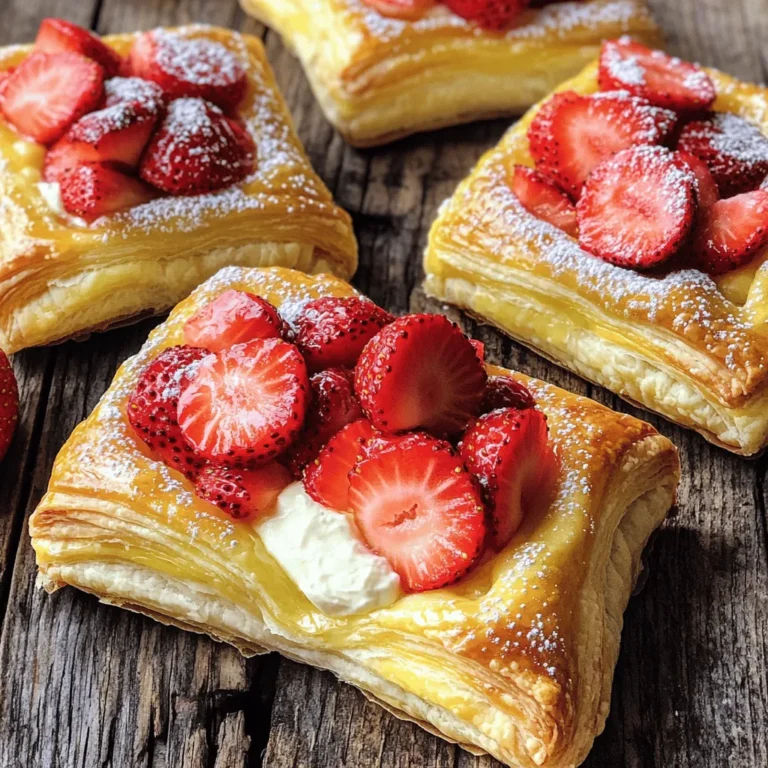 - 1 Blatt Blätterteig (aufgetaut) - 225 g Frischkäse, weich - 30 g Puderzucker - 1/2 Teelöffel Vanilleextrakt - 250 g frische Erdbeeren, entkeltert und in Scheiben geschnitten - 1 Esslöffel Maisstärke - 2 Esslöffel Kristalzucker - 1 Ei (für die Ei-Wasch) - 1 Esslöffel Milch (für die Ei-Wasch) - Optional: zusätzliches Puderzucker zum Bestäuben Wählen Sie frische Erdbeeren. Achten Sie auf leuchtende Farben und festen Druck. Diese Früchte geben den besten Geschmack. Für den Frischkäse sollten Sie eine cremige Sorte wählen. Diese sorgt für einen reichhaltigen, glatten Geschmack. Verwenden Sie hochwertigen Blätterteig. Ein guter Teig macht einen großen Unterschied für die Textur. Für eine laktosefreie Variante können Sie laktosefreien Frischkäse verwenden. Anstelle von Blätterteig können Sie glutenfreien Teig wählen. Wenn Sie keinen Puderzucker haben, nutzen Sie normalen Zucker, der gut gemahlen ist. Bei Eiallergien können Sie eine Mischung aus Wasser und Stärke als Ei-Ersatz verwenden. Heize deinen Ofen auf 200°C vor. Dies ist der erste Schritt, um die Danishes perfekt zu backen. Während der Ofen aufheizt, nimm das Blatt Blätterteig aus dem Gefrierfach. Lass es auf der Arbeitsfläche auftauen. Du kannst den Teig auf einer leicht bemehlten Fläche ausrollen. Achte darauf, dass keine Falten mehr im Teig sind. Schneide dann den Teig in vier gleich große Quadrate. Diese Quadrate werden die Basis für deine leckeren Danishes. Jetzt ist es Zeit, die Frischkäse-Füllung zuzubereiten. Nimm eine Schüssel und gib den weichen Frischkäse hinein. Füge 30 g Puderzucker und 1/2 Teelöffel Vanilleextrakt hinzu. Rühre die Mischung gut um, bis sie glatt und cremig ist. Diese Füllung wird eine tolle Basis für die Erdbeeren. Der süße und vanillige Geschmack harmoniert perfekt mit der Frische der Erdbeeren. Jetzt kommt der spaßige Teil! Nimm die Teigquadrate und gib in jedes Quadrat einen Löffel der Frischkäsemischung. Danach füge einige Löffel der Erdbeermischung hinzu. Diese besteht aus den geschnittenen Erdbeeren, 2 Esslöffeln Kristalzucker und 1 Esslöffel Maisstärke, die du zuvor in einer anderen Schüssel gemischt hast. Falten die Ecken jedes Quadrats zur Mitte. Drücke die Ecken zusammen, aber lass ein kleines Loch, damit die Füllung sichtbar bleibt. Um die Danishes schön goldbraun zu machen, verquirle 1 Ei mit 1 Esslöffel Milch. Pinsel diese Mischung über die offenen Teigränder. Lege die Danishes auf ein mit Backpapier ausgelegtes Blech. Backe sie 15-20 Minuten, bis sie aufgebläht und goldbraun sind. Lass sie nach dem Backen kurz abkühlen und genieße sie warm! Um den perfekten Blätterteig zu bekommen, achte auf die Temperatur. Der Blätterteig sollte kalt sein, wenn du ihn bearbeitest. Wenn du den Teig aus dem Kühlschrank nimmst, rolle ihn schnell aus. So bleibt er schön blättrig. Du kannst auch die Arbeitsfläche leicht bemehlen, um ein Kleben zu vermeiden. Die Backzeit ist wichtig für einen guten Geschmack. Stelle sicher, dass dein Ofen gut vorgeheizt ist. Backe die Danishes bei 200°C. Überprüfe nach 15 Minuten, ob sie goldbraun sind. Wenn sie noch nicht ganz fertig sind, backe sie für weitere 5 Minuten. So bekommst du eine gleichmäßige Farbe und eine knusprige Textur. Für die Dekoration kannst du Puderzucker verwenden. Bestäube die Danishes leicht, bevor du sie servierst. Das sieht schön aus und gibt einen süßen Geschmack. Du kannst auch frische Erdbeeren auf den Tellern anrichten. So wird dein Dessert noch ansprechender. Ein paar Minzblätter geben einen tollen Kontrast und frischen Look. {{image_4}} Du kannst die Erdbeeren in diesem Rezept leicht ändern. Probiere Himbeeren, Blaubeeren oder Kirschen. Jede Frucht hat ihren eigenen Geschmack. Sie geben der Füllung eine besondere Note. Wenn du eine Mischung machst, wird es noch bunter und fruchtiger. Achte darauf, die Früchte gut zu schneiden. So verteilen sie sich besser und geben mehr Geschmack. Die Füllung ist nicht nur auf Frischkäse beschränkt. Du kannst auch Mascarpone verwenden. Mascarpone macht die Füllung besonders cremig. Quark ist eine weitere gute Option. Er ist leichter im Geschmack und hat weniger Fett. Experimentiere mit den Mengen, um deine perfekte Mischung zu finden. Eine kleine Prise Zimt kann auch gut passen. Wenn du glutenfrei backen möchtest, gibt es spezielle glutenfreie Blätterteige. Diese sind in vielen Supermärkten erhältlich. Achte darauf, dass der Teig gut gekühlt ist. So lässt er sich besser verarbeiten. Du kannst auch selbst einen glutenfreien Teig machen. Mische glutenfreies Mehl mit etwas Wasser und Öl. Das gibt dir eine gute Basis für dein Danish. Um die Erdbeer-Cremekäse-Danish richtig zu lagern, brauche ich einen luftdichten Behälter. So bleiben die Danishes frisch und weich. Ich lege sie einfach in den Behälter und schließe ihn gut. Wenn Sie mehr Platz haben, können Sie die Danishes auch zwischen Lagen von Backpapier stapeln. Das verhindert, dass sie aneinanderkleben. Für den besten Geschmack erwärmen Sie die Danishes im Ofen. Heizen Sie den Ofen auf 180°C vor. Legen Sie die Danishes auf ein Backblech und backen Sie sie 5-10 Minuten. Das macht den Teig wieder knusprig. Mikrowellen sind schnell, aber sie machen den Teig weich. Wenn Sie die Danishes in der Mikrowelle aufwärmen, nutzen Sie eine niedrige Stufe und erwärmen Sie sie nur kurz. Im Kühlschrank halten die Erdbeer-Cremekäse-Danish bis zu drei Tage. Achten Sie darauf, sie gut zu lagern. Im Gefrierschrank können sie bis zu drei Monate bleiben. Um sie einzufrieren, wickeln Sie sie in Plastikfolie ein. Danach legen Sie sie in einen Gefrierbeutel. So bleibt die Frische erhalten. Wenn Sie sie wieder auftauen, lassen Sie sie einfach im Kühlschrank über Nacht. Erdbeer-Cremekäse-Danish bleiben frisch für etwa 2-3 Tage. Bewahre sie im Kühlschrank auf. Lege sie in einen luftdichten Behälter, damit sie nicht austrocknen. Nach ein paar Tagen können sie an Geschmack verlieren, aber sie sind immer noch sicher zu essen. Ja, du kannst die Danishes im Voraus zubereiten. Bereite die Füllung und den Teig vor. Fülle die Quadrate und forme die Danishes. Lege sie auf ein Backblech und decke sie ab. Stelle sie dann in den Kühlschrank. Backe sie am nächsten Tag frisch. So hast du einen leckeren Snack ohne viel Aufwand. Das Rezept für Erdbeer-Cremekäse-Danish hat seine Wurzeln in der dänischen Küche. Diese süßen Teilchen sind bekannt für ihre leckere Füllung und den knusprigen Teig. Viele Menschen schätzen sie als Frühstück oder Snack. Sie sind einfach zuzubereiten und bringen Freude in jede Küche. Erdbeer-Cremekäse-Danish sind einfach zuzubereiten und lecker. Wir haben Zutaten, Tipps zur Auswahl und Zubereitung besprochen. Außerdem gab es Ideen für Variationen und wie man sie lagert. Mit den richtigen Zutaten und etwas Übung kannst du tolle Danishes machen. Probiere neue Füllungen aus und dekoriere sie, um jedes Mal eine Freude zu schaffen. So wird jeder Biss ein Genuss.