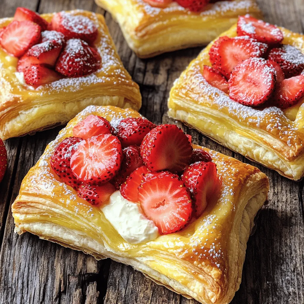 - 1 Blatt Blätterteig (aufgetaut) - 225 g Frischkäse, weich - 30 g Puderzucker - 1/2 Teelöffel Vanilleextrakt - 250 g frische Erdbeeren, entkeltert und in Scheiben geschnitten - 1 Esslöffel Maisstärke - 2 Esslöffel Kristalzucker - 1 Ei (für die Ei-Wasch) - 1 Esslöffel Milch (für die Ei-Wasch) - Optional: zusätzliches Puderzucker zum Bestäuben Wählen Sie frische Erdbeeren. Achten Sie auf leuchtende Farben und festen Druck. Diese Früchte geben den besten Geschmack. Für den Frischkäse sollten Sie eine cremige Sorte wählen. Diese sorgt für einen reichhaltigen, glatten Geschmack. Verwenden Sie hochwertigen Blätterteig. Ein guter Teig macht einen großen Unterschied für die Textur. Für eine laktosefreie Variante können Sie laktosefreien Frischkäse verwenden. Anstelle von Blätterteig können Sie glutenfreien Teig wählen. Wenn Sie keinen Puderzucker haben, nutzen Sie normalen Zucker, der gut gemahlen ist. Bei Eiallergien können Sie eine Mischung aus Wasser und Stärke als Ei-Ersatz verwenden. Heize deinen Ofen auf 200°C vor. Dies ist der erste Schritt, um die Danishes perfekt zu backen. Während der Ofen aufheizt, nimm das Blatt Blätterteig aus dem Gefrierfach. Lass es auf der Arbeitsfläche auftauen. Du kannst den Teig auf einer leicht bemehlten Fläche ausrollen. Achte darauf, dass keine Falten mehr im Teig sind. Schneide dann den Teig in vier gleich große Quadrate. Diese Quadrate werden die Basis für deine leckeren Danishes. Jetzt ist es Zeit, die Frischkäse-Füllung zuzubereiten. Nimm eine Schüssel und gib den weichen Frischkäse hinein. Füge 30 g Puderzucker und 1/2 Teelöffel Vanilleextrakt hinzu. Rühre die Mischung gut um, bis sie glatt und cremig ist. Diese Füllung wird eine tolle Basis für die Erdbeeren. Der süße und vanillige Geschmack harmoniert perfekt mit der Frische der Erdbeeren. Jetzt kommt der spaßige Teil! Nimm die Teigquadrate und gib in jedes Quadrat einen Löffel der Frischkäsemischung. Danach füge einige Löffel der Erdbeermischung hinzu. Diese besteht aus den geschnittenen Erdbeeren, 2 Esslöffeln Kristalzucker und 1 Esslöffel Maisstärke, die du zuvor in einer anderen Schüssel gemischt hast. Falten die Ecken jedes Quadrats zur Mitte. Drücke die Ecken zusammen, aber lass ein kleines Loch, damit die Füllung sichtbar bleibt. Um die Danishes schön goldbraun zu machen, verquirle 1 Ei mit 1 Esslöffel Milch. Pinsel diese Mischung über die offenen Teigränder. Lege die Danishes auf ein mit Backpapier ausgelegtes Blech. Backe sie 15-20 Minuten, bis sie aufgebläht und goldbraun sind. Lass sie nach dem Backen kurz abkühlen und genieße sie warm! Um den perfekten Blätterteig zu bekommen, achte auf die Temperatur. Der Blätterteig sollte kalt sein, wenn du ihn bearbeitest. Wenn du den Teig aus dem Kühlschrank nimmst, rolle ihn schnell aus. So bleibt er schön blättrig. Du kannst auch die Arbeitsfläche leicht bemehlen, um ein Kleben zu vermeiden. Die Backzeit ist wichtig für einen guten Geschmack. Stelle sicher, dass dein Ofen gut vorgeheizt ist. Backe die Danishes bei 200°C. Überprüfe nach 15 Minuten, ob sie goldbraun sind. Wenn sie noch nicht ganz fertig sind, backe sie für weitere 5 Minuten. So bekommst du eine gleichmäßige Farbe und eine knusprige Textur. Für die Dekoration kannst du Puderzucker verwenden. Bestäube die Danishes leicht, bevor du sie servierst. Das sieht schön aus und gibt einen süßen Geschmack. Du kannst auch frische Erdbeeren auf den Tellern anrichten. So wird dein Dessert noch ansprechender. Ein paar Minzblätter geben einen tollen Kontrast und frischen Look. {{image_4}} Du kannst die Erdbeeren in diesem Rezept leicht ändern. Probiere Himbeeren, Blaubeeren oder Kirschen. Jede Frucht hat ihren eigenen Geschmack. Sie geben der Füllung eine besondere Note. Wenn du eine Mischung machst, wird es noch bunter und fruchtiger. Achte darauf, die Früchte gut zu schneiden. So verteilen sie sich besser und geben mehr Geschmack. Die Füllung ist nicht nur auf Frischkäse beschränkt. Du kannst auch Mascarpone verwenden. Mascarpone macht die Füllung besonders cremig. Quark ist eine weitere gute Option. Er ist leichter im Geschmack und hat weniger Fett. Experimentiere mit den Mengen, um deine perfekte Mischung zu finden. Eine kleine Prise Zimt kann auch gut passen. Wenn du glutenfrei backen möchtest, gibt es spezielle glutenfreie Blätterteige. Diese sind in vielen Supermärkten erhältlich. Achte darauf, dass der Teig gut gekühlt ist. So lässt er sich besser verarbeiten. Du kannst auch selbst einen glutenfreien Teig machen. Mische glutenfreies Mehl mit etwas Wasser und Öl. Das gibt dir eine gute Basis für dein Danish. Um die Erdbeer-Cremekäse-Danish richtig zu lagern, brauche ich einen luftdichten Behälter. So bleiben die Danishes frisch und weich. Ich lege sie einfach in den Behälter und schließe ihn gut. Wenn Sie mehr Platz haben, können Sie die Danishes auch zwischen Lagen von Backpapier stapeln. Das verhindert, dass sie aneinanderkleben. Für den besten Geschmack erwärmen Sie die Danishes im Ofen. Heizen Sie den Ofen auf 180°C vor. Legen Sie die Danishes auf ein Backblech und backen Sie sie 5-10 Minuten. Das macht den Teig wieder knusprig. Mikrowellen sind schnell, aber sie machen den Teig weich. Wenn Sie die Danishes in der Mikrowelle aufwärmen, nutzen Sie eine niedrige Stufe und erwärmen Sie sie nur kurz. Im Kühlschrank halten die Erdbeer-Cremekäse-Danish bis zu drei Tage. Achten Sie darauf, sie gut zu lagern. Im Gefrierschrank können sie bis zu drei Monate bleiben. Um sie einzufrieren, wickeln Sie sie in Plastikfolie ein. Danach legen Sie sie in einen Gefrierbeutel. So bleibt die Frische erhalten. Wenn Sie sie wieder auftauen, lassen Sie sie einfach im Kühlschrank über Nacht. Erdbeer-Cremekäse-Danish bleiben frisch für etwa 2-3 Tage. Bewahre sie im Kühlschrank auf. Lege sie in einen luftdichten Behälter, damit sie nicht austrocknen. Nach ein paar Tagen können sie an Geschmack verlieren, aber sie sind immer noch sicher zu essen. Ja, du kannst die Danishes im Voraus zubereiten. Bereite die Füllung und den Teig vor. Fülle die Quadrate und forme die Danishes. Lege sie auf ein Backblech und decke sie ab. Stelle sie dann in den Kühlschrank. Backe sie am nächsten Tag frisch. So hast du einen leckeren Snack ohne viel Aufwand. Das Rezept für Erdbeer-Cremekäse-Danish hat seine Wurzeln in der dänischen Küche. Diese süßen Teilchen sind bekannt für ihre leckere Füllung und den knusprigen Teig. Viele Menschen schätzen sie als Frühstück oder Snack. Sie sind einfach zuzubereiten und bringen Freude in jede Küche. Erdbeer-Cremekäse-Danish sind einfach zuzubereiten und lecker. Wir haben Zutaten, Tipps zur Auswahl und Zubereitung besprochen. Außerdem gab es Ideen für Variationen und wie man sie lagert. Mit den richtigen Zutaten und etwas Übung kannst du tolle Danishes machen. Probiere neue Füllungen aus und dekoriere sie, um jedes Mal eine Freude zu schaffen. So wird jeder Biss ein Genuss.