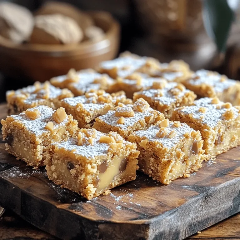 Um diese köstlichen Chewy Brown Butter Toffee Blondies zu machen, benötigst du: - 1 Tasse ungesalzene Butter - 1 Tasse brauner Zucker, fest gepackt - 1/2 Tasse Kristallzucker - 2 große Eier - 2 Teelöffel Vanilleextrakt - 2 Tassen Weizenmehl - 1 Teelöffel Backpulver - 1/2 Teelöffel Salz - 1 Tasse Toffee-Stücke (zum Beispiel Heath Bar-Stücke) - 1/2 Tasse gehackte Walnüsse oder Pekannüsse (optional) Braune Butter bringt einen tollen, nussigen Geschmack in die Blondies. Sie hat eine goldene Farbe und ist ein echter Geschmacksträger. Um sie zuzubereiten, schmelze die Butter und lasse sie köcheln, bis sie goldbraun wird. Das gibt deinen Blondies Tiefe und ein reiches Aroma. Toffee-Stücke sind die süße Überraschung in diesem Rezept. Sie schmelzen beim Backen und sorgen für einen knusprigen Biss. Ihre Süße passt perfekt zur nussigen Butter. Nüsse sind eine großartige Ergänzung für diese Blondies. Walnüsse bieten einen starken, erdigen Geschmack. Sie sind knusprig und ergänzen die süße der Blondies gut. Pekannüsse sind eine andere Option. Sie sind milder und süßer als Walnüsse. Ihre weiche Textur passt gut zu der zähen Konsistenz der Blondies. Wähle die Nüsse, die dir am besten gefallen, oder lasse sie ganz weg. So machst du die Blondies ganz nach deinem Geschmack. Heize deinen Ofen auf 175°C vor. Das ist die perfekte Temperatur für die Blondies. Fette eine 9x13-Zoll Backform ein oder lege sie mit Backpapier aus. Das hilft beim Entfernen der Blondies nach dem Backen. Nimm eine Tasse ungesalzene Butter und schmelze sie in einem mittelgroßen Topf. Stelle die Hitze auf mittel und rühre die Butter häufig um. Lass sie etwa 5-7 Minuten kochen, bis sie goldbraun wird. Achte darauf, dass sie nicht anbrennt, denn das kann bitter schmecken. Der nussige Duft zeigt, dass die Butter perfekt ist. Nimm den Topf vom Herd und lass die Butter kurz abkühlen. In einer großen Rührschüssel kombinierst du den braunen Zucker und den Kristallzucker. Gieße die warme, braune Butter über die Zucker und rühre alles gut um. Füge dann zwei große Eier nacheinander hinzu. Rühre gut nach jedem Ei. Gib als Nächstes zwei Teelöffel Vanilleextrakt dazu. In einer anderen Schüssel mischt du zwei Tassen Weizenmehl, einen Teelöffel Backpulver und einen halben Teelöffel Salz. Diese trockenen Zutaten gibst du nach und nach zur feuchten Mischung. Mische nur so lange, bis alles gerade so vermischt ist. Vermeide Übermischung! Jetzt kommen die Toffee-Stücke und die optionalen Nüsse dazu. Mische sie vorsichtig unter den Teig. Der Teig ist nun bereit für die Backform. Gieße ihn hinein und streiche ihn gleichmäßig aus. Backe die Blondies 25-30 Minuten lang. Die Ränder sollten goldbraun sein, und ein Zahnstocher sollte mit ein paar feuchten Krümeln herauskommen. Lass die Blondies 10 Minuten in der Form abkühlen, bevor du sie auf ein Kuchengitter legst. Um die perfekte Konsistenz deiner Blondies zu erreichen, ist Übermischung ein großes No-Go. Wenn du die trockenen Zutaten hinzufügst, rühre nur so lange, bis alles gerade vermischt ist. Du willst kleine Klümpchen sehen. Diese Klümpchen sorgen für ein zartes und leckeres Ergebnis. Wenn du zu lange rührst, wird der Teig fest und die Blondies verlieren ihre weiche Textur. Die Lagerung deiner Blondies ist einfach. Bewahre sie in einem luftdichten Behälter auf. So bleiben sie frisch und lecker. Du kannst sie auch bei Zimmertemperatur lagern. Wenn du sie länger aufbewahren möchtest, lege ein Blatt Backpapier zwischen die Schichten, um ein Verkleben zu vermeiden. So bleiben sie zart und saftig. Wenn du das Rezept für besondere Anlässe anpassen möchtest, gibt es viele Optionen. Du kannst Schokoladenstückchen hinzufügen, um eine schokoladige Note zu bekommen. Für Herbstanlässe füge etwas Zimt oder Muskatnuss hinzu. Wenn du die Blondies glutenfrei machen willst, wähle einfach eine glutenfreie Mehlmischung. So kannst du sie für jeden Anlass perfekt gestalten. {{image_4}} Eines der einfachsten Wege, deine Blondies zu verändern, ist das Hinzufügen von Schokoladenstückchen. Du kannst dunkle, helle oder sogar weiße Schokolade verwenden. Schokolade bringt eine süße Note und macht jeden Biss noch köstlicher. Füge einfach eine Tasse Schokoladenstückchen zum Teig hinzu, bevor du ihn in die Form gießt. So bekommst du eine leckere Mischung aus Toffee und Schokolade. Im Herbst kannst du die Blondies mit Kürbis oder saisonalen Gewürzen anpassen. Füge etwa eine halbe Tasse Kürbispüree hinzu, um eine feuchte Konsistenz zu erhalten. Zimt, Muskatnuss und Ingwer ergänzen den Geschmack perfekt. Diese Aromen bringen Wärme und Gemütlichkeit in deine Blondies und machen sie ideal für die Herbstzeit. Wenn du eine glutenfreie Option suchst, kannst du glutenfreies Mehl verwenden. Es gibt viele Marken, die gut funktionieren. Achte darauf, ein Mehl zu wählen, das Xanthan enthält, um die Struktur zu erhalten. Die restlichen Zutaten bleiben gleich. So kannst du die Blondies genießen, ohne auf den Geschmack zu verzichten! Um die Chewy Brown Butter Toffee Blondies frisch zu halten, lagere sie in einem luftdichten Behälter. Du kannst sie bei Zimmertemperatur aufbewahren. Wenn du in einer warmen Region lebst, ist der Kühlschrank besser. Die Kälte hilft, die Blondies weich und lecker zu halten. Die Blondies bleiben bei richtiger Lagerung etwa eine Woche frisch. Nach ein paar Tagen kann die Textur jedoch etwas fester werden. Wenn du sie länger genießen möchtest, ist Einfrieren eine gute Option. Um die Blondies einzufrieren, schneide sie in Stücke. Wickel jedes Stück in Frischhaltefolie. Lege die eingewickelten Stücke in einen Gefrierbeutel. So bleiben sie bis zu drei Monate frisch. Zum Auftauen lege die Blondies einfach bei Zimmertemperatur für einige Stunden auf einen Teller. Um die Konsistenz deiner Blondies zu verbessern, achte auf das Mischen. Rühre nur so lange, bis die Zutaten gerade vermischt sind. Übermischen kann zu harten Blondies führen. Eine andere Idee ist, die Butter gut zu bräunen. Das gibt Geschmack und hilft der Textur. Wenn deine Blondies zu trocken sind, versuche, die Backzeit um ein paar Minuten zu reduzieren. Ein Zahnstocher sollte mit feuchten Krümeln herauskommen, aber kein nasser Teig. Ja, du kannst die Toffee-Stücke ganz leicht ersetzen. Stattdessen kannst du Schokoladenstückchen oder Nüsse nutzen. Sie bringen einen tollen Crunch. Wenn du eine andere Süße willst, probiere Karamellstückchen. Jedes Mal, wenn du die Zutaten änderst, wird das Ergebnis anders. Lass deiner Kreativität freien Lauf und finde deine Lieblingsvariante. Blondies und Brownies sind beide köstlich, aber sie unterscheiden sich in vielen Punkten. Blondies sind heller und enthalten keinen Kakao. Sie basieren auf braunem Zucker, was ihnen eine karamellige Süße gibt. Brownies hingegen sind dunkler und schokoladig. Die Textur kann ähnlich sein, aber Blondies sind oft weicher und weniger dicht. Beide sind perfekt für Naschkatzen, aber wähle je nach Lust und Laune! Zusammenfassend haben wir die Zutaten für köstliche Blondies besprochen. Wir haben über die richtige Zubereitung von brauner Butter und die optimale Mischung von Nüssen gesprochen. Mit einfachen Schritten erreichen Sie die perfekte Konsistenz. Variationen und Lagerungstipps erhöhen den Genuss Ihrer Blondies. Experimentieren Sie mit neuen Aromen und Anpassungen. So bleiben Ihre Blondies frisch und lecker. Genießen Sie das Backen und lassen Sie Ihrer Kreativität freien Lauf!