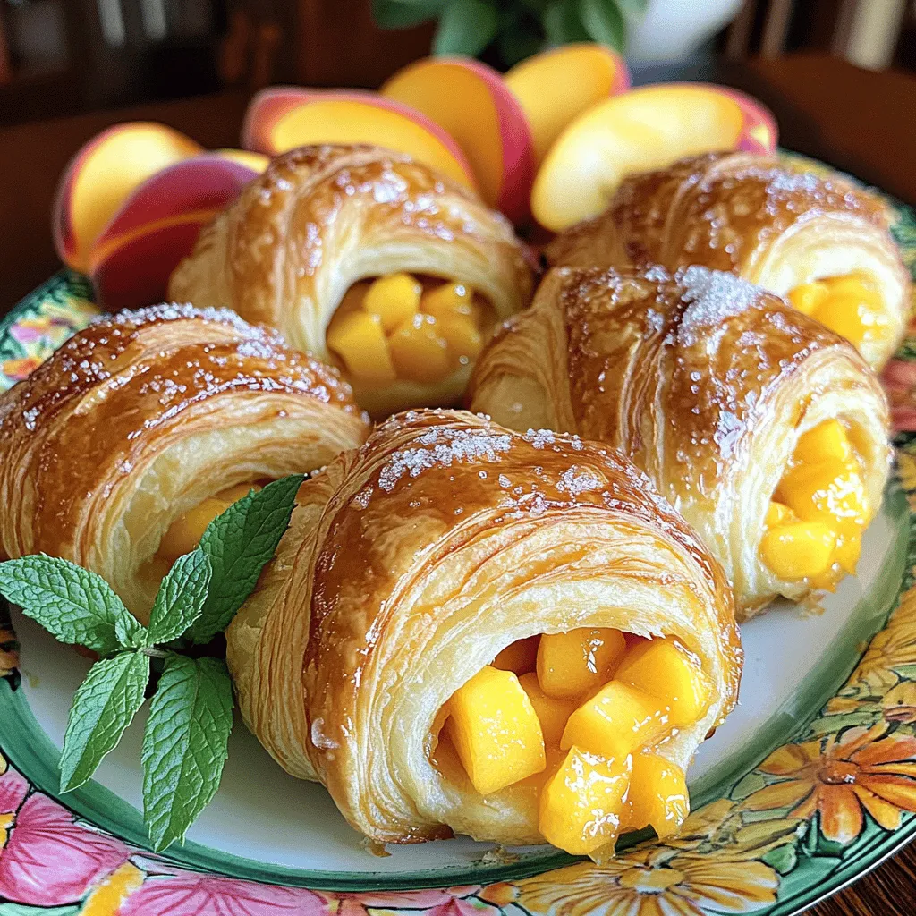 Für die Pfirsich-Pie-Cruffins brauche ich folgende Hauptzutaten: - 1 Dose gekühlter Croissant-Teig - 2 reife Pfirsiche, geschält und gewürfelt - 1/4 Tasse brauner Zucker - 1 Esslöffel Speisestärke - 1 Teelöffel Zimt - 1 Esslöffel Zitronensaft Diese Zutaten sind wichtig für den Geschmack und die Struktur der Cruffins. Der Croissant-Teig sorgt für die flauschige Textur, während die Pfirsiche für Süße und Frische sorgen. Der braune Zucker und der Zimt geben eine warme Note. Um die Cruffins noch leckerer zu machen, verwende ich diese Zutaten für die Glasur: - 1/4 Tasse Kristallzucker (zum Bestreuen) - 1 Ei (für die Eistreiche) - 1/2 Teelöffel Vanilleextrakt - 1/2 Tasse Frischkäse, weich gemacht - 1/4 Tasse Puderzucker Diese Zutaten verleihen den Cruffins einen süßen Glanz. Der Frischkäse macht die Glasur cremig und lecker. Wenn du Pfirsiche kaufst, achte auf diese Tipps: - Wähle reife, duftende Pfirsiche. - Die Schale sollte leicht weich sein, wenn du sie drückst. - Achte auf eine schöne, gleichmäßige Farbe. Frische Pfirsiche bringen den besten Geschmack in deine Cruffins. Wenn sie zu hart sind, lasse sie ein paar Tage reifen. So bekommst du das beste Ergebnis! Heize deinen Ofen auf 190 °C vor. Lege ein Muffinblech mit Papierförmchen aus. Diese Förmchen helfen, die Cruffins zu formen und machen das Servieren einfacher. Achte darauf, dass die Förmchen nicht zu eng stehen. Es ist wichtig, dass der Teig genug Platz hat, um aufzugehen. Nimm zwei reife Pfirsiche und schäle sie. Würfle die Pfirsiche in kleine Stücke. Gib die gewürfelten Pfirsiche in eine Schüssel. Füge 1/4 Tasse braunen Zucker hinzu. Der Zucker bringt die Süße. Dann mische 1 Esslöffel Speisestärke dazu. Diese sorgt dafür, dass die Füllung nicht zu flüssig wird. Jetzt kommt 1 Teelöffel Zimt hinein. Der Zimt gibt einen tollen Geschmack. Füge auch 1 Esslöffel Zitronensaft hinzu, um die Aromen zu heben. Rühre alles gut um und stelle die Mischung beiseite. Rolle den gekühlten Croissant-Teig aus. Trenne die Dreiecke vorsichtig. Lege jedes Dreieck flach auf die Arbeitsfläche. Bestreiche jedes Dreieck mit einer dünnen Schicht Frischkäse. Die Frischkäse-Schicht macht die Cruffins cremig. Nimm dann einen Esslöffel der Pfirsichmischung und lege ihn auf das breite Ende des Teigdreiecks. Rolle das Dreieck fest auf, beginnend am breiten Ende. Stelle die gerollten Cruffins aufrecht in die Muffinförmchen. Schlage ein Ei in einer kleinen Schüssel auf und füge 1/2 Teelöffel Vanilleextrakt hinzu. Bestreiche die Oberseiten der Cruffins mit der Eistreiche. Streue etwas Kristallzucker darüber, um eine süße Kruste zu bekommen. Um die beste Füllung zu machen, wähle reife Pfirsiche. Sie geben den besten Geschmack. Schneide die Pfirsiche in kleine Stücke. Mische sie mit braunem Zucker, Speisestärke, Zimt und Zitronensaft. Diese Mischung sorgt für Süße und einen tollen Geschmack. Lass die Mischung etwas ruhen. So können die Aromen gut ziehen. Heize deinen Ofen auf 190 °C vor. Die Cruffins benötigen 15 bis 18 Minuten. Achte darauf, dass sie goldbraun sind. Wenn du sie zu lange backst, werden sie trocken. Zu kurze Backzeiten machen sie matschig. Überprüfe die Oberfläche regelmäßig. So findest du den perfekten Zeitpunkt für den Genuss. Der Rollprozess ist wichtig. Beginne mit dem breiten Ende des Dreiecks. Rolle den Teig fest, aber nicht zu fest. Wenn du drückst, kann die Füllung herausquellen. Achte darauf, dass die Füllung gut in der Mitte bleibt. Stelle die Cruffins aufrecht in die Muffinförmchen. So bleiben sie in Form und backen gleichmäßig. {{image_4}} Cruffins sind flexibel. Du kannst verschiedene Füllungen ausprobieren. Anstelle von Pfirsichen kannst du Äpfel, Beeren oder sogar Schokolade verwenden. Der Schlüssel ist, die Zutaten gut zu mischen. Wenn du Äpfel nutzt, füge etwas Muskatnuss hinzu. Für Beeren, mische sie mit etwas Zucker und Zitronensaft. Schokolade? Schmelze sie und träufle sie über die Füllung. Du kannst deiner Kreativität freien Lauf lassen! Wenn du eine vegane Option suchst, ist das leicht möglich. Ersetze den Croissant-Teig durch veganen Teig aus dem Kühlregal. Verwende pflanzlichen Frischkäse an Stelle von normalem Frischkäse. Anstatt des Eies für die Eistreiche, nimm eine Mischung aus Wasser und Leinsamen. Diese Mischung bindet gut und sorgt für Glanz. Dein Ergebnis bleibt köstlich! Gewürze können den Geschmack deiner Cruffins verbessern. Füge etwas Muskatnuss oder Ingwer hinzu, um eine warme Note zu erreichen. Eine Prise Nelken kann auch einen besonderen Twist geben. Wenn du etwas Frisches magst, probiere frisch geriebene Zitronenschale. Diese kleinen Änderungen machen einen großen Unterschied. Experimentiere und finde deinen Lieblingsgeschmack! Um die übergebliebenen Cruffins frisch zu halten, lege sie in einen luftdichten Behälter. So bleiben sie weich und lecker. Du kannst sie auch in Frischhaltefolie wickeln. Lagere sie bei Raumtemperatur für bis zu zwei Tage. Wenn du sie länger aufbewahren möchtest, ist der Kühlschrank eine gute Wahl. Wenn du einige Cruffins einfrieren willst, lass sie zuerst ganz abkühlen. Lege sie dann in einen Gefrierbeutel oder einen luftdichten Behälter. Stelle sicher, dass du die Luft herausdrückst, um Gefrierbrand zu vermeiden. So bleiben die Cruffins bis zu drei Monate frisch. Zum Auftauen, lege sie einfach bei Raumtemperatur oder im Kühlschrank. Wenn die Cruffins etwas trocken werden, gibt es einfache Tricks zur Auffrischung. Du kannst sie kurz im Ofen bei 175 °C (350 °F) für fünf Minuten aufwärmen. Das macht sie wieder warm und knusprig. Eine andere Möglichkeit ist, sie in der Mikrowelle für 10-15 Sekunden zu erhitzen. Füge einen kleinen Tropfen Wasser hinzu, um die Feuchtigkeit zu halten. Cruffins sind eine Mischung aus Croissants und Muffins. Sie haben die Form eines Muffins, aber die Flakigkeit eines Croissants. Man füllt sie oft mit süßen oder herzhaften Füllungen. In diesem Rezept verwenden wir Pfirsiche, um eine fruchtige Note zu erzielen. Ja, du kannst das Rezept leicht anpassen. Äpfel, Beeren oder Kirschen sind tolle Alternativen. Achte darauf, die Frucht gut zu würzen. Das sorgt für mehr Geschmack. Du kannst auch die Menge an Zucker anpassen, je nach Süße der Früchte. Um die Cruffins glutenfrei zu machen, nutze glutenfreien Croissant-Teig. Viele Marken bieten jetzt glutenfreie Optionen an. Achte darauf, dass alle anderen Zutaten ebenfalls glutenfrei sind. So kannst du die Cruffins ohne Sorge genießen. Der Pfirsich-Pie-Cruffin vereint den Geschmack von Pfirsichen mit dem Spaß von Cruffins. Wir haben die besten Zutaten und einfache Schritte für die Zubereitung besprochen. Ich habe Tipps zur Füllung und Fehlervermeidung gegeben. Und wir haben Variationen für jeden Geschmack und Lagerungsmethoden für übrig gebliebene Cruffins vorgestellt. Cruffins sind flexibel und köstlich. Probieren Sie verschiedene Füllungen und genießen Sie Ihre Kreationen!