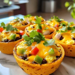 - 6 große Eier - 1 Tasse gekochte schwarze Bohnen, abgetropft und gespült - 1 Tasse gewürfelte Paprika (eine Mischung aus rot und grün) Die Eier sind die Basis für die Burrito Cups. Sie geben dem Gericht eine schöne, fluffige Textur. Die schwarzen Bohnen fügen viel Protein hinzu. Sie machen die Cups nahrhaft und sättigend. Die Paprika bringt Farbe und einen süßen Geschmack. Es ist wichtig, eine Mischung aus roter und grüner Paprika zu nutzen. So sieht das Gericht noch besser aus und hat mehr Geschmack. - 1/2 Teelöffel Paprika - 1/2 Teelöffel Kreuzkümmel - Salz und Pfeffer nach Geschmack - 6 Vollkorn-Tortillas - 1 Tasse geriebener Käse (Cheddar oder mexikanische Mischung) - Frischer Koriander zum Garnieren - Salsa zum Servieren (optional) Die Gewürze sind wichtig für den Geschmack. Paprika gibt einen rauchigen, süßen Geschmack. Kreuzkümmel bringt eine erdige Note. Salz und Pfeffer runden alles ab. Vollkorn-Tortillas sind eine gesunde Wahl. Sie sind reich an Ballaststoffen. Der Käse macht die Cups cremig und lecker. Frischer Koriander ist ein toller Garnierungs-Tipp. Er gibt dem Gericht einen frischen Kick. Salsa kann für mehr Geschmack hinzugefügt werden. Heize den Ofen auf 190 °C vor. Dies sorgt für eine gute Backzeit. Sprühe die Muffinform leicht mit Kochspray ein. So bleibt nichts kleben. Schlage die Eier in einer großen Schüssel auf. Würze die Eier mit Paprika, Kreuzkümmel, Salz und Pfeffer. Verquirle die Eier gut mit einem Schneebesen. Füge die schwarzen Bohnen, gewürfelte Paprika, Zwiebel und die Hälfte des Käses hinzu. Rühre alles gut um, bis es gleichmäßig verteilt ist. Verwende einen runden Ausstecher oder ein Glas, um Kreise aus den Vollkorn-Tortillas auszuschneiden. Die Kreise sollten etwas größer als die Muffinform-Tassen sein. Lege die Tortilla-Kreise vorsichtig in jede Muffinfassung. Drücke sie sanft nach unten, um eine Becherform zu bilden. Gieße die Eimischung gleichmäßig in jede Tortillabecher, bis sie zu etwa 3/4 gefüllt sind. Streue den restlichen Käse gleichmäßig über die gefüllten Becher. Backe die Burrito-Becher im vorgeheizten Ofen für 20-25 Minuten. Achte darauf, dass die Eier gestockt sind und die Oberseite leicht golden wird. Nimm die Becher aus dem Ofen und lasse sie einige Minuten abkühlen. Entferne die Burrito-Becher vorsichtig aus der Muffinform. Um die Nährstoffe in deinen Frühstück Burrito Cups zu erhöhen, verwende frisches Gemüse. Du kannst Paprika, Zwiebeln und sogar Spinat nutzen. Diese Zutaten bringen viele Vitamine und Mineralien mit. Sie machen das Gericht bunt und lecker. Frisches Gemüse steigert den Geschmack und die Gesundheit. Für mehr Protein wähle proteinreiche Optionen. Schwarze Bohnen sind eine großartige Wahl. Sie fügen Ballaststoffe und Proteine hinzu. Du kannst auch Hähnchen oder Tofu verwenden, wenn du mehr Protein möchtest. Diese Zutaten machen dein Frühstück sättigender. Kühle die Burrito-Becher gut ab, bevor du sie lagerst. Lege sie in einen luftdichten Behälter. So bleiben sie frisch. Teile die Becher in Portionen auf. So kannst du jeden Tag schnell ein Frühstück nehmen. Die Becher sind bis zu fünf Tage im Kühlschrank haltbar. Beim Aufwärmen gibt es ein paar Tipps. Du kannst die Burrito-Becher in der Mikrowelle erwärmen. Stelle die Mikrowelle auf mittlere Hitze und erwärme sie für 1 bis 2 Minuten. Alternativ kannst du sie im Ofen auf 180 °C für 10 Minuten aufwärmen. So bleiben sie knusprig. Präsentiere die Burrito-Becher schön! Garniere sie mit frisch gehacktem Koriander. Das gibt Farbe und frischen Geschmack. Du kannst auch Salsa hinzufügen. Salsa bringt eine feurige Note dazu und macht sie noch leckerer. Serviere die Burrito-Becher warm. Du kannst sie als Teil eines Brunches anbieten. Sie sind perfekt für ein schnelles Frühstück. Die bunten Farben machen sie zu einem Hingucker auf jedem Tisch. {{image_4}} Du kannst die Füllung deiner Frühstück Burrito Cups leicht anpassen. Wenn du eine vegetarische Option wünschst, lasse die Eier weg und verwende stattdessen Tofu. Tofu ist proteinreich und gibt deinem Gericht eine tolle Textur. Zusätzlich kannst du verschiedene Gemüsesorten hinzufügen. Probiere Spinat, Zucchini oder sogar Pilze. Diese Gemüse bringen verschiedene Geschmäcker und Nährstoffe in dein Gericht. Für mehr Protein kannst du auch Hähnchen oder Putenbrust hinzufügen. Diese Optionen machen die Burrito Cups noch sättigender. Der Geschmack deiner Burrito Cups kann durch Gewürze stark verändert werden. Wenn du es scharf magst, füge etwas Cayennepfeffer oder Chilipulver hinzu. Diese Gewürze geben deinen Cups eine aufregende Note. Auch die Wahl der Kräuter ist wichtig. Frischer Koriander, Schnittlauch oder Petersilie können den Geschmack verbessern. Experimentiere mit verschiedenen Kräutern, um deinen eigenen Stil zu finden. So wird jedes Mal ein neues Geschmackserlebnis geboten. Das richtige Tortilla-Material macht einen großen Unterschied. Wenn du glutenfrei essen möchtest, suche nach glutenfreien Tortillas. Diese sind oft aus Reis oder Mais und schmecken ebenfalls lecker. Du kannst auch andere Tortilla-Sorten verwenden. Weiche Tortillas sind ideal für einen zarten Biss. Hartschalige Tortillas bieten mehr Crunch und sind eine spannende Abwechslung. Indem du die Tortilla-Wahl anpasst, kannst du deinem Frühstücksburrito eine neue Note geben. Die Frühstück Burrito Cups sind nicht nur lecker, sondern auch nahrhaft. Pro Portion enthalten sie ungefähr: - Kalorien: 250 - Proteine: 12g - Fette: 10g - Kohlenhydrate: 30g Diese Werte können je nach verwendeten Zutaten leicht variieren. Die Kombination aus Eiern, Bohnen und Käse sorgt dafür, dass du lange satt bleibst. Eier sind eine großartige Proteinquelle. Sie helfen beim Muskelaufbau und fördern die Gesundheit. Zudem enthalten sie viele Vitamine, die wichtig für das Wohlbefinden sind. Schwarze Bohnen sind reich an Ballaststoffen. Sie unterstützen die Verdauung und geben dir Energie. Diese Bohnen sind auch eine gute Quelle für pflanzliches Eiweiß. Käse und Gemüse bringen gesunde Fette in die Mischung. Käse liefert Kalzium, während Gemüse viele Vitamine bietet. Paprika ist besonders reich an Vitamin C und Antioxidantien. Die Burrito-Becher sind im Kühlschrank etwa 3 bis 5 Tage haltbar. Bewahre sie in einem luftdichten Behälter auf. So bleiben sie frisch und lecker. Achte darauf, dass sie vollständig abgekühlt sind, bevor du sie in den Kühlschrank stellst. Dies verhindert Kondensation und hält sie knusprig. Ja, du kannst die Burrito-Becher einfrieren. Lege sie nach dem Abkühlen in einem gefrierfesten Behälter. Du kannst sie auch einzeln in Frischhaltefolie einwickeln. So kannst du nur die Menge auftauen, die du brauchst. Zum Auftauen lege die Becher über Nacht in den Kühlschrank oder erwärme sie direkt aus dem Gefrierfach in der Mikrowelle. Die beste Methode zum Erwärmen ist die Mikrowelle. Stelle die Burrito-Becher für 1 bis 2 Minuten in die Mikrowelle. Überprüfe nach einer Minute, ob sie heiß sind. Du kannst sie auch im Ofen auf 180 °C (350 °F) für etwa 10-15 Minuten aufwärmen, damit sie knusprig bleiben. Die Burrito-Becher bieten eine köstliche Mischung aus Eiern, Bohnen und frischem Gemüse. Ich habe euch die Schritte zur Zubereitung erklärt und Tipps geteilt, um die Nährstoffe zu maximieren. Mit verschiedenen Variationen könnt ihr eure Burrito-Becher nach Lust und Laune anpassen. Denkt daran, die Becher richtig zu lagern und aufzuwärmen. Diese leckeren Snacks sind einfach zuzubereiten und perfekt für jede Gelegenheit. Nutzt die Ideen aus diesem Beitrag, um die besten Burrito-Becher zu kreieren!