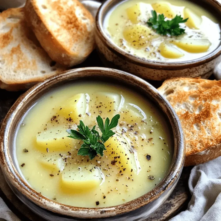 - 10 große Knoblauchzehen, geschält - 4 Tassen natriumreduzierte Gemüsebrühe - 1 große Zwiebel, gehackt Die Hauptzutaten sind einfach zu finden. Knoblauch gibt der Suppe einen starken Geschmack. Die Gemüsebrühe macht die Basis reichhaltig. Die Zwiebel fügt Süße hinzu, wenn sie brät. - 1 große Kartoffel, geschält und gewürfelt - 1 Esslöffel Olivenöl - 2 Teelöffel frische Thymianblätter Die Kartoffel sorgt für die cremige Textur. Olivenöl bringt gesunde Fette in die Suppe. Frischer Thymian gibt ein tolles Aroma. - 1 Lorbeerblatt - 1 Tasse Schlagsahne - Salz und Pfeffer nach Geschmack - Frische Petersilie, gehackt (zum Garnieren) - Krustiges französisches Brot, zum Servieren Das Lorbeerblatt fügt Tiefe hinzu. Schlagsahne macht die Suppe cremig und reichhaltig. Salz und Pfeffer bringen die Aromen zum Leben. Petersilie ist das perfekte Topping. Krustiges Brot ist ideal, um die Suppe zu genießen. Zuerst bereiten wir die Zwiebel und den Knoblauch vor. Schäle die Zwiebel und schneide sie klein. Für den Knoblauch nimm zehn große Zehen und schäle sie. Danach schälen wir die Kartoffel. Schneide die Kartoffel in kleine Würfel. Diese Vorbereitung ist wichtig, um die Aromen gut zu entfalten. Erhitze einen großen Topf bei mittlerer Hitze und füge einen Esslöffel Olivenöl hinzu. Wenn das Öl warm ist, gib die gehackte Zwiebel in den Topf. Brate die Zwiebel für etwa fünf bis sieben Minuten, bis sie weich und klar ist. Jetzt fügen wir den Knoblauch hinzu. Brate ihn für drei bis vier Minuten, bis er gut riecht und leicht golden ist. Jetzt kommen die anderen Zutaten in den Topf: die gewürfelte Kartoffel, frische Thymianblätter, das Lorbeerblatt und die Gemüsebrühe. Lass alles aufkochen, dann reduziere die Hitze und lass die Mischung 20 bis 25 Minuten köcheln. So sind die Kartoffeln zart. Nimm das Lorbeerblatt aus dem Topf. Jetzt pürieren wir die Suppe. Du kannst einen Stabmixer verwenden oder die Suppe portionsweise in einen Standmixer geben. Püriere die Mischung, bis sie schön glatt ist. Rühre nun die Schlagsahne ein und schmecke mit Salz und Pfeffer ab. Erwärme die Suppe bei niedriger Hitze für weitere fünf Minuten. Serviere die heiße Suppe in Schalen. Garniere sie mit frisch gehackter Petersilie. Vergiss nicht, krustiges französisches Brot dazu zu reichen! Um die perfekte Konsistenz zu erreichen, benutze einen Stabmixer oder einen Standmixer. Diese Geräte pürieren die Suppe schnell und einfach. Wenn du die Suppe gerne cremiger magst, füge mehr Schlagsahne hinzu. Sie macht die Suppe reichhaltig und sanft im Geschmack. Du kannst die Suppe nach deinem Geschmack anpassen. Füge frische Kräuter wie Basilikum oder Petersilie hinzu. Auch die Verwendung von zusätzlichen Gewürzen kann den Geschmack verändern. Probiere Muskatnuss oder ein wenig Paprika für mehr Tiefe. Serviere die Suppe mit knusprigem französischem Brot. Es ist ein toller Begleiter und macht die Mahlzeit komplett. Du kannst auch einen frischen Salat dazu reichen. Für Getränke passen Weißwein oder ein wenig sprudelndes Wasser gut. Achte darauf, die Suppe schön anzurichten. Ein paar Petersilienblätter obenauf machen sie ansprechend. {{image_4}} Für eine vegetarische oder vegane Version der Country French Garlic Soup kannst du die Schlagsahne ersetzen. Nutze stattdessen Kokosmilch oder eine pflanzliche Sahne. Diese Alternativen sorgen für eine cremige Textur ohne tierische Produkte. Achte darauf, auch eine pflanzliche Brühe zu verwenden. So bleibt die Suppe herzhaft und lecker, ohne Fleischbestandteile. Um mehr Geschmack und Nährstoffe hinzuzufügen, kannst du verschiedene Gemüsesorten integrieren. Karotten, Sellerie oder Spinat sind großartige Ergänzungen. Sie bringen Farbe und Vitamine in die Suppe. Du kannst auch Proteinquellen hinzufügen. Kichererbsen oder Linsen passen gut und machen die Suppe sättigender. Regionale Anpassungen bringen einen besonderen Flair in die Suppe. Verwende frische Kräuter aus deiner Region, wie Basilikum oder Oregano. Diese Kräuter können den Geschmack intensivieren und die Suppe einzigartig machen. Du kannst auch die Gewürze an lokale Geschmäcker anpassen. Vielleicht magst du es schärfer? Dann füge eine Prise Chili hinzu, um etwas Würze zu bringen. Um die Suppe im Kühlschrank zu lagern, lasse sie zuerst abkühlen. Fülle sie dann in einen luftdichten Behälter. So bleibt die Suppe frisch. Du kannst sie bis zu fünf Tage im Kühlschrank aufbewahren. Achte darauf, die Suppe vor dem Verzehr gut zu erhitzen. Um die Suppe einzufrieren, fülle sie in gefriergeeignete Behälter. Lasse Platz für die Ausdehnung. Die Suppe hält bis zu drei Monate im Gefrierfach. Zum Auftauen stelle sie über Nacht in den Kühlschrank. Um sie aufzuwärmen, erhitze die Suppe langsam in einem Topf. Rühre gut um, damit sie gleichmäßig warm wird. Hast du Reste? Nutze sie für leckere neue Gerichte. Du kannst die Suppe mit Pasta oder Reis mischen. Auch als Soße für Gemüse oder Fleisch eignet sie sich gut. Eine Idee ist, sie in einem Auflauf zu verwenden. So schaffst du ein neues, schmackhaftes Gericht! Die Suppe hält sich gut im Kühlschrank für etwa drei bis vier Tage. Um die Frische zu bewahren, fülle die Suppe in einen luftdichten Behälter. Achte darauf, die Suppe vollständig abkühlen zu lassen, bevor du sie lagerst. Das schützt vor Bakterien und hält den Geschmack frisch. Ja, du kannst die Suppe ohne Schlagsahne zubereiten. Ein guter Ersatz ist Kokosmilch oder Cashewcreme. Beide Optionen geben eine cremige Textur. Du kannst auch pflanzliche Sahne verwenden, wenn du eine laktosefreie Variante möchtest. Krustiges französisches Brot passt perfekt zur Suppe. Es hat eine tolle Textur und nimmt die Aromen auf. Du kannst auch Baguette oder Ciabatta verwenden. Diese Brote sind ideal, um die Suppe zu dippen oder einfach als Beilage zu genießen. Die Suppe kann glutenfrei sein, wenn du glutenfreie Brühe verwendest. Achte darauf, dass das Brot auch glutenfrei ist. Es gibt viele leckere glutenfreie Brotalternativen, die du ausprobieren kannst. So wird die Suppe für alle genießbar. Diese Suppe ist einfach und lecker. Ich habe alle Schritte klar erklärt, um dir zu helfen. Du hast jetzt die Zutaten und die Schritte, um eine großartige Suppe zu machen. Denke daran, dass du sie anpassen kannst. Experimentiere mit Kräutern und Gewürzen für neuen Geschmack. Bewahre Reste im Kühlschrank auf oder friere sie ein. Mit frischem Brot wird jede Portion ein Genuss. Viel Spaß beim Kochen und Experimentieren!