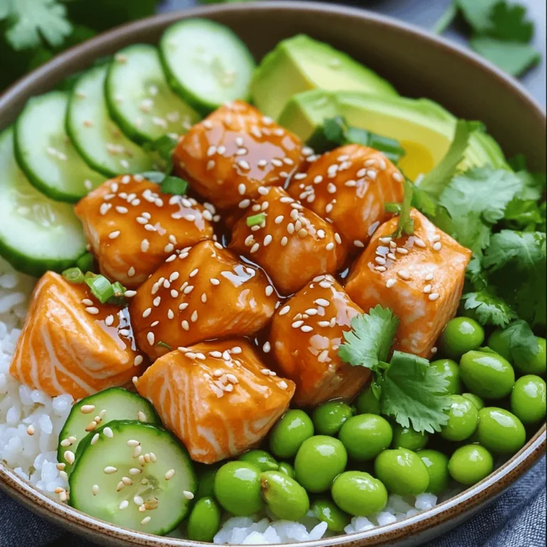 - 450 g Lachsfilet, ohne Haut und gewürfelt - 200 g Jasminreis - 150 g Edamame, geschält Die Hauptzutaten sind wichtig für den Geschmack. Der Lachs ist zart und reich an Nährstoffen. Jasminreis gibt uns eine tolle Basis. Edamame sorgt für einen schönen Biss und ist gesund. - 60 g Mayonnaise - 30 ml süße Chilisauce - 15 ml Sriracha Die Saucen geben den Bowls das besondere Etwas. Die Mayonnaise macht die Sauce cremig. Süße Chilisauce bringt eine angenehme Süße. Sriracha fügt eine leichte Schärfe hinzu, die man nach Geschmack anpassen kann. - 1 Avocado, in Scheiben geschnitten - 1 Gurke, dünn geschnitten - 60 g Frühlingszwiebeln, in Ringe geschnitten Frische Zutaten machen das Gericht bunt und frisch. Die Avocado ist cremig und nährstoffreich. Gurke bringt Frische und Knackigkeit. Frühlingszwiebeln fügen einen milden Zwiebelgeschmack hinzu, der die Bowls perfekt abrundet. - Vorbereitung des Reis: Wasche 200 g Jasminreis unter kaltem Wasser. Spüle, bis das Wasser klar bleibt. - Kochanleitung: Kombiniere den gewaschenen Reis mit 480 ml Wasser in einem Topf. Bringe die Mischung zum Kochen. Reduziere die Hitze, decke den Topf ab und lasse den Reis 15 Minuten köcheln. Nach der Zeit nimm den Topf vom Herd und lasse ihn 5 Minuten abgedeckt ruhen. - Zutaten kombinieren: Mische in einer kleinen Schüssel 60 g Mayonnaise, 30 ml süße Chilisauce, 15 ml Sriracha und 15 ml Sesamöl. - Konsistenz überprüfen: Rühre alles gut um, bis die Sauce cremig und gut vermischt ist. Stelle sie beiseite. - Braten des Lachses: Erhitze einen Schuss Öl in einer beschichteten Pfanne bei mittlerer Hitze. - Würzen und Garzeit: Würze 450 g gewürfelten Lachs mit Salz und Pfeffer. Brate die Würfel 4-5 Minuten, bis sie goldbraun und gar sind. Wende sie gelegentlich. - Anrichten der Schalen: Nimm Schalen und benutze den gekochten Jasminreis als Basis. - Schichten der Zutaten: Füge die Lachswürfel, 150 g geschälte Edamame, Avocadoscheiben, Gurken und Frühlingszwiebeln hinzu. - Sauce auftragen: Beträufle jede Schale großzügig mit der Bang Bang Sauce. - Verteilung der Sauce: Stelle sicher, dass die Sauce gleichmäßig über die Zutaten verteilt ist. - Verwendung von Sesamsamen: Bestreue die Bowls mit Sesamsamen für zusätzlichen Geschmack. - Hinzufügen von frischem Koriander: Füge frischen Koriander hinzu, um das Gericht zu verfeinern und gut auszusehen. - Variieren der Gewürze: Experimentiere mit Gewürzen. Füge etwas Knoblauchpulver oder Paprika hinzu. Diese geben dem Lachs mehr Geschmack. Probiere auch verschiedene Saucen. Eine Erdnusssauce könnte gut passen. - Optimierung der Garzeiten: Achte genau auf die Garzeit des Lachses. Zu viel Hitze macht ihn trocken. Brate den Lachs nur 4-5 Minuten lang. Er sollte innen noch leicht rosa sein. - Vorbereitung der Zutaten im Voraus: Bereite alle Zutaten vor, bevor du kochst. Schneide die Gurke, Avocado und Frühlingszwiebeln im Voraus. So sparst du Zeit beim Kochen. - Tricks für die perfekte Sauce: Probiere, die Sauce vor dem Servieren zu kosten. Füge mehr Sriracha hinzu, wenn du es schärfer magst. Rühre die Sauce gut um, damit sich die Aromen verbinden. - Ansprechende Anordnung: Achte darauf, die Zutaten schön in der Schale anzuordnen. Beginne mit dem Reis als Basis. Lege dann den Lachs, die Edamame und das Gemüse darauf. - Verwendung von bunten Zutaten: Nutze bunte Zutaten für einen tollen Look. Die grüne Avocado und die rote Sauce machen die Schale lebendig. Frischer Koriander bringt zusätzlichen Geschmack und Farbe. {{image_4}} Für eine vegetarische Variante kannst du Tofu anstelle von Lachs verwenden. Tofu hat eine tolle Textur und nimmt den Geschmack gut auf. Du kannst ihn marinieren und braten, genau wie den Lachs. Außerdem kannst du mehr Gemüse hinzufügen. Probiere Zucchini, Paprika oder Brokkoli. Das sorgt für extra Farbe und Nährstoffe in der Schale. Wenn du es würziger magst, kannst du die Sauce anpassen. Füge mehr Sriracha hinzu, um die Schärfe zu erhöhen. Alternativ kannst du verschiedene Saucen ausprobieren. Eine Erdnusssauce oder Teriyaki-Sauce gibt einen neuen Geschmack. Experimentiere mit den Zutaten, um deine perfekte Mischung zu finden. Diese Bowls schmecken toll mit einer Suppe oder einem frischen Salat. Ein leichter Gurkensalat ergänzt die Aromen gut. Du kannst auch zusätzliche Beilagen wie Quinoa oder gebratene Süßkartoffeln servieren. Diese Optionen machen dein Gericht noch vielseitiger und sättigender. - Kühlschranklagerung: Bewahren Sie die Reste in einem luftdichten Behälter auf. So bleibt der Lachs frisch. Stellen Sie sicher, dass die Schalen gut abgedeckt sind. Sie können die Bowls bis zu drei Tage im Kühlschrank lagern. - Haltbarkeit der Zutaten: Geöffnete Saucen sollten ebenfalls im Kühlschrank aufbewahrt werden. Sie halten in der Regel 1 bis 2 Wochen. Frische Zutaten wie Avocado und Gurke sind am besten, wenn Sie sie sofort essen. - Beste Methoden zum Aufwärmen: Den Lachs können Sie in der Mikrowelle bei mittlerer Hitze erwärmen. Achten Sie darauf, ihn nicht zu lange zu erhitzen. Eine andere Möglichkeit ist, ihn in einer Pfanne kurz zu braten. So bleibt der Lachs saftig. - Vermeidung von Überkochen: Beim Aufwärmen sollten Sie die Hitze niedrig halten. Überkochen macht den Lachs trocken. Erhitzen Sie die Bowls nur bis zum warmen Zustand. - Portionierung der Zutaten: Teilen Sie die Zutaten in einzelne Portionen auf. So haben Sie schnell eine gesunde Mahlzeit zur Hand. Verwenden Sie kleine Behälter für die Sauce, um sie frisch zu halten. - Tipps für die langfristige Lagerung: Lagern Sie gekochten Reis im Kühlschrank, aber nicht länger als eine Woche. Für längere Lagerung können Sie den ungenutzten Lachs einfroren. So bleibt er bis zu drei Monate frisch. Gekochter Lachs hält sich gut im Kühlschrank. Bei richtiger Lagerung bleibt er bis zu drei Tage frisch. Bewahren Sie ihn in einem luftdichten Behälter auf. So bleibt der Lachs saftig und lecker. Achten Sie darauf, dass die Temperatur unter 4 Grad Celsius liegt. - Lagerbedingungen: Kühlen Sie den Lachs schnell nach dem Kochen. Lassen Sie ihn nicht lange bei Raumtemperatur stehen. - Tipps zur Haltbarkeit: Wenn Sie den Lachs länger aufbewahren möchten, frieren Sie ihn ein. So bleibt er bis zu drei Monate haltbar. Ja, gefrorener Lachs ist eine tolle Option. Er ist oft frischer als der Lachs im Supermarkt. Achten Sie darauf, ihn richtig aufzutauen. - Auftauen des Lachses: Lassen Sie den Lachs über Nacht im Kühlschrank auftauen. So bleibt er gleichmäßig kühl. - Beste Praktiken: Sie können auch kaltes Wasser verwenden. Legen Sie den Lachs in einen wasserdichten Beutel und tauchen Sie ihn in kaltes Wasser. Wechseln Sie das Wasser alle 30 Minuten. Ja, das Rezept kann leicht angepasst werden. Kinder lieben die frischen Zutaten und die bunten Bowls. - Anpassungen für Kinder: Sie können die Schärfe der Sauce verringern. Verwenden Sie weniger Sriracha oder lassen Sie sie ganz weg. - Abschwächung der Schärfe: Eine milde Sauce aus Mayonnaise und süßer Chilisauce ist eine gute Wahl. So bleibt der Geschmack mild und kinderfreundlich. Dieses Rezept für Lachs-Bowls enthält leckere Zutaten wie Lachs, Reis, Edamame und frisches Gemüse. Ich habe dir Schritt-für-Schritt gezeigt, wie du die Bowls zubereitest und garnierst. Tipps zur perfekten Sauce und Präsentation helfen dir, das Gericht zu optimieren. Probiere die vegetarische Version oder neue Geschmacksrichtungen aus. Achte auf Lagerung und Aufwärmen der Reste. Du wirst sehen, wie einfach und vielseitig dieses Rezept ist. Mach es dir und deiner Familie einfach lecker!