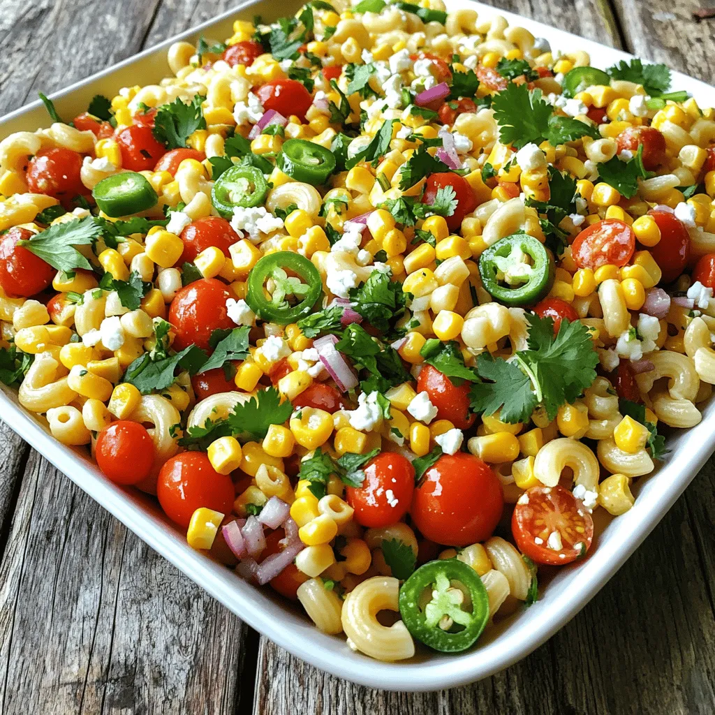 - 225 g Ellbogen-Makkaroni oder Rotini-Pasta - 1 Dose (425 g) Süßmais, abgetropft - 1 Tasse Kirschtomaten, halbiert - 1 rote Paprika, gewürfelt - 1 kleine rote Zwiebel, fein gehackt Die Hauptzutaten sind einfach zu finden. Die Pasta bildet die Basis. Süßmais bringt einen wunderbaren Geschmack. Kirschtomaten fügen Frische hinzu. Rote Paprika und Zwiebel machen das Ganze bunt und lecker. - 60 ml Olivenöl - 30 ml Limettensaft - 1 Teelöffel Chilipulver - Salz und Pfeffer nach Geschmack Das Dressing ist der Schlüssel. Olivenöl sorgt für einen reichhaltigen Geschmack. Limettensaft bringt Frische. Chilipulver gibt einen kleinen Kick. Passen Sie Salz und Pfeffer an, um es perfekt zu machen. - 1 Tasse Jalapeños, gewürfelt - 1/2 Tasse zerbröckelter Feta-Käse (optional) - 1/2 Tasse frischer Koriander, gehackt Jalapeños fügen eine würzige Note hinzu. Sie können die Menge nach Ihrem Geschmack ändern. Feta-Käse gibt dem Salat eine cremige Textur. Frischer Koriander bringt einen tollen Geschmack. Diese Zutaten machen den Salat besonders. Um die Pasta perfekt zu kochen, bringe einen großen Topf mit gesalzenem Wasser zum Kochen. Füge die Ellbogen-Makkaroni oder Rotini-Pasta hinzu und koche sie nach den Anweisungen auf der Verpackung. Achte darauf, dass die Pasta al dente bleibt. Nach dem Kochen gieße die Pasta ab und spüle sie unter kaltem Wasser ab. Das stoppt den Kochprozess und kühlt die Pasta schnell ab. Jetzt kommt der spaßige Teil! Nimm eine große Rührschüssel und mische die folgenden Zutaten: - 1 Dose (425 g) abgetropfter Süßmais - 1 Tasse halbierte Kirschtomaten - 1 gewürfelte rote Paprika - 1 fein gehackte rote Zwiebel - 1 Tasse gewürfelte Jalapeños, je nach Schärfewunsch Rühre alles gut um. Wenn du einen frischen Geschmack möchtest, füge auch frischen Koriander hinzu. Dies bringt Farbe und Aroma in deinen Salat. Jetzt ist es Zeit, alles zusammenzubringen! Füge die abgekühlte Pasta zur Gemüsemischung hinzu. Rühre vorsichtig um, damit alles gut vermischt wird. Für das Dressing vermenge in einer kleinen Schüssel: - 60 ml Olivenöl - 30 ml Limettensaft - 1 Teelöffel Chilipulver - Salz und Pfeffer nach Geschmack Verquirle alles gut. Gieße das Dressing über den Pasta-Salat und mische nochmals alles. Wenn du möchtest, streue zerbröckelten Feta-Käse darüber. Decke die Schüssel ab und stelle den Salat für mindestens 30 Minuten in den Kühlschrank. Dies lässt die Aromen sich entfalten. Um die ideale Konsistenz für deine Pasta zu erreichen, koche sie al dente. Das bedeutet, dass sie innen noch einen leichten Biss hat. Verwende reichlich gesalzenes Wasser. So bekommt die Pasta mehr Geschmack. Nach dem Kochen, spüle die Pasta unter kaltem Wasser ab. Dadurch stoppst du den Kochprozess und kühlst sie schnell ab. Um ein Zusammenkleben der Pasta zu vermeiden, rühre sie während des Kochens gut um. Wenn die Pasta abkühlt, kannst du einen Schuss Olivenöl hinzufügen. Das Öl hilft, die Stücke zu trennen. Du kannst die Gewürze ganz nach deinem Geschmack anpassen. Probiere zum Beispiel Paprikapulver oder Kreuzkümmel. Diese Gewürze geben deinem Salat eine neue Note. Wenn du es schärfer magst, füge mehr Jalapeños hinzu. Für verschiedene Geschmäcker kannst du auch andere Gemüsesorten verwenden. Gurken, Avocados oder sogar Mais können eine frische Note bringen. Sei kreativ und finde deine Lieblingskombination. Eine schöne Anrichtung macht den Salat noch appetitlicher. Verwende eine große Schüssel und schichte die Zutaten. So sieht alles bunt und einladend aus. Frische Kräuter wie Koriander oder Petersilie sind tolle Garnierungen. Sie bringen Farbe und zusätzlichen Geschmack. Streue sie kurz vor dem Servieren über den Salat. So bleiben sie frisch und knackig. {{image_4}} Für eine vegane Version des Pasta-Salats können Sie den Käse einfach weglassen. Statt Feta können Sie auch einen veganen Käse verwenden. Dieser schmeckt ähnlich, aber ist pflanzlich. Verwenden Sie zusätzlich pflanzliche Mayo, um die Cremigkeit zu erhalten. Diese Mayo gibt dem Salat eine tolle Textur und Geschmack. Möchten Sie mehr Proteine hinzufügen? Probieren Sie gebratenes Hühnchen oder schwarze Bohnen. Hühnchen macht den Salat herzhaft. Bohnen sind eine tolle pflanzliche Proteinquelle. Sie können auch Tofu oder Kichererbsen verwenden. Diese Optionen machen den Salat nahrhafter und sättigender. Nutzen Sie saisonales Gemüse für mehr Geschmack. Im Sommer sind frische Paprika und Zucchini ideal. Im Herbst können Sie Kürbis oder Rüben hinzufügen. Passen Sie die Zutaten je nach Saison an. So bleibt der Salat immer frisch und lecker. Lagere den Salat in einem luftdichten Behälter. So bleibt er frisch und lecker. Ich empfehle, den Salat innerhalb von drei bis fünf Tagen zu essen. Achte darauf, den Salat vor dem Servieren gut umzurühren. Einfrieren von Pasta-Salat ist nicht ideal. Die Textur der Pasta kann sich ändern. Wenn du es dennoch ausprobieren möchtest, benutze einen gefrierfesten Behälter. Achte darauf, den Salat gut abzudecken, um Gefrierbrand zu vermeiden. Du kannst viele Zutaten im Voraus vorbereiten. Koche die Pasta und schneide das Gemüse am Tag vorher. So sparst du Zeit. Die Aromen des Salats verbessern sich über Nacht. Das gibt dem Gericht mehr Geschmack und Tiefe. Du kannst den Salat bis zu drei Tage im Kühlschrank aufbewahren. Stelle sicher, dass er in einem luftdichten Behälter ist. So bleibt er frisch und lecker. Wenn du ihn länger aufbewahrst, kann die Pasta matschig werden. Es ist besser, ihn frisch zu genießen. Ja, du kannst die Jalapeños weglassen. Stattdessen nimm eine milde Paprika oder mehr Gemüse. Du kannst auch etwas mehr Limettensaft für den Geschmack nehmen. So bleibt der Salat frisch, aber weniger scharf. Klar! Du kannst verschiedene Pasta-Sorten verwenden. Rotini oder Fusilli sind großartig, weil sie die Sauce gut halten. Du kannst auch glutenfreie Pasta ausprobieren, wenn du das möchtest. Achte darauf, die Kochzeit für die jeweilige Sorte anzupassen. Straßenmais kommt ursprünglich aus Mexiko. Er ist ein beliebter Snack an Straßenständen. Man grillt den Mais und bestreut ihn mit Käse, Limettensaft und Gewürzen. Diese Mischung macht ihn besonders lecker und beliebt. Jetzt gibt es viele Variationen, auch in Salaten. Ja, der Salat kann glutenfrei sein. Verwende einfach glutenfreie Pasta. Viele Marken bieten diese an. Achte darauf, die Zutaten zu prüfen, um sicherzustellen, dass sie auch wirklich glutenfrei sind. So kannst du den Salat genießen, ohne dir Sorgen zu machen. In diesem Blogbeitrag haben wir ein einfaches Rezept für einen tollen Pasta-Salat vorgestellt. Wir haben die Hauptzutaten und Gewürze besprochen und Schritt für Schritt gezeigt, wie man den Salat zubereitet. Ich habe Tipps gegeben, um die beste Pasta zu kochen und verschiedene Geschmacksvariationen auszuprobieren. Ob vegan oder mit mehr Proteinen, die Anpassungen sind leicht möglich. Denke daran, deinen Salat richtig zu lagern, um die Frische zu bewahren. Mit all diesen Informationen kannst du nun deinen eigenen leckeren Pasta-Salat genießen!