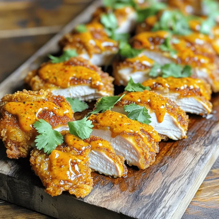 - 4 entbeinte, hautlose Hähnchenschenkel - 1 Tasse Buttermilch - 1 Tasse Weizenmehl Diese Zutaten sind wichtig für den vollen Geschmack. Die Hähnchenschenkel sind zart und saftig. Buttermilch macht das Hähnchen noch zarter. Weizenmehl sorgt für eine knusprige Kruste. - 1 Teelöffel Knoblauchpulver - 1 Teelöffel Zwiebelpulver - 1 Teelöffel Paprika - 1/2 Teelöffel Salz - 1/2 Teelöffel schwarzer Pfeffer Diese Gewürze bringen Geschmack ins Spiel. Knoblauch- und Zwiebelpulver geben Tiefe. Paprika fügt Farbe hinzu und macht es schmackhaft. Salz und Pfeffer sind Grundgewürze für jede Marinade. - 1/2 Tasse Mayonnaise - 3 Esslöffel süße Chilisauce - 1 Esslöffel Sriracha (nach Geschmack anpassen) - 1 Esslöffel Zitronensaft Die Bang Bang Sauce bringt den Kick! Mayonnaise macht sie cremig. Süße Chilisauce fügt eine süße Note hinzu. Sriracha bringt die Schärfe, die viele lieben. Zitronensaft gibt Frische. Mischen Sie alles gut zusammen, um die perfekte Sauce zu erhalten. Zuerst marinieren wir das Hähnchen. Nimm eine große Schüssel. Vermische die Buttermilch mit Salz und Pfeffer. Füge dann die Hähnchenschenkel hinzu. Stelle sicher, dass sie gut bedeckt sind. Decke die Schüssel ab und stelle sie in den Kühlschrank. Lass das Hähnchen mindestens 30 Minuten ziehen. Ideal sind bis zu 2 Stunden. So wird das Fleisch zart und saftig. Jetzt bereiten wir das Paniermehl vor. Nimm eine separate Schüssel. Mische das Weizenmehl mit Knoblauchpulver, Zwiebelpulver, Paprika, Salz und Pfeffer. Rühre alles gut um. Diese Mischung gibt dem Hähnchen einen tollen Geschmack und eine knusprige Kruste. Hole die marinierten Hähnchenschenkel aus dem Kühlschrank. Lass die überschüssige Buttermilch abtropfen. Panier jeden Schenkel in der Mehlmischung. Klopfe das überschüssige Mehl ab. Erhitze eine große Pfanne bei mittelhoher Temperatur. Füge genug Öl hinzu, um den Boden der Pfanne zu bedecken. Wenn das Öl heiß ist, lege die panierten Hähnchenschenkel in die Pfanne. Brate sie 6-8 Minuten pro Seite. Sie sollten goldbraun und durchgegart sein. Die Innentemperatur muss 75°C erreichen. Nimm das Hähnchen aus der Pfanne und lege es auf Küchenpapier, um das überschüssige Öl abzuleiten. Jetzt machen wir die Bang Bang Sauce. Nimm eine kleine Schüssel. Vermische die Mayonnaise, süße Chilisauce, Sriracha und Zitronensaft. Rühre, bis die Sauce glatt ist. Du kannst die Schärfe anpassen. Füge mehr Sriracha hinzu, wenn du es schärfer magst. Schneide die knusprigen Hähnchenschenkel in Scheiben. Träufle großzügig die Bang Bang Sauce darüber. Garniere das Gericht mit frischem Koriander. So sieht das Gericht nicht nur gut aus, sondern schmeckt auch fantastisch! Um die Hähnchenschenkel knusprig zu machen, marinieren Sie sie gut. Die Buttermilch hilft, das Fleisch zart zu machen. Lassen Sie die Hähnchenstücke mindestens 30 Minuten in der Marinade. Verwenden Sie auch frisches Öl zum Braten. Das Öl sollte heiß sein, bevor Sie das Hähnchen hineinlegen. So erhalten Sie eine schöne goldene Farbe. Ein häufiger Fehler ist, das Hähnchen zu früh umzudrehen. Lassen Sie es in der Pfanne, bis es goldbraun ist. Überfüllen Sie die Pfanne nicht, sonst wird das Hähnchen nicht gleichmäßig gar. Achten Sie darauf, die Marinade gut abtropfen zu lassen, bevor Sie das Hähnchen panieren. Zu viel Flüssigkeit macht die Panade matschig. Die Bang Bang Sauce ist anpassbar. Mögen Sie es scharf? Fügen Sie mehr Sriracha hinzu. Für eine mildere Version können Sie die Sriracha weglassen. Auch die Gewürze in der Panade können variieren. Probieren Sie vielleicht etwas Cayennepfeffer oder Paprikaflocken für zusätzlichen Geschmack. Garnieren Sie das Gericht mit frischem Koriander für mehr Frische. {{image_4}} Wenn du eine vegetarische Option möchtest, kannst du Tofu oder Blumenkohl verwenden. Tofu nimmt die Marinade gut auf und wird knusprig, wenn du ihn panierst. Blumenkohlröschen sind eine tolle Wahl. Sie sind leicht und gesund. Du kannst die gleichen Schritte wie beim Hähnchen befolgen. Die Bang Bang Sauce ist sehr anpassungsfähig. Für eine cremigere Variante kannst du Joghurt anstelle von Mayonnaise nutzen. Du kannst auch verschiedene Chilisaucen ausprobieren. Zum Beispiel, eine süße Thai-Chilisauce für mehr Fruchtigkeit. Wenn du es würziger magst, füge mehr Sriracha hinzu oder benutze eine scharfe Sauce deiner Wahl. Zu den knusprigen Hähnchenschenkeln passen viele Beilagen gut. Reis oder Quinoa sind einfache Optionen. Sie nehmen die Sauce gut auf. Ein frischer Salat sorgt für einen tollen Kontrast. Auch gedünstetes Gemüse macht das Gericht gesund und bunt. Experimentiere mit verschiedenen Beilagen, um dein perfektes Dinner zu kreieren. Wenn du Hähnchen übrig hast, lass es zuerst abkühlen. Dann lege es in einen luftdichten Behälter. So bleibt das Hähnchen frisch und lecker. Lagere es im Kühlschrank für bis zu drei Tage. Achte darauf, dass die Temperatur unter 4 °C bleibt. Um die Reste aufzuwärmen, benutze die Pfanne oder den Ofen. Erhitze die Stücke bei mittlerer Hitze, bis sie warm sind. Das sorgt dafür, dass die Haut knusprig bleibt. Du kannst die Reste auch in Salaten oder Wraps verwenden. Das bringt neue Geschmäcker auf den Tisch. Für die Langzeitlagerung kannst du das Hähnchen einfrieren. Wickele die Stücke gut in Frischhaltefolie ein und lege sie in einen Gefrierbeutel. So bleibt das Hähnchen bis zu drei Monate frisch. Wenn du es auftauen möchtest, lege es über Nacht in den Kühlschrank. Das macht das Hähnchen wieder saftig und lecker. Die Zubereitung dauert insgesamt etwa 1 Stunde. Die Marinierzeit beträgt 30 Minuten bis 2 Stunden. Das Kochen und Anrichten geht schnell. Ja, du kannst auch Hähnchenbrust oder Flügel verwenden. Achte darauf, die Garzeit anzupassen. Auf jeden Fall! Diese Sauce passt gut zu Fisch, Garnelen oder Gemüse. Sie gibt jedem Gericht einen tollen Kick. Du kannst die Schärfe leicht ändern. Füge mehr Sriracha für mehr Hitze hinzu. Oder reduziere die Menge, wenn du es milder magst. Die vollständige Anleitung findest du oben im Rezeptabschnitt. Dort sind alle Schritte klar erklärt. Skillet Bang Bang Hähnchenschenkel sind lecker und einfach zu machen. Wir haben die Hauptzutaten, die Marinade und die perfekte Bang Bang Sauce besprochen. Zudem gab es eine Schritt-für-Schritt-Anleitung, die dir hilft, Fehler zu vermeiden. Variationen und Lagerungstipps sorgen dafür, dass du die Reste gut nutzen kannst. Probiere die Tipps aus, um deine Hähnchenschenkel noch knuspriger zu machen. Mit ein wenig Kreativität kannst du dieses Gericht ganz nach deinem Geschmack anpassen. Guten Appetit!