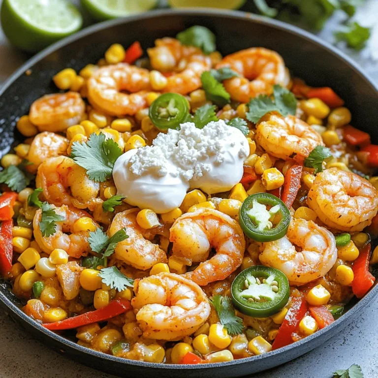 - 450 g große Garnelen, geschält und entdarmt - 480 ml Maiskörner (frisch oder gefroren) - 1 Esslöffel Olivenöl - 1 Esslöffel Butter - 1 rote Paprika, gewürfelt - 1 Jalapeño, fein gehackt - 2 Knoblauchzehen, gehackt Die Hauptzutaten machen dieses Gericht besonders. Garnelen bringen einen tollen Geschmack. Der Mais sorgt für Süße und Textur. Paprika und Jalapeño fügen Frische und Würze hinzu. Knoblauch bringt ein tolles Aroma. - 1 Teelöffel Paprika - 1 Teelöffel Chilipulver - Salz und Pfeffer nach Geschmack - 60 ml Crème fraîche oder Sauerrahm - 60 g zerbröckelter Cotija-Käse Die Gewürze geben dem Gericht Charakter. Paprika und Chilipulver bringen einen milden Kick. Crème fraîche oder Sauerrahm macht alles cremig. Cotija-Käse fügt einen salzigen, würzigen Geschmack hinzu. Diese Kombination ist einfach unwiderstehlich. - Limettenspalten - Frischer Koriander Die Garnitur macht dein Gericht lebendig. Limettenspalten geben Frische und Säure. Frischer Koriander bringt ein tolles Aroma. Diese kleinen Extras machen den Unterschied. Erhitze in einer großen Pfanne einen Esslöffel Olivenöl und einen Esslöffel Butter bei mittlerer bis hoher Hitze. Warte, bis die Butter geschmolzen ist. Füge dann die gewürfelte rote Paprika und die fein gehackte Jalapeño hinzu. Brate das Gemüse für etwa drei bis vier Minuten an. Es soll weich werden, aber nicht zerkochen. Gib die 480 ml Maiskörner und zwei gehackte Knoblauchzehen dazu. Streue einen Teelöffel Paprika und einen Teelöffel Chilipulver hinein. Füge Salz und Pfeffer nach Geschmack hinzu. Lass die Mischung weitere vier bis fünf Minuten kochen, bis der Mais warm und leicht angebraten ist. Rühre gut um, damit sich die Aromen verbinden. Schiebe die Maisgemüsemischung zur Seite der Pfanne. Platziere die 450 g Garnelen auf die andere Seite in einer einzigen Schicht. Würze sie mit Salz und Pfeffer. Brate die Garnelen für zwei bis drei Minuten auf jeder Seite. Sie sind fertig, wenn sie rosa und undurchsichtig sind. Achte darauf, nicht zu lange zu garen, damit sie saftig bleiben. Um die Garnelen saftig zu halten, achte auf die Garzeit. Brate sie nur 2-3 Minuten auf jeder Seite. Sie sind perfekt, wenn sie rosa und undurchsichtig sind. Wenn du sie zu lange kochst, werden sie gummiartig. Du kannst den Geschmack mit verschiedenen Gewürzen verbessern. Probiere Kreuzkümmel oder Limettenzesten für mehr Frische. Für zusätzliche Zutaten füge schwarze Bohnen oder Avocado hinzu. Diese bringen mehr Textur und Nährstoffe ins Gericht. Serviere das Gericht mit Reis oder Tortillas. Das ergänzt die Aromen gut. Ein frischer Salat passt auch gut dazu. Zu trinken empfehle ich ein kühles Bier oder Limonade. Wenn du es hübsch anrichten willst, serviere es in einer großen Schüssel. Garniere mit frischem Koriander und Limettenspalten. So sieht es einladend aus! {{image_4}} Für eine vegetarische Version des Zesty Mexican Street Corn Shrimp Skillet können Sie Garnelen leicht ersetzen. Tofu ist eine tolle Wahl. Wählen Sie festen Tofu, schneiden Sie ihn in Würfel und braten Sie ihn bis er goldbraun ist. Zusätzlich können Sie mehr Gemüse hinzufügen. Gut geeignet sind Zucchini, Paprika oder Pilze. Diese bringen Geschmack und Textur in das Gericht. Wenn Sie es gerne schärfer mögen, können Sie mehr Jalapeño hinzufügen. Schneiden Sie einfach eine oder zwei weitere Jalapeños klein und braten Sie sie mit dem Gemüse an. Eine andere Möglichkeit ist die Verwendung von schärferem Chili. Probieren Sie zum Beispiel Serrano oder Habanero. Diese Chilis bringen viel Hitze und Geschmack in Ihr Gericht. Im Sommer ist es toll, saisonale Zutaten zu verwenden. Frischer Mais ist besonders süß und lecker. Sie können auch frische Kräuter wie Basilikum oder Minze ausprobieren. Eine Grilloption ist ebenfalls möglich. Grillen Sie das Gemüse und die Garnelen auf dem Grill. Dies gibt dem Gericht einen rauchigen Geschmack und macht es perfekt für Sommerabende. Bewahre die Reste in einem luftdichten Behälter auf. Das schützt vor Feuchtigkeit und Gerüchen. Du kannst das Gericht bis zu drei Tage im Kühlschrank lagern. Achte darauf, es gut zu verschließen, um den Geschmack zu bewahren. Vor dem Verzehr kannst du einfach einen Blick darauf werfen. Wenn es gut aussieht, ist es sicher zu essen. Wenn du mehr zubereitet hast, friere die Reste ein. Teile das Gericht in Portionen auf, um es leichter zu verwenden. Lege jede Portion in einen gefrierfesten Behälter. So kannst du es bis zu drei Monate aufbewahren. Zum Auftauen nimm das Gericht einfach heraus und lasse es im Kühlschrank über Nacht auftauen. Alternativ kannst du es in der Mikrowelle auftauen. Für das Wiedererwärmen hast du zwei Optionen: die Mikrowelle oder die Pfanne. In der Mikrowelle erhitze es in kurzen Intervallen. So bleibt es saftig und lecker. Wenn du die Pfanne wählst, heize sie vor und füge etwas Öl hinzu. Rühre das Gericht sanft, bis es warm ist. Dies hilft, die Konsistenz und den Geschmack zu erhalten. Sie können dieses Gericht bis zu drei Tage im Kühlschrank aufbewahren. Lagern Sie es in einem luftdichten Behälter. So bleibt der Geschmack frisch. Für die beste Qualität, essen Sie es innerhalb von zwei Tagen. Erwärmen Sie die Reste in der Mikrowelle oder in einer Pfanne. Ja, gefrorene Garnelen sind eine gute Wahl. Achten Sie darauf, sie vorher vollständig aufzutauen. Am besten lassen Sie sie über Nacht im Kühlschrank auftauen. Alternativ können Sie sie in kaltem Wasser auftauen. Dies dauert etwa 15 bis 20 Minuten. Trocknen Sie die Garnelen gut ab, bevor Sie sie verwenden. So werden sie schön knusprig. Dieses Rezept hat einen milden bis mittleren Schärfegrad. Die Jalapeño bringt eine angenehme Wärme. Wenn Sie es schärfer mögen, fügen Sie mehr Jalapeño hinzu. Oder verwenden Sie schärferes Chili-Pulver. Für einen milderen Geschmack, nehmen Sie die Jalapeño einfach ganz weg. So können Sie den Schärfegrad leicht anpassen. In diesem Blogbeitrag haben wir die Zutaten und die Zubereitung für ein leckeres Garnelengericht behandelt. Wir haben über die Hauptzutaten wie Garnelen, Mais und Gemüse gesprochen. Gewürze und Käse, sowie Tipps zur perfekten Zubereitung, sind ebenfalls wichtig. Alternativen für Vegetarier wurden vorgestellt und wir haben Lagerungshinweise gegeben. Kochen macht Spaß und dieses Rezept bietet viele Variationen. Probiere unterschiedliche Zutaten und finde deine Lieblingsversion. Du wirst nicht enttäuscht sein!