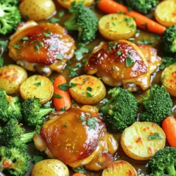 - 4 Hähnchenschenkel ohne Haut und Knochen - 500 g Baby-Kartoffeln, halbiert - 500 g Brokkoli-Röschen - 250 g Babymöhren Die Hauptzutaten sind einfach zu finden. Hähnchenschenkel sorgen für saftigen Geschmack. Baby-Kartoffeln fügen eine angenehme Textur hinzu. Brokkoli-Röschen bringen Farbe und Nährstoffe. Babymöhren sind süß und knusprig. Diese Zutaten machen das Gericht lecker und gesund. - 60 ml Dijon-Senf - 60 ml Honig - 30 ml Olivenöl - 30 ml Apfelessig Die Honig-Senf-Mischung ist das Herzstück des Rezepts. Dijon-Senf gibt einen scharfen Kick. Honig sorgt für eine süße Note. Olivenöl bringt gesunde Fette und Geschmack. Apfelessig fügt Frische hinzu. Diese Mischung macht das Hähnchen und Gemüse besonders schmackhaft. - 1 Teelöffel Knoblauchpulver - 1 Teelöffel Zwiebelpulver - 1 Teelöffel Paprika - Salz und Pfeffer nach Geschmack Die Gewürze sind wichtig für den vollen Geschmack. Knoblauchpulver gibt Tiefe. Zwiebelpulver bringt Süße. Paprika fügt eine leichte Würze hinzu. Salz und Pfeffer betonen die Aromen. Diese Gewürze machen das Gericht rund und lecker. Heize den Ofen auf 200°C vor. Das sorgt für eine gute Garung. Lege ein großes Backblech mit Backpapier aus. So bleibt die Reinigung leicht. Nimm eine Schüssel und kombiniere folgende Zutaten: - 60 ml Dijon-Senf - 60 ml Honig - 30 ml Olivenöl - 30 ml Apfelessig - 1 Teelöffel Knoblauchpulver - 1 Teelöffel Zwiebelpulver - 1 Teelöffel Paprika - Salz und Pfeffer nach Geschmack Rühre die Mischung gut um, bis alles gleichmäßig vermischt ist. Das gibt dem Hähnchen und Gemüse einen tollen Geschmack. Lege die Hähnchenschenkel auf eine Seite des Backblechs. Gieße die Hälfte der Honig-Senf-Mischung darüber. Verteile das Gemüse gleichmäßig auf der anderen Seite. In einer großen Schüssel vermische die halbierten Baby-Kartoffeln, Brokkoli-Röschen und Babymöhren mit der restlichen Mischung. Achte darauf, dass alles gut bedeckt ist. Backe das Gericht im vorgeheizten Ofen für 25-30 Minuten. Überprüfe die Innentemperatur des Hähnchens. Sie sollte 74°C erreichen. Das Gemüse wird zart und leicht karamellisiert sein. Lass das Gericht ein paar Minuten ruhen, bevor du es servierst. Um dieses Gericht noch besser zu machen, probiere verschiedene Gewürze aus. Du kannst zum Beispiel statt Paprika etwas Curry verwenden. Auch Kreuzkümmel oder italienische Kräuter geben dem Gericht einen neuen Twist. Frische Kräuter sind ein echter Genuss! Petersilie, Thymian oder Rosmarin bringen Farbe und Geschmack. Füge sie am Ende der Garzeit hinzu. So bleiben sie frisch und aromatisch. Die Garzeit hängt von der Dicke der Hähnchenteile ab. Dickere Stücke benötigen mehr Zeit. Überprüfe die Innentemperatur, sie sollte 74°C betragen. Du kannst auch das Gemüse variieren. Statt Brokkoli kannst du Blumenkohl verwenden. Auch Zucchini oder Paprika schmecken gut und machen das Gericht bunt. Marinieren macht das Hähnchen zart und geschmackvoll. Du kannst es bis zu 24 Stunden im Voraus marinieren. Das spart Zeit und sorgt für mehr Geschmack. Wenn du Reste hast, friere sie ein. Das geht schnell und einfach. Achte darauf, das Hähnchen und das Gemüse getrennt zu lagern. So bleibt alles frisch und lecker. {{image_4}} Sie können saisonales Gemüse verwenden, um das Rezept zu variieren. Zum Beispiel passen grüne Bohnen oder Zucchini gut dazu. Diese Gemüsesorten sind leicht und bringen frische Aromen. Auch Paprika oder Kürbis sind tolle Alternativen, die Farbe und Geschmack hinzufügen. Lassen Sie Ihrer Kreativität freien Lauf! Wenn Sie nach anderen Beilagen suchen, probieren Sie Quinoa oder Reis. Diese Optionen bieten eine gute Basis und ergänzen die Aromen gut. Ein frischer Salat kann auch eine knusprige Ergänzung sein. Das Rezept ist flexibel und lässt sich leicht anpassen. Sie können Schweinefleisch oder Tofu verwenden, wenn Sie eine Abwechslung wollen. Schweinefleisch gibt einen herzhaften Geschmack und passt gut zur Honig-Senf-Mischung. Tofu ist eine gute Wahl für eine vegane Option. Achten Sie darauf, den Tofu gut zu marinieren, damit er die Aromen aufnimmt. Für eine süß-saure Version können Sie etwas Apfelmus oder Sojasauce hinzufügen. Diese Zutaten geben dem Gericht eine neue Note. Eine würzige Variante erreichen Sie mit scharfen Paprikaflocken oder Chili. Diese Zutaten setzen einen tollen Akzent und geben dem Gericht mehr Tiefe. Experimentieren Sie mit verschiedenen Geschmäckern, um Ihre Lieblingskombination zu finden! Um dein Blechpfannen-Honig-Senf-Hühnchen und Gemüse frisch zu halten, lagere die Reste im Kühlschrank. Packe sie in einen luftdichten Behälter. So bleiben sie bis zu drei Tage gut. Achte darauf, dass die Temperatur im Kühlschrank unter 4°C bleibt. So vermeidest du Bakterienwachstum und hältst die Aromen lebendig. Wenn du Reste für später aufbewahren möchtest, kannst du sie einfrieren. Lass das Gericht zuerst auf Raumtemperatur abkühlen. Teile dann die Portionen in gefriergeeignete Behälter oder Beutel auf. Schreibe das Datum darauf, bevor du sie in den Gefrierschrank legst. So kannst du sie bis zu drei Monate lang aufbewahren. Zum Auftauen lege die Behälter einfach über Nacht in den Kühlschrank. Um die Reste wieder aufzuheizen, gibt es zwei gute Methoden. Du kannst den Ofen verwenden oder die Mikrowelle. Wenn du den Ofen nutzt, heize ihn auf 180°C vor. Lege das Hühnchen und das Gemüse auf ein Backblech und backe sie für 15-20 Minuten, bis sie heiß sind. In der Mikrowelle erwärmst du die Portionen in einem mikrowellengeeigneten Behälter. Stelle die Leistung auf mittel und erhitze sie für 2-3 Minuten. Überprüfe die Temperatur, bevor du servierst. Das Hähnchen muss 25 bis 30 Minuten im Ofen garen. Die Temperatur sollte bei 200°C liegen. Um sicherzustellen, dass das Hähnchen gut durchgegart ist, überprüfen Sie die Innentemperatur. Diese sollte mindestens 74°C betragen. So bleibt das Fleisch saftig und zart. Ja, Sie können das Gemüse nach Ihrem Geschmack anpassen. Brokkoli kann durch Blumenkohl ersetzt werden. Auch Zucchini oder Paprika eignen sich gut. Sie können auch saisonales Gemüse nutzen, das gerade frisch ist. Experimentieren Sie mit verschiedenen Farben und Texturen! Auf jeden Fall! Dieses Rezept ist perfekt für Meal Prep. Bereiten Sie das Hähnchen und das Gemüse im Voraus zu. Lagern Sie die Portionen in luftdichten Behältern im Kühlschrank. So bleibt alles frisch und lecker. Sie können es innerhalb von drei bis vier Tagen genießen. Um das Gericht gesünder zu machen, können Sie weniger Honig verwenden. Sie können auch weniger Öl nehmen oder Olivenöl durch ein kalorienärmeres Öl ersetzen. Fügen Sie mehr Gemüse hinzu, um die Nährstoffe zu erhöhen. So bleibt das Gericht lecker und kalorienbewusst. Das Rezept bietet eine einfache Anleitung für ein köstliches Gericht mit Hähnchen und Gemüse. Wir nutzen Hähnchenschenkel, Baby-Kartoffeln, Brokkoli und Babymöhren in einer leckeren Honig-Senf-Mischung. Es ist wichtig, die Garzeiten zu beachten und die Aromen richtig zu kombinieren. Experimentiere mit verschiedenen Gemüsesorten und Gewürzen. Denke daran, Reste richtig zu lagern oder einzufrieren. Mit diesen Tipps kannst du ein gesundes, schmackhaftes Gericht zubereiten, das dir und deiner Familie Freude bereitet.