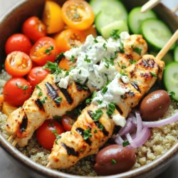 Für die Hähnchen Souvlaki brauchen Sie: - 2 große Hähnchenbrustfilets, in 2,5 cm große Würfel geschnitten - 3 Esslöffel Olivenöl - 2 Esslöffel Zitronensaft - 2 Teelöffel getrockneter Oregano - 2 Knoblauchzehen, fein gehackt - Salz und Pfeffer, nach Geschmack Diese Zutaten bilden die Basis für einen saftigen und geschmackvollen Souvlaki. Hähnchenbrust ist leicht und proteinreich. Die Marinade aus Olivenöl, Zitronensaft und Gewürzen gibt dem Hähnchen einen tollen Geschmack. Für die Schalen empfehle ich: - 1 Tasse gekochte Quinoa oder Reis - 1 Tasse Kirschtomaten, halbiert - 1 Salatgurke, gewürfelt - 1/2 rote Zwiebel, dünn geschnitten - 1/2 Tasse Kalamata-Oliven, entsteint und halbiert - 1 Tasse zerbröckelter Feta-Käse - Frische Petersilie, zum Garnieren - Tzatziki-Sauce zum Beträufeln Diese Beilagen machen die Schalen bunt und gesund. Quinoa oder Reis gibt eine gute Basis. Das Gemüse bringt Frische und Knackigkeit. Feta und Oliven fügen einen salzigen Geschmack hinzu. Für die Marinade nutzen wir: - 3 Esslöffel Olivenöl - 2 Esslöffel Zitronensaft - 2 Teelöffel getrockneter Oregano - 2 Knoblauchzehen, fein gehackt - Salz und Pfeffer, nach Geschmack Die Kombination dieser Gewürze ist einfach und lecker. Oregano gibt einen typischen griechischen Geschmack. Der Knoblauch fügt Tiefe hinzu. Lassen Sie das Hähnchen mindestens 30 Minuten marinieren. So wird der Geschmack intensiv. Um das Hähnchen perfekt zu marinieren, vermische ich zuerst Olivenöl, Zitronensaft, Oregano, Knoblauch, Salz und Pfeffer in einer Schüssel. Ich rühre alles gut um, bis es gleichmäßig aussieht. Dann gebe ich die Hähnchenwürfel dazu. Es ist wichtig, dass jedes Stück gut mit der Marinade bedeckt ist. Danach decke ich die Schüssel ab und stelle sie für mindestens 30 Minuten in den Kühlschrank. So bekommt das Hähnchen viel Geschmack. Wenn du mehr Zeit hast, lass es bis zu 2 Stunden marinieren. Jetzt ist es Zeit, das Hähnchen zu grillen. Ich heize den Grill oder eine Grillpfanne auf mittlere bis hohe Hitze vor. Dann stecke ich die marinierten Hähnchenstücke auf Grillspieße. Wichtig ist, dass ich zwischen den Würfeln Platz lasse, damit sie gleichmäßig garen. Ich grille die Spieße etwa 10-15 Minuten lang. Dabei wende ich sie regelmäßig, bis sie eine schöne Farbe haben. Die Innentemperatur sollte 75 °C betragen, damit das Hähnchen durch ist und lecker schmeckt. Sobald das Hähnchen fertig ist, nehme ich die Stücke vom Spieß und lege sie auf die vorbereiteten Schalen. Zuerst fülle ich jede Schale mit einer Schicht Quinoa oder Reis. Dann kommen die Kirschtomaten, die gewürfelte Gurke, die rote Zwiebel, die Oliven und der Feta-Käse obendrauf. Das macht die Schalen bunt und frisch. Zum Schluss träufle ich Tzatziki-Sauce über jede Schale und garniere sie mit frischer Petersilie. Jetzt sind die Schalen bereit zum Servieren! Die Marinade ist der Schlüssel zum Geschmack. Ich lasse mein Hähnchen mindestens 30 Minuten marinieren. Für einen intensiveren Geschmack empfehle ich zwei Stunden. So zieht das Olivenöl, der Zitronensaft und der Oregano richtig ein. Achte darauf, die Hähnchenwürfel gleichmäßig zu bedecken. Das ist wichtig! Beim Grillen ist Hitze wichtig. Heize deinen Grill oder die Grillpfanne gut vor. Ich empfehle mittlere bis hohe Hitze. Stecke die Hähnchenwürfel auf Spieße, aber lasse Platz zwischen den Stücken. So grillt das Hähnchen gleichmäßig. Wende die Spieße regelmäßig. Die Innentemperatur sollte 75 °C erreichen. So bleibt das Fleisch zart und saftig. Die Präsentation macht viel aus! Beginne mit einer Schicht Quinoa oder Reis in der Schale. Füge dann die frischen Zutaten hinzu: Kirschtomaten, Gurke und rote Zwiebel. Die Oliven und der Feta kommen oben drauf. Das Hähnchen legt man zuletzt darauf. Beträufle alles mit Tzatziki und garniere mit frischer Petersilie. Nutze bunte Schalen oder ein hübsches Tablett. So wirkt dein Gericht einladend! {{image_4}} Für eine vegetarische Version der griechischen Hähnchen-Souvlaki-Schalen können Sie einfach das Hähnchen durch Gemüse ersetzen. Zucchini, Paprika und Champignons sind großartige Alternativen. Schneiden Sie das Gemüse in ähnliche Stücke wie das Hähnchen. Marinieren Sie es in derselben Mischung aus Olivenöl, Zitronensaft und Gewürzen. Grillen Sie das Gemüse für etwa 8-10 Minuten. Die Aromen der Marinade verleihen dem Gemüse einen tollen Geschmack. Wenn Sie nach anderen Proteinquellen suchen, probieren Sie Lamm oder Garnelen. Lamm passt gut zu den Aromen des Souvlaki. Schneiden Sie das Lamm in Würfel und marinieren Sie es wie das Hähnchen. Garnelen sind eine schnellere Option. Sie benötigen nur etwa 5-7 Minuten auf dem Grill. Marinieren Sie sie ebenfalls, um den vollen Geschmack zu genießen. Für Allergien können Sie einfache Anpassungen vornehmen. Verwenden Sie glutenfreien Reis oder Quinoa, wenn Sie glutenempfindlich sind. Zudem können Sie den Feta-Käse weglassen oder durch eine vegane Alternative ersetzen. Achten Sie darauf, frische Zutaten zu wählen, um eine sichere Mahlzeit zu gewährleisten. Bei Nussallergien vermeiden Sie Oliven oder verwenden Sie eine andere Art von Dressing. Du kannst die Hähnchen-Souvlaki-Schalen im Kühlschrank aufbewahren. Stelle sicher, dass sie in einem luftdichten Behälter sind. So bleiben sie frisch. Du kannst sie bis zu drei Tage lagern. Achte darauf, die Schalen gut abzudecken. Dadurch vermeidest du, dass sie Gerüche von anderen Lebensmitteln aufnehmen. Wenn du die Schalen länger aufbewahren möchtest, friere sie ein. Verwende einen gefrierfesten Behälter oder einen Gefrierbeutel. Lass die Schalen gut abkühlen, bevor du sie einfrierst. So bleibt der Geschmack erhalten. Du kannst sie bis zu drei Monate einfrieren. Bedenke, dass die Textur des Fetas beim Auftauen leicht verändert wird. Wenn du die Hähnchen-Souvlaki-Schalen wieder aufwärmen möchtest, mache Folgendes: Nimm die Schalen aus dem Kühlschrank oder Gefrierfach. Wenn sie gefroren sind, lass sie zuerst im Kühlschrank auftauen. Erhitze sie dann in der Mikrowelle oder in einer Pfanne. Achte darauf, dass das Hähnchen gut durchwärmt ist. Es sollte eine Temperatur von 75 °C erreichen. So bleibt das Gericht lecker und sicher. Um die beste Tzatziki-Sauce zu machen, benötigst du einige einfache Zutaten. Du brauchst: - 1 Tasse griechischen Joghurt - 1/2 Salatgurke, gerieben - 2 Knoblauchzehen, fein gehackt - 1 Esslöffel Zitronensaft - 1 Esslöffel Olivenöl - Salz und Pfeffer, nach Geschmack - Frische Minze oder Dill, nach Geschmack Mische alle Zutaten in einer Schüssel. Lass die Sauce für mindestens 30 Minuten kalt stehen. So entfalten sich die Aromen. Diese Sauce passt perfekt zu Hähnchen Souvlaki und macht jede Schale cremig und frisch. Ja, du kannst das Souvlaki auch im Ofen zubereiten. Heize den Ofen auf 200 °C vor. Lege die marinierten Hähnchenstücke auf ein Backblech. Achte darauf, dass sie nicht übereinander liegen. Backe sie für etwa 20-25 Minuten. Wende die Stücke nach der Hälfte der Zeit. Wenn sie goldbraun sind und eine Innentemperatur von 75 °C erreichen, sind sie fertig. Souvlaki ist sehr vielseitig. Hier sind einige Beilagen, die gut dazu passen: - Gekochte Quinoa oder Reis - Frische Kirschtomaten - Würfelige Gurken - Dünn geschnittene rote Zwiebeln - Kalamata-Oliven - Zerbröckelter Feta-Käse - Tzatziki-Sauce Diese Beilagen machen deine Schalen bunt und lecker. Sie fügen auch frische Aromen hinzu, die das Gericht abrunden. Zusammenfassend haben wir die leckeren Zutaten für Hähnchen Souvlaki erkundet. Du hast gelernt, wie man das Hähnchen richtig mariniert und grillt. Wir haben auch Snacks und Beilagen besprochen, die gut passen. Tippe in die Variationen, um vegetarische und allergiefreundliche Optionen zu finden. Denke daran, wie du dein Souvlaki richtig lagerst und aufwärmst. Gutes Essen bringt Freude. Experimentiere mit Rezepten und finde deinen eigenen Geschmack.