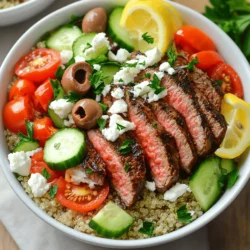 - Flanksteak und Gewürze - 450 g Flanksteak - 1 Teelöffel geräuchertes Paprikapulver - 1 Teelöffel Kreuzkümmel - 1 Teelöffel Knoblauchpulver - Salz und Pfeffer nach Geschmack - 2 Esslöffel Olivenöl Um das Steak perfekt zu würzen, nutze ich eine Mischung aus geräuchertem Paprikapulver, Kreuzkümmel und Knoblauchpulver. Diese Gewürze bringen einen reichen Geschmack. Ich mariniere das Steak mindestens 30 Minuten. So ziehen die Aromen gut ein. - Gemüse und Beilagen - 250 g Quinoa - 500 ml Gemüsebrühe - 150 g Kirschtomaten, halbiert - 1 Salatgurke, gewürfelt - 1 rote Paprika, gewürfelt - 75 g Kalamata-Oliven, entsteint und in Scheiben geschnitten Quinoa ist eine tolle Basis. Ich koche sie in Gemüsebrühe. Das macht sie noch schmackhafter. Frisches Gemüse wie Kirschtomaten, Gurken und Paprika bringt Farbe und Crunch. Die Oliven fügen einen salzigen Kick hinzu. - Toppings und Garnierungen - 75 g Feta-Käse, zerkrümelt - Frische Petersilie, gehackt - Zitronenschnitze zum Servieren Feta ist mein Lieblings-Topping. Er gibt den Bowls einen cremigen Geschmack. Frische Petersilie bringt Farbe und Frische. Ein Zitronenschnitz beim Servieren gibt den letzten Schliff. So wird jede Bowl frisch und lebendig. Um das Steak perfekt zu marinieren, mische zuerst die Gewürze. Nimm geräuchertes Paprikapulver, Kreuzkümmel, Knoblauchpulver, Salz und Pfeffer. Füge dann zwei Esslöffel Olivenöl hinzu. Vermenge alles gut in einer kleinen Schüssel. Reibe die Gewürzmischung gleichmäßig über das Flanksteak. Lass es mindestens 30 Minuten bei Zimmertemperatur marinieren. Das lässt die Aromen besser einziehen. Für die Quinoa bringe zuerst 500 ml Gemüsebrühe in einem mittleren Topf zum Kochen. Füge dann die 250 g gewaschene Quinoa hinzu. Reduziere die Hitze und decke den Topf ab. Lasse die Quinoa etwa 15 Minuten köcheln, bis die Flüssigkeit aufgesogen ist. Danach nimm den Topf vom Herd. Lockere die Quinoa mit einer Gabel auf. So wird sie fluffig und lecker. Heize den Grill oder die Grillpfanne auf mittlere bis hohe Hitze vor. Lege das marinierte Flanksteak auf den Grill. Grill es etwa 4-5 Minuten auf jeder Seite, bis es die gewünschte Garstufe erreicht hat. Für medium-rare ist das ideal. Nach dem Grillen lasse das Steak etwa 5 Minuten ruhen. Schneide es dann in dünne Streifen. Dadurch bleibt der Saft im Fleisch. Während das Steak ruht, bereite das Gemüse vor. Halbiere die Kirschtomaten und würfle die Gurke und rote Paprika. Schneide auch die Kalamata-Oliven in Scheiben. Mische das Gemüse in einer Schüssel. So hast du eine frische Salatmischung, die gut zu deinem Gericht passt. Nehme eine Schüssel und gib zuerst die fluffige Quinoa hinein. Darauf kommen die Steakstreifen. Verteile dann die Kirschtomaten, Gurke, rote Paprika und Oliven gleichmäßig. Achte darauf, dass alles schön aussieht und gut verteilt ist. So macht das Essen mehr Freude. Streue zerkrümelten Feta-Käse über jede Bowl. Das gibt eine schöne salzige Note. Garniere jede Bowl mit frischer Petersilie. Das sieht nicht nur gut aus, sondern bringt auch frischen Geschmack. Serviere zu jeder Bowl einen Zitronenschnitz. Damit kannst du das Gericht spritzig abrunden. Ein kleiner Spritzer Zitrone macht alles besser! - Gargrad testen: Um den perfekten Gargrad zu testen, benutze einen Fleischthermometer. Für medium-rare sollte das Steak 55–60 Grad Celsius erreichen. Drücke leicht auf das Steak. Es sollte leicht nachgeben, aber nicht zu weich sein. - Marinierzeit optimieren: Lass das Steak mindestens 30 Minuten marinieren. So können die Aromen gut einziehen. Wenn du mehr Zeit hast, mariniere es für mehrere Stunden oder sogar über Nacht. Das macht das Steak zarter und geschmackvoller. - Variationen für Reis und Getreide: Quinoa ist vielseitig. Probiere auch andere Getreide wie Bulgur oder Farro. Sie bieten verschiedene Texturen und Geschmäcker für deine Bowls. - Tipps gegen klebrige Quinoa: Um klebrige Quinoa zu vermeiden, wasche sie gut. Spüle sie unter kaltem Wasser ab, bevor du sie kochst. Das entfernt die Bitterstoffe und macht die Quinoa lockerer. - Wo man frische Zutaten findet: Besuche lokale Märkte für frisches Gemüse. Dort findest du oft bessere Optionen als im Supermarkt. Achte auf Saisonales, das ist frischer und günstiger. - Tipps für saisonale Anpassungen: Du kannst die Zutaten je nach Saison anpassen. Im Sommer sind Tomaten und Gurken toll. Im Herbst sind Kürbis und Rüben eine gute Wahl. So bleibt dein Gericht abwechslungsreich und lecker. {{image_4}} Wenn du auf Fleisch verzichten möchtest, gibt es leckere Optionen. - Tofu oder Tempeh: Diese sind tolle Fleischersatzstoffe. Mariniere sie ähnlich wie das Steak. So bekommst du einen tollen Geschmack. - Gemüse als Hauptbestandteil: Nutze dein Lieblingsgemüse. Zucchini, Auberginen oder Paprika sind großartig. Röste sie für mehr Geschmack. Du kannst die Basis deiner Bowl einfach ändern. - Alternativen zu Quinoa: Probiere Perlgraupen oder Buchweizen. Diese bieten verschiedene Texturen und Nährstoffe. - Reis oder Couscous verwenden: Reis ist einfach zu kochen. Couscous ist schnell zubereitet und passt gut zu den anderen Zutaten. Toppings machen deine Bowl spannend. - Weitere Käsearten: Parmesan oder Mozzarella bringen neue Aromen. Finde den Käse, der dir am besten gefällt. - Andere Nüsse und Samen: Walnüsse oder Sonnenblumenkerne geben einen crunchigen Biss. Sie sind auch gesund und lecker. Um dein Steak frisch zu halten, lege es in einen luftdichten Behälter. Der Kühlschrank ist ideal für die Aufbewahrung. Du kannst das Steak auch einfrieren. Wickel es gut in Frischhaltefolie, um Gefrierbrand zu vermeiden. Für Quinoa und Gemüse ist es wichtig, sie getrennt aufzubewahren. Quinoa bleibt in einem luftdichten Behälter bis zu einer Woche frisch. Das Gemüse solltest du in einem anderen Behälter lagern. Es bleibt so knackig und lecker. Die beste Methode, um dein Steak wiederzuwärmen, ist im Ofen. Heize den Ofen auf 120 Grad Celsius vor. Lege das Steak auf ein Backblech und decke es mit Alufolie ab. So bleibt es saftig. Nach etwa 10-15 Minuten ist es warm. Für die Mikrowelle kannst du das Steak in ein mikrowellengeeignetes Gefäß legen. Decke es locker mit einem Deckel ab. Erhitze es in kurzen Intervallen von 30 Sekunden. Achte darauf, dass es nicht zu trocken wird. Die Power Bowls bleiben im Kühlschrank etwa 3 Tage haltbar. Es ist wichtig, sie in einem luftdichten Behälter zu lagern. Wenn du sie einfrierst, kannst du sie bis zu 3 Monate aufbewahren. Achte darauf, die Schüsseln gut zu beschriften, damit du weißt, was drin ist. - Marinieren: Mische Paprikapulver, Kreuzkümmel, Knoblauchpulver, Salz, Pfeffer und Olivenöl. Reibe die Mischung auf das Flanksteak. Lass es mindestens 30 Minuten stehen. - Quinoa kochen: Koche Gemüsebrühe. Füge gewaschene Quinoa hinzu und koche sie 15 Minuten lang. Lockere sie mit einer Gabel auf. - Steak grillen: Heize den Grill vor. Grille das Steak 4-5 Minuten pro Seite. Lass es nach dem Grillen ruhen und schneide es in Streifen. - Gemüse vorbereiten: Halbiere die Kirschtomaten, würfele die Gurke und die Paprika. Mische alles in einer Schüssel. - Bowls anrichten: Gib Quinoa in eine Schüssel. Lege Steakstreifen und Gemüse darauf. - Mit Feta vollenden: Streue Feta über die Bowls und garniere sie mit Petersilie. - Mit Zitrone servieren: Füge einen Zitronenschnitz hinzu. Ja, du kannst das Rezept leicht anpassen. Hier sind einige Ideen: - Ersetze das Flanksteak durch Hähnchen oder Tofu. - Verwende andere Gewürze wie Oregano oder Thymian. - Tausche Quinoa gegen Reis oder Couscous aus. - Füge saisonales Gemüse hinzu, das du magst. Es gibt viele Alternativen: - Hähnchenbrust: Milder Geschmack, schnell zu grillen. - Rinderfilet: Zart und saftig, aber teurer. - Tofu: Ideal für eine vegetarische Option. - Lammfleisch: Gibt einen anderen Geschmack, sehr lecker. Die Bowls kann man gut lagern: - Im Kühlschrank: 3-4 Tage frisch halten. - Im Gefrierschrank: Maximal 2 Monate lagern. - Erwärmen: Am besten in der Mikrowelle oder im Ofen. Du hast gelernt, wie du köstliche Mediterranean Steak Power Bowls zubereitest. Wir haben die Hauptzutaten besprochen, die wichtige Zubereitungsschritte wie Marinieren und Grillen erklärt und nützliche Tipps geteilt. Denke daran, mit frischen Zutaten zu arbeiten und deine Bowls nach deinem Geschmack anzupassen. Experimentiere mit Variationen und genieße die Vielfalt. Diese nährstoffreichen Bowls sind einfach und lecker. Probiere sie aus und entdecke deine Favoriten!