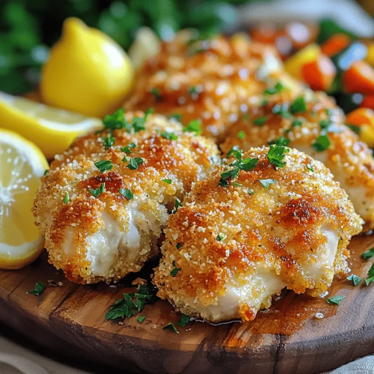 - 4 Hähnchenbrustfilets ohne Knochen und Haut - 1 Tasse geriebener Parmesan-Käse - 1 Tasse Semmelbrösel (Panko empfohlen) - 4 Knoblauchzehen, fein gehackt - 1 Teelöffel Zwiebelpulver - 1 Teelöffel Knoblauchpulver - 1/2 Teelöffel schwarzer Pfeffer - 1/2 Teelöffel Salz - 1/4 Tasse Olivenöl - 1/4 Teelöffel rote Paprikaflocken (optional) - 1/4 Tasse frische Petersilie, gehackt Um ein köstliches Knoblauch Parmesan Hähnchen zu machen, brauchen wir die besten Zutaten. Hähnchenbrustfilets sind perfekt, weil sie mager und zart sind. Parmesan-Käse gibt dem Gericht einen reichen Geschmack. Panko sorgt für die extra Knusprigkeit, die wir lieben. Dazu kommt unser star des Gerichts: frischer Knoblauch. Er bringt das Aroma, das wir alle schätzen. Zwiebelpulver und Knoblauchpulver fügen Tiefe hinzu. Salz und schwarzer Pfeffer runden die Aromen ab. Olivenöl hilft, die Kruste knusprig zu machen und alles zusammenzuhalten. Rote Paprikaflocken geben einen kleinen Kick, wenn du das magst. Zu guter Letzt macht frische Petersilie das Gericht schön und frisch. Mit diesen Zutaten kannst du ein einfaches und leckeres Gericht zaubern. Viel Spaß beim Kochen! Heize deinen Ofen auf 200°C (400°F) vor. Das gibt dir eine gute Grundlage. Lege ein Backblech mit Backpapier aus. So bleibt die Reinigung einfach. In einer großen Schüssel vermische den geriebenen Parmesan und die Semmelbrösel. Panko ist ideal für extra Knusprigkeit. Füge die Gewürze und den fein gehackten Knoblauch hinzu. Das gibt Geschmack und Aroma. Mische alles gut, bis die Zutaten gleichmäßig verteilt sind. Gieße das Olivenöl in eine separate Schüssel. Tauche jedes Hähnchenbrustfilet in das Öl. Achte darauf, dass es komplett bedeckt ist. Drücke dann das Filet in die Panade. So bleibt die Mischung gut haften. Lege die panierten Hähnchenbrustfilets auf das Backblech. Backe die Hähnchen 25-30 Minuten. Sie sollen goldbraun und durchgegart sein. Die Innentemperatur sollte mindestens 75°C (165°F) erreichen. Für extra Knusprigkeit schalte die Grillfunktion in den letzten 2-3 Minuten ein. Bleibe jedoch aufmerksam, damit es nicht anbrennt. Lass das Hähnchen nach dem Backen 5 Minuten ruhen, bevor du es servierst. Um das Knoblauch Parmesan Hähnchen perfekt knusprig zu machen, empfehle ich Panko. Panko sind japanische Semmelbrösel und sorgen für extra Crunch. Sie sind leichter und luftiger als normale Semmelbrösel. Ein weiterer Trick ist die Grillfunktion. Schalten Sie sie in den letzten 2-3 Minuten der Backzeit ein. Achten Sie dabei darauf, dass das Hähnchen nicht anbrennt. So wird die Panade goldbraun und knusprig. Die Innentemperatur ist wichtig. Prüfen Sie mit einem Thermometer, ob das Hähnchen 75°C (165°F) erreicht hat. So stellen Sie sicher, dass das Fleisch durch ist und saftig bleibt. Lassen Sie das Hähnchen nach dem Backen 5 Minuten ruhen. Dies hilft, die Säfte im Fleisch zu halten. So wird es zart und lecker. Für eine schöne Präsentation garnieren Sie das Hähnchen mit frischer Petersilie und Zitronenschnitzen. Das sieht nicht nur toll aus, sondern bringt auch Frische ins Gericht. Als Beilagen empfehle ich geröstetes Gemüse oder einen knackigen Salat. Diese Beilagen ergänzen das Hähnchen perfekt und sorgen für ein ausgewogenes Menü. {{image_4}} Möchtest du deinem Knoblauch Parmesan Hähnchen mehr Geschmack geben? Füge frische Kräuter hinzu. Thymian und Oregano passen gut. Sie geben dem Gericht Tiefe. Du kannst auch verschiedene Käsesorten verwenden. Mozzarella macht es cremig, während Cheddar einen kräftigen Geschmack bringt. Magst du es scharf? Dann füge rote Paprikaflocken oder Chili-Flocken hinzu. Diese kleinen Flocken bringen eine feurige Note. Sie harmonieren gut mit dem Knoblauch und Parmesan. Achte darauf, nicht zu viel zu nehmen. Ein kleiner Schuss reicht oft aus. Für eine vegetarische Variante kannst du Gemüse oder Tofu verwenden. Zucchini oder Auberginen sind gute Alternativen. Sie nehmen die Aromen gut auf. Tofu ist eine tolle Proteinquelle. Bereite das Gemüse oder den Tofu genauso vor wie das Hähnchen. So hast du ein leckeres Gericht für alle. Bewahre dein Knoblauch Parmesan Hähnchen in einem luftdichten Behälter auf. So bleibt es frisch. Es hält bis zu 3 Tage. Stelle sicher, dass der Behälter gut verschlossen ist. So bleibt der Geschmack erhalten. Um das Hähnchen einzufrieren, lasse es zuerst abkühlen. Wickle jedes Stück in Frischhaltefolie. Lege die eingewickelten Stücke in einen Gefrierbeutel. Drücke die Luft heraus, bevor du den Beutel schließt. So bleibt das Hähnchen bis zu 3 Monate frisch. Zum Auftauen lege es einfach über Nacht in den Kühlschrank. Du kannst es auch in der Mikrowelle auftauen. Um das Knoblauch Parmesan Hähnchen aufzuwärmen, benutze den Ofen. Heize ihn auf 180°C vor. Lege das Hähnchen auf ein Backblech. Decke es mit Alufolie ab, damit es nicht austrocknet. Erhitze es für etwa 15-20 Minuten. Du kannst auch die Mikrowelle verwenden. Stelle die Mikrowelle auf mittlere Leistung und erwärme das Hähnchen für 2-3 Minuten. Achte darauf, dass es gleichmäßig warm wird. Backe die Hähnchenbrustfilets für 25-30 Minuten. Die Innentemperatur sollte 75°C erreichen. Verwende ein Fleischthermometer, um sicherzustellen, dass es durchgegart ist. Wenn du die Hähnchenbrustfilets perfekt goldbraun möchtest, schalte die Grillfunktion für die letzten 2-3 Minuten ein. Achte darauf, dass sie nicht anbrennen. So bekommst du eine schöne, knusprige Kruste. Ja, du kannst die Semmelbrösel weglassen. Wenn du das tust, kannst du die Hähnchenbrustfilets einfach mit Parmesan und Gewürzen bestreuen. Eine andere Möglichkeit ist, die Hähnchenbrustfilets in Maisstärke zu tauchen. Das gibt eine knusprige Textur ohne Semmelbrösel. Du kannst auch gemahlene Nüsse oder Haferflocken verwenden, um eine glutenfreie Option zu haben. Zu Knoblauch Parmesan Hähnchen passen viele Beilagen. Du kannst geröstetes Gemüse wählen, wie Zucchini, Karotten oder Paprika. Ein frischer Salat mit Rucola und Tomaten ist auch lecker. Außerdem sind Kartoffeln oder Reis gute Optionen. Beides ergänzt die Aromen des Hähnchens gut. Garnieren mit frischer Petersilie bringt noch mehr Farbe auf den Teller. In diesem Artikel haben wir die besten Zutaten für Knoblauch Parmesan Hähnchen erkundet. Wir haben Schritt-für-Schritt-Anleitungen, Tipps zur perfekten Knusprigkeit und Variationen für jeden Geschmack besprochen. Denken Sie daran, frische Zutaten und gute Aufbewahrung können den Genuss erhöhen. Ein gutes Hähnchen braucht Zeit und die richtigen Schritte. Probieren Sie es aus und genießen Sie Ihr köstliches Gericht!