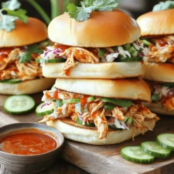 - 900 g Hähnchenschenkel, entbeint und ohne Haut - 240 ml süße Chilisauce - 4-6 Burgerbrötchen Die Hauptzutaten sind einfach zu finden. Hähnchenschenkel geben viel Geschmack. Süße Chilisauce bringt die richtige Süße und Schärfe. Burgerbrötchen sind perfekt, um alles zusammen zu halten. - 1 Esslöffel Sojasauce - 1 Esslöffel Reisessig - 1 Teelöffel gemahlener Ingwer - Salz und Pfeffer nach Geschmack Diese Gewürze sind leicht zu verwenden. Sojasauce fügt Tiefe hinzu. Reisessig bringt Frische. Ingwer gibt einen schönen Kick. Salz und Pfeffer verbessern den Geschmack. - Cole Slaw - Gurkenscheiben - Frische Korianderblätter Garnierungen machen die Sandwiches lebendig. Cole Slaw gibt Crunch und Frische. Gurkenscheiben sind knackig und kühl. Korianderblätter bringen einen frischen Geschmack. Diese Optionen sind einfach und machen Spaß. - Erhitze 1 Esslöffel Olivenöl in einer großen Pfanne bei mittlerer Hitze. - Füge 1 kleine, fein gehackte Zwiebel hinzu und brate sie, bis sie glasig ist. Das dauert etwa 5 Minuten. - Rühre 3 gehackte Knoblauchzehen ein und brate sie eine weitere Minute. So wird der Knoblauch duftend. - Gib 900 g Hähnchenschenkel in die Pfanne. Würze das Hähnchen mit Salz und Pfeffer. - Mische in einer Schüssel 240 ml süße Chilisauce, 1 Esslöffel Sojasauce, 1 Esslöffel Reisessig und 1 Teelöffel gemahlenen Ingwer. - Gieße diese Sauce über das Hähnchen in der Pfanne. - Decke die Pfanne ab. Lass das Hähnchen 30-40 Minuten bei niedriger Hitze köcheln. Es sollte zart und durchgegart sein. - Nimm das Hähnchen aus der Pfanne. Zerteile es mit zwei Gabeln in kleine Stücke. - Gib das zerrissene Hähnchen zurück in die Pfanne. Vermenge es gut mit der Sauce. - Lass das Hähnchen weitere 5 Minuten köcheln. Die Aromen verbinden sich dann gut. - Während das Hähnchen köchelt, röste die Burgerbrötchen bis sie goldbraun sind. - Nimm die untere Hälfte jedes Brötchens. Gib eine großzügige Portion des süß-scharfen Pulled Chicken darauf. - Garniere die Sandwiches nach Belieben mit Cole Slaw, Gurkenscheiben und frischen Korianderblättern. - Setze die obere Hälfte des Brötchens darauf. Deine Sandwiches sind jetzt bereit zum Servieren! Um das Hähnchen perfekt zuzubereiten, koche es bei niedriger Hitze. So bleibt das Fleisch saftig. Die richtige Garzeit beträgt etwa 30-40 Minuten. Achte darauf, dass es zart und durchgegart ist. Frische Kräuter machen einen großen Unterschied. Sie bringen mehr Aromen in dein Essen. Du kannst auch die Schärfe nach deinem Geschmack anpassen. Füge mehr oder weniger süße Chilisauce hinzu. So kannst du das Rezept nach deinem Wunsch gestalten. Präsentiere deine Sandwiches auf einem schönen Holzbrett. Das sieht gut aus und macht Lust auf mehr. Serviere zusätzlich kleine Schalen mit Cole Slaw. Das sorgt für eine bunte und ansprechende Präsentation. Du kannst auch mehr süße Chilisauce zum Dippen bereitstellen. So wird jede Portion besonders lecker! {{image_4}} Wenn du Abwechslung suchst, probiere Pulled Pork. Es hat einen reichen, herzhaften Geschmack. Du kannst auch vegetarische Alternativen nutzen. Zum Beispiel, benutze Jackfruit oder Linsen. Diese Optionen sind lecker und vielseitig. Die Soße macht das Sandwich besonders. Du kannst BBQ-Sauce verwenden. Diese gibt dem Hähnchen eine rauchige Note. Hoisin-Sauce ist eine weitere tolle Wahl. Sie bringt süße und salzige Aromen zusammen. Experimentiere mit beiden Soßen und finde deinen Favoriten. Beilagen steigern das Essenserlebnis. Süßkartoffelpommes sind knusprig und süß. Sie passen perfekt zu den Sandwiches. Ein gemischter Salat ist eine frische Ergänzung. Dieser bringt Farbe und Vitamine auf den Teller. Beide Beilagen sind einfach zuzubereiten und lecker. - Im Kühlschrank aufbewahren: Lass das Hähnchen abkühlen. Danach lege es in einen luftdichten Behälter. So bleibt es frisch. Du kannst die Sandwiches auch ganz machen und im Kühlschrank lagern. - Im Gefrierschrank lagern: Teile das zerrissene Hähnchen in Portionen auf. Lege es in Gefrierbeutel. Drücke die Luft heraus und verschließe sie gut. So hält es sich länger. - Haltbarkeit im Kühlschrank: Das Pulled Chicken bleibt frisch für etwa 3 bis 4 Tage. Achte darauf, es gut abzudecken. - Verwendung von Resten: Du kannst die Reste auf viele Arten verwenden. Füge sie zu Salaten hinzu oder serviere sie mit Reis. Mach eine Wrap-Variante oder genieße sie einfach pur. Die Zubereitung der Sandwiches dauert insgesamt etwa 1 Stunde. Die Vorbereitungszeit beträgt 15 Minuten. In dieser Zeit schneide die Zwiebel und den Knoblauch. Danach musst du das Hähnchen etwa 30 bis 40 Minuten köcheln lassen. Diese Zeit sorgt dafür, dass das Hähnchen zart wird und die Aromen gut durchziehen. Ja, du kannst das Rezept im Voraus zubereiten. Koche das Hähnchen und lass es abkühlen. Danach kannst du es in einem luftdichten Behälter im Kühlschrank lagern. Dort bleibt es für 3 bis 4 Tage frisch. Wenn du bereit bist zu essen, erwärme das Hähnchen in der Pfanne oder in der Mikrowelle. So hast du schnell ein leckeres Essen zur Hand. Du kannst die Schärfe leicht anpassen. Wenn du weniger Schärfe magst, verwende weniger süße Chilisauce. Du kannst auch etwas Honig oder Zucker hinzufügen, um die Schärfe auszugleichen. Eine milde Sojasauce kann ebenfalls helfen. Probiere verschiedene Mengen aus, um deine perfekte Balance zu finden. Zusammengefasst haben wir leckere Hähnchen-Sandwiches mit einfachen Zutaten gemacht. Wir haben die Hauptzutaten wie Hähnchenschenkel und süße Chilisauce besprochen. Die Zubereitung ist leicht und schnell. Tipps zur perfekten Konsistenz und Präsentation helfen dir, das Beste herauszuholen. Du kannst auch Variationen mit anderen Proteinen oder Soßen probieren. Denk daran, Reste richtig zu lagern. Mit dem Wissen aus diesem Artikel wirst du bald köstliche Sandwiches zaubern. Viel Spaß beim Kochen!