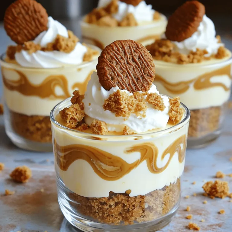 Für die No-Bake Biscoff Cheesecake Cups benötigst du folgende Hauptzutaten: - 200g Biscoff-Kekse, zerkrümelt - 100g ungesalzene Butter, geschmolzen - 400g Frischkäse, weich - 200ml Schlagsahne - 100g Puderzucker - 100g Biscoff-Aufstrich - 1 Teelöffel Vanilleextrakt - Eine Prise Salz - Zusätzliche Biscoff-Kekse zum Dekorieren Diese Zutaten bilden die Basis für den großartigen Geschmack und die cremige Textur. Biscoff-Kekse geben der Basis einen süßen, würzigen Geschmack. Sie sind das Herzstück dieses Rezepts. Die geschmolzene Butter hilft, die Keksbasis zu binden. Frischkäse sorgt für die cremige Füllung. Schlagsahne bringt Leichtigkeit und Luftigkeit in die Mischung. Puderzucker fügt die Süße hinzu, die wir lieben. Der Biscoff-Aufstrich verstärkt den Keks-Geschmack und macht die Füllung besonders lecker. Vanilleextrakt gibt einen feinen, warmen Geschmack. Eine Prise Salz hebt alle Aromen hervor und macht das Dessert noch schmackhafter. Falls du keine Biscoff-Kekse hast, kannst du andere Keksarten wie Spekulatius oder Butterkekse verwenden. Für eine glutenfreie Variante nutze glutenfreie Kekse. Wenn du keinen Frischkäse magst, probiere Mascarpone oder Quark. Statt dem Biscoff-Aufstrich kannst du Erdnussbutter oder Nutella verwenden. Diese Alternativen ändern den Geschmack, aber sie sind ebenfalls lecker! Zuerst brauchst du die Keksbasis für deine Becher. Nimm 200g Biscoff-Kekse und zerkrümle sie. Das kannst du mit einem Mixer oder einem Nudelholz machen. Mische die zerkrümelten Kekse mit 100g geschmolzener Butter in einer Rührschüssel. Rühre alles gut um, bis die Mischung feucht ist. Jetzt verteile die Keks-Mischung gleichmäßig auf die Serviergläser. Drücke die Mischung sanft an, damit sie fest wird. Stelle die Becher für 15 Minuten in den Kühlschrank. Jetzt kommt der leckere Teil: die Cheesecake-Füllung. In einer großen Schüssel schlägst du 400g weichen Frischkäse mit einem Mixer cremig. Achte darauf, dass keine Klumpen bleiben. Füge dann 200ml Schlagsahne, 100g Puderzucker, 100g Biscoff-Aufstrich, 1 Teelöffel Vanilleextrakt und eine Prise Salz hinzu. Mische alles zuerst langsam, dann schnell für 3-4 Minuten. Die Füllung sollte leicht und luftig sein. Nimm die Becher aus dem Kühlschrank. Jetzt löffelst du die Cheesecake-Mischung auf die Keksbasis in jedem Becher. Fülle sie bis zur Hälfte. Nimm dann etwas Biscoff-Aufstrich und setze kleine Kleckse auf die Füllung. Verwende einen Zahnstocher, um die Kleckse leicht zu vermischen. Das sorgt für einen schönen Marmoreffekt. Stelle die Becher für mindestens 4 Stunden in den Kühlschrank, damit sie fest werden. Vor dem Servieren streue zerbröselte Biscoff-Kekse obenauf. So sieht es noch appetitlicher aus! Um die perfekte Konsistenz für deine Cheesecake-Becher zu erreichen, achte auf die Zutaten. Verwende weichen Frischkäse, damit die Mischung glatt wird. Schlage die Sahne nicht zu lange, damit sie nicht gerinnt. Eine leichte und luftige Füllung ist das Ziel. Wenn du die Mischung zu lange schlägst, wird sie fest und schwer. Ein elektrischer Mixer ist ein Muss für diese Cheesecake-Becher. Er hilft dir, den Frischkäse gleichmäßig und schnell zu cremigen. Außerdem solltest du Schüsseln in verschiedenen Größen bereithalten. Eine kleine Schüssel ist ideal für die Keksbasis, während eine große Schüssel für die Füllung reicht. Ein Zahnstocher oder ein kleiner Löffel ist nützlich, um den Biscoff-Aufstrich zu marmorieren. Vermeide es, die Kekse zu grob zu zerkrümeln. Eine feine Krümelbasis sorgt für eine bessere Struktur. Stelle sicher, dass die Butter gut geschmolzen ist, damit die Keksbasis gut zusammenhält. Lasse die Becher ausreichend im Kühlschrank, damit sie fest werden. Wenn du sie zu früh servierst, laufen sie auseinander. {{image_4}} Du kannst die Biscoff Cheesecake Cups leicht anpassen. Probiere zum Beispiel, die Biscoff-Kekse durch Oreos zu ersetzen. Das bringt einen schokoladigen Geschmack. Du kannst auch verschiedene Aufstriche nutzen, wie Nutella oder Erdnussbutter. Diese Optionen geben dir neue und spannende Geschmäcker. Wenn du weniger machen möchtest, teile die Zutaten einfach durch zwei. Für mehr Portionen verdopple die Zutaten. Kleine Gläser sind perfekt für eine Party. So kann jeder einen eigenen Becher genießen. Diese Anpassungen machen das Rezept flexibel für jeden Anlass. Für eine besondere Feier kannst du die Becher kreativ dekorieren. Füge frische Früchte wie Himbeeren oder Erdbeeren obenauf hinzu. Du kannst auch Schokoladensauce oder Karamellsoße darüber träufeln. Für den letzten Schliff lege einen ganzen Biscoff-Keks auf jeden Becher. Das sieht toll aus und macht den Genuss noch besser. Um die Cheesecake Becher frisch zu halten, decke sie gut ab. Du kannst Frischhaltefolie oder einen Deckel verwenden. So bleibt die Füllung cremig und die Kekse knusprig. Stelle die Becher im Kühlschrank auf. Die Biscoff Cheesecake Becher halten sich im Kühlschrank bis zu 5 Tage. Achte darauf, dass sie gut abgedeckt sind. Nach dieser Zeit kann die Konsistenz leiden. Die Becher sind dann nicht mehr so lecker. Ja, du kannst die Cheesecake Becher einfrieren. Stelle sicher, dass sie gut abgedeckt sind. Am besten ist es, sie in einem luftdichten Behälter zu lagern. So bleiben sie bis zu 2 Monate haltbar. Wenn du sie genießen möchtest, lasse sie über Nacht im Kühlschrank auftauen. Ja, du kannst andere Kekse nutzen. Oreo-Kekse oder Graham Crackers sind gute Alternativen. Sie geben dem Käsekuchen einen neuen Geschmack. Achte darauf, die Kekse gut zu zerkrümeln. So bleibt die Basis fest und lecker. Die Becher sollten mindestens vier Stunden im Kühlschrank stehen. So wird die Füllung fest und cremig. Du kannst sie auch über Nacht lassen. Das gibt den Aromen Zeit, sich gut zu vermischen. Die Biscoff-Kekse enthalten Gluten, also ist der Käsekuchen nicht glutenfrei. Wenn du eine glutenfreie Version machen möchtest, nutze glutenfreie Kekse. Achte auch auf glutenfreie Butter und andere Zutaten. So kannst du den Käsekuchen genießen, ohne auf Gluten zu stoßen. Die Biscoff Cheesecake Becher kombinieren knusprige Kekse mit cremiger Füllung. Wir haben die Hauptzutaten, ihre Alternativen und die wichtigen Schritte zur Zubereitung besprochen. Mit nützlichen Tipps und Varianten kannst du die Becher anpassen. Vergiss nicht, sie richtig zu lagern, damit sie frisch bleiben. Experimentiere mit Geschmäckern und genieße dein Dessert. Jetzt bist du bereit, deine eigenen Becher zu zaubern!