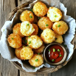 Für die perfekten Käsebissen brauchst du folgende Hauptzutaten: - 2 Tassen vorbereitete, vorzugsweise gekühlte, Kartoffelmasse - 1 Tasse geriebener Cheddar-Käse - 1/2 Tasse geriebener Parmesan-Käse - 1/4 Tasse grüne Zwiebeln, fein gehackt Diese Zutaten geben den Bissen ihren köstlichen Geschmack und die richtige Konsistenz. Die Kartoffelmasse sollte gut abgekühlt sein. So lassen sich die Bällchen einfacher formen. Um den Geschmack zu verstärken, füge diese Zutaten hinzu: - 1/2 Teelöffel Knoblauchpulver - 1/2 Teelöffel Zwiebelpulver - Salz und Pfeffer nach Geschmack Knoblauch- und Zwiebelpulver sind großartige Gewürze. Sie verleihen den Bissen ein tolles Aroma. Achte darauf, die Gewürze gut zu mischen, damit der Geschmack gleichmäßig verteilt ist. Du benötigst einige Utensilien, um die Käsebissen zuzubereiten: - Große Rührschüssel - Teller oder Backblech - Flache Schüssel für Semmelbrösel - Flache Schüssel für verquirlte Eier - Tiefe Pfanne oder Frittiergerät - Schaumlöffel Diese Utensilien helfen dir, die Käsebissen einfach zuzubereiten. Stelle sicher, dass du alles vorher bereit hast. So wird das Kochen viel einfacher und schneller. Zuerst müssen wir die Mischung vorbereiten. Nimm eine große Rührschüssel. Gib die gekühlte Kartoffelmasse hinein. Füge den geriebenen Cheddar und den Parmesan hinzu. Dann kommen die gehackten grünen Zwiebeln dazu. Jetzt ist es Zeit für die Gewürze. Streue das Knoblauchpulver und das Zwiebelpulver hinein. Vergiss nicht, Salz und Pfeffer nach Geschmack zuzufügen. Rühre alles gut um, bis die Zutaten gleichmäßig verteilt sind. Diese Mischung ist die Grundlage für unsere leckeren Bissen. Jetzt formen wir die Bällchen. Nimm eine kleine Menge der Mischung in deine Hand. Rolle sie zu einer Kugel von etwa 2,5 cm Durchmesser. Lege die Bällchen auf einen Teller oder ein Backblech. Danach richte eine Panierstation ein. Gib die Semmelbrösel in eine flache Schüssel. In eine andere Schüssel kommen die verquirlten Eier. Tauche jedes Bällchen zuerst in die Eier. Dann wälze es in den Semmelbröseln. Achte darauf, dass sie gleichmäßig bedeckt sind. Wiederhole diesen Schritt für alle Bällchen. Nun frittieren wir die Bissen. Erhitze das Öl in einer tiefen Pfanne oder einem Frittiergerät. Die Temperatur sollte etwa 180°C betragen. Sobald das Öl heiß ist, lege vorsichtig einige Bällchen hinein. Überfülle die Pfanne nicht, damit sie gut garen. Frittiere die Bissen für etwa 3-4 Minuten pro Seite. Sie sollten goldbraun und knusprig sein. Nutze einen Schaumlöffel, um die Bissen herauszunehmen. Lege sie auf einen Teller mit Küchenpapier, um das überschüssige Öl abtropfen zu lassen. Serviere die Bissen warm als köstlichen Snack! Um die perfekte Knusprigkeit zu erzielen, verwenden Sie Panko-Semmelbrösel. Diese sind gröber und sorgen für mehr Crunch. Achten Sie darauf, die Bällchen gleichmäßig mit Semmelbröseln zu bedecken. Lassen Sie die panierten Bällchen kurz ruhen, bevor Sie sie frittieren. Das hilft, die Panade besser zu setzen. Frittieren Sie bei der richtigen Temperatur von etwa 180°C. Ist das Öl zu kalt, werden die Bites nicht knusprig. Zu heißes Öl verbrennt die Außenschicht, bevor die Innenseite gar ist. Knoblauch- und Zwiebelpulver verleihen den Käsebissen einen tollen Geschmack. Zu viel kann jedoch überwältigend sein. Halten Sie sich an die angegebenen Mengen. Ein halber Teelöffel pro Portion reicht, um einen feinen Geschmack zu erzielen. Diese Gewürze wirken am besten, wenn Sie sie mit den anderen Zutaten gut vermischen. So verteilt sich der Geschmack gleichmäßig. Ein häufiges Problem beim Frittieren ist das Überfüllen der Pfanne. Wenn zu viele Bällchen auf einmal ins Öl kommen, sinkt die Temperatur. Dies führt zu fettigen und matschigen Bissen. Frittieren Sie daher in kleinen Portionen. Nutzen Sie einen Schaumlöffel, um die Bällchen vorsichtig zu wenden. So werden sie gleichmäßig goldbraun. Achten Sie darauf, die Bällchen nach dem Frittieren auf Küchenpapier abzulegen. Das fängt das überschüssige Öl auf. {{image_4}} Für vegane Käsebissen können Sie pflanzliche Käsealternativen verwenden. Es gibt viele tolle Optionen. Wählen Sie einen geschmolzenen veganen Käse, der gut schmilzt. Sie können auch Nusskäse ausprobieren, um einen besonderen Geschmack zu erzielen. Diese Optionen machen Ihre Bissen lecker und tierfreundlich. Um den Geschmack zu steigern, fügen Sie verschiedene Zutaten hinzu. Zum Beispiel können Sie geröstete Paprika oder Oliven hinzufügen. Auch frische Kräuter wie Petersilie oder Basilikum geben einen frischen Kick. Ein Hauch von Chili oder Cayennepfeffer sorgt für eine würzige Note. Experimentieren Sie mit verschiedenen Zutaten, um Ihre perfekten Bissen zu finden. Die Wahl der Dips kann das Snack-Erlebnis komplett verändern. Klassischer Ketchup ist immer ein Hit. Probieren Sie auch scharfen Senf oder eine würzige Salsa. Für etwas Cremiges passt Ranch-Dressing oder ein Joghurt-Dip. Wenn Sie es scharf mögen, ist Sriracha eine tolle Wahl. Diese Dips sind nicht nur lecker, sondern bringen Abwechslung in Ihr Gericht. Um die Käsebissen frisch zu halten, sollten Sie sie schnell abkühlen lassen. Legen Sie die Bissen auf einen Teller und decken Sie sie mit Frischhaltefolie ab. Im Kühlschrank halten sie sich bis zu drei Tage. Wenn Sie die Bissen einfrieren möchten, legen Sie sie auf ein Backblech. Frieren Sie sie für etwa eine Stunde ein, bis sie fest sind. Danach können Sie die Bissen in einen gefrierfesten Beutel geben. So bleiben sie bis zu drei Monate haltbar. Um die Bissen wieder aufzuwärmen, heizen Sie den Ofen auf 180 Grad Celsius vor. Legen Sie die Bissen auf ein Backblech. Backen Sie sie für etwa 10 bis 15 Minuten, bis sie knusprig sind. Alternativ können Sie die Bissen auch in einer Pfanne leicht anbraten. So werden sie wieder warm und knusprig. Die übrig gebliebenen Käsebissen sind im Kühlschrank etwa drei Tage genießbar. Achten Sie darauf, sie in einem luftdichten Behälter zu lagern. Wenn Sie die Bissen eingefroren haben, können Sie sie bis zu drei Monate aufbewahren. Überprüfen Sie die Bissen vor dem Verzehr. Wenn sie seltsam riechen oder ihre Farbe ändern, sollten Sie sie wegwerfen. Um die Käsebissen glutenfrei zu machen, wähle glutenfreie Semmelbrösel. Du kannst auch gemahlene Mandeln oder Maismehl verwenden. Diese Alternativen sorgen für eine gute Textur. Achte darauf, dass auch die Kartoffelmasse und alle anderen Zutaten glutenfrei sind. Wenn du Panko nicht hast, nimm normale Semmelbrösel. Du kannst auch zerbröselte Cornflakes oder Haferflocken verwenden. Diese geben den Bissen eine schöne Knusprigkeit. Wähle die Option, die dir am besten schmeckt. Ja, du kannst die Bällchen im Backofen machen. Heize den Ofen auf 200 °C vor. Lege die Bällchen auf ein Backblech und sprühe sie leicht mit Öl ein. Backe sie für 20-25 Minuten oder bis sie goldbraun sind. Das gibt dir eine gesündere Option, die trotzdem lecker ist. Diese Anleitung zeigt, wie man köstliche Käsebissen zubereitet. Wir haben die wichtigen Zutaten besprochen sowie nützliche Tipps für perfekte Knusprigkeit gegeben. Variationen ermöglichen es Ihnen, neue Geschmäcker zu erkunden. Lagerungshinweise helfen, die Bällchen frisch zu halten. Bei Fragen zu Alternativen oder Zubereitungsmethoden sind die häufigsten Fragen beantwortet. Genießen Sie die Vielfalt an Rezepten und Kreationen! So machen Sie jeden Bissen zu einem Genuss.