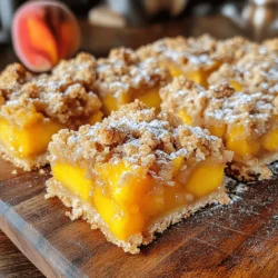 Für köstliche Pfirsich-Crumble-Riegel brauchst du diese Zutaten: - 2 Tassen frische Pfirsiche, geschält und gewürfelt - 1 Tasse Weizenmehl - 1 Tasse Haferflocken - 1/2 Tasse brauner Zucker, fest gepackt - 1/2 Tasse Kristallzucker - 1/2 Tasse ungesalzene Butter, geschmolzen - 1 Teelöffel Vanilleextrakt - 1/2 Teelöffel Zimt - 1/4 Teelöffel Salz - 1 Esslöffel Zitronensaft - 1 Esslöffel Speisestärke Wenn du frische Pfirsiche auswählst, achte auf folgende Punkte: - Wähle Pfirsiche mit einer glatten Haut. - Sie sollten leicht nachgeben, wenn du sie drückst. - Vermeide beschädigte oder faule Früchte. - Der Duft sollte süß und fruchtig sein. - Saisonale Pfirsiche sind meist die besten. Falls du einige Zutaten nicht hast, hier sind gute Alternativen: - Statt Weizenmehl, verwende Hafermehl oder Mandelmehl. - Du kannst auch Honig oder Agavendicksaft anstelle von Zucker nutzen. - Für eine vegane Option, ersetze die Butter durch Kokosöl. - Statt frischer Pfirsiche, probiere Dosenpfirsiche oder andere Früchte. Heiz deinen Ofen auf 175°C vor. Fette eine 20x20 cm große Backform ein oder benutze Backpapier. Dies hilft beim Herausnehmen der Riegel. Es ist wichtig, dass der Boden gut vorbereitet ist, um die perfekte Kruste zu schaffen. Nimm eine mittelgroße Schüssel. Mische die gewürfelten Pfirsiche, Zitronensaft, Speisestärke und zwei Esslöffel Kristallzucker. Rühre vorsichtig um, damit die Pfirsiche gleichmäßig beschichtet sind. Lasse die Mischung etwas stehen, damit die Aromen gut durchziehen. In einer großen Rührschüssel vermenge Weizenmehl, Haferflocken, braunen Zucker, den restlichen Kristallzucker, Zimt und Salz. Gieße die geschmolzene Butter und den Vanilleextrakt dazu. Rühre die Mischung gut um, bis sie krümelig ist. Die Konsistenz sollte an nassen Sand erinnern. Bewahre eine Tasse der Mischung für das Topping auf. Drücke die verbleibende Mischung gleichmäßig in den Boden der Backform. Backe die Kruste für 12-15 Minuten, bis sie leicht goldbraun ist. Nimm die Form aus dem Ofen und verteile die Pfirsichfüllung gleichmäßig darauf. Streue die aufbewahrte Streusel-Mischung großzügig über die Pfirsiche. Backe die Riegel weitere 25-30 Minuten, bis das Topping goldbraun ist. Lass die Riegel dann mindestens 30 Minuten in der Form abkühlen. Um die Pfirsich-Crumble-Bars perfekt hinzubekommen, gibt es einige wichtige Punkte. Erstens, wähle reife Pfirsiche. Sie geben den Riegeln den besten Geschmack. Zweitens, achte darauf, die Mischung für die Kruste gut zu vermengen. Sie sollte krümelig sein, aber nicht zu trocken. Drittens, backe die Kruste vor dem Hinzufügen der Pfirsiche. So bleibt sie knusprig. Ein häufiger Fehler ist, die Pfirsiche zu stark zu zerdrücken. Das macht die Füllung matschig. Ein weiterer Fehler ist, die Riegel nicht lange genug abkühlen zu lassen. Wenn du sie zu früh schneidest, zerfallen sie. Stelle auch sicher, dass du die richtige Backform verwendest. Eine 20x20 cm Form ist ideal. Lass die Riegel mindestens 30 Minuten abkühlen. So setzen sie sich gut und lassen sich besser schneiden. Verwende ein scharfes Messer, um gleichmäßige Stücke zu erhalten. Wenn du die Riegel noch kühler willst, lege sie für eine kurze Zeit in den Kühlschrank. Das hilft, die Struktur zu festigen und macht das Servieren einfacher. {{image_4}} Wenn du keine Pfirsiche hast, kannst du auch andere Früchte verwenden. Äpfel und Birnen sind tolle Alternativen. Sie geben den Riegeln eine süße und saftige Textur. Du kannst auch Beeren wie Himbeeren oder Heidelbeeren nehmen. Diese Früchte bringen eine frische Note und passen gut zu Zimt. Für eine vegane Version kannst du die Butter durch Kokosöl oder vegane Margarine ersetzen. Achte darauf, dass der Zucker vegan ist. Für glutenfreie Riegel nutze glutenfreies Mehl und Haferflocken. Diese Zutaten funktionieren gut und geben den Riegeln den gleichen köstlichen Geschmack. Du kannst die Riegel noch interessanter machen. Füge Nüsse oder Kokosraspel zum Topping hinzu. Diese sorgen für einen knackigen Biss. Ein Hauch von Muskatnuss oder Ingwer kann auch die Aromen vertiefen. Experimentiere mit verschiedenen Kombinationen, um deine perfekten Pfirsich-Crumble-Riegel zu kreieren! Um die Pfirsich-Crumble-Riegel frisch zu halten, lagere sie in einem luftdichten Behälter. Ein Behälter aus Glas oder Plastik eignet sich gut. Stelle sicher, dass die Riegel vollständig abgekühlt sind, bevor du sie verpackst. So verhinderst du, dass sie matschig werden. Bewahre die Riegel bei Raumtemperatur auf, wenn du sie innerhalb von ein paar Tagen essen willst. Die Riegel bleiben bei richtiger Lagerung etwa 4 bis 5 Tage frisch. Nach dieser Zeit können sie an Geschmack verlieren. Achte darauf, dass der Behälter immer gut verschlossen ist. So erhältst du den besten Geschmack und die beste Textur. Wenn du die Riegel länger aufbewahren möchtest, friere sie ein. Schneide die Riegel in Portionen und lege sie in einen gefrierfesten Beutel. Vergiss nicht, das Datum darauf zu schreiben. So kannst du sie später einfach identifizieren. Zum Auftauen lege die Riegel einfach in den Kühlschrank oder lasse sie bei Raumtemperatur. Warte ein wenig, bis sie weich sind, bevor du sie genießt. Das Backen der Pfirsich-Crumble-Riegel dauert insgesamt etwa 40 bis 45 Minuten. Zuerst backst du die Kruste für 12 bis 15 Minuten, bis sie goldbraun ist. Danach fügst du die Pfirsichfüllung hinzu und backst alles weitere 25 bis 30 Minuten. Achte darauf, dass das Topping schön goldbraun ist. Ja, du kannst die Riegel im Voraus zubereiten. Backe die Riegel und lasse sie abkühlen. Danach kannst du sie in einem luftdichten Behälter im Kühlschrank aufbewahren. Sie bleiben so bis zu fünf Tage frisch. Du kannst sie auch einfrieren, um sie länger haltbar zu machen. Wenn du zu viele Pfirsiche hast, sind die Riegel eine tolle Lösung. Du kannst die Pfirsiche auch einfrieren. Schäle und schneide die Pfirsiche und lege sie in einen Gefrierbeutel. So hast du immer frische Pfirsiche für deine nächsten Riegel parat. Alternativ kannst du auch andere Früchte verwenden, wenn du kreativ werden möchtest. In diesem Artikel haben wir uns mit der Zubereitung von Pfirsich-Crumble-Riegeln beschäftigt. Wir haben die Zutatenliste und die richtigen Tipps zur Auswahl frischer Pfirsiche durchgehen. Außerdem habe ich gezeigt, wie man die Riegel Schritt für Schritt zubereitet und teilt nützliche Tipps zur Perfektionierung. Variationen und Lagerungshinweise helfen dir, das Beste aus deinem Rezept herauszuholen. Es ist einfach, die Riegel nach deinem Geschmack zu verändern. Experimentiere, und genieße die Ergebnisse!