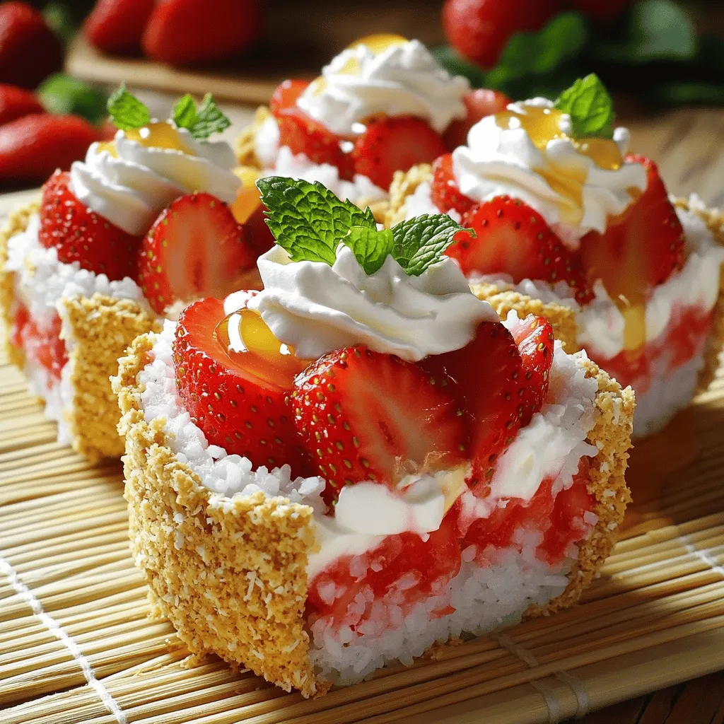 - 1 Tasse Sushi-Reis - 1 ½ Tassen Kokosmilch - 1 Tasse frische Erdbeeren, entkelcht und in Scheiben geschnitten - 2 Esslöffel Zucker und 1 Teelöffel Vanilleextrakt - ½ Tasse Schlagsahne und 2 Esslöffel zerbröselte Graham-Cracker - 1 Teelöffel Zitronenschale Für unser No-Bake Strawberry Shortcake Sushi brauchen wir frische und leckere Zutaten. Sushi-Reis ist die Basis. Er sorgt für die richtige Konsistenz. Kokosmilch bringt einen tollen Geschmack. Sie macht das Sushi cremig und süß. Frische Erdbeeren sind ein Muss. Sie geben Frische und Farbe. Zusätzlich verwenden wir Zucker und Vanilleextrakt. Diese Zutaten machen den Reis süßer und aromatischer. Schlagsahne ist wichtig, um das Sushi zu füllen. Sie sorgt für eine luftige Textur. Die zerbröselten Graham-Cracker imitieren den Geschmack von Shortcake. Sie bringen Crunch und machen das Sushi spannend. Die Zitronenschale fügt eine feine Zitrusnote hinzu. Mit diesen Zutaten wird dein Sushi ein echter Hit! Zuerst spüle den Sushi-Reis unter kaltem Wasser. Das Wasser sollte klar sein. Dadurch entfernst du die überschüssige Stärke. Dies hilft, die richtige Konsistenz beim Kochen zu erreichen. Gib den gewaschenen Reis in einen Topf. Füge 1 ½ Tassen Kokosmilch, 2 Esslöffel Zucker und eine Prise Salz hinzu. Koche alles auf hoher Hitze. Reduziere dann die Hitze und decke den Topf ab. Lass den Reis 15 bis 20 Minuten köcheln. Der Reis sollte zart sein und die Flüssigkeit aufnehmen. Nach dem Kochen nimm den Topf vom Herd. Lass den Reis 10 Minuten abgedeckt ruhen. Dies hilft, den Reis weiter zu dämpfen. Lockere den Reis mit einer Gabel auf. Mische dann 1 Teelöffel Vanilleextrakt und 1 Teelöffel Zitronenschale unter. Lass den Reis auf Zimmertemperatur abkühlen. Bereite deine Bambus-Sushi-Matte vor. Lege sie flach auf eine saubere Oberfläche. Decke sie mit Frischhaltefolie ab. Dies macht die Reinigung einfacher. Drücke nun eine großzügige Schicht des Kokosreises gleichmäßig auf die Matte. Lasse am oberen Rand etwa einen Zoll frei. So kannst du die Rolle später besser verschließen. In der Mitte des Reises lege einige Erdbeerscheiben. Gib dann einen Klecks Schlagsahne darauf. Streue die zerbröselten Graham-Cracker darüber. Diese sorgen für die Textur eines Shortcakes. Rolle das Sushi vorsichtig von dir weg. Nutze die Matte, um die Rolle fest zu formen. Wenn du das freie Ende erreichst, befeuchte es leicht. So bleibt die Rolle geschlossen. Verwende ein scharfes Messer, um die Rolle in mundgerechte Stücke zu schneiden. Ideal sind Stücke von etwa 2,5 cm. Arrangiere die Stücke auf einer Servierplatte. Du kannst zusätzliche Erdbeeren oder Schlagsahne in einer separaten Schüssel zum Dippen hinzufügen. Für eine schöne Präsentation träufle etwas Honig über die Sushi-Rollen. Dekoriere mit frischen Minzblättern. So wird das Gericht noch ansprechender. Warum Spülen wichtig ist Das Spülen des Sushi-Reises ist der erste Schritt zu einem guten Ergebnis. Es entfernt die überschüssige Stärke. Das sorgt dafür, dass der Reis beim Kochen nicht klebrig wird. Du solltest den Reis unter kaltem Wasser abspülen, bis das Wasser klar ist. So erhältst du eine schöne, lockere Konsistenz. Abkühldauer und Mischung Nach dem Kochen lasse den Reis etwa 10 Minuten ruhen. Das Dämpfen hilft, die perfekte Textur zu erzielen. Verwende eine Gabel, um den Reis aufzulockern. Füge dann Vanilleextrakt und Zitronenschale hinzu. Diese Mischung gibt dem Reis einen tollen Geschmack und macht ihn noch interessanter. Wie man fest rollt Die Rolltechnik ist entscheidend für dein Sushi. Drücke den Reis gleichmäßig auf die Matte. Lass am oberen Rand etwas Platz, um die Rolle später zu schließen. Wenn du die Rolle von dir weg rollst, benutze die Matte, um Druck auszuüben. So bleibt die Rolle fest und gut geformt. Vermeidung von Bruch Ein häufiger Fehler ist zu fest zu rollen. Das kann den Reis brechen. Achte darauf, gleichmäßigen Druck auszuüben. Feuchte den oberen Rand leicht an, bevor du die Rolle schließt. Dadurch bleibt alles an Ort und Stelle. Das macht die Präsentation schöner und das Essen leichter. {{image_4}} Du kannst diesen leckeren Genuss mit anderen Früchten anpassen. Probier Pfirsiche oder Bananen aus. Sie bringen eine süße Note und eine schöne Textur. Ein Beerenmix ist ebenfalls eine tolle Alternative. Himbeeren, Heidelbeeren oder Brombeeren geben dem Sushi mehr Farbe und Geschmack. Schneide die Früchte klein, damit sie gut in die Rolle passen. Wenn du allergisch bist oder spezielle Diäten hast, gibt es gute Optionen. Nutze glutenfreie Graham-Cracker für die Kruste. Das macht das Rezept sicher für glutenempfindliche Personen. Du kannst auch vegane Alternativen zur Schlagsahne verwenden. Schlagsahne auf Kokosbasis ist eine großartige Wahl. Sie sorgt für einen cremigen Geschmack ohne tierische Produkte. Um deine No-Bake Strawberry Shortcake Sushi frisch zu halten, lege sie in den Kühlschrank. So bleiben die Aromen und die Textur gut. Verwende einen luftdichten Behälter, um die Sushi-Rollen zu schützen. So vermeidest du, dass sie austrocknen oder Gerüche aufnehmen. Die optimale Lagerungsbedingung ist bei etwa 4 Grad Celsius. Das hält die Erdbeeren frisch und die Sahne lecker. Wenn du die Sushi-Rollen vor dem Servieren kühl hältst, sind sie am besten. Die Reste deiner Sushi halten etwa 2 bis 3 Tage im Kühlschrank. Achte darauf, sie in einem luftdichten Behälter aufzubewahren. So bleiben sie länger genießbar und frisch. Du kannst die Zutaten auch wiederverwenden. Zum Beispiel kannst du den Reis für andere Sushi-Rollen nutzen oder die Erdbeeren in einem Dessert verwenden. Das macht das Kochen einfacher und reduziert Abfall. Dieses Rezept ergibt vier Portionen. Jede Portion ist eine kleine Rolle. Wenn du mehr Gäste hast, kannst du die Zutaten einfach verdoppeln. So hast du genug für alle. Denke daran, dass die Größe der Portionen variieren kann. Wenn du kleinere Stücke schneidest, bekommst du mehr Portionen. Ja, du kannst dieses Rezept im Voraus machen. Bereite die Sushi-Rollen am Tag vorher vor. Lagere sie im Kühlschrank, damit sie frisch bleiben. Wickel die Rollen gut in Frischhaltefolie ein. So trocknen sie nicht aus. Du kannst die Rollen auch am Tag selber machen und dann für etwa eine Stunde kühlen. So schmecken sie am besten. Ja, du kannst verschiedene Geschmäcker ausprobieren. Zum Beispiel, füge Pfirsiche oder Bananen hinzu. Diese Früchte passen gut zu den Erdbeeren. Du kannst auch einen Beerenmix verwenden. So wird dein Sushi bunter und interessanter. Misch einfach die Früchte, die du magst. So machst du dein Gericht einzigartig. Das Rezept für Sushi mit Erdbeeren bietet einfache Schritte und tolle Tipps. Du lernst, wie man Sushi-Reis richtig kocht und die Sushi-Rollen perfekt zubereitet. Die vielen Variationen machen es spannend, und du kannst mit verschiedenen Früchten experimentieren. Darüber hinaus helfen dir die Lagerungshinweise, deine Leckerei frisch zu halten. Probiere es aus und genieße dein fruchtiges Sushi in vollen Zügen. Kochen und kreative Variationen machen Spaß und bringen Freude in die Küche.