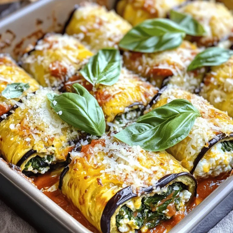 - 2 mittelgroße Auberginen, längs in dünne Scheiben geschnitten - 1 Tasse Ricotta-Käse - 1 Tasse frischer Spinat, grob gehackt Auberginen sind die Hauptzutat. Sie geben dem Gericht seine Form. Ricotta-Käse bringt eine cremige Textur. Der frische Spinat fügt Nährstoffe und Farbe hinzu. - 1 Tasse marinara Sauce (zuckerarm) - 1 Knoblauchzehe, fein gehackt - 1/4 Tasse frisches Basilikum, gehackt Eine zuckerarme Marinara Sauce sorgt für Geschmack ohne zusätzliche Kalorien. Knoblauch gibt dem Gericht Tiefe. Basilikum bringt ein frisches Aroma. - 1/2 Tasse geriebener Parmesan für die Dekoration - 1 Teelöffel Olivenöl - Salz und Pfeffer nach Geschmack Geriebener Parmesan macht die Rollatini besonders lecker. Ein Spritzer Olivenöl verfeinert die Auberginen. Salz und Pfeffer sind wichtig für den perfekten Geschmack. Heize deinen Ofen auf 190°C vor. Das ist wichtig für das Backen. Schneide die Auberginen in dünne Scheiben. Lege sie auf ein Backblech. Beträufle sie mit Olivenöl. Würze sie mit Salz und Pfeffer. Röste die Scheiben für 20 Minuten. Sie sollten zart und leicht goldbraun sein. Lass sie danach abkühlen. Nimm eine Rührschüssel. Kombiniere den Ricotta, den Spinat, den Parmesan und den Knoblauch. Füge das frische Basilikum hinzu. Schmecke die Mischung mit Salz und Pfeffer ab. Diese Mischung macht die Füllung cremig und lecker. Nimm eine geröstete Auberginenscheibe. Verteile einen Esslöffel der Käsemischung an einem Ende. Rolle die Scheibe fest auf. Lege sie in eine Auflaufform mit der Nahtseite nach unten. Wiederhole dies mit allen Auberginenscheiben. Gieße die restliche marinara Sauce darüber. Bestreue das Ganze mit extra Parmesan. Decke die Auflaufform mit Aluminiumfolie ab. Backe die Rollatini für 20 Minuten. Entferne die Folie und backe weitere 10 Minuten. Der Käse sollte schmelzen und leicht bräunen. Lass das Gericht nach dem Backen etwas abkühlen. Garnieren kannst du die Auberginen Rollatini mit frischen Basilikumblättern. Um die besten Röstepunkte zu erzielen, sollten Sie die Auberginen richtig vorbereiten. Schneiden Sie sie in dünne Scheiben. Rösten Sie sie bei 190°C für etwa 20 Minuten. So werden sie zart und goldbraun. Überprüfen Sie die Scheiben nach 15 Minuten. Wenn sie zu weich werden, nehmen Sie sie früher heraus. Alternativen zum Rösten sind Grillen oder Sautieren. Grillen gibt einen rauchigen Geschmack. Sautieren mit etwas Öl bringt die Aromen schnell hervor. Die Füllung ist der Schlüssel zu einem guten Rollatini. Ricotta ist klassisch, aber Sie können auch andere Käsesorten verwenden. Probieren Sie Feta oder Mozzarella für einen neuen Geschmack. Um die Füllung zu bereichern, fügen Sie mehr Gemüse hinzu. Zucchini, Paprika oder Pilze passen gut. Hacken Sie das Gemüse klein und mischen Sie es unter die Käsemischung. Das bringt mehr Vitamine und Textur. Die Präsentation macht den Genuss noch besser. Servieren Sie die Auberginen Rollatini direkt in der Auflaufform. Garnieren Sie sie mit extra Parmesan und frischen Basilikumblättern. Für einen besonderen Touch können Sie Balsamico-Reduktion verwenden. Ein Spritzer dieser Reduktion hebt die Aromen hervor und sieht toll aus. Nutzen Sie eine schöne Schale oder einen Teller, um das Gericht elegant zu präsentieren. {{image_4}} - Pflanzliche Käsealternative: Verwenden Sie vegane Käsealternativen aus Nüssen oder Soja. Diese Optionen bieten einen ähnlichen Geschmack ohne tierische Produkte. - Glutenfreie Optionen: Nutzen Sie glutenfreie Marinara-Saucen und überprüfen Sie die Zutatenlisten. So bleibt Ihr Gericht für alle geeignet. - Vegane Käseherstellung: Mischen Sie Cashewkerne, Hefeflocken und Zitronensaft. Diese Mischung ergibt eine cremige, köstliche vegane Käsealternative. - Anpassungen der Saucen: Ersetzen Sie die marinara Sauce durch eine hausgemachte Tomatensauce. Verwenden Sie frische Tomaten, Knoblauch und Kräuter für mehr Geschmack. - Saisonale Gemüsesorten: Fügen Sie Zucchini oder Paprika hinzu. Sie ergänzen die Auberginen gut und sorgen für mehr Geschmack. - Lokale Käsesorten: Suchen Sie nach Käse aus Ihrer Region. Lokale Produkte sind oft frischer und unterstützen die Gemeinschaft. Kühlschrankaufbewahrung Bewahren Sie übriggebliebene Rollatini in einem luftdichten Behälter auf. Stellen Sie sicher, dass der Behälter gut verschlossen ist. So bleibt der Geschmack frisch. Die Resten können bis zu drei Tage im Kühlschrank bleiben. Gefrieroptionen Wenn Sie die Rollatini länger aufbewahren möchten, frieren Sie sie ein. Legen Sie die ungebackenen Rollatini in einen gefrierfesten Behälter oder wickeln Sie sie in Frischhaltefolie. So bleiben sie bis zu drei Monate haltbar. Denken Sie daran, sie vor dem Backen vollständig aufzutauen. Mikrowelle vs. Ofen Die Mikrowelle ist schnell, aber der Ofen gibt die beste Textur. Wenn Sie die Rollatini in der Mikrowelle erwärmen, legen Sie sie auf einen Teller. Decken Sie sie mit einem feuchten Papiertuch ab. Erwärmen Sie sie in kurzen Intervallen. Im Ofen können Sie die Rollatini bei 180°C (350°F) für etwa 15 Minuten aufwärmen. Decken Sie sie mit Folie ab, um das Austrocknen zu verhindern. Beste Methoden zur Wiedererwärmung Verwenden Sie den Ofen für die beste Qualität. So wird der Käse schön schmelzig. Wenn Sie die Mikrowelle verwenden, stellen Sie sicher, dass die Rollatini gleichmäßig warm werden. Rühren Sie gelegentlich um. Tipps zur Minimierung von Lebensmittelverschwendung Vermeiden Sie es, zu viel zuzubereiten. Planen Sie Ihre Portionen gut. Wenn Reste übrig bleiben, verwenden Sie sie in anderen Gerichten oder als Beilage. So genießen Sie die Aromen ohne Verschwendung. Wie lange sind die Resten haltbar? Im Kühlschrank sind die Rollatini drei Tage haltbar. Im Gefrierfach können sie bis zu drei Monate bleiben. Achten Sie darauf, gut zu beschriften, damit Sie wissen, wann Sie sie eingefroren haben. Die gesamte Zubereitungszeit beträgt 50 Minuten. Davon sind 15 Minuten für die Vorbereitung und 35 Minuten für das Kochen. In nur 20 Minuten rösten Sie die Auberginen. Danach mischen Sie die Füllung und rollen die Auberginen. Schließlich backen Sie alles für 30 Minuten. Ja, Sie können Auberginen Rollatini im Voraus zubereiten. Bereiten Sie die Rollatini bis zum Backen vor. Decken Sie die Auflaufform mit Folie ab. Lagern Sie sie im Kühlschrank bis zu 24 Stunden. Vor dem Backen nehmen Sie die Folie ab und backen sie wie beschrieben. Ja, Auberginen Rollatini sind glutenfrei, wenn Sie glutenfreie Marinara-Sauce verwenden. Achten Sie darauf, dass die anderen Zutaten keine Gluten enthalten. Ricotta, Parmesan und frisches Gemüse sind in der Regel glutenfrei. Ja, Sie können andere Gemüsesorten hinzufügen. Zucchini, Paprika oder Pilze passen gut zur Füllung. Diese Zutaten bringen mehr Geschmack und Nährstoffe. Schneiden Sie sie klein und fügen Sie sie der Käsemischung hinzu. Auberginen Rollatini sind einfach und lecker. Du hast gelernt, wie man sie zubereitet, die besten Zutaten auswählt und die perfekte Füllung kreiert. Denke daran, dass du die Rezepte variieren kannst. Füge Gemüse hinzu oder wähle andere Käsesorten. Sorge auch dafür, dass die Reste gut gelagert werden. So vermeidest du Lebensmittelverschwendung und genießst das Gericht länger. Probiere diese gesunden Alternativen und überrasche deine Familie und Freunde!