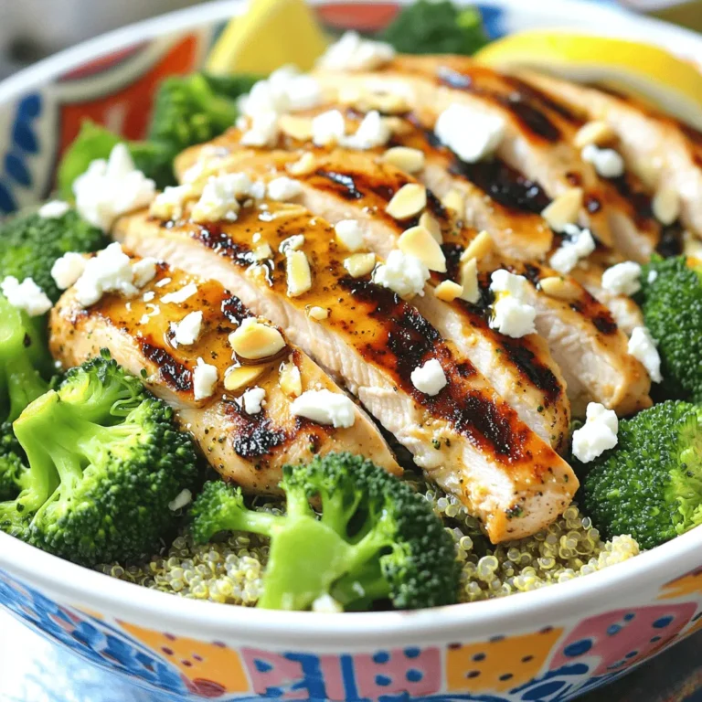 - 2 Hähnchenbrustfilets, entbeint und ohne Haut - 2 Tassen frische Brokkoliröschen - 1 Tasse gekochte Quinoa Die Hauptzutaten sind einfach und gesund. Hähnchenbrust ist mager und voll von Protein. Brokkoli bringt viele Vitamine. Quinoa ist ein tolles Getreide und enthält Ballaststoffe. - 2 Esslöffel Olivenöl - 1 Teelöffel Knoblauchpulver - 1 Teelöffel Paprika - Salz und Pfeffer nach Geschmack Die Gewürze machen das Gericht lecker. Olivenöl bringt gesunde Fette. Knoblauchpulver und Paprika geben Geschmack. Diese Kombination sorgt für ein tolles Aroma beim Grillen. - 1/4 Tasse Feta-Käse, zerbröselt - 1/4 Tasse geschnittene Mandeln Diese Zutaten sind nicht nötig, aber sie machen das Gericht besonders. Feta bringt eine salzige Note. Geschnittene Mandeln fügen einen knusprigen Biss hinzu. Du kannst sie nach Lust und Laune verwenden. Heize den Grill auf mittelhohe Temperatur vor. Dies dauert etwa 10 Minuten. Während der Grill sich aufheizt, bereite die Marinade vor. Mische in einer kleinen Schüssel 2 Esslöffel Olivenöl, 1 Teelöffel Knoblauchpulver, 1 Teelöffel Paprika, Salz und Pfeffer. Rühre alles gut um. Nimm die Hähnchenbrustfilets und bestreiche sie gleichmäßig mit der Marinade. Achte darauf, dass sie überall bedeckt sind. Lege die Hähnchenfilets auf den Grill. Grill sie für etwa 6-7 Minuten pro Seite. Die Innentemperatur sollte 75°C erreichen. Nimm die Hähnchen vom Grill und lass sie einige Minuten ruhen. Danach schneide sie in Scheiben. Fülle einen Topf mit Wasser und bringe es zum Kochen. Füge die 2 Tassen frischen Brokkoliröschen hinzu. Blanchiere den Brokkoli für 2-3 Minuten. Er sollte leuchtend grün und zart sein. Gieße das Wasser ab und tauche den Brokkoli sofort in Eiswasser. Dies stoppt den Garprozess. Lass ihn dann abtropfen und lege ihn beiseite. Nimm eine große Servierschüssel. Verwende die gekochte Quinoa als Basis. Schichte die in Scheiben geschnittenen Hähnchen und den blanchierten Brokkoli darauf. Wenn du magst, bestreue die Schalen mit 1/4 Tasse zerbröseltem Feta-Käse und 1/4 Tasse geschnittenen Mandeln für zusätzlichen Crunch. Vor dem Servieren träufle frischen Zitronensaft darüber. - Marinieren über Nacht: Eine lange Marinierzeit macht das Hähnchen zart und geschmackvoll. Verwenden Sie die Marinade aus Olivenöl, Knoblauchpulver und Paprika. - Grilltemperatur richtig einstellen: Stellen Sie den Grill auf mittelhohe Temperatur ein. So gart das Hähnchen gleichmäßig und bleibt saftig. - Dauer der Blanchierung: Blanchieren Sie den Brokkoli für 2-3 Minuten. Achten Sie darauf, dass er leuchtend grün wird. - Eiswasser-Nutzung: Tauchen Sie den Brokkoli sofort nach dem Blanchieren in Eiswasser. Dies stoppt den Garprozess und bewahrt die Farbe und den Biss. - Farbenfrohe Präsentation: Servieren Sie die Schalen in bunten Schüsseln. Schichten Sie die Zutaten schön, um ein einladendes Bild zu schaffen. - Zusätzliche Garnierungen: Streuen Sie zerbröselten Feta-Käse und geschnittene Mandeln darüber. Diese geben zusätzlichen Geschmack und einen schönen Crunch. {{image_4}} Für eine vegane Version können Sie Tofu oder Kichererbsen verwenden. Tofu ist eine tolle Proteinquelle. Schneiden Sie den Tofu in Würfel und marinieren Sie ihn wie das Hähnchen. Grillen Sie ihn dann, bis er goldbraun ist. Kichererbsen sind auch lecker. Sie können sie einfach abspülen und direkt in die Schale geben. Beide Optionen machen das Gericht nahrhaft und sättigend. Wenn Sie keine Quinoa mögen, probieren Sie Gerste oder Reis. Gerste hat einen nussigen Geschmack und eine tolle Textur. Kochen Sie sie wie die Quinoa. Reis ist eine weitere einfache Wahl. Er passt gut zu den anderen Zutaten. Beide Alternativen machen Ihre Schalen noch vielseitiger und lecker. Um mehr Geschmack hinzuzufügen, können Sie Paprika, Zucchini oder Karotten verwenden. Paprika bringt Farbe und Süße. Zucchini ist zart und mild im Geschmack. Karotten fügen eine süße Note hinzu. Schneiden Sie das Gemüse in kleine Stücke und grillen oder blanchieren Sie es. So wird Ihr Gericht noch bunter und gesünder. Um Reste frisch zu halten, lege die Schalen in luftdichte Behälter. So bleiben Geschmack und Textur erhalten. Du kannst die Schalen bis zu drei Tage im Kühlschrank aufbewahren. Achte darauf, das Hähnchen und den Brokkoli getrennt von der Quinoa zu lagern. Dadurch bleibt alles in bester Form. Die Haltbarkeit der Zutaten ist wichtig. Gekochte Quinoa hält sich etwa fünf Tage im Kühlschrank. Frischer Brokkoli bleibt bis zu vier Tage frisch. Hähnchen kann bis zu drei Tage sicher aufbewahrt werden. Überprüfe immer, ob es frisch riecht, bevor du es isst. Um die Schalen einzufrieren, teile sie in Portionen auf. Verwende gefrierfreundliche Behälter oder Beutel. Achte darauf, die Luft so gut wie möglich herauszudrücken. So vermeidest du Gefrierbrand. Die Schalen können bis zu drei Monate im Gefrierfach bleiben. Zum Auftauen lege die Schalen über Nacht in den Kühlschrank. Dies sorgt dafür, dass sie gleichmäßig auftauen. Erhitze die Schalen dann in der Mikrowelle oder im Ofen. Stelle sicher, dass das Hähnchen und der Brokkoli gut durchwärmt sind. So bleibt alles lecker und sicher zu essen. Die Zubereitung dauert 15 Minuten. Die Kochzeit beträgt 15 Minuten. Insgesamt sind es also 30 Minuten bis zur fertigen Schale. Sie können in dieser Zeit alles frisch zubereiten. Ja, Sie können das Rezept leicht anpassen. Wenn Sie Allergien haben, können Sie Hähnchen durch Tofu ersetzen. Wenn Sie Laktoseintoleranz haben, lassen Sie den Feta-Käse weg. Es gibt viele Alternativen, die Sie verwenden können, um das Gericht für Sie sicher zu machen. Zu den Schalen passen viele Beilagen gut. Ein frischer Salat ist eine tolle Wahl. Auch ein einfaches Brot oder eine Suppe passt gut dazu. Sie können auch einen Dip wie Hummus dazu reichen. Das bringt zusätzlichen Geschmack. Das Rezept ergibt vier Portionen. Sie können die Menge einfach verdoppeln, wenn Sie mehr Gäste haben. Oder Sie können die Schalen aufteilen und Reste für später aufbewahren. Wenn Sie Quinoa nicht mögen, gibt es Alternativen. Sie können Reis oder Bulgur verwenden. Auch Gerste ist eine gute Wahl. Diese Optionen bieten verschiedene Texturen und Geschmäcker. Diese Anleitung zeigt dir, wie du gesunde Hähnchen-Brokkoli-Schalen zubereitest. Wir haben die wichtigsten Zutaten, einfache Schritte und nützliche Tipps behandelt. Denke daran, deine Schalen bunt zu gestalten und Variationen mit Tofu oder Gemüse auszuprobieren. So schaffst du abwechslungsreiche und leckere Gerichte. Mit diesen Tipps bereitest du immer köstliche Mahlzeiten zu. Gesundes Essen macht Spaß und ist einfach! Lass deiner Kreativität freien Lauf in der Küche.