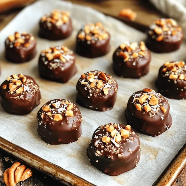 Um diese leckeren Bisse zu machen, brauchst du die folgenden Zutaten: - 1 Tasse gekochte Quinoa (abgekühlt) - 1/2 Tasse dunkle Schokoladenstückchen (mindestens 70% Kakao) - 1/4 Tasse Mandelbutter (oder jede Nussbutter nach Wahl) - 1/4 Tasse Honig oder Ahornsirup - 1/4 Tasse ungesüßte Kokosraspeln - 1 Teelöffel Vanilleextrakt - 1/4 Teelöffel Meersalz - Optional: Gehackte Nüsse oder Samen zum Bestreuen Jede Zutat hat ihre Rolle. Die Quinoa bringt einen tollen Biss und viel Protein. Die dunklen Schokoladenstückchen geben den Bissen einen reichen, süßen Geschmack. Mandelbutter fügt gesunde Fette hinzu und macht die Mischung cremig. Du kannst auch andere Nussbutter verwenden, je nach Geschmack. Honig oder Ahornsirup süßen die Bisse auf natürliche Weise. Kokosraspeln geben eine exotische Note. Sie sind leicht süß und sorgen für eine schöne Textur. Vanilleextrakt verstärkt den süßen Geschmack und das Meersalz bringt alles ins Gleichgewicht. Du kannst nach Belieben Nüsse oder Samen hinzufügen, um zusätzlichen Crunch zu bekommen. Hier sind die Nährwerte der Hauptzutaten: - Quinoa: Voll mit Protein und Ballaststoffen. Sie ist glutenfrei. - Dunkle Schokolade: Reich an Antioxidantien und kann das Herz schützen. - Mandelbutter: Bietet gesunde Fette und Vitamin E. - Honig: Natürlicher Süßer mit einigen Vitaminen und Mineralien. - Kokosraspeln: Enthalten Ballaststoffe und gesunde Fette. Diese Bisse sind nicht nur lecker, sondern auch nahrhaft. Es ist eine perfekte Snacks für den kleinen Hunger. Um die Schokolade zu schmelzen, benutze einen kleinen Topf. Stelle den Herd auf niedrige Hitze. Gib die dunklen Schokoladenstückchen in den Topf. Rühre ständig, damit die Schokolade nicht anbrennt. Wenn sie schmilzt, nimm den Topf vom Herd. Lass die Schokolade kurz abkühlen, bevor du sie weiterverwendest. Nimm eine große Rührschüssel. Gib die gekochte, abgekühlte Quinoa hinein. Füge die Mandelbutter und den Honig oder Ahornsirup hinzu. Die ungesüßten Kokosraspeln kommen auch dazu, ebenso wie der Vanilleextrakt und das Meersalz. Rühre alles gut um, bis die Mischung gleichmäßig aussieht. Gieße die geschmolzene Schokolade in die Quinoamischung. Vermenge alles gründlich, bis jede Zutat mit Schokolade umhüllt ist. Lege ein Backblech mit Backpapier aus. Forme mit deinen Händen oder einem kleinen Eisportionierer kleine Kugeln. Setze die Kugeln auf das Blech. Wenn du magst, streue gehackte Nüsse oder Samen darauf. Stelle das Blech für etwa 30 Minuten in den Kühlschrank. So werden die Bisse fest. Nach dem Kühlen kannst du sie genießen oder im Kühlschrank aufbewahren. Die Konsistenz ist wichtig für den Genuss. Achte darauf, dass die Quinoa gut gekocht und leicht abgekühlt ist. Zu heiß kann die Schokolade schmelzen und die Mischung wird flüssig. Wenn du Mandelbutter verwendest, stelle sicher, dass sie cremig ist. Das macht die Mischung geschmeidig und leicht zu formen. Ein häufiger Fehler ist, die Schokolade zu überhitzen. Schmelze sie immer bei niedriger Hitze und rühre ständig. So bleibt sie glatt. Wenn die Mischung zu nass ist, füge mehr Quinoa hinzu. Ist sie zu trocken, kannst du etwas mehr Honig oder Mandelbutter einrühren. Lass die Bisse im Kühlschrank lange genug kühlen, damit sie fest werden. Um die Schokolade gut zu verteilen, gieße sie langsam in die Quinoamischung. Rühre dann gut mit einem Löffel oder einer Gabel. Achte darauf, dass jede Quinoakugel gleichmäßig mit Schokolade bedeckt ist. Das sorgt für den besten Geschmack in jedem Biss. Wenn du magst, streue vorher etwas Kakao oder Kokosraspeln auf die Mischung. Das macht die Bisse noch aufregender! {{image_4}} Wenn du keine Nussbutter magst oder Allergien hast, gibt es viele Alternativen. Du kannst Sonnenblumenkernbutter oder Sojabutter verwenden. Diese sind toll und bieten auch eine cremige Textur. Du kannst auch Kokosnussbutter probieren. Sie gibt einen süßen Geschmack und passt gut zur Schokolade. Um den Geschmack zu verändern, füge weitere Zutaten hinzu. Du kannst Trockenfrüchte wie Cranberries oder Aprikosen verwenden. Sie bringen eine süße und fruchtige Note. Auch Kakaonibs sind eine gute Wahl. Sie fügen einen knusprigen Biss hinzu und verstärken den Schokoladengeschmack. Gewürze wie Zimt oder Muskatnuss geben einen interessanten Kick. Sei kreativ und finde deine eigene Mischung! Für spezielle Ernährungsbedürfnisse gibt es viele Möglichkeiten. Wenn du Gluten vermeiden musst, sind diese Bisse perfekt. Sie enthalten keinen Weizen oder Gluten. Du kannst auch Honig durch Agavendicksaft ersetzen, um sie vegan zu machen. Achte darauf, dass die Schokoladenstückchen auch vegan sind, wenn du das möchtest. Diese Bisse sind anpassbar und lecker für alle! Um die Dunklen Schokoladen-Quinoa-Bisse frisch zu halten, benutze einen luftdichten Behälter. Das hilft, Feuchtigkeit und Luft fernzuhalten. Stelle sicher, dass die Bisse vollständig abgekühlt sind, bevor du sie verpackst. So bleibt die Textur schön und knusprig. Im Kühlschrank halten die Dunklen Schokoladen-Quinoa-Bisse bis zu einer Woche. Du kannst sie auch einfrieren, wenn du mehr als eine Woche aufbewahren möchtest. Im Gefrierfach bleiben sie bis zu drei Monate frisch. Denke daran, sie in einem gefrierfreundlichen Behälter zu lagern. Wenn du die Bisse länger aufbewahren möchtest, wickel sie einzeln in Frischhaltefolie. So kannst du sie leicht entnehmen, ohne den Rest zu beschädigen. Du kannst auch kleine Portionen vorbereiten und sie in einem Behälter stapeln. So hast du immer einen gesunden Snack zur Hand. Die Dunklen Schokoladen-Quinoa-Bisse bleiben bis zu einer Woche frisch. Stelle sicher, dass du sie in einem luftdichten Behälter aufbewahrst. So bleiben sie saftig und lecker. Ich empfehle, sie vor dem Servieren kurz auf Raumtemperatur zu bringen. So entfalten sie ihren vollen Geschmack. Ja, du kannst die Bisse vegan machen. Ersetze einfach den Honig durch Ahornsirup. Verwende auch eine vegane Schokolade mit mindestens 70% Kakao. So bleiben die Bisse schokoladig und lecker, ohne tierische Produkte. Diese Änderungen machen das Rezept für Veganer geeignet. Jede Biss hat etwa 100 Kalorien. Das hängt aber von den genauen Zutaten ab, die du verwendest. Wenn du weniger Süßes magst, kannst du die Menge an Honig oder Sirup reduzieren. So kannst du die Kalorien leicht anpassen. Zusammenfassend haben wir die Zutaten für Dunkle Schokoladen-Quinoa-Bisse besprochen. Du hast erfahren, wie man die Schokolade schmilzt und die Zutaten mischt. Ich habe Tipps gegeben, um häufige Fehler zu vermeiden. Auch Variationen und Aufbewahrungshilfen wurden behandelt. Ich hoffe, du bist nun bereit, diese leckeren Bisse zu machen. Mit diesen Informationen kannst du sie nicht nur zubereiten, sondern auch genießen! Viel Spaß beim Ausprobieren!