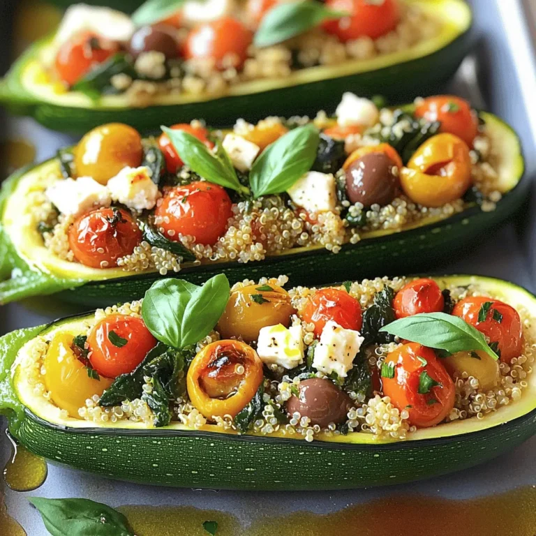 - 4 mittelgroße Zucchini - 1 Tasse gekochte Quinoa - 1 Tasse Kirschtomaten, halbiert Die Zucchini sind die Hauptzutat. Sie sind knackig und gesund. Quinoa bringt eine gute Textur und Protein. Kirschtomaten geben etwas Süße und Frische. Gemeinsam sorgen sie für eine leckere Basis. - 1 Teelöffel getrockneter Oregano - 1 Teelöffel Knoblauchpulver - 2 Esslöffel Olivenöl Oregano bringt den typischen mediterranen Geschmack. Knoblauchpulver fügt Tiefe hinzu. Olivenöl hält die Füllung saftig und lecker. Diese Gewürze machen das Essen besonders gut. - 1 Tasse Spinat, grob gehackt - 1/2 Tasse Feta-Käse, zerbröselt - 1/2 Tasse Kalamata-Oliven, in Scheiben Spinat ist voller Nährstoffe und gibt Farbe. Feta-Käse sorgt für einen salzigen, cremigen Geschmack. Kalamata-Oliven bringen einen herzhaften Biss. Diese Zutaten machen die Füllung reichhaltig und köstlich. - Schneide jede Zucchini der Länge nach in der Mitte durch. - Höhle sie mit einem Löffel aus. - Lege das Zucchini-Innere beiseite. - Diese Zucchini-Boote sind die Basis für unsere Füllung. - Erhitze 1 Esslöffel Olivenöl in einer großen Pfanne. - Füge die gehackten Zucchini-Innenstücke, den Spinat und die Kirschtomaten hinzu. - Sauté die Mischung für 5-7 Minuten. - Der Spinat soll welken, die Tomaten weich werden. - In einer Schüssel vermischst du dann die gekochte Quinoa mit der Gemüsefüllung. - Füge zerbröselten Feta, geschnittene Oliven, Oregano und Knoblauchpulver hinzu. - Mische alles gut, bis alle Zutaten vereint sind. - Wähle eine geeignete Auflaufform und heize den Ofen auf 190°C vor. - Beträufle die Innenseiten der Zucchini-Boote mit dem restlichen Olivenöl. - Fülle jedes Boot großzügig mit der Quinoamischung und drücke leicht. - Lege die gefüllten Zucchini in die Auflaufform und decke sie mit Folie ab. - Backe sie 25-30 Minuten lang im Ofen. - Entferne die Folie und backe sie weitere 10 Minuten. - Achte darauf, dass die Zucchini zart sind und die Oberseite goldbraun wird. - Garniere das Gericht mit frischen Basilikumblättern vor dem Servieren. Die Füllung ist der Schlüssel zu einem guten Gericht. Quinoa gibt der Mischung eine tolle Textur. Achten Sie darauf, die Quinoa gut zu kochen. Sie sollte locker und nicht matschig sein. Das richtige Verhältnis von Gewürzen bringt den Geschmack zum Leben. Verwenden Sie einen Teelöffel Oregano und Knoblauchpulver für den besten Geschmack. Die Präsentation macht das Essen noch besser. Servieren Sie die gefüllten Zucchini auf einem schönen Teller. Streuen Sie frischen Basilikum und Feta darüber. Dies gibt dem Gericht Farbe und einen frischen Geschmack. Ein Spritzer Olivenöl darüber macht es noch leckerer und sieht toll aus. Gutes Zeitmanagement hilft bei der Zubereitung. Schneiden Sie die Zucchini und bereiten Sie die Füllung gleichzeitig vor. So sparen Sie Zeit. Machen Sie einige Vorbereitungen im Voraus. Kochen Sie die Quinoa einen Tag vorher. Das macht das Kochen schneller und einfacher am Tag des Servierens. {{image_4}} Für eine schmackhafte, vegetarische Option können Sie Linsen statt Fleisch verwenden. Linsen bringen einen tollen Geschmack und viel Protein. Sie sind gesund und einfach zuzubereiten. Kochen Sie die Linsen vorher und mischen Sie sie dann mit den anderen Zutaten. Zusätzlich können Sie weitere Gemüsesorten in die Füllung geben. Zucchini, Paprika oder Pilze passen gut dazu. Diese Variationen machen das Gericht noch bunter und nahrhafter. Experimentieren Sie mit verschiedenen Gemüsesorten, um Ihre eigene Mischung zu finden. Wenn Sie glutenfrei essen müssen, verwenden Sie Quinoa oder Reis. Diese Zutaten sind glutenfrei und bieten eine gute Basis. Achten Sie darauf, dass alle anderen Zutaten ebenfalls glutenfrei sind. Für nussfreie Alternativen können Sie den Feta-Käse durch einen pflanzlichen Käse ersetzen. Auch Tofu kann eine gute Option sein. Es gibt viele nussfreie Käse, die cremig und lecker sind. So bleibt das Gericht für alle genießbar. Die mediterrane Küche bietet viele Kräuter und Gewürze. Oregano, Thymian und Rosmarin sind sehr beliebt. Sie bringen einen frischen Geschmack in die Füllung. Probieren Sie auch frische Kräuter, wenn Sie können. Je nach Region gibt es unterschiedliche Variationen. In Italien verwenden viele Basilikum und Parmesan. In Griechenland sind Oliven und Feta sehr beliebt. Diese regionalen Unterschiede machen das Gericht spannend und vielseitig. Die gefüllten Zucchini sind eine großartige Mahlzeit für die Woche. Du kannst sie im Kühlschrank lagern. Stelle sicher, dass sie in einem luftdichten Behälter sind. So bleiben sie frisch. Die Zucchini halten sich dort etwa 3 bis 4 Tage. Wenn du länger aufbewahren möchtest, friere sie ein. In der Tiefkühlung bleiben sie bis zu 3 Monate frisch. Um die gefüllten Zucchini wieder zu erwärmen, gibt es verschiedene Methoden. Du kannst sie im Ofen auf 180°C (350°F) für etwa 15 Minuten aufwärmen. Das sorgt dafür, dass sie gleichmäßig warm werden. Eine andere Möglichkeit ist die Mikrowelle. Stelle die Zucchini in eine mikrowellengeeignete Schüssel. Erhitze sie in 1-Minuten-Intervallen, bis sie warm sind. Achte darauf, dass sie nicht austrocknen. Decke sie mit einem feuchten Küchentuch ab. So bleibt die Feuchtigkeit erhalten. Wenn du Meal Prep machst, ist die Portionierung wichtig. Teile die gefüllten Zucchini in einzelne Behälter auf. So kannst du sie leicht mitnehmen. Eine Zucchini pro Portion ist ideal. Du kannst auch die Füllung in einem separaten Behälter aufbewahren. So bleibt alles frisch und lecker. Bereite die Portionen am Sonntag vor. So hast du die ganze Woche gesunde Mahlzeiten bereit. Gefüllte Zucchini sind im Kühlschrank etwa 3 bis 4 Tage haltbar. Lagern Sie sie in einem geschlossenen Behälter. So bleibt die Füllung frisch und lecker. Wenn Sie sie länger aufbewahren möchten, frieren Sie die Zucchini ein. Sie können bis zu 3 Monate im Gefrierfach bleiben. Achten Sie darauf, sie gut einzupacken, um Gefrierbrand zu vermeiden. Ja, Sie können die Füllung ganz nach Ihrem Geschmack anpassen. Hier sind einige Vorschläge: - Verwenden Sie schwarze Bohnen oder Linsen für eine proteinreiche Füllung. - Fügen Sie Mais oder Paprika für mehr Farbe und Geschmack hinzu. - Experimentieren Sie mit verschiedenen Käsesorten, wie Mozzarella oder Ziegenkäse. - Sie können auch Hackfleisch oder eine vegetarische Version mit Tofu hinzufügen. Ja, die Zucchini werden beim Backen weich, aber nicht matschig. Die Backzeit sorgt dafür, dass sie zart bleiben und die Füllung gut durchzieht. Wenn Sie eine festere Textur mögen, können Sie die Backzeit um ein paar Minuten reduzieren. Achten Sie darauf, dass die Zucchini leicht golden wird, um den besten Geschmack zu erzielen. Dieses Rezept für gefüllte Zucchini ist einfach und lecker. Du hast frische Zucchini, Quinoa und Kirschtomaten verwendet. Die Gewürze wie Oregano und Knoblauchpulver verleihen dem Gericht Geschmack. Durch die Ergänzung von Feta und Oliven wird die Füllung noch besser. Denke an die Tipps zur perfekten Konsistenz und guten Präsentation. Du kannst die Zucchini auch variieren, um Allergien zu berücksichtigen. Mit der richtigen Lagerung genießt du die Reste lange. Probiere es aus, du wirst begeistert sein!