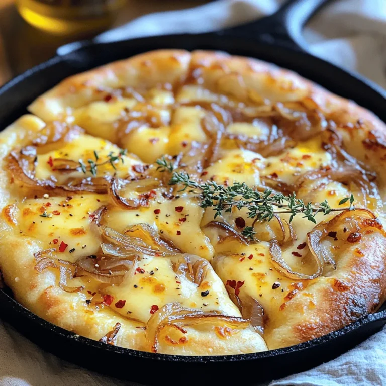 Für die perfekte karamellisierte Zwiebel-Gruyère-Pfannenpizza benötigst du: - 1 große Zwiebel, dünn geschnitten - 2 Esslöffel Olivenöl - 1 Teelöffel Zucker - 1 Teelöffel Balsamico-Essig - 1 1/2 Tassen Allzweckmehl - 1 Teelöffel Backpulver - 1/2 Teelöffel Salz - 1/2 Tasse warmes Wasser - 1 Esslöffel Olivenöl (für das Backen des Teigs) - 1 Tasse geriebener Gruyère-Käse - Frische Thymianblätter (zur Garnierung) Diese Zutaten sind einfach zu finden und machen die Pizza lecker. Die Gewürze und Öle spielen eine große Rolle. Olivenöl ist wichtig. Es gibt der Pizza Geschmack und hilft beim Braten. Zucker und Balsamico-Essig karamellisieren die Zwiebeln. Sie werden süß und geben der Pizza Tiefe. Für eine besondere Note kannst du rote Pfefferflocken hinzufügen. Sie bringen Schärfe und Farbe. Frische Thymianblätter geben einen frischen Geschmack. Du kannst die Pizza direkt aus der Pfanne servieren. Das sieht rustikal und einladend aus. Um die Zwiebeln richtig zu karamellisieren, gehe ich folgendermaßen vor: - Ich nehme eine große Pfanne und erhitze 2 Esslöffel Olivenöl bei mittlerer Hitze. - Dann gebe ich die dünn geschnittenen Zwiebeln hinein. - Ich rühre sie gelegentlich um und lasse sie etwa 15 Minuten garen, bis sie weich sind. - Jetzt streue ich 1 Teelöffel Zucker und 1 Teelöffel Balsamico-Essig über die Zwiebeln. - Ich koche sie weiter und rühre häufig um, bis sie goldbraun sind. Das dauert etwa 10 bis 15 Minuten. - Die Zwiebeln stelle ich dann beiseite. Für den Teig mache ich Folgendes: - Ich mische in einer großen Schüssel 1 1/2 Tassen Allzweckmehl, 1 Teelöffel Backpulver und 1/2 Teelöffel Salz. - Dann füge ich nach und nach 1/2 Tasse warmes Wasser hinzu. - Ich rühre, bis ein Teig entsteht. - Auf einer bemehlten Fläche knete ich den Teig kurz, etwa 2 bis 3 Minuten, bis er glatt ist. Nun forme ich die Pizza: - Ich rolle den Teig auf einer Fläche mit Backpapier zu einem Kreis aus. - Der Durchmesser sollte etwa 25 cm betragen, damit er in die Pfanne passt. - In derselben Pfanne erhitze ich 1 Esslöffel Olivenöl bei mittlerer Hitze. - Ich lege den ausgerollten Teig vorsichtig in die Pfanne und gare ihn 3 bis 4 Minuten. - Die Unterseite sollte goldbraun werden. - Jetzt verteile ich die karamellisierten Zwiebeln gleichmäßig auf dem Teig. - Schließlich streue ich 1 Tasse geriebenen Gruyère-Käse darüber. Jetzt kommt der wichtigste Schritt: das Backen. - Zuerst heize ich den Backofen auf 200 °C vor. - Dann gebe ich die Pfanne in den vorgeheizten Ofen. - Ich backe die Pizza 10 bis 12 Minuten, bis der Käse sprudelnd und leicht gebräunt ist. - Nach dem Backen nehme ich die Pfanne heraus und streue frische Thymianblätter sowie rote Pfefferflocken darüber. - Ich lasse die Pizza einige Minuten abkühlen, bevor ich sie schneide. Um die Zwiebeln perfekt zu karamellisieren, achte auf die Hitze. Beginne mit mittlerer Hitze. So werden die Zwiebeln weich und süß. Rühre sie regelmäßig um, damit sie gleichmäßig garen. Nach etwa 15 Minuten fügst du Zucker und Balsamico-Essig hinzu. Dieser Schritt verstärkt die Süße der Zwiebeln. Lass die Zwiebeln weiter kochen, bis sie goldbraun sind. Das dauert etwa 10-15 Minuten. Geduld ist hier der Schlüssel. Die Temperatur ist wichtig beim Kochen in der Pfanne. Beginne mit mittlerer Hitze, um die Zutaten gleichmäßig zu garen. Wenn du den Teig in die Pfanne gibst, achte darauf, dass das Öl heiß ist. Garen dauert nur 3-4 Minuten. Die Unterseite sollte goldbraun sein. Wenn die Hitze zu hoch ist, kann der Teig anbrennen. Wenn sie zu niedrig ist, wird der Teig nicht knusprig. Das Verhältnis von Teig zu Belag ist wichtig. Ein dicker Teig braucht mehr Belag, um den Geschmack auszugleichen. Bei dünnerem Teig kannst du weniger Belag verwenden. Achte darauf, die karamellisierten Zwiebeln gleichmäßig zu verteilen. So bekommst du bei jedem Bissen den vollen Geschmack. Der Gruyère-Käse sollte gut verteilt sein, damit er gleichmäßig schmilzt. Ein gutes Verhältnis sorgt für eine köstliche Balance. {{image_4}} Wenn du keinen Gruyère-Käse hast, keine Sorge. Es gibt viele leckere Alternativen. Emmental ist mild und schmelzbar. Er passt gut zu den süßen Zwiebeln. Cheddar hat einen stärkeren Geschmack und gibt deiner Pizza einen tollen Kick. Mozzarella ist ebenfalls eine gute Wahl. Er ist weich und zieht beim Essen. Du kannst auch eine Mischung aus verschiedenen Käsesorten verwenden. So schaffst du ein spannendes Geschmackserlebnis. Die Möglichkeiten für Beläge sind endlos. Du kannst frische Spinatblätter verwenden. Sie bringen Farbe und Nährstoffe. Auch Pilze sind eine tolle Ergänzung. Sie geben der Pizza eine herzhafte Note. Für Fleischliebhaber sind Schinken oder Salami ideal. Wenn du es scharf magst, füge Jalapeños hinzu. Eine Prise frische Kräuter wie Basilikum oder Oregano kann den Geschmack großartig verbessern. Experimentiere mit deinen Lieblingszutaten. Das macht dein Gericht einzigartig. Für eine glutenfreie Version kannst du Reismehl verwenden. Es hat eine ähnliche Konsistenz wie Allzweckmehl. Alternativ kannst du auch eine glutenfreie Fertigmischung nutzen. Achte darauf, dass sie für Pizzateig geeignet ist. Du kannst auch Blumenkohlreis probieren. Damit machst du einen gesunden und leichten Teig. Mische es mit Eiern und Käse, um eine feste Basis zu schaffen. So hast du eine tolle glutenfreie Pizza. Wenn du nach dem Essen Pizza übrig hast, bewahre sie gut auf. Lege die Stücke in einen luftdichten Behälter. So bleibt die Pizza frisch und lecker. Stelle den Behälter in den Kühlschrank. Die Pizza hält sich dort bis zu drei Tage. Du kannst auch die Pizza einfrieren. Lass sie zuerst abkühlen. Schneide die Pizza in Stücke. Wickel jedes Stück in Frischhaltefolie. Lege die eingewickelten Stücke in einen Gefrierbeutel. So bleibt die Pizza bis zu drei Monate frisch. Beschrifte den Beutel mit dem Datum. Um die Pizza wieder aufzuwärmen, benutze den Ofen. Heize den Ofen auf 180 °C vor. Lege die Stücke auf ein Backblech. Backe sie 10 bis 15 Minuten. Der Käse wird wieder schön schmelzig und die Kruste knusprig. Du kannst auch eine Pfanne verwenden. Erhitze sie ohne Öl und lege die Pizza hinein. Decke die Pfanne ab, damit die Wärme gleichmäßig verteilt wird. Die Zwiebeln karamellisieren dauert etwa 25 bis 30 Minuten. Zuerst braten Sie die Zwiebeln in Olivenöl. Sie werden weich in ungefähr 15 Minuten. Danach fügen Sie Zucker und Balsamico-Essig hinzu. Rühren Sie die Mischung häufig um. Nach weiteren 10 bis 15 Minuten sind die Zwiebeln goldbraun und süß. Diese karamellisierten Zwiebeln geben dem Gericht einen tollen Geschmack. Ja, Sie können die Pizza auch ohne Pfanne machen. Sie können den Teig auf einem Backblech ausrollen. Legen Sie Backpapier darauf, damit der Teig nicht kleben bleibt. Backen Sie die Pizza im Ofen. Die Backzeit bleibt gleich, also etwa 10 bis 12 Minuten. Achten Sie darauf, dass der Käse schön schmilzt. So haben Sie trotzdem eine leckere Pizza. Diese Pizza passt gut zu vielen Beilagen. Ein frischer grüner Salat mit Vinaigrette ist eine gute Wahl. Auch eine einfache Tomatensuppe kann gut dazu schmecken. Wenn Sie etwas mehr möchten, probieren Sie geröstetes Gemüse. Es bringt eine schöne Farbe und Textur auf den Teller. Experimentieren Sie mit verschiedenen Beilagen, um Ihr Gericht zu ergänzen. In diesem Artikel habe ich alle wichtigen Punkte zur Zubereitung einer Pfannenpizza behandelt. Wir haben die Hauptzutaten, die Schritt-für-Schritt-Anleitung und nützliche Tipps durchgenommen. Außerdem habe ich Variationen und Lagerungshinweise dargestellt. Diese einfache Pfannenpizza ist vielseitig und lecker. Mit den richtigen Tipps wird sie immer gut gelingen. Nutze die Informationen, um deine eigene köstliche Pizza zu backen. So kannst du leckere Momente mit Familie und Freunden teilen.