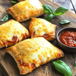 - 1 Packung Kühlschrank-Pizzateig - 1 Tasse Mozzarella-Käse, gerieben - ½ Tasse Peperoni-Scheiben (oder deine Wahl an Füllung wie Gemüse) Die Hauptzutaten sind einfach zu finden. Der Pizzateig macht die Zubereitung schnell. Mozzarella-Käse sorgt für die cremige Textur. Peperoni bringt Geschmack, aber du kannst Gemüse verwenden, wenn du magst. - 1 Teelöffel italienische Gewürze - ¼ Tasse Pizzasauce Italienische Gewürze verleihen den Pizza-Taschen den klassischen Geschmack. Pizzasauce ergänzt die Füllung und macht sie saftig. Du kannst die Gewürze nach deinem Geschmack anpassen oder mehr hinzufügen. - 1 Ei, verquirlt (für die Ei-Glasur) - Olivenöl (zum Fetten) - Mehl (zum Ausstauben) Das verquirlte Ei gibt der Oberseite eine goldene Farbe. Olivenöl hilft, das Blech zu fetten, damit die Taschen nicht kleben. Mehl ist wichtig, um den Teig zu bearbeiten, ohne dass er an der Arbeitsfläche haftet. Heize deinen Ofen auf 200°C vor. Fette ein Backblech leicht mit Olivenöl ein. Rolle den Kühlschrank-Pizzateig auf einer sauberen, bemehlten Fläche aus. Der Teig sollte etwa ½ cm dick sein. Schneide ihn in Quadrate oder Kreise, die etwa 10-12 cm groß sind. Du kannst dafür einen Pizzaschneider oder ein scharfes Messer verwenden. In einer kleinen Schüssel vermischst du den geriebenen Mozzarella-Käse mit den Peperoni oder einer anderen Füllung. Füge die Pizzasauce sowie die italienischen Gewürze hinzu. Rühre alles gut um, bis die Zutaten gleichmäßig verteilt sind. Diese Mischung sorgt für den herzhaften Geschmack deiner Pizza-Taschen. Nimm einen Esslöffel der Füllung und setze ihn in die Mitte jedes Teigstücks. Achte darauf, einen Rand für das Verschließen zu lassen. Klappe den Teig über die Füllung, um eine Tasche zu bilden. Drücke die Ränder fest zusammen, damit nichts ausläuft. Nutze eine Gabel, um die Ränder zu wellen. So versiegelst du die Taschen gut. Bestreiche die Oberseite jeder Tasche mit verquirltem Ei. Das gibt eine goldene Farbe beim Backen. Lege die Pizza-Taschen auf das Backblech und backe sie für 12-15 Minuten. Sie sollten goldbraun sein. Lass sie nach dem Backen ein paar Minuten abkühlen, bevor du sie servierst. Heize deinen Ofen auf 200°C vor. Ein heißer Ofen sorgt für knusprige Taschen. Nach 12 bis 15 Minuten sollten sie goldbraun sein. Achte darauf, dass der Käse blubbert und die Ränder schön bräunen. Das zeigt, dass sie perfekt sind. Um das Auslaufen zu vermeiden, drücke die Ränder gut zusammen. Klappe den Teig über die Füllung und drücke die Ränder fest. Eine Gabel hilft, die Ränder zu wellen. So sind sie sicher verschlossen und verhindern, dass die Füllung herausläuft. Serviere die Pizza-Taschen warm. Sie schmecken toll mit Pizzasauce zum Dippen. Du kannst auch frischen Basilikum oder Petersilie als Garnitur verwenden. Das gibt Farben und einen frischen Geschmack. {{image_4}} Du kannst die Füllungen für deine Pizza-Taschen leicht ändern. Wenn du Gemüse magst, probiere Spinat, Paprika oder Zwiebeln. Diese Optionen bringen frische Aromen. Misch auch etwas Feta-Käse in die Füllung für einen besonderen Geschmack. Eine andere Möglichkeit ist, verschiedene Käsesorten zu verwenden. Cheddar oder Gouda geben einen tollen Geschmack. Du kannst auch eine Mischung aus Käsesorten ausprobieren. Das macht deine Pizza-Taschen noch interessanter. Wenn du eine glutenfreie Option suchst, gibt es glutenfreien Pizzateig. Dieser ist einfach zu finden und passt gut zu den Füllungen. Eine weitere leckere Variante ist Blätterteig. Er sorgt für eine knusprige und zarte Textur. Du kannst den Blätterteig in Rechtecke schneiden und genauso füllen. Dies gibt den Pizza-Taschen einen neuen Look und Geschmack. Die Gewürze machen viel aus. Du kannst scharfe Gewürze wie Chili oder Cayennepfeffer hinzufügen, wenn du es feuriger magst. Für eine mildere Variante bleibe bei italienischen Gewürzen oder füge mehr Oregano hinzu. Dies gibt den Pizza-Taschen mehr Tiefe. Lass deiner Kreativität freien Lauf und finde deinen Favoriten! Du kannst die Pizza-Taschen im Kühlschrank lagern. Lege sie in einen luftdichten Behälter. So bleiben sie frisch. Du kannst sie bis zu drei Tage aufbewahren. Wenn du sie länger aufbewahren möchtest, friere sie ein. Um die Pizza-Taschen einzufrieren, lasse sie zuerst abkühlen. Lege sie dann in einen Gefrierbeutel. Achte darauf, die Luft herauszudrücken. So vermeidest du Gefrierbrand. Du kannst sie bis zu zwei Monate im Gefrierfach aufbewahren. Wenn du sie essen möchtest, hole sie einfach raus und lasse sie auftauen. Die beste Methode zum Aufwärmen ist der Ofen. Heize den Ofen auf 180°C vor. Lege die Pizza-Taschen auf ein Backblech. Backe sie für 10 Minuten. Sie werden schön knusprig. Du kannst sie auch in der Mikrowelle aufwärmen, aber das macht sie weicher. Du kannst die Pizza-Taschen bis zu drei Tage im Kühlschrank lagern. Bewahre sie in einem luftdichten Behälter auf, damit sie frisch bleiben. Wenn du die Taschen länger aufbewahren möchtest, friere sie ein. So bleiben sie bis zu drei Monate haltbar. Ja, du kannst die Pizza-Taschen gut vorbereiten und einfrieren. Bereite sie einfach ganz bis zur Backzeit vor und lege sie auf ein Backblech. Friere sie dann für etwa eine Stunde ein. Danach kannst du sie in einen Gefrierbeutel umfüllen. Wenn du bereit bist, sie zu essen, backe die gefrorenen Taschen einfach direkt im Ofen. Du kannst die Pizza-Taschen mit verschiedenen Beilagen servieren. Eine gute Wahl ist ein frischer Salat. Ein einfacher grüner Salat passt gut dazu. Du kannst auch eine Schüssel mit Pizzasauce zum Dippen bereitstellen. Für extra Geschmack füge frische Kräuter wie Basilikum oder Petersilie hinzu. Diese Anleitung zeigt, wie man leckere Pizza-Taschen macht. Wir haben die Hauptzutaten wie Teig, Käse und Füllungen behandelt. Auch Tipps zu Backzeit und Lagerung sind wichtig. Variationen wie glutenfreier Teig und verschiedene Füllungen halten es spannend. Erinnern Sie sich, die Qualität der Zutaten spielt eine große Rolle. Probieren Sie neue Füllungen und Gewürze aus. So werden Ihre Pizza-Taschen immer ein Hit. Viel Spaß beim Ausprobieren!