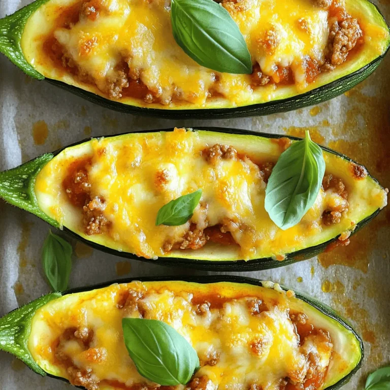 Um die köstlichen Zucchini-Boote zu machen, benötigen Sie folgende Zutaten: - 4 mittelgroße Zucchini - 450 g Rinderhackfleisch - 240 ml Marinara-Sauce - 100 g geriebener Mozzarella-Käse - 125 g gewürfelte Zwiebel - 2 Knoblauchzehen, fein gehackt - 1 Teelöffel italienische Gewürze - Salz und Pfeffer nach Geschmack - 30 g geriebener Parmesan-Käse - Frische Basilikumblätter zur Garnierung Frische Zutaten machen den Unterschied. Achten Sie darauf, die Zucchini fest und glänzend zu wählen. Die Zwiebeln sollten knackig und ohne Flecken sein. Frischer Knoblauch hat einen starken Duft und eine feste Textur. Wenn Sie frische Basilikumblätter verwenden, schmecken die Zucchini-Boote noch besser. Kaufen Sie die Zutaten am besten in einem lokalen Markt. Wenn Sie kein Rinderhackfleisch mögen, probieren Sie Geflügel oder Tofu. Marinara-Sauce kann durch andere Tomatensaucen ersetzt werden. Für einen schärferen Geschmack fügen Sie rote Paprika oder Jalapeños hinzu. Statt Mozzarella verwenden Sie Cheddar oder Feta. Dies macht Ihre Zucchini-Boote einzigartig und spannend. Beginne damit, den Ofen auf 190 °C vorzuheizen. Nimm vier mittelgroße Zucchini und wasche sie. Schneide jede Zucchini der Länge nach in zwei Hälften. Mit einem Löffel schöpfst du das Innere der Zucchini aus. Achte darauf, genug Platz für die Füllung zu schaffen. Das ausgekratzte Zucchinifleisch legst du beiseite. Es kommt später in die Füllung. Erhitze einen Esslöffel Olivenöl in einer großen Pfanne bei mittlerer Hitze. Füge die gewürfelte Zwiebel und den gehackten Knoblauch hinzu. Sautiere beides, bis die Zwiebel glasig wird. Das dauert etwa 3-4 Minuten. Dann gib das Rinderhackfleisch in die Pfanne. Zerteile es mit einem Löffel und brate es an, bis es durchgegart und braun ist. Das dauert ungefähr 7-10 Minuten. Rühre nun das beiseitegelegte Zucchinifleisch, die Marinara-Sauce, die italienischen Gewürze, Salz und Pfeffer in die Pfanne. Lass die Mischung für weitere 5 Minuten köcheln. So entfalten sich die Aromen gut. Nimm die Pfanne vom Herd und mische die Hälfte des geriebenen Mozzarella-Käses unter. Lege die Zucchini-Boote auf ein Backblech. Fülle jede Zucchinihälfte gleichmäßig mit der Hackfleischmischung. Streue den restlichen Mozzarella-Käse und den geriebenen Parmesan-Käse gleichmäßig darüber. Backe die Zucchini-Boote im Ofen für 20-25 Minuten. Die Zucchini sollte zart sein und der Käse goldbraun und sprudelnd. Nimm die Zucchini-Boote aus dem Ofen und lasse sie kurz abkühlen. Vor dem Servieren garnierst du sie mit frischen Basilikumblättern. Es gibt ein paar einfache Tipps, die deine Zucchini-Boote noch besser machen. Nutze frische Zucchini. Achte darauf, dass sie fest und glänzend sind. So bleiben die Boote knackig. Wenn du die Zucchinihälften aushöhlst, lass etwas Fruchtfleisch stehen. Dadurch bleibt die Form stabil. Verwende auch eine große Pfanne, um das Hackfleisch gut anzubraten. So wird es gleichmäßig gar. Die Gewürze sind der Schlüssel zum Geschmack. Du kannst die italienischen Gewürze nach deinem Geschmack anpassen. Füge mehr Oregano oder Thymian hinzu, wenn du willst. Ein wenig Paprika gibt eine schöne Schärfe. Wenn du es lieber mild magst, lass die scharfen Gewürze einfach weg. Probiere auch frische Kräuter. Basilikum oder Petersilie passen wunderbar dazu. Die Beilage macht das Gericht komplett. Ein frischer Salat ist eine perfekte Wahl. Er bringt Farbe und Frische. Auch ein Stück knuspriges Brot passt gut. Wenn du etwas Herzhaftes magst, serviere Reis oder Quinoa. Diese Optionen ergänzen die Zucchini-Boote und sorgen für ein rundes Menü. {{image_4}} Für eine vegetarische Option können Sie das Rinderhackfleisch durch eine Mischung aus Linsen und Quinoa ersetzen. Diese Kombination gibt Ihnen Protein und eine tolle Textur. Fügen Sie gewürfelte Paprika oder Pilze hinzu, um mehr Geschmack und Farbe zu erhalten. Verwenden Sie eine Gemüsebrühe anstelle der Marinara-Sauce, um die Füllung noch aromatischer zu machen. Wenn Sie Käse lieben, probieren Sie verschiedene Sorten. Feta-Käse bringt eine salzige Note in die Zucchini-Boote. Sie können auch Cheddar oder Gouda verwenden. Diese Käsesorten schmelzen gut und geben einen anderen Geschmack. Wenn Sie es scharf mögen, fügen Sie etwas Jalapeño-Käse hinzu. So können Sie die Boote nach Ihrem Geschmack anpassen. Für ein besonderes Erlebnis können Sie die Zucchini-Boote mit einer cremigen Sauce überziehen. Eine Mischung aus Sauerrahm und frischen Kräutern passt gut. Sie können auch eine Tomatensauce mit Oliven und Kapern verwenden. Diese Tropfen geben den Zucchini-Boote mehr Tiefe und Geschmack. Experimentieren Sie mit verschiedenen Kräutern, um Ihre Lieblingskombination zu finden. Du kannst die Zucchini-Boote einfach aufbewahren. Lass sie zuerst abkühlen. Dann lege sie in einen luftdichten Behälter. Sie bleiben so bis zu drei Tage frisch im Kühlschrank. Achte darauf, dass die Zucchini-Boote gut abgedeckt sind. So trocknen sie nicht aus und verlieren ihren Geschmack. Zum Einfrieren sind Zucchini-Boote eine tolle Option. Fülle die Zucchini-Boote wie im Rezept beschrieben. Lass sie danach abkühlen. Lege sie dann in einen Gefrierbeutel oder einen luftdichten Behälter. Achte darauf, die Luft herauszupressen. So bleiben sie bis zu drei Monate frisch. Du kannst sie direkt nach dem Einfrieren backen. Lasse sie dafür über Nacht im Kühlschrank auftauen. Um die Zucchini-Boote aufzuwärmen, heize den Ofen auf 180 °C vor. Lege die Zucchini-Boote auf ein Backblech. Decke sie mit Alufolie ab, damit sie nicht austrocknen. Erwärme sie für etwa 15 Minuten. Wenn du eine knusprige Oberfläche magst, nimm die Folie in den letzten fünf Minuten ab. Du kannst die Zucchini-Boote auch in der Mikrowelle aufwärmen. Stelle die Leistung auf mittel und erhitze sie für ein paar Minuten. Achte darauf, dass sie gleichmäßig warm werden. Die Zubereitung der Zucchini-Boats dauert insgesamt etwa 45 Minuten. Sie brauchen 15 Minuten, um alles vorzubereiten. Das Backen im Ofen dauert 20 bis 25 Minuten. So haben Sie schnell eine leckere Mahlzeit. Ja, Sie können andere Fleischsorten verwenden. Hähnchen- oder Putenhackfleisch sind tolle Alternativen. Auch vegetarisches Hackfleisch passt gut. Achten Sie darauf, die Kochzeit entsprechend anzupassen. So bleibt alles zart und gut gewürzt. Zu den Zucchini-Boats passen viele Beilagen. Ein frischer Salat bringt Farbe und Frische. Auch Reis oder Quinoa sind gute Optionen. Sie können auch einen weiteren Spritzer Marinara-Sauce dazu reichen. Das gibt einen schönen Geschmackskick. Zusammenfassend haben wir die Zutaten, die Zubereitung und die besten Tipps für Zucchini-Boote besprochen. Außerdem gab es verschiedene Varianten und Lagerungshinweise. Um das Rezept anzupassen, kannst du frische Zutaten nutzen und die Gewürze verändern. Denke daran, dass du Zucchini-Boote leicht lagern und aufwärmen kannst. Experimentiere mit Rezepten und genieße die Vielzahl an Aromen. So wird jedes Gericht zum Highlight!