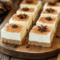 Für die Kruste brauchen Sie folgende Zutaten: - 1 ½ Tassen Graham-Cracker-Brösel - ½ Tasse ungesüßte Kokosflocken - ⅓ Tasse brauner Zucker - ½ Tasse ungesalzene Butter, geschmolzen Diese Zutaten bilden die Basis. Graham-Cracker-Brösel geben die nötige Struktur. Kokosflocken bringen einen tollen Geschmack. Der braune Zucker sorgt für eine leichte Süße und die Butter bindet alles zusammen. Die Frischkäsemischung ist das Herzstück des Käsekuchens. Sie benötigt: - 225 g Frischkäse, weich - 1 Tasse Puderzucker - 1 Tasse Schlagsahne Der Frischkäse gibt eine cremige Textur. Puderzucker sorgt für die Süße. Die Schlagsahne macht die Mischung leicht und fluffig. Die Gewürze und Aromen bringen den Chai-Geschmack in die Riegel. Hier sind die Zutaten: - 2 Esslöffel Chai-Tee-Mischung (loser Tee oder Teebeutel) - 1 Teelöffel Vanilleextrakt - 1 Teelöffel gemahlener Zimt - ½ Teelöffel gemahlener Kardamom - ¼ Teelöffel gemahlener Ingwer - Eine Prise Muskatnuss - ¼ Teelöffel Salz Die Chai-Tee-Mischung gibt den Riegeln ihr einzigartiges Aroma. Vanilleextrakt verstärkt die Süße. Zimt, Kardamom, Ingwer und Muskatnuss bringen eine warme Gewürznote. Salz rundet alles ab und hebt die Aromen hervor. Zuerst mache ich die Kruste. In einer großen Schüssel mische ich 1 ½ Tassen Graham-Cracker-Brösel, ½ Tasse ungesüßte Kokosflocken und ⅓ Tasse braunen Zucker. Dann füge ich ½ Tasse geschmolzene Butter hinzu. Ich rühre alles gut um. Die Mischung sollte feucht und krümelig sein, wie nasser Sand. Ich lege eine 20x20 cm große Backform mit Backpapier aus. Das Papier lasse ich an den Seiten überhängen. So kann ich die Riegel später leicht herausheben. Danach drücke ich die Krustenmischung gleichmäßig auf den Boden der Form. Um die Kruste fester zu machen, stelle ich sie für etwa 15 Minuten in den Kühlschrank. Jetzt mache ich die Frischkäsemischung. Ich nehme 225 g weichen Frischkäse und rühre ihn in einer großen Schüssel glatt. Dann gebe ich nach und nach 1 Tasse Puderzucker hinzu und mixe weiter. Die Mischung sollte homogen und cremig sein. In einer anderen Schüssel schlage ich 1 Tasse Schlagsahne steif. Ich achte darauf, dass sich feste Spitzen bilden. Das gibt der Käsekuchenmasse eine luftige Textur. Dann kombiniere ich die Aromen. Ich füge 2 Esslöffel Chai-Tee-Mischung, 1 Teelöffel Vanilleextrakt, 1 Teelöffel gemahlenen Zimt, ½ Teelöffel gemahlenen Kardamom, ¼ Teelöffel gemahlenen Ingwer, eine Prise Muskatnuss und ¼ Teelöffel Salz zur Frischkäsemischung hinzu. Ich vermenge alles gut, bis die Gewürze gleichmäßig verteilt sind. Jetzt ist es Zeit, alles zusammenzustellen. Ich hebe die geschlagene Sahne vorsichtig unter die Frischkäsemischung. Dabei achte ich darauf, die Luftigkeit nicht zu verlieren. Ich gieße die Käsekuchenfüllung gleichmäßig über die gekühlte Kruste. Um Luftblasen zu entfernen, klopfe ich die Form leicht auf die Arbeitsfläche. Jetzt decke ich die Form mit Frischhaltefolie ab und stelle sie für mindestens 4 Stunden in den Kühlschrank. Nach der Kühlzeit hebe ich die Riegel mithilfe des überhängenden Backpapiers aus der Form. Ich schneide sie in Quadrate oder Rechtecke und serviere sie gut gekühlt. Um die ideale Kruste zu machen, mische die Graham-Cracker-Brösel, Kokosflocken und Zucker gut. Achte darauf, dass die Mischung feucht ist. So kann sie gut zusammenhalten. Drücke die Mischung fest in die Form. Dies hilft, die Kruste stabil zu machen. Lass die Kruste im Kühlschrank ruhen. Dies macht sie fester und leichter zu schneiden. Die Schlagsahne sollte richtig steif sein. Beginne mit kalter Sahne in einer kalten Schüssel. Schlage sie bis feste Spitzen entstehen. Dies gibt deinem Cheesecake eine luftige Textur. Sei vorsichtig beim Unterheben in die Frischkäsemischung. Mische sanft, damit die Luftigkeit bleibt. So wird dein Cheesecake schön leicht und cremig. Für die Präsentation kannst du die Käsekuchenriegel auf einer schönen Platte anrichten. Bestäube sie leicht mit Zimt für einen tollen Look. Du kannst auch ein paar Sternanis danebenlegen. Das sieht nicht nur gut aus, sondern gibt auch einen Hauch von Chai-Aroma. Serviere die Riegel gut gekühlt. So schmecken sie am besten! {{image_4}} Wenn Sie Allergien haben, können Sie diese Riegel leicht anpassen. Verwenden Sie glutenfreie Graham-Cracker für die Kruste. So machen Sie die Riegel glutenfrei. Für eine laktosefreie Option wählen Sie laktosefreien Frischkäse und Schlagsahne. Diese Alternativen bieten den gleichen tollen Geschmack, ohne die Allergene. Für neue Geschmackserlebnisse probieren Sie verschiedene Tees. Matcha oder Earl Grey können wunderbare Alternativen sein. Wenn Sie Nüsse mögen, fügen Sie gehackte Mandeln oder Walnüsse hinzu. Diese bringen einen tollen Crunch. Sie können auch Schokoladensplitter oder Karamellsauce obendrauf geben. Diese Variationen machen die Käsekuchenriegel noch interessanter. Diese Riegel sind perfekt für viele Anlässe. Sie sind ideal für Geburtstagsfeiern oder Gartenpartys. Schneiden Sie sie in kleine Stücke für einen schönen Dessertteller. Für Feiertage können Sie die Riegel mit einem Hauch von Puderzucker dekorieren. Sie passen gut zu einem Tee oder Kaffee am Nachmittag. Bei jedem Anlass bringen sie Freude und Geschmack. Die No-Bake Chai Latte Cheesecake Riegel sind leicht zu lagern. Bewahren Sie sie gut verpackt im Kühlschrank auf. Sie können die Riegel auch einfrieren. Schneiden Sie sie in Stücke und packen Sie sie in luftdichte Behälter. So bleiben sie frisch und lecker. Einfrieren hilft, die Aromen gut zu halten. Legen Sie die Riegel in eine flache Schüssel. Decken Sie sie mit Frischhaltefolie ab oder verwenden Sie einen luftdichten Behälter. Das schützt sie vor anderen Gerüchen im Kühlschrank. Stellen Sie sicher, dass sie gut gekühlt sind, bevor Sie sie aufbewahren. So bleibt die cremige Textur erhalten. Die Riegel halten sich im Kühlschrank etwa 5 bis 7 Tage. Wenn Sie sie einfrieren, können sie bis zu 2 Monate frisch bleiben. Achten Sie darauf, sie gut zu verpacken, um Gefrierbrand zu vermeiden. Vor dem Servieren die gefrorenen Riegel einfach im Kühlschrank auftauen. So genießen Sie jeden Bissen frisch und köstlich! Ja, du kannst die Mengen leicht anpassen. Wenn du weniger Riegel möchtest, halbierst du die Zutaten. Für mehr Riegel verdoppeln, aber achte auf die Größe der Form. Das Verhältnis von Zutaten bleibt wichtig. Du kannst auch die Füllung variieren. Probiere andere Gewürze für einen neuen Geschmack. Die Riegel brauchen mindestens vier Stunden im Kühlschrank. Das Kühlen hilft der Füllung, fest zu werden. Wenn du Zeit hast, lasse sie über Nacht kühlen. So schmecken sie noch besser. Achte darauf, sie gut abzudecken, damit sie frisch bleiben. Falls du keinen Frischkäse magst, gibt es gute Alternativen. Quark ist eine tolle Option. Er hat eine ähnliche Textur und einen milden Geschmack. Du kannst auch veganen Frischkäse verwenden. Achte auf die Konsistenz, damit die Füllung nicht zu flüssig wird. In diesem Artikel haben wir die Zutaten, die Zubereitung und die Aufbewahrung von Käsekuchenriegeln besprochen. Du weißt jetzt, welche Zutaten die beste Kruste und die leckerste Frischkäsemischung ergeben. Die Tipps helfen dir, perfekte Riegel zu kreieren. Denk daran, deine Variationen für den besonderen Anlass anzupassen. Schließlich kannst du die Riegel einfach lagern, damit sie lange frisch bleiben. Viel Spaß beim Ausprobieren und Genießen deiner Köstlichkeiten!