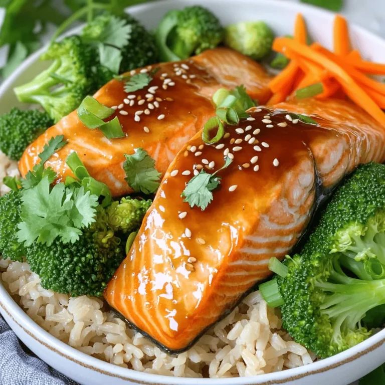 Für deine Teriyaki-Lachs-Bowls brauchst du: - 2 Lachsfilets (je ca. 170 g) - 2 Tassen gekochter Vollkornreis oder Quinoa - 1 Tasse gedämpfte Brokkoliröschen - 1 kleine Karotte, julienniert - 60 ml geschnittene Frühlingszwiebeln - 1 Esslöffel Sesamkörner als Garnitur - Frischer Koriander zum Garnieren Diese Zutaten machen dein Gericht nahrhaft und lecker. Der Lachs liefert hochwertiges Eiweiß, während der Reis oder die Quinoa dir Energie geben. Um den Lachs zu marinieren, brauchst du: - 60 ml natriumarme Sojasauce - 2 Esslöffel Honig oder Ahornsirup - 1 Esslöffel Reisessig - 1 Esslöffel frisch geriebener Ingwer - 1 Esslöffel gehackter Knoblauch - 1 Teelöffel Sesamöl Die Marinade gibt dem Lachs einen tollen Geschmack. Ingwer und Knoblauch sorgen für Frische und Tiefe in dieser Mischung. Du kannst die Bowls nach deinem Geschmack anpassen. Hier sind einige Ideen: - Verwende andere Gemüse wie Zucchini oder Paprika. - Probiere verschiedene Reissorten wie Jasmin- oder Basmati-Reis. - Für mehr Farbe füge Erbsen oder Spinat hinzu. Diese Optionen machen dein Gericht abwechslungsreich und spannend. So findest du immer neue Kombinationen, die dir gefallen. Zuerst mache ich die Marinade. In einer kleinen Schüssel mische ich: - 60 ml natriumarme Sojasauce - 2 Esslöffel Honig oder Ahornsirup - 1 Esslöffel Reisessig - 1 Esslöffel frisch geriebener Ingwer - 1 Esslöffel gehackter Knoblauch - 1 Teelöffel Sesamöl Ich rühre alles gut um, bis es gleichmäßig vermischt ist. Diese Mischung wird dem Lachs viel Geschmack geben. Nun lege ich die Lachsfilets in eine flache Schüssel. Ich gieße die Hälfte der Marinade darüber. Dann lasse ich die Filets etwa 10 Minuten marinieren. Währenddessen kann ich die anderen Zutaten vorbereiten. So zieht der Geschmack richtig ein. Jetzt erhitze ich eine beschichtete Pfanne bei mittlerer bis hoher Hitze. Ich nehme die Lachsfilets aus der Marinade und entsorge die restliche Marinade. Die Filets lege ich mit der Hautseite nach unten in die heiße Pfanne. Ich brate den Lachs ca. 4-5 Minuten. Die Haut sollte schön knusprig werden. Dann wende ich den Lachs und gare ihn für weitere 3-4 Minuten. Die Innentemperatur sollte 62°C erreichen. Ich nehme zwei Servierschalen und gebe eine Basis aus gekochtem Vollkornreis oder Quinoa hinein. Darauf platziere ich gedämpfte Brokkoliröschen und die juliennierten Karotten. So sieht es gleich schöner aus. Jetzt kommt der Lachs auf das Gemüse und den Reis. Ich träufle etwas von der reservierten Marinade über den Lachs und das Gemüse. Das gibt extra Geschmack. Zum Schluss garniere ich die Bowls mit geschnittenen Frühlingszwiebeln, Sesamkörnern und frischem Koriander. So wird das Gericht farbenfroh und einladend. Um den perfekten Lachs zu garen, achte auf die Hitze. Die Pfanne sollte heiß sein. Lege die Lachsfilets mit der Hautseite nach unten. Brate sie vier bis fünf Minuten. Die Haut wird knusprig und lecker. Wende den Lachs und brate ihn weitere drei bis vier Minuten. Die Innentemperatur soll 62 Grad erreichen. So bleibt der Lachs saftig und zart. Wenn du die Marinade variieren möchtest, probiere andere Zutaten. Statt Honig kannst du auch Agavendicksaft verwenden. Für mehr Schärfe füge etwas Chili oder Sriracha hinzu. Du kannst auch Limettensaft anstelle von Reisessig nutzen. Diese Alternativen geben dem Gericht einen neuen Twist und machen es spannend. Eine schöne Bowl sieht appetitlicher aus. Platziere den Lachs auf einer Seite. Das Gemüse und der Reis sollten die andere Seite füllen. Nutze frischen Koriander als Garnitur. Er bringt Farbe und Aroma. Für einen zusätzlichen Crunch streue Sesamkörner darüber. So wird dein Gericht zum Hingucker auf jedem Tisch. {{image_4}} Wenn du eine vegetarische Option suchst, probiere Tofu oder Tempeh. Diese Proteine sind ideal für Teriyaki. Mariniere sie wie den Lachs. Tofu nimmt die Marinade gut auf und wird lecker. Tempeh hat einen nussigen Geschmack. Beide bieten eine schöne Textur in deiner Bowl. Du kannst mit Gemüse kreativ werden. Brokkoli und Karotten sind toll, aber auch Paprika und Zucchini passen gut. Röste das Gemüse für mehr Geschmack. Diese Farben und Texturen machen deine Bowl aufregend. Experimentiere mit dem, was du magst oder zur Hand hast. Reis ist eine beliebte Wahl, aber Quinoa hat viele Vorteile. Quinoa ist reich an Protein und Ballaststoffen. Du kannst auch braunen Reis oder sogar Blumenkohlreis verwenden. Diese Optionen sind gesund und lecker. Der Wechsel der Beilagen gibt dir neue Geschmackserlebnisse. Um die Teriyaki-Lachs-Bowls frisch zu halten, lege sie in luftdichte Behälter. Verwende separate Behälter für den Lachs und das Gemüse. So bleibt alles knusprig und lecker. Kühl die Bowls sofort nach dem Essen, damit die Zutaten frisch bleiben. Wenn du die Bowls wieder erwärmen möchtest, benutze die Mikrowelle. Stelle die Mikrowelle auf mittlere Leistung. Erwärme die Bowls für 1-2 Minuten. Überprüfe die Temperatur, damit alles gleichmäßig warm wird. Du kannst auch eine Pfanne verwenden. Erhitze sie bei mittlerer Hitze. Rühre vorsichtig um, bis alles warm ist. Im Kühlschrank halten sich die Bowls 2-3 Tage. Achte darauf, sie gut verpackt aufzubewahren. Im Gefrierfach kannst du die Bowls bis zu 2 Monate lagern. Denke daran, die Bowls vor dem Gefrieren gut einzupacken, um Gefrierbrand zu vermeiden. Auftauen kannst du sie einfach im Kühlschrank über Nacht. Ja, gefrorener Lachs ist eine gute Option. Achte darauf, ihn vorher gut aufzutauen. Dies hilft, die Textur zu erhalten. Verwende gefrorenen Lachs, wenn frischer Lachs nicht verfügbar ist. Gekaufter gefrorener Lachs hat oft gleichwertige Nährstoffe. Lass den Lachs etwa 10 Minuten marinieren. Diese Zeit reicht aus, um den Geschmack aufzunehmen. Zu langes Marinieren kann den Lachs weich machen. Ein schneller Marinierungsschritt bringt dir die besten Ergebnisse. Mit natriumarmer Sojasauce ist das Gericht nicht glutenfrei. Verwende stattdessen glutenfreie Sojasauce. Damit bleibt der Geschmack gleich, und du kannst die Bowls genießen. Achte beim Einkaufen auf die Zutatenliste für Sicherheit. Die Teriyaki-Lachs-Bowl ist einfach und köstlich. Wir haben die besten Zutaten für die Marinade, das Gemüse und den Reis behandelt. Mit unserer Schritt-für-Schritt-Anleitung gelingt der Lachs perfekt. Ich habe auch Tipps gegeben, um die Bowls schön zu präsentieren und einige Variationen vorgeschlagen. Denke daran, wie du die Bowls richtig lagerst, damit sie frisch bleiben. Mit den FAQs hast du alle Antworten auf deine Fragen. Probiere es aus! Du wirst begeistert sein von diesem leckeren Gericht.