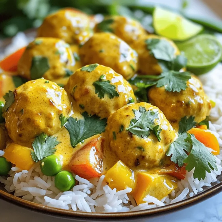 Für die Fleischbällchen brauchen wir: - 450 g gemahlenes Hühnchen - 125 g Semmelbrösel - 60 g frischer Koriander, gehackt - 1 Esslöffel Ingwer, fein gehackt - 2 Knoblauchzehen, fein gehackt - 1 Teelöffel Currypulver - 1/2 Teelöffel Kurkuma - Salz und Pfeffer nach Geschmack Diese Zutaten geben den Fleischbällchen ihren tollen Geschmack. Das Hühnchen sorgt für die Basis. Semmelbrösel helfen, die Bällchen zusammenzuhalten. Koriander, Ingwer und Knoblauch bringen frische Aromen in jedes Bällchen. Currypulver und Kurkuma geben eine schöne Farbe und Geschmack. Für die Sauce benötigen wir: - 1 Esslöffel Kokosöl - 1 Dose (400 ml) Kokosmilch - 240 ml Hühnerbrühe - 2 Esslöffel rote Currypaste - 150 g Paprika, gewürfelt (verschiedene Farben) - 150 g Zuckerschoten, geputzt - Saft von 1 Limette Das Kokosöl bringt gesunde Fette in die Sauce. Kokosmilch macht sie cremig und reichhaltig. Hühnerbrühe fügt Tiefe hinzu. Rote Currypaste sorgt für Würze und Geschmack. Das Gemüse gibt Frische und Farbe. Frische Kräuter und Gewürze sind wichtig. Sie machen das Gericht lebendig. - Koriander ist hier der Star. Er hat einen frischen, zitrischen Geschmack. - Limettensaft bringt eine spritzige Note. Kräuter und Gewürze sind der Schlüssel zu einem tollen Gericht. Sie machen die Kokos-Curry-Hühnchen-Fleischbällchen besonders. Zuerst nimmst du eine große Schüssel. Dort vermischst du 450 g gemahlenes Hühnchen mit 125 g Semmelbrösel. Füge 60 g gehackten Koriander, 1 Esslöffel fein gehackten Ingwer und 2 fein gehackte Knoblauchzehen hinzu. Dann kommen 1 Teelöffel Currypulver, 1/2 Teelöffel Kurkuma sowie Salz und Pfeffer nach Geschmack dazu. Mische alles gut. Achte darauf, dass die Zutaten gleichmäßig verteilt sind. Nun forme kleine Fleischbällchen, etwa 2,5 cm groß, und lege sie beiseite. Erhitze in einem großen Topf 1 Esslöffel Kokosöl bei mittlerer Hitze. Wenn das Öl heiß ist, gib die Fleischbällchen hinein. Brate sie 5-7 Minuten rundherum an, bis sie goldenbraun sind. Nimm die Fleischbällchen dann aus dem Topf und lege sie beiseite. Im gleichen Topf gibst du eine Dose (400 ml) Kokosmilch, 240 ml Hühnerbrühe und 2 Esslöffel rote Currypaste dazu. Rühre alles gut um, damit sich die Zutaten vermischen. Lass die Mischung sanft köcheln. Jetzt kommt das Gemüse ins Spiel. Füge 150 g gewürfelte Paprika und 150 g geputzte Zuckerschoten in den Topf. Koche das Gemüse 3-4 Minuten, bis es leicht weich wird. Gib dann die Fleischbällchen zurück in den Topf. Achte darauf, dass sie in der Kokos-Curry-Sauce vollständig eingetaucht sind. Decke den Topf ab und lasse alles 10-15 Minuten köcheln, bis die Fleischbällchen durch sind. Nimm den Topf vom Herd und rühre den Saft von 1 Limette unter. Das gibt dem Gericht einen frischen Geschmack. Du kannst nach Belieben nachwürzen. Serviere die Kokos-Curry-Hühnchen-Fleischbällchen auf einem Bett aus fluffigem Jasminreis. Garniere sie mit frischen Korianderblättern und Limettenvierteln für extra Frische. Um die perfekten Fleischbällchen zu machen, mischen Sie das gemahlene Hühnchen gut. Achten Sie darauf, dass die Semmelbrösel gleichmäßig verteilt sind. Verwenden Sie frischen Koriander, Ingwer und Knoblauch. Diese Zutaten bringen viel Geschmack. Formen Sie die Bällchen klein, etwa 2,5 cm groß. So garen sie gleichmäßig. Braten Sie die Bällchen in heißem Kokosöl an. Lassen Sie sie goldbraun werden, das gibt einen tollen Geschmack. Die Kokos-Curry-Sauce ist sehr vielseitig. Sie können die rote Currypaste durch grüne oder gelbe ersetzen. Das verändert den Geschmack. Fügen Sie mehr Gemüse hinzu, wie Karotten oder Brokkoli. Für eine schärfere Note können Sie frische Chilischoten einrühren. Oder reduzieren Sie die Currypaste, wenn Sie es milder mögen. Experimentieren Sie mit verschiedenen Kräutern und Gewürzen. So finden Sie Ihre Lieblingsversion. Servieren Sie die Fleischbällchen auf Jasminreis. Der Reis nimmt die Sauce gut auf. Frische Korianderblätter oben drauf sind ein Muss. Sie bringen Farbe und Geschmack. Limettenviertel passen auch gut dazu. Ein Spritzer Limettensaft macht alles frisch. Sie können auch Naan-Brot hinzufügen. Es ist perfekt, um die Sauce zu genießen. Und denken Sie an frisches Gemüse oder einen Salat als Beilage. So wird Ihr Gericht noch bunter. {{image_4}} Sie können dieses Gericht auch vegetarisch zubereiten. Statt Hühnchen verwenden Sie gemahlene Kichererbsen oder Tofu. Diese Zutaten haben einen ähnlichen Geschmack und Textur. Mischen Sie die Kichererbsen mit Semmelbröseln, Gewürzen und frischen Kräutern. Formen Sie dann die Fleischbällchen wie im Originalrezept. Der Prozess bleibt gleich und bringt Ihnen eine köstliche, fleischlose Option. Wenn Sie Abwechslung wünschen, probieren Sie Rinder- oder Putenhackfleisch. Diese Fleischsorten passen gut zum Kokos-Curry-Geschmack. Achten Sie darauf, die Garzeit anzupassen. Rindfleisch braucht etwas länger, um zart zu werden. Putenhackfleisch hingegen garen Sie ähnlich wie Hühnchen. Jede Fleischsorte bringt eine neue Note in das Gericht. Möchten Sie es schärfer? Fügen Sie mehr rote Currypaste hinzu. Beginnen Sie mit einem Teelöffel und probieren Sie die Sauce. Schärfe ist subjektiv, also achten Sie darauf, es langsam zu steigern. Für weniger Schärfe können Sie die Currypaste reduzieren oder milde Paprika verwenden. Diese Anpassungen helfen Ihnen, das perfekte Gleichgewicht für Ihren Geschmack zu finden. Wenn du Reste von den Kokos-Curry-Hühnchen-Fleischbällchen hast, kannst du sie einfach lagern. Lass die Fleischbällchen zuerst auf Raumtemperatur abkühlen. Danach gib sie in einen luftdichten Behälter. Du kannst sie bis zu drei Tage im Kühlschrank aufbewahren. Achte darauf, dass sie gut verschlossen sind, damit sie frisch bleiben. Du kannst die Fleischbällchen auch einfrieren. Formen und brate sie wie im Rezept beschrieben. Lass sie dann ganz abkühlen. Lege die Fleischbällchen in eine einzelne Schicht auf ein Backblech. Friere sie für etwa eine Stunde ein. Danach kannst du sie in einen Gefrierbeutel geben. So bleiben sie bis zu drei Monate haltbar. Vergiss nicht, das Datum auf den Beutel zu schreiben. Wenn du die Fleischbällchen wieder aufwärmen möchtest, gibt es ein paar einfache Wege. Du kannst sie in der Mikrowelle aufwärmen. Stelle sie in eine mikrowellengeeignete Schüssel und decke sie ab. Erhitze sie in kurzen Intervallen, bis sie heiß sind. Eine andere Methode ist, sie in einer Pfanne mit etwas Kokosmilch zu erwärmen. Das hält sie saftig. Achte darauf, sie nicht zu lange zu kochen, damit sie nicht trocken werden. Um die Fleischbällchen saftiger zu machen, füge mehr Kokosmilch hinzu. Du kannst auch ein Ei in die Mischung geben. Das Ei hilft den Fleischbällchen, zusammenzuhalten. Eine weitere Möglichkeit ist, die Fleischbällchen nur kurz anzubraten. So bleiben sie innen schön zart. Ja, du kannst die Kokosmilch ersetzen. Verwende stattdessen Soja- oder Mandelmilch. Diese Alternativen geben einen anderen Geschmack, aber sie funktionieren gut. Du kannst auch Sahne oder Joghurt verwenden für eine cremigere Textur. Als Beilage empfehle ich Jasminreis oder Basmatireis. Beide Reisarten passen perfekt zum Curry. Du kannst auch Quinoa oder gebratenes Gemüse servieren. Auch Naan-Brot ist eine gute Wahl, um die köstliche Sauce aufzutunken. Du hast alles Wichtige über die Zubereitung von Fleischbällchen und Sauce gelernt. Die Auswahl frischer Zutaten macht den Unterschied. Mit einfachen Tipps und kreativen Varianten kannst du das Gericht anpassen. Denk daran, Reste richtig zu lagern, um den Genuss zu verlängern. Probier die verschiedenen Rezeptvarianten aus und finde deinen Favoriten. So wird jedes Essen mit Fleischbällchen ein Hit auf dem Tisch!