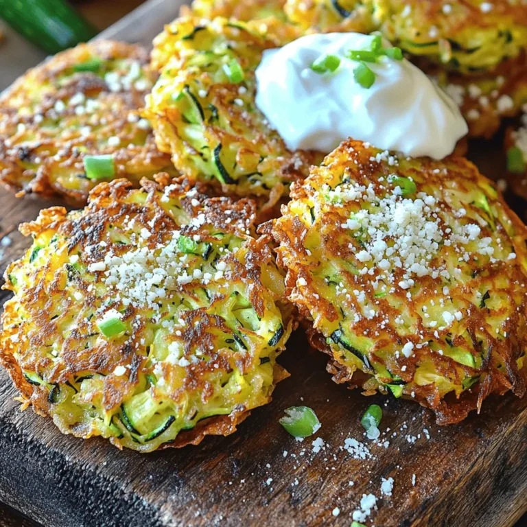 Für die Zubereitung der Crispy Parmesan Zucchini Fritters benötigst du folgende Hauptzutaten: - 2 mittelgroße Zucchinis, gerieben - 1 Teelöffel Salz - 1/2 Tasse Weizenmehl - 1/2 Tasse geriebener Parmesan-Käse - 1 großes Ei - 1/4 Tasse grüne Zwiebeln, fein gehackt - 2 Knoblauchzehen, gehackt - 1/2 Teelöffel schwarzer Pfeffer - 1/4 Teelöffel rote Pfefferflocken (optional) - Olivenöl zum Braten Diese Zutaten sorgen für eine köstliche und knusprige Textur. Die Gewürze und zusätzlichen Zutaten sind wichtig für den Geschmack: - Salz zieht die Feuchtigkeit aus der Zucchini. - Schwarzer Pfeffer gibt einen leichten Kick. - Rote Pfefferflocken fügen optional eine scharfe Note hinzu. Das Hinzufügen von frischen Kräutern kann den Geschmack weiter verbessern, besonders beim Servieren. Hochwertige Zutaten machen einen großen Unterschied: - Verwende frische Zucchini, um den besten Geschmack zu erhalten. - Wähle einen guten Parmesan-Käse. Frisch geriebener Käse hat mehr Aroma. - Olivenöl sollte kaltgepresst sein. Es ist gesünder und hat einen besseren Geschmack. Mit diesen Empfehlungen bereitest du die besten Crispy Parmesan Zucchini Fritters zu. Zuerst reibe die Zucchini grob. Du brauchst zwei mittelgroße Zucchinis. Gib die geriebene Zucchini in ein sauberes Küchentuch. Streue einen Teelöffel Salz gleichmäßig darüber. Lass die Zucchini etwa 10 Minuten ruhen. Das Salz hilft, die Flüssigkeit zu entziehen. Nach 10 Minuten wringe das Tuch gut aus. Entferne so viel Wasser wie möglich. Nun hast du die abgetropfte Zucchini bereit für die Mischung. Gib die Zucchini in eine große Rührschüssel. Füge 1/2 Tasse Weizenmehl, 1/2 Tasse geriebenen Parmesan, 1 großes Ei und 1/4 Tasse fein gehackte grüne Zwiebeln hinzu. Hacke auch 2 Knoblauchzehen und füge sie hinzu. Mische alles gut. Du solltest eine dicke Masse erhalten, die zusammenhält. Wenn die Mischung zu nass ist, füge mehr Mehl hinzu. Erhitze eine große Pfanne bei mittlerer Hitze. Gib genug Olivenöl hinein, um den Boden zu bedecken. Wenn das Öl heiß ist, setze mit einem Esslöffel Portionen der Zucchinimischung in die Pfanne. Drücke sie leicht mit der Rückseite des Löffels flach. Brate die Puffer etwa 3-4 Minuten auf jeder Seite. Achte darauf, dass sie goldbraun und knusprig werden. Überfülle die Pfanne nicht. Arbeite gegebenenfalls in mehreren Durchgängen. Nehme die fertigen Puffer aus der Pfanne. Lege sie auf einen Teller mit Küchentüchern, um überschüssiges Öl zu absorbieren. Serviere die Puffer heiß. Du kannst sie optional mit extra geriebenem Parmesan und einem Klecks Sauerrahm oder griechischem Joghurt garnieren. Für einen schönen Look richte die Puffer auf einem dekorativen Teller an und füge frische Kräuter wie Thymian oder Petersilie hinzu. Um die Zucchinipuffer besonders knusprig zu machen, gibt es einige einfache Tricks: - Zucchini entwässern: Es ist wichtig, die Zucchini gut zu entwässern. Nach dem Reiben solltest du das Salz hinzufügen und die Zucchini 10 Minuten ruhen lassen. Dies hilft, überschüssige Feuchtigkeit zu entfernen. - Mehl anpassen: Wenn die Mischung zu feucht ist, füge mehr Weizenmehl hinzu. Die Mischung sollte dick genug sein, um zusammenzuhalten. - Heißes Öl: Stelle sicher, dass das Öl heiß genug ist, bevor du die Puffer brätst. Dies sorgt für eine knusprige Außenschicht. Einige häufige Fehler können die Qualität der Puffer beeinträchtigen: - Nicht genug entwässern: Wenn die Zucchini zu feucht bleibt, werden die Puffer matschig. Achte darauf, so viel Flüssigkeit wie möglich auszuwringen. - Überfüllte Pfanne: Wenn du zu viele Puffer auf einmal frittierst, sinkt die Temperatur des Öls. Brate sie in kleinen Portionen. - Zu wenig Hitze: Wenn die Hitze zu niedrig ist, werden die Puffer nicht knusprig. Stelle sicher, dass die Pfanne gut vorgeheizt ist. Einige Küchengeräte machen die Zubereitung einfacher: - Reibe: Eine feine Reibe hilft, die Zucchini gleichmäßig zu zerkleinern. - Pfanne: Eine gute Antihaftpfanne ist wichtig, um ein Ankleben zu verhindern. - Küchentuch: Verwende ein sauberes Küchentuch, um die Zucchini gut zu entwässern. Diese Tipps und Tricks helfen dir, die perfekten knusprigen Parmesan-Zucchini-Puffer zu zaubern. {{image_4}} Zucchini-Fritter sind sehr vielseitig. Sie sind lecker mit anderen Käsesorten. Du kannst Mozzarella für eine cremige Textur verwenden. Feta bringt einen salzigen Geschmack. Asiatischer Käse wie Cheddar passt gut für einen kräftigen Biss. Experimentiere mit verschiedenen Käsesorten, um deinen Lieblingsgeschmack zu finden. Für eine glutenfreie Variante nutze Mandelmehl oder Kichererbsenmehl. Diese Mehle geben den Frittern eine gute Bindung. Wenn du vegan bist, ersetze das Ei durch eine Mischung aus Leinsamen und Wasser. Diese Mischung sorgt für die nötige Bindung. So kannst du die Fritter auch ohne tierische Produkte genießen. Füge Gewürze hinzu, um den Geschmack zu verändern. Zum Beispiel geben italienische Kräuter wie Oregano und Basilikum einen tollen Geschmack. Eine Prise Paprika oder Kreuzkümmel kann die Fritter aufpeppen. Wenn du es scharf magst, füge mehr rote Pfefferflocken hinzu. Diese Variationen machen die Zucchini-Fritter noch spannender und leckerer. Um die Zucchinifritter frisch zu halten, lassen Sie sie zuerst abkühlen. Legen Sie die Puffer in eine flache Schicht auf einen Teller. Decken Sie sie mit Alufolie ab oder verwenden Sie einen luftdichten Behälter. So bleiben sie knusprig. Lagern Sie die Puffer im Kühlschrank, wenn Sie sie innerhalb von ein paar Tagen essen möchten. Wenn es Zeit ist, die Reste aufzuwärmen, gibt es einige Optionen. Die beste Methode ist, sie in einer Pfanne auf mittlerer Hitze zu erwärmen. Fügen Sie ein wenig Olivenöl hinzu, um die Puffer knusprig zu machen. Sie können auch den Ofen nutzen. Legen Sie die Puffer auf ein Backblech und erhitzen Sie sie bei 180 Grad Celsius für etwa 10-15 Minuten. So werden sie wieder warm und lecker. Die Zucchinifritter sind im Kühlschrank etwa 3-4 Tage haltbar. Wenn Sie sie länger aufbewahren möchten, können Sie sie einfrieren. Legen Sie die abgekühlten Puffer in einen gefrierfesten Behälter oder in Gefrierbeutel. So bleiben sie bis zu 2 Monate frisch. Zum Auftauen einfach über Nacht im Kühlschrank lassen oder sie direkt in der Pfanne oder im Ofen aufwärmen. Um die Zucchinipuffer knuspriger zu machen, kann ich dir einige Tipps geben: - Zucchini gut entwässern: Lass die Zucchini mit Salz ruhen. Das hilft, überschüssige Flüssigkeit zu entfernen. - Mehr Mehl verwenden: Füge etwas mehr Weizenmehl zur Mischung hinzu. Das bindet die Feuchtigkeit und macht die Puffer fester. - Höhere Temperatur: Erhitze das Öl gut, bevor du die Puffer hineinlegst. Heißes Öl sorgt für eine schnellere Kruste. - In kleinen Portionen frittieren: So können die Puffer gleichmäßig und schnell knusprig werden. Ja, die Zucchinipuffer können auch im Ofen gebacken werden. Hier ist, wie du es machst: - Backofen auf 200°C vorheizen: Das sorgt für eine gleichmäßige Hitze. - Backblech vorbereiten: Lege ein Blech mit Backpapier aus und bestreiche es leicht mit Olivenöl. - Puffer formen: Forme die Zucchinimischung zu kleinen flachen Scheiben und lege sie auf das Blech. - Backzeit: Backe die Puffer 20-25 Minuten, bis sie goldbraun und knusprig sind. Wende sie nach der Hälfte der Zeit, um beide Seiten gleichmäßig zu bräunen. Zu den Zucchinipuffern passen viele leckere Beilagen: - Sauerrahm oder griechischer Joghurt: Diese geben eine cremige Frische dazu. - Salate: Ein leichter grüner Salat ergänzt die Puffer gut. - Tomatensauce: Eine würzige Sauce bringt einen neuen Geschmack. - Frische Kräuter: Petersilie oder Thymian bringen Farbe und Aroma. Diese Kombinationen machen die Zucchinipuffer noch köstlicher! In diesem Artikel haben wir die Grundlagen für knusprige Parmesan Zucchini Fritters besprochen. Du hast erfahren, welche Hauptzutaten nötig sind und wie man sie richtig zubereitet. Wir haben Tipps gegeben, um die Puffer besonders knusprig zu machen, und Variationen vorgestellt. Zudem gab es nützliche Informationen zur Lagerung und Haltbarkeit. Denke daran, gute Zutaten verwenden, macht einen großen Unterschied. Experimentiere mit verschiedenen Gewürzen und Käse. Selbstgemachte Zucchinipuffer sind lecker und gesund!