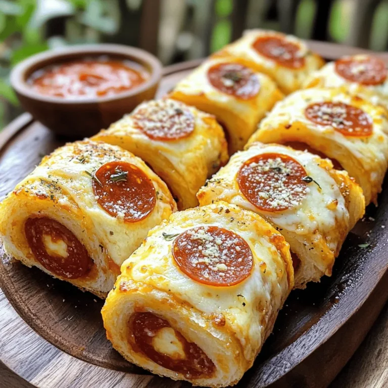 Für die Cheesy Pepperoni Roll-Ups brauchst du folgende Hauptzutaten: - 1 Paket gekühlter Pizzateig - 1 Tasse geriebener Mozzarella-Käse - 1/2 Tasse in Scheiben geschnittener Peperoni - 1/4 Tasse geriebener Parmesan-Käse Diese Zutaten geben den Roll-Ups ihren tollen Geschmack und die perfekte Konsistenz. Der Pizzateig sorgt für eine leckere Basis. Der Mozzarella schmilzt schön und macht die Roll-Ups cremig. Die Peperoni fügen einen würzigen Kick hinzu. Zusätzlich benötigst du einige Gewürze und Zutaten: - 1 Teelöffel italienische Gewürzmischung - 1 Esslöffel Olivenöl - 1 Ei, verquirlt (für die Ei-Waschschicht) - Marinara-Sauce zum Dippen Die italienische Gewürzmischung bringt frische Aromen in die Roll-Ups. Das Olivenöl hilft, die Oberseite schön knusprig zu machen. Das Ei sorgt für eine goldene Farbe. Die Marinara-Sauce dient als perfekter Dip, um die Roll-Ups noch besser zu genießen. Eine Portion besteht aus einem Stück der Roll-Ups. Hier sind die ungefähren Nährwerte pro Portion: - Kalorien: 150 - Fett: 9 g - Kohlenhydrate: 12 g - Eiweiß: 6 g Diese Nährwerte zeigen, dass die Roll-Ups ein leckerer Snack sind, der nicht zu schwer ist. Sie sind ideal für einen Filmabend oder eine Party. Heize deinen Ofen auf 200°C vor. Das ist wichtig, damit die Roll-Ups schön knusprig werden. Lege ein Backblech mit Backpapier aus. Das hilft, das Ankleben zu vermeiden, und macht die Reinigung leicht. Rolle den gekühlten Pizzateig auf einer leicht bemehlten Fläche aus. Mach ein Rechteck von etwa 30x20 cm. Verteile nun den geriebenen Mozzarella-Käse gleichmäßig über den Teig. Lass dabei einen kleinen Rand an den Kanten. Füge die in Scheiben geschnittenen Peperoni hinzu. Bestreue alles mit geriebenem Parmesan und der italienischen Gewürzmischung. Diese Gewürze bringen viel Geschmack. Beginne an einer langen Seite und rolle den Teig vorsichtig auf. Halte den Teig glatt, damit die Roll-Ups gut aussehen. Wenn du fertig bist, schneide die Rolle in 2,5 cm dicke Stücke. Lege die Roll-Ups mit etwas Abstand auf das Backblech. Bestreiche die Oberseite mit dem verquirlten Ei, damit sie glänzen. Träufle etwas Olivenöl darüber. Backe die Roll-Ups im Ofen für 15 bis 20 Minuten. Sie sind fertig, wenn sie goldbraun und sprudelnd sind. Lass sie kurz abkühlen. Serviere sie dann mit Marinara-Sauce zum Dippen. Um die Roll-Ups perfekt zu machen, achte auf den Pizzateig. Rolle ihn gleichmäßig aus. Ein gleichmäßiger Teig hilft, die Füllung gut einzuschließen. Verwende frischen Käse für den besten Geschmack. Verteile die Zutaten gleichmäßig, damit jeder Biss gleich gut schmeckt. Wenn du die Roll-Ups schneidest, benutze ein scharfes Messer. So bleibt die Füllung drin. Du kannst die Roll-Ups nach deinem Geschmack anpassen. Füge gewürfelte Paprika oder Zwiebeln hinzu. Das gibt extra Frische. Für einen scharfen Kick, probiere Jalapeños. Wenn du mehr Käse magst, mische Gouda oder Cheddar mit dem Mozzarella. Das macht die Roll-Ups noch geschmackvoller. Experimentiere mit verschiedenen Gewürzen. Ein Hauch von Knoblauchpulver passt gut dazu. Wenn du keine Peperoni magst, sind Schinken oder Hähnchen gute Alternativen. Diese Zutaten geben einen tollen Geschmack. Du kannst auch den Pizzateig durch Blätterteig ersetzen. Das sorgt für eine knusprige Textur. Wenn du laktosefrei kochen möchtest, gibt es viele laktosefreie Käseoptionen. So kannst du die Roll-Ups genießen, ohne auf den Geschmack zu verzichten. {{image_4}} Du kannst die Käse-Roll-Ups leicht anpassen. Lass einfach die Peperoni weg. Nimm stattdessen mehr Käse oder Gemüse. Zucchini, Paprika und Spinat sind tolle Optionen. Sie geben Geschmack und Farbe. Füge etwas Feta für einen salzigen Kick hinzu. Diese vegetarischen Roll-Ups sind ebenso lecker und gesund. Wenn du es scharf magst, füge etwas Jalapeños hinzu. Diese kleinen Paprika bringen viel Aroma. Du kannst auch scharfen Käse verwenden. Pepper Jack Käse macht die Roll-Ups richtig würzig. Achte darauf, die Menge an Peperoni und Jalapeños nach deinem Geschmack anzupassen. So werden sie genau richtig scharf für dich. Die Füllungen sind endlos! Du kannst auch Schinken oder Salami verwenden. Ein bisschen Pesto kann auch eine tolle Ergänzung sein. Experimentiere mit verschiedenen Käsesorten. Gouda oder Cheddar geben einen neuen Geschmack. Probiere auch verschiedene Kräuter aus. Basilikum oder Oregano können die Roll-Ups noch leckerer machen. Die Käse-Peperoni-Roll-Ups bleiben bis zu drei Tage frisch, wenn du sie gut lagerst. Bewahre sie in einem luftdichten Behälter auf. Wenn du sie im Kühlschrank hältst, bleiben sie am besten. Nach ein paar Tagen können sie etwas weich werden. Um die Roll-Ups einzufrieren, lasse sie zuerst abkühlen. Schneide sie in Portionen und lege sie in einen gefrierfesten Beutel. Achte darauf, die Luft so gut wie möglich herauszudrücken. So bleiben sie bis zu zwei Monate gut. Wenn du den Hunger verspürst, nimm eine Portion heraus und lasse sie über Nacht im Kühlschrank auftauen. Die beste Methode, um die Roll-Ups frisch zu halten, ist die Verwendung eines luftdichten Behälters. Du kannst sie auch in Folie einwickeln, bevor du sie in einen Behälter legst. Vermeide es, sie mit feuchten Tüchern zu bedecken. Das kann dazu führen, dass sie matschig werden. Halte die Roll-Ups an einem kühlen, trockenen Ort, um die besten Ergebnisse zu erzielen. Die Roll-Ups müssen 15 bis 20 Minuten backen. Du erkennst, dass sie fertig sind, wenn sie goldbraun und sprudelnd sind. Achte darauf, sie nicht zu lange zu backen, da sie sonst trocken werden. Ja, du kannst den Teig selbst machen. Ein einfacher Pizzateig ist schnell zubereitet. Mische Mehl, Wasser, Hefe und etwas Salz. Lass den Teig dann gehen, bis er aufgeht. Das gibt dir frische, selbstgemachte Roll-Ups. Marinara-Sauce ist der perfekte Dip für die Roll-Ups. Du kannst auch andere Saucen ausprobieren, wie Ranch-Dressing oder eine scharfe Salsa. Diese Dips ergänzen die Aromen sehr gut und machen das Essen noch spannender. Die Zutaten für die Roll-Ups sind einfach und lecker. Wir haben die Hauptzutaten, Gewürze und Nährwerte besprochen. Anschließend haben wir eine Schritt-für-Schritt-Anleitung gegeben, um perfekte Roll-Ups zu erstellen. Tipps und Varianten sorgen für mehr Geschmack. Wir lernten auch, wie man die Roll-Ups richtig aufbewahrt und beantworteten wichtige Fragen. Nutze dieses Wissen, um deine Roll-Ups zu perfektionieren. Mit diesen Ideen wirst du viele glückliche Gesichter sehen.