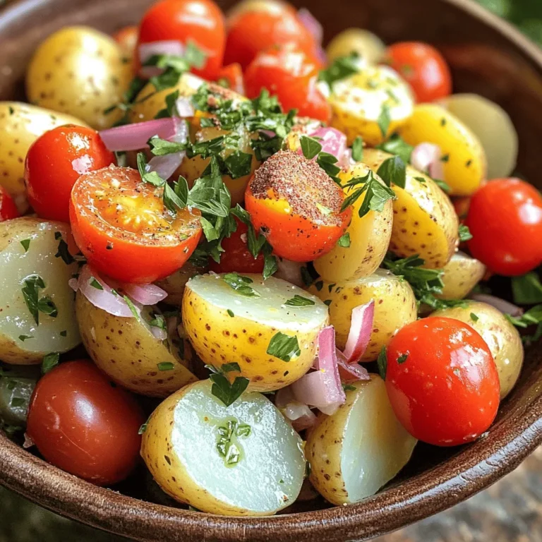 Für diesen leckeren Salat brauchen Sie folgende Zutaten: - 680 g Baby-Kartoffeln, halbiert - 2 Esslöffel Sumach - 60 ml Olivenöl - 1 Zitrone, entsaftet - 1 Teelöffel Honig oder Ahornsirup - 150 g Kirschtomaten, halbiert - 1/2 rote Zwiebel, fein gehackt - 125 g frische Petersilie, gehackt - Salz und Pfeffer nach Geschmack Diese Zutaten machen den Salat frisch und würzig. Die Baby-Kartoffeln sind zart und schmecken toll. Sumach bringt eine saure Note und ist das Geheimnis dieses Rezepts. Wenn Sie etwas Abwechslung möchten, können Sie einige Zutaten austauschen: - Statt Baby-Kartoffeln nehmen Sie festkochende Kartoffeln. Diese sind auch gut. - Verwenden Sie frische Minze anstelle von Petersilie für einen anderen Geschmack. - Fügen Sie Paprika oder Gurken für mehr Crunch hinzu. Diese Alternativen können den Salat aufpeppen. Experimentieren macht Spaß und bringt neue Aromen. Wählen Sie kleine, feste Kartoffeln. Achten Sie darauf, dass sie keine dunklen Flecken oder Keime haben. Frische Kartoffeln sind meist gleichmäßig gefärbt und fühlen sich fest an. Wenn Sie die Kartoffeln vor dem Kochen waschen, entfernen Sie Schmutz und Schadstoffe. So sorgen Sie für den besten Geschmack in Ihrem Salat. Um die Kartoffeln perfekt zuzubereiten, beginne ich mit frischen Baby-Kartoffeln. Ich halbiere sie und gebe sie in einen Topf. Fülle den Topf mit gesalzenem Wasser. Stelle den Herd auf mittlere bis hohe Hitze. Sobald das Wasser kocht, lasse ich die Kartoffeln etwa 15 bis 20 Minuten kochen. Ich teste sie mit einer Gabel. Wenn sie zart sind, sind sie bereit. Danach lasse ich sie abtropfen und leicht abkühlen. Für das Dressing nehme ich eine kleine Schüssel. Dort gebe ich das Olivenöl, den frisch gepressten Zitronensaft, den Honig oder Ahornsirup und die zwei Esslöffel Sumach. Ich verquirle alles gut mit einem kleinen Schneebesen. Dann würze ich mit Salz und Pfeffer. Ich probiere es und passe den Geschmack nach meinen Vorlieben an. In einer großen Schüssel mische ich die warmen Kartoffeln vorsichtig mit den halbierten Kirschtomaten. Ich füge die fein gehackte rote Zwiebel und die frische Petersilie hinzu. Jetzt gieße ich das Dressing über die Mischung. Ich hebe alles sanft unter, sodass die Kartoffeln gut überzogen sind. Vor dem Servieren lasse ich den Salat etwa 10 Minuten ruhen. So können die Aromen gut durchziehen. Zum Schluss streue ich eine Prise Sumach darüber. Das gibt dem Salat einen extra Frischekick. Um die besten Kartoffeln zu kochen, wähle kleine, feste Sorten. Baby-Kartoffeln sind ideal. Halbiere sie, damit sie schneller garen. Koche sie in gesalzenem Wasser. Das Salz hilft, den Geschmack zu verbessern. Koche die Kartoffeln 15 bis 20 Minuten. Sie sind fertig, wenn eine Gabel leicht eindringt. Lass sie abtropfen und leicht abkühlen, bevor du den Salat machst. Der Schlüssel zu einem tollen Geschmack liegt im Dressing. Verwende frisches Olivenöl und frisch gepressten Zitronensaft. Sumach bringt eine einzigartige, zitronige Note. Mische das Dressing gut und schmecke es ab. Füge Salz und Pfeffer nach deinem Geschmack hinzu. Lass den Salat nach dem Mischen etwas ruhen. So können sich die Aromen gut entfalten. Vermeide es, die Kartoffeln zu lange zu kochen. Sie sollten zart, aber nicht matschig sein. Mische die Zutaten vorsichtig, um die Kartoffeln nicht zu zerdrücken. Achte darauf, frisch gehackte Petersilie zu verwenden. Trockenkräuter können den Geschmack beeinträchtigen. Schließlich, schmecke das Dressing mehrmals ab, bevor du es hinzufügst. So stellst du sicher, dass alles perfekt ist. {{image_4}} Für eine vegetarische Version bleibt das Rezept gleich. Ersetzen Sie Honig durch Ahornsirup, um es vegan zu machen. Sie können auch Tofu oder Kichererbsen hinzufügen. Diese Zutaten geben dem Salat mehr Protein. Das macht ihn sättigender und nahrhafter. Um mehr Geschmack und Textur hinzuzufügen, probieren Sie diese Zutaten: - Feta-Käse: Für einen salzigen Kick. - Oliven: Fügen Sie grüne oder schwarze Oliven hinzu. - Paprika: Würfeln Sie rote oder gelbe Paprika. - Avocado: Für eine cremige Note. Diese Zutaten machen den Salat spannender und interessanter. Passen Sie den Salat an die Saison an! Im Sommer können frische Gurken und Radieschen hinzugefügt werden. Im Herbst können Sie geröstete Kürbiswürfel verwenden. Diese saisonalen Zutaten bringen Farbe und Geschmack. Nutzen Sie das, was frisch und lokal verfügbar ist. Das macht Ihr Essen nicht nur lecker, sondern auch nachhaltig. Um Ihren Sumac Kartoffelsalat frisch zu halten, verwenden Sie einen luftdichten Behälter. Stellen Sie sicher, dass der Salat abgekühlt ist, bevor Sie ihn lagern. So bleibt die Textur der Kartoffeln besser erhalten. Lagern Sie den Salat im Kühlschrank und essen Sie ihn innerhalb von drei Tagen. Wenn Sie Reste haben, können Sie den Salat leicht aufpeppen. Fügen Sie einen Spritzer Zitronensaft hinzu, um die Frische zu steigern. Ein wenig Olivenöl kann auch helfen, die Konsistenz zu verbessern. Mischen Sie alles vorsichtig, damit die Kartoffeln nicht zerfallen. Im Kühlschrank bleibt Ihr Salat etwa drei Tage frisch. Das Gemüse kann jedoch weich werden. Gefrieren ist nicht ideal, da die Kartoffeln ihre Textur verlieren. Es ist besser, den Salat frisch zu genießen, um den vollen Geschmack zu erleben. Sumach ist ein rotes Gewürz, das aus den Beeren eines Strauchs gewonnen wird. Es hat einen frischen, leicht säuerlichen Geschmack. In der Küche wird Sumach oft in Salaten, Marinaden und Fleischgerichten verwendet. Es bringt eine schöne Farbe und einen tollen Geschmack. Man kann es auch über Gerichte streuen, um mehr Aroma zu erhalten. Sumach hat einen einzigartigen Geschmack. Er ist weniger scharf als Pfeffer und hat eine milde Säure. Im Vergleich zu Zitrone hat Sumach einen weniger intensiven Geschmack, ist aber trotzdem frisch. Er passt gut zu anderen Gewürzen wie Kreuzkümmel und Paprika. Wenn Sie verschiedene Gewürze kombinieren, sorgt Sumach für eine spannende Geschmacksnote. Ja, Sie können die Kartoffeln ohne Kochen zubereiten. Eine Möglichkeit ist das Rösten im Ofen. Schneiden Sie die Kartoffeln in kleine Stücke. Mischen Sie sie mit Olivenöl, Salz, und Sumach. Rösten Sie sie dann bei 200 Grad Celsius für etwa 25-30 Minuten. Dadurch erhalten die Kartoffeln eine knusprige Textur und einen tollen Geschmack. Zusammenfassend betrachtet, haben wir die Hauptzutaten für den Sumac Kartoffelsalat erkundet. Ich habe die besten Kochmethoden und Tipps für Geschmack geteilt. Zudem erklärte ich Variationen für den Salat und wie man ihn richtig aufbewahrt. Achte auf die Verwendung frischer Zutaten für besten Geschmack. Mit diesen Informationen kannst du deinen Salat einfach und lecker zubereiten. Experimentiere mit Zutaten und finde deine Lieblingskombination. So genießt du jedes Mal ein neues Geschmackserlebnis.