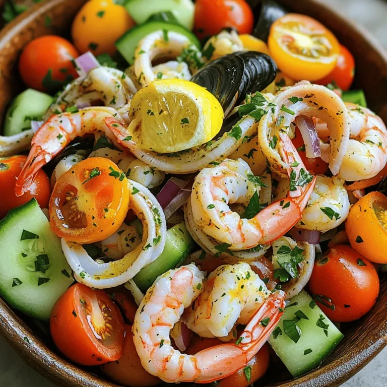 Für diesen Salat brauchen wir frische Meeresfrüchte. Ich empfehle: - 200 g Garnelen, geschält und entdarmt - 200 g Calamari, gereinigt und in Ringe geschnitten - 200 g Muscheln, gereinigt und enthaart - 1 Tasse Kirschtomaten, halbiert - 1 Tasse Gurke, gewürfelt - 1 kleine rote Zwiebel, fein gehackt - 2 Esslöffel Kapern, abgespült Diese Zutaten geben dem Salat eine tolle Textur und frischen Geschmack. Die Garnelen werden zart und die Muscheln verleihen einen leckeren Meeresgeschmack. Kräuter und Gewürze machen alles besser. Sie bringen Aromen zum Leben. Ich benutze: - 1/4 Tasse frische Petersilie, gehackt - 1 Esslöffel Zitronenschale - 3 Esslöffel Zitronensaft - 3 Esslöffel Olivenöl - Salz und schwarzer Pfeffer nach Geschmack Die Petersilie sorgt für einen frischen Kick. Zitronensaft und -schale fügen eine schöne Säure hinzu, die die Meeresfrüchte perfekt ergänzt. Gutes Seafood ist wichtig für einen köstlichen Salat. Hier sind einige Tipps: - Kaufe frische Meeresfrüchte. Sie sollten klar und glänzend aussehen. - Achte auf den Geruch. Frische Meeresfrüchte riechen nach Meer, nicht fischig. - Wenn möglich, kaufe bei einem vertrauenswürdigen Händler, der nachhaltige Produkte anbietet. Hochwertige Zutaten machen den Unterschied. Sie sorgen dafür, dass dein italienischer Meeresfrüchtesalat ein Hit wird! Um die Garnelen zuzubereiten, bringe einen großen Topf mit gesalzenem Wasser zum Kochen. Füge die geschälten Garnelen hinzu. Koche sie für zwei bis drei Minuten, bis sie rosa sind. Gieße die Garnelen dann ab und lege sie beiseite. Im selben Topf kommen die Calamari und Muscheln. Koche sie für vier bis fünf Minuten. Die Muscheln sollten sich öffnen und die Calamari weich werden. Gieße diese Mischung ebenfalls ab und lasse sie abkühlen. In einer großen Schüssel vermische die gekochten Garnelen, Calamari und Muscheln. Füge dann die Kirschtomaten, die gewürfelte Gurke, die fein gehackte rote Zwiebel und die Kapern hinzu. Diese Zutaten sorgen für frische Aromen und Farben im Salat. Für das Dressing nimm eine kleine Schüssel. Mische den Zitronensaft, das Olivenöl, die Zitronenschale, Salz und Pfeffer gut zusammen. Gieße das Dressing über die Meeresfrüchte- und Gemüsemischung. Vermenge alles vorsichtig, damit die Zutaten gleichmäßig bedeckt sind. Streue die gehackte Petersilie über den Salat. Dies gibt einen frischen Geschmack. Lasse den Salat für mindestens 30 Minuten im Kühlschrank marinieren. Dies intensiviert die Aromen und macht den Salat noch besser. Um den besten Geschmack zu erzielen, benutze frische Meeresfrüchte. Achte darauf, dass die Garnelen und Muscheln glänzen. Frische Zutaten bringen mehr Aroma. Das Dressing ist wichtig. Mische Zitronensaft, Olivenöl und Gewürze gut. Lass den Salat im Kühlschrank ziehen. So verbinden sich die Aromen. Du kannst die Meeresfrüchte einen Tag vorher zubereiten. Koche sie und lasse sie abkühlen. Bereite das Gemüse vor, aber schneide es nicht zu früh. So bleibt es frisch. Mache das Dressing ebenfalls vorher. Bewahre alles getrennt im Kühlschrank auf. Am Serviertag kombinierst du alles schnell. Präsentiere den Salat in einer großen, flachen Schüssel. Das sieht schön aus. Du kannst Zitronenscheiben und frische Petersilie darauf legen. Das gibt Farbe. Verwende kleine Teller für Einzelportionen. So wirkt der Salat einladend und frisch. Ein toller Anblick macht das Essen noch leckerer! {{image_4}} Ich liebe es, Tintenfisch in meinen Meeresfrüchtesalat zu integrieren. Er bringt einen tollen Geschmack. Um Tintenfisch zu verwenden, schneide ihn in Ringe. Koche ihn für 2-3 Minuten, bis er zart ist. Mische die Ringe mit Garnelen, Muscheln, und Gemüse. Das gibt dem Salat eine einzigartige Textur. Manchmal habe ich Lust auf einen besonderen Kick. Hier kommt die marinierte Shrimps-Option. Anstatt die Shrimps zu kochen, mariniere ich sie in einer Mischung aus Zitronensaft, Knoblauch und Olivenöl. Lass sie für 30 Minuten ruhen. Danach kannst du sie mit dem restlichen Salat vermengen. Diese Methode bringt frische Aromen in jeden Bissen. Nicht jeder mag Meeresfrüchte. Wenn du eine vegetarische Version willst, sind frische Gemüse eine tolle Wahl. Du kannst Kichererbsen, Avocado und geröstete Paprika verwenden. Diese Zutaten geben dem Salat Fülle und Geschmack. Kombiniere sie mit dem Dressing und frischen Kräutern. So entsteht ein gesunder und schmackhafter Salat, der alle begeistert. Um deinen italienischen Meeresfrüchtesalat frisch zu halten, lege ihn in einen luftdichten Behälter. So bleibt er knackig und lecker. Stelle den Behälter in den Kühlschrank. Achte darauf, dass der Salat gut abgedeckt ist, um Gerüche zu vermeiden. Der Salat bleibt im Kühlschrank etwa zwei Tage frisch. Nach dieser Zeit können die Meeresfrüchte ihre Textur und ihren Geschmack verlieren. Überprüfe immer, ob der Salat noch gut riecht und aussieht, bevor du ihn isst. Sicherheit geht vor! Wenn du Reste hast, probiere, sie in einer neuen Art zu nutzen. Füge die Meeresfrüchte zu einer Pastasauce hinzu. Du kannst auch eine Suppe daraus machen. Mische den Salat mit Quinoa für ein gesundes Mittagessen. Sei kreativ mit deinen Resten! Ja, gefrorene Meeresfrüchte sind eine gute Wahl. Sie sind oft frisch gefangen und schnell eingefroren. Achte darauf, die Meeresfrüchte vor dem Kochen gut aufzutauen. So bleiben sie zart und schmackhaft. Ich empfehle, sie über Nacht im Kühlschrank auftauen zu lassen. So vermeidest du eine matschige Textur. Zu italienischem Meeresfrüchtesalat passen viele Beilagen. Hier sind einige Ideen: - Frisches Brot: Ein knuspriges Baguette ergänzt den Salat perfekt. - Grüner Salat: Ein einfacher grüner Salat bringt Frische. - Pasta: Eine kleine Portion Pasta in Olivenöl ist eine leckere Ergänzung. - Weißwein: Ein kühler, trockener Weißwein passt hervorragend. Der Salat sollte mindestens 30 Minuten im Kühlschrank marinieren. So ziehen die Aromen gut ein. Wenn du mehr Zeit hast, lasse ihn sogar bis zu zwei Stunden stehen. Je länger er mariniert, desto intensiver wird der Geschmack. Achte darauf, ihn in einem luftdichten Behälter aufzubewahren, damit er frisch bleibt. In diesem Artikel habe ich die wichtigsten Zutaten und die Zubereitung für italienischen Meeresfrüchtesalat behandelt. Wir haben die Hauptzutaten, frische Kräuter und Tipps zur Auswahl von hochwertigem Seafood gesehen. Außerdem gab es eine Schritt-für-Schritt-Anleitung und wertvolle Tipps zur Präsentation. Variationen zeigen die Vielseitigkeit des Salats. Wenn du die Lagerungshinweise beachtest, bleibt der Salat frisch und lecker. Jetzt liegt es an dir, diesen köstlichen Salat selbst zu kreieren und deiner Familie zu servieren. Viel Spaß beim Zubereiten!