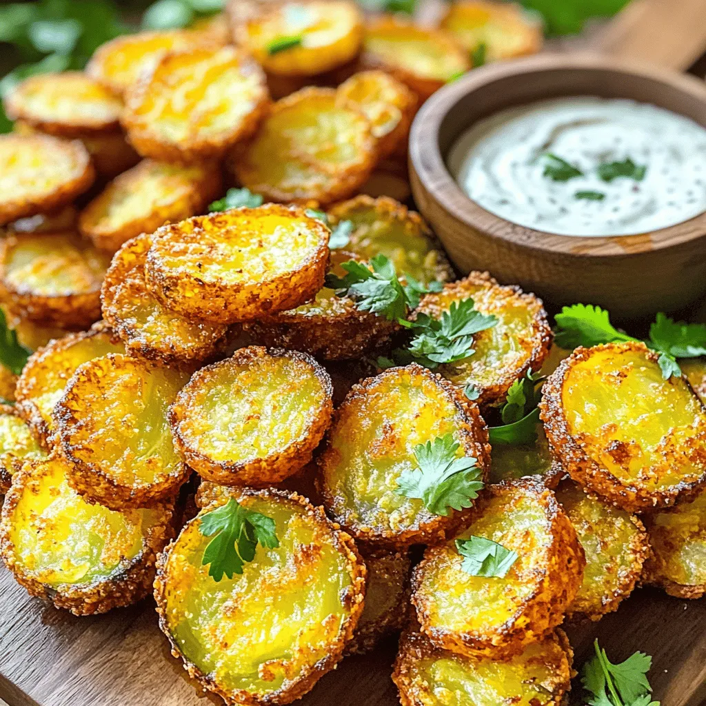 - Dill-Gurkenscheiben - Weizenmehl - Eier - Maismehl - Gewürze (Knoblauch-, Zwiebelpulver, Paprika, Cayennepfeffer) - Kochspray oder Olivenölspray Für die perfekten Crispy Air Fryer Fried Pickles braucht man frische Dill-Gurkenscheiben. Diese Gurken geben den besten Geschmack und die richtige Textur. Man kann auch geschnittene Speers verwenden, wenn man möchte. Weizenmehl ist wichtig, um die Gurken vor dem Frittieren zu umhüllen. Es hilft der Panade, besser zu haften. Die Eier geben der Mischung eine schöne Bindung. Maismehl ist der Schlüssel zu dieser knusprigen Textur. Es sorgt für einen tollen Crunch. Man kann auch Gewürze hinzufügen, um den Geschmack zu verstärken. Die Mischung aus Knoblauchpulver, Zwiebelpulver, Paprika und Cayennepfeffer gibt den Gurken eine würzige Note. Man kann Cayennepfeffer weglassen, wenn man es milder mag. Zum Frittieren verwende ich Kochspray oder Olivenölspray. Dies sorgt dafür, dass die Gurken knusprig werden, ohne zu viel Fett zu verwenden. Zuerst musst du die Dill-Gurkenscheiben trocken tupfen. Nimm ein Stück Küchenpapier und tupfe die Gurken vorsichtig ab. So entfernst du überschüssige Feuchtigkeit. Dies ist sehr wichtig, um die Gurken knusprig zu machen. Stelle drei Schalen bereit. In die erste Schale kommt das Weizenmehl. Mische etwas Salz und Pfeffer hinein. In die zweite Schale schlag die Eier auf und verrühre sie gut. In die dritte Schale gib das Maismehl. Vermische es mit dem Knoblauchpulver, Zwiebelpulver und Paprika. Wenn du es scharf magst, füge etwas Cayennepfeffer hinzu. Nimm eine Gurkenscheibe und wende sie in der Mehlmischung. Schüttle das überschüssige Mehl ab. Tauche die bemehlte Gurke dann in die Eier. Lass die überschüssige Flüssigkeit abtropfen. Jetzt drücke die Gurkenscheibe in die Maismehlmischung. Achte darauf, dass die Panade gut haftet. Wiederhole diesen Vorgang mit allen Gurken. Heize deinen Air Fryer auf 190°C vor. Das dauert etwa 5 Minuten. Sprühe den Korb des Air Fryers leicht mit Kochspray ein. Lege die panierten Gurkenscheiben in einer einzigen Schicht hinein. Wenn nötig, arbeite in Chargen. Sprühe die Oberseite der Gurken leicht mit weiterem Kochspray ein. Frittiere die Gurken für 10-12 Minuten. Wende sie nach der Hälfte der Zeit um. Sie sind fertig, wenn sie goldbraun und knusprig sind. Um die perfekte Knusprigkeit zu erreichen, ist die Trocknung der Gurken sehr wichtig. Wenn die Gurken zu feucht sind, wird die Panade nicht knusprig. Tupfe die Dill-Gurkenscheiben gründlich mit einem Papiertuch trocken. Das sorgt für einen tollen Crunch. Verwende Kochspray, um die Gurken vor dem Frittieren zu besprühen. Dies hilft, die Panade gleichmäßig zu bräunen. Ein wenig Öl macht einen großen Unterschied. Die optimale Temperatur für den Air Fryer liegt bei 190°C. Dies ist der beste Wert, um die Gurken knusprig zu frittieren. Air Fryer können jedoch unterschiedlich sein. Prüfe die Anleitung deines Gerätes. Die Garzeit beträgt in der Regel 10 bis 12 Minuten. Wende die Gurken nach der Hälfte der Zeit. So werden sie von allen Seiten knusprig. Wenn du es knuspriger magst, kann eine längere Garzeit hilfreich sein. Serviere die frittierten Gurken mit Dipp-Soßen wie Ranch-Dressing oder würziger Mayonnaise. Das macht das Essen noch leckerer. Garnieren hilft, das Gericht optisch aufzuwerten. Frische Kräuter sind eine tolle Wahl. Ein paar grüne Akzente machen den Teller lebendig und einladend. {{image_4}} Du kannst die Gewürze anpassen, um neue Geschmäcker zu finden. - Pikante Variante: Füge mehr Cayennepfeffer oder Chili-Pulver hinzu. - Süß-säuerliche Optionen: Kombiniere etwas Honig oder Zucker mit Essig. Diese Variationen bringen mehr Abwechslung in dein Gericht. Experimentiere mit verschiedenen Gewürzen. Es gibt viele Gurkenalternativen, die du ausprobieren kannst. - Gewürzgurken: Sie geben einen süß-sauren Geschmack. - Schnelle Varianten: Verwende Zucchini oder Blumenkohl. Diese anderen Gemüsesorten schmecken ebenfalls lecker. Sie bieten dir neue Texturen und Aromen. Du kannst gesündere Varianten der frittierten Gurken machen. - Glutenfreie Alternativen: Nutze Reismehl oder Mandelmehl für die Panade. - Kalorienreduzierte Anpassungen: Verwende weniger Öl oder reduziere die Menge an Teig. Diese Optionen helfen dir, Kalorien zu sparen, ohne auf den Geschmack zu verzichten. Bewahren Sie die frittierten Gurken im Kühlschrank auf. Legen Sie sie in einen luftdichten Behälter. So bleiben sie frisch. Sie können die Gurken bis zu drei Tage lagern. Stellen Sie sicher, dass sie gut abgekühlt sind, bevor Sie sie einpacken. Wenn Sie noch Gurken übrig haben, lassen Sie sie nicht lange draußen. Tipps zur Aufbewahrung von übrig gebliebenen Gurken: - Verwenden Sie Küchenpapier, um Feuchtigkeit zu reduzieren. - Schichten Sie die Gurken zwischen Küchenpapier, um Knusprigkeit zu bewahren. Um die Gurken wieder knusprig zu machen, heizen Sie sie richtig auf. Die beste Methode ist der Air Fryer. So bleibt die Textur erhalten. Stellen Sie ihn auf 190°C (375°F) ein. Frittieren Sie die Gurken für etwa 5 Minuten. Mikrowelle vs. Air Fryer: - Die Mikrowelle macht die Gurken weich. - Der Air Fryer erhält die Knusprigkeit. Wählen Sie den Air Fryer, wenn Sie perfekte, knusprige Gurken wollen. Frittierte Gurken sind im Kühlschrank etwa 3 bis 5 Tage haltbar. Lagern Sie sie in einem luftdichten Behälter. Die Knusprigkeit kann jedoch nachlassen. Vor dem Essen sollten Sie sie aufwärmen, um einen frischen Biss zu bekommen. Ja, Sie können die Gurken vorbereiten und im Kühlschrank aufbewahren. Panieren Sie die Gurken und lagern Sie sie in einem luftdichten Behälter. Frittieren Sie sie dann, wenn Sie bereit sind. Dies spart Zeit und sorgt für einen schnellen Snack. Es gibt viele Alternativen zu Ranch-Dressing. Sie können würzige Mayonnaise oder Joghurt-Dips verwenden. Auch Senf oder Honig-Senf-Dressing passen gut. Experimentieren Sie mit verschiedenen Dips, um Ihren perfekten Geschmack zu finden. Zusammenfassend haben wir die Zutaten für leckere frittierte Gurken betrachtet und die Schritte zur Zubereitung erläutert. Von der Vorbereitung bis zum Frittieren im Air Fryer haben wir alles abgedeckt. Tipps zur perfekten Knusprigkeit und kreative Variationen machen das Gericht aufregend. Lagertipps helfen, die Gurken frisch zu halten. Denken Sie daran, dass das Experimentieren mit Gewürzen und Dips Ihre Erfahrung bereichern kann. Gehen Sie in die Küche und genießen Sie den knusprigen Genuss!