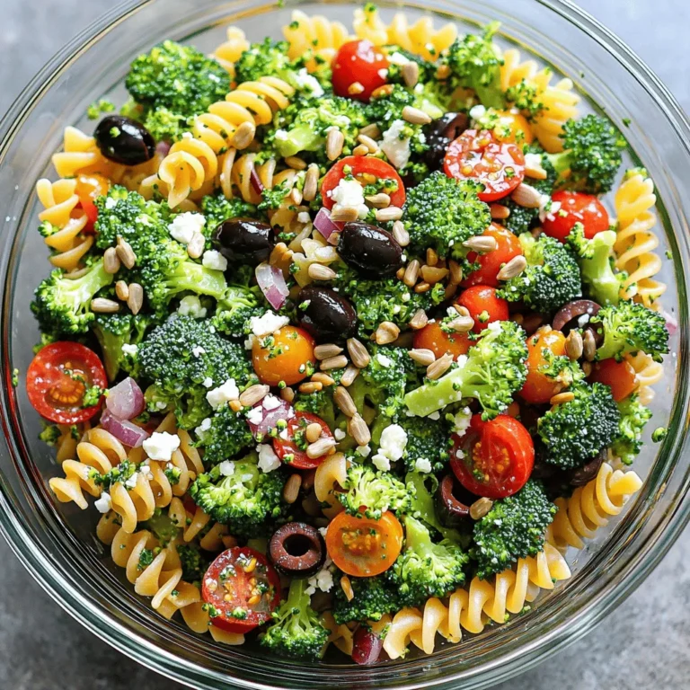 Für diesen leckeren Salat brauchst du einige einfache Zutaten. Hier ist die Liste: - 2 Tassen Rotini-Nudeln - 2 Tassen frische Brokkoliröschen - 1 Tasse Kirschtomaten, halbiert - 1/2 Tasse rote Paprika, gewürfelt - 1/2 Tasse rote Zwiebel, fein gehackt - 1/4 Tasse schwarze Oliven, in Scheiben geschnitten - 1/2 Tasse Fetakäse, zerbröckelt - 1/4 Tasse Sonnenblumenkerne - 1/4 Tasse Olivenöl - 2 Esslöffel Zitronensaft - 1 Teelöffel Knoblauchpulver - Salz und Pfeffer nach Geschmack - Frische Petersilie, gehackt zur Garnitur Die Zutaten sind nicht nur lecker, sondern auch gesund. Brokkoli ist voll von Vitaminen. Er stärkt dein Immunsystem und sorgt für gute Haut. Kirschtomaten bringen Antioxidantien. Diese helfen, deinen Körper zu schützen. Fetakäse gibt dir Kalzium, wichtig für starke Knochen. Sonnenblumenkerne fügen gesunde Fette hinzu, die dein Herz gut halten. Wenn du etwas Abwechslung suchst, kannst du die Zutaten leicht ändern. Statt Rotini-Nudeln kannst du Vollkornnudeln verwenden. Sie sind noch gesünder. Du kannst auch andere Gemüsesorten wie Karotten oder Erbsen hinzufügen. Für eine vegane Option lässt du den Fetakäse weg oder nimmst eine pflanzliche Alternative. So passt der Salat zu verschiedenen Ernährungsweisen. Um die Nudeln perfekt zu kochen, bringe einen großen Topf mit Wasser zum Kochen. Füge eine Prise Salz hinzu. Gib die Rotini-Nudeln ins Wasser. Koche sie nach der Packungsanweisung, bis sie al dente sind. Das dauert meist etwa 8 bis 10 Minuten. Wenn sie fertig sind, gieße die Nudeln ab. Spüle sie unter kaltem Wasser ab. Das stoppt den Kochprozess und hält die Nudeln schön fest. Während die Nudeln kochen, kannst du den Brokkoli vorbereiten. Bring einen kleinen Topf mit Wasser zum Kochen. Füge die frischen Brokkoliröschen hinzu. Lasse sie etwa 2 Minuten blanchieren. Danach gib sie sofort in ein Eisbad. Das Eisbad hilft, die leuchtende grüne Farbe zu erhalten. Lass den Brokkoli abtropfen und stelle ihn beiseite. Für das Dressing nimm eine kleine Schüssel. Gib dort das Olivenöl, den Zitronensaft und das Knoblauchpulver hinein. Füge eine Prise Salz und Pfeffer hinzu. Verrühre alles gut mit einem kleinen Schneebesen oder einer Gabel. Das Dressing sollte gut gemischt und cremig sein. Jetzt kommt der spaßige Teil! Nimm eine große Schüssel und gib die gekochten Nudeln hinein. Füge dann den blanchierten Brokkoli, die halbierten Kirschtomaten, die gewürfelte rote Paprika, die gehackte rote Zwiebel, die geschnittenen schwarzen Oliven und den zerbröckelten Fetakäse hinzu. Mische alles vorsichtig, damit die Zutaten nicht zerfallen. Gieße das Dressing über die Nudelmischung. Mische alles sanft, bis die Nudeln und das Gemüse gleichmäßig bedeckt sind. Streue dann die Sonnenblumenkerne obenauf. Diese geben dem Salat einen tollen Crunch! Garniere den Salat mit frischer, gehackter Petersilie. Stelle den Salat für mindestens 30 Minuten in den Kühlschrank. So können sich die Aromen gut entfalten. Ein häufiger Fehler ist das Überkochen der Nudeln. Die Nudeln sollten al dente sein. Wenn sie zu weich sind, wird der Salat matschig. Achte darauf, die Brokkoliröschen nur kurz zu blanchieren. Zu langes Blanchieren nimmt die Farbe und den Crunch. Eine weitere Falle ist, zu viel Dressing zu verwenden. Ein leichtes Anmachen reicht. Um die beste Konsistenz zu erreichen, spüle die Nudeln nach dem Kochen mit kaltem Wasser ab. Das stoppt den Garprozess und hält die Nudeln fest. Mische die Zutaten sanft, damit alles gleichmäßig verteilt ist. Die Kombination aus Fetakäse und Sonnenblumenkernen bringt einen tollen Geschmack und Crunch. Bereite den Salat einen Tag vorher zu, damit die Aromen gut ziehen können. Lasse ihn nach dem Mischen mindestens 30 Minuten im Kühlschrank. Serviere den Salat in einer klaren Schüssel, um die Farben zu zeigen. Dekoriere mit zusätzlichen Sonnenblumenkernen und frischer Petersilie. So sieht der Salat noch einladender aus. {{image_4}} Du kannst den Brokkoli-Nudelsalat leicht anpassen. Für eine vegetarische Version lasse den Fetakäse weg oder ersetze ihn durch einen veganen Käse. Du kannst auch mehr Gemüse hinzufügen, wie Zucchini oder Karotten, um den Salat bunter zu machen. Jede Saison bringt neue Zutaten. Im Frühling kannst du Spargel oder Erbsen hinzufügen. Im Sommer sind frische Kräuter wie Basilikum oder Minze ideal. Im Herbst passen geröstete Kürbiswürfel gut in den Salat. So bleibt dein Gericht immer spannend und frisch. Nutze regionale Produkte, um deinen Nudelsalat besonders zu machen. Zum Beispiel kannst du statt der schwarzen Oliven grüne Oliven aus der Region verwenden. Auch lokale Käsesorten sind eine gute Wahl. Diese kleinen Änderungen geben deinem Salat eine persönliche Note und unterstützen gleichzeitig lokale Bauern. Um den Brokkoli Nudelsalat frisch zu halten, verwende einen luftdichten Behälter. Stelle sicher, dass der Salat gut abgedeckt ist. Dies verhindert, dass er austrocknet oder Gerüche aufnimmt. Platziere den Behälter im Kühlschrank. So bleibt der Salat knackig und lecker. Der Brokkoli Nudelsalat bleibt bis zu drei Tage frisch. Nach drei Tagen können die Zutaten weich werden. Achte darauf, den Salat vor dem Verzehr zu riechen. Wenn er seltsam riecht oder anders aussieht, wirf ihn weg. Es ist besser, auf Nummer sicher zu gehen. Einfrieren ist nicht die beste Methode für Nudelsalat. Die Textur der Nudeln und des Brokkolis verändert sich. Wenn du trotzdem einfrieren möchtest, verwende eine luftdichte Tüte. Teile den Salat in Portionen auf. Achte darauf, so viel Luft wie möglich herauszudrücken. Lass den Salat vor dem Essen im Kühlschrank auftauen. Der Brokkoli-Nudelsalat hält sich gut im Kühlschrank. Du kannst ihn bis zu drei Tage aufbewahren. Achte darauf, ihn in einem luftdichten Behälter zu lagern. So bleibt der Salat frisch und knackig. Wenn du ihn länger aufbewahren möchtest, kannst du die Zutaten getrennt lagern. Ja, du kannst verschiedene Nudelsorten verwenden. Fusilli, Penne oder sogar Vollkornnudeln passen gut. Achte darauf, die Kochzeit für die Nudeln anzupassen. So bleibt der Salat lecker und die Konsistenz bleibt gut. Ja, dieser Salat ist perfekt für Meal Prep. Du kannst ihn leicht vorbereiten und in Portionen aufteilen. So hast du gesunde Mahlzeiten für die Woche. Achte darauf, das Dressing separat zu lagern. Das sorgt dafür, dass der Salat frisch bleibt. Ja, du kannst das Dressing im Voraus machen. Bewahre es in einem kleinen Behälter im Kühlschrank auf. So kannst du es schnell über den Salat gießen, wenn du bereit bist zu essen. Das spart Zeit und macht das Zubereiten einfacher. Der Brokkoli-Nudelsalat bietet eine bunte Mischung aus gesunden Zutaten. Wir haben die Hauptzutaten und deren Vorteile durchgegangen. Ich habe auch gezeigt, wie du den Salat Schritt für Schritt zubereitest. Du lernst, häufige Fehler zu vermeiden und verschiedene Variationen auszuprobieren. Behalte die Lagerungshinweise im Kopf, um die Frische zu sichern. Mit diesem Wissen kannst du leckere und nahrhafte Salate zubereiten. Experimentiere mit den Zutaten und genieße die Vielfalt!