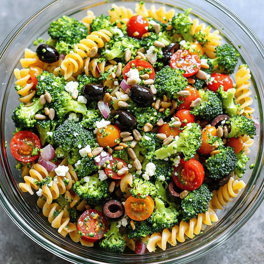 Für diesen leckeren Salat brauchst du einige einfache Zutaten. Hier ist die Liste: - 2 Tassen Rotini-Nudeln - 2 Tassen frische Brokkoliröschen - 1 Tasse Kirschtomaten, halbiert - 1/2 Tasse rote Paprika, gewürfelt - 1/2 Tasse rote Zwiebel, fein gehackt - 1/4 Tasse schwarze Oliven, in Scheiben geschnitten - 1/2 Tasse Fetakäse, zerbröckelt - 1/4 Tasse Sonnenblumenkerne - 1/4 Tasse Olivenöl - 2 Esslöffel Zitronensaft - 1 Teelöffel Knoblauchpulver - Salz und Pfeffer nach Geschmack - Frische Petersilie, gehackt zur Garnitur Die Zutaten sind nicht nur lecker, sondern auch gesund. Brokkoli ist voll von Vitaminen. Er stärkt dein Immunsystem und sorgt für gute Haut. Kirschtomaten bringen Antioxidantien. Diese helfen, deinen Körper zu schützen. Fetakäse gibt dir Kalzium, wichtig für starke Knochen. Sonnenblumenkerne fügen gesunde Fette hinzu, die dein Herz gut halten. Wenn du etwas Abwechslung suchst, kannst du die Zutaten leicht ändern. Statt Rotini-Nudeln kannst du Vollkornnudeln verwenden. Sie sind noch gesünder. Du kannst auch andere Gemüsesorten wie Karotten oder Erbsen hinzufügen. Für eine vegane Option lässt du den Fetakäse weg oder nimmst eine pflanzliche Alternative. So passt der Salat zu verschiedenen Ernährungsweisen. Um die Nudeln perfekt zu kochen, bringe einen großen Topf mit Wasser zum Kochen. Füge eine Prise Salz hinzu. Gib die Rotini-Nudeln ins Wasser. Koche sie nach der Packungsanweisung, bis sie al dente sind. Das dauert meist etwa 8 bis 10 Minuten. Wenn sie fertig sind, gieße die Nudeln ab. Spüle sie unter kaltem Wasser ab. Das stoppt den Kochprozess und hält die Nudeln schön fest. Während die Nudeln kochen, kannst du den Brokkoli vorbereiten. Bring einen kleinen Topf mit Wasser zum Kochen. Füge die frischen Brokkoliröschen hinzu. Lasse sie etwa 2 Minuten blanchieren. Danach gib sie sofort in ein Eisbad. Das Eisbad hilft, die leuchtende grüne Farbe zu erhalten. Lass den Brokkoli abtropfen und stelle ihn beiseite. Für das Dressing nimm eine kleine Schüssel. Gib dort das Olivenöl, den Zitronensaft und das Knoblauchpulver hinein. Füge eine Prise Salz und Pfeffer hinzu. Verrühre alles gut mit einem kleinen Schneebesen oder einer Gabel. Das Dressing sollte gut gemischt und cremig sein. Jetzt kommt der spaßige Teil! Nimm eine große Schüssel und gib die gekochten Nudeln hinein. Füge dann den blanchierten Brokkoli, die halbierten Kirschtomaten, die gewürfelte rote Paprika, die gehackte rote Zwiebel, die geschnittenen schwarzen Oliven und den zerbröckelten Fetakäse hinzu. Mische alles vorsichtig, damit die Zutaten nicht zerfallen. Gieße das Dressing über die Nudelmischung. Mische alles sanft, bis die Nudeln und das Gemüse gleichmäßig bedeckt sind. Streue dann die Sonnenblumenkerne obenauf. Diese geben dem Salat einen tollen Crunch! Garniere den Salat mit frischer, gehackter Petersilie. Stelle den Salat für mindestens 30 Minuten in den Kühlschrank. So können sich die Aromen gut entfalten. Ein häufiger Fehler ist das Überkochen der Nudeln. Die Nudeln sollten al dente sein. Wenn sie zu weich sind, wird der Salat matschig. Achte darauf, die Brokkoliröschen nur kurz zu blanchieren. Zu langes Blanchieren nimmt die Farbe und den Crunch. Eine weitere Falle ist, zu viel Dressing zu verwenden. Ein leichtes Anmachen reicht. Um die beste Konsistenz zu erreichen, spüle die Nudeln nach dem Kochen mit kaltem Wasser ab. Das stoppt den Garprozess und hält die Nudeln fest. Mische die Zutaten sanft, damit alles gleichmäßig verteilt ist. Die Kombination aus Fetakäse und Sonnenblumenkernen bringt einen tollen Geschmack und Crunch. Bereite den Salat einen Tag vorher zu, damit die Aromen gut ziehen können. Lasse ihn nach dem Mischen mindestens 30 Minuten im Kühlschrank. Serviere den Salat in einer klaren Schüssel, um die Farben zu zeigen. Dekoriere mit zusätzlichen Sonnenblumenkernen und frischer Petersilie. So sieht der Salat noch einladender aus. {{image_4}} Du kannst den Brokkoli-Nudelsalat leicht anpassen. Für eine vegetarische Version lasse den Fetakäse weg oder ersetze ihn durch einen veganen Käse. Du kannst auch mehr Gemüse hinzufügen, wie Zucchini oder Karotten, um den Salat bunter zu machen. Jede Saison bringt neue Zutaten. Im Frühling kannst du Spargel oder Erbsen hinzufügen. Im Sommer sind frische Kräuter wie Basilikum oder Minze ideal. Im Herbst passen geröstete Kürbiswürfel gut in den Salat. So bleibt dein Gericht immer spannend und frisch. Nutze regionale Produkte, um deinen Nudelsalat besonders zu machen. Zum Beispiel kannst du statt der schwarzen Oliven grüne Oliven aus der Region verwenden. Auch lokale Käsesorten sind eine gute Wahl. Diese kleinen Änderungen geben deinem Salat eine persönliche Note und unterstützen gleichzeitig lokale Bauern. Um den Brokkoli Nudelsalat frisch zu halten, verwende einen luftdichten Behälter. Stelle sicher, dass der Salat gut abgedeckt ist. Dies verhindert, dass er austrocknet oder Gerüche aufnimmt. Platziere den Behälter im Kühlschrank. So bleibt der Salat knackig und lecker. Der Brokkoli Nudelsalat bleibt bis zu drei Tage frisch. Nach drei Tagen können die Zutaten weich werden. Achte darauf, den Salat vor dem Verzehr zu riechen. Wenn er seltsam riecht oder anders aussieht, wirf ihn weg. Es ist besser, auf Nummer sicher zu gehen. Einfrieren ist nicht die beste Methode für Nudelsalat. Die Textur der Nudeln und des Brokkolis verändert sich. Wenn du trotzdem einfrieren möchtest, verwende eine luftdichte Tüte. Teile den Salat in Portionen auf. Achte darauf, so viel Luft wie möglich herauszudrücken. Lass den Salat vor dem Essen im Kühlschrank auftauen. Der Brokkoli-Nudelsalat hält sich gut im Kühlschrank. Du kannst ihn bis zu drei Tage aufbewahren. Achte darauf, ihn in einem luftdichten Behälter zu lagern. So bleibt der Salat frisch und knackig. Wenn du ihn länger aufbewahren möchtest, kannst du die Zutaten getrennt lagern. Ja, du kannst verschiedene Nudelsorten verwenden. Fusilli, Penne oder sogar Vollkornnudeln passen gut. Achte darauf, die Kochzeit für die Nudeln anzupassen. So bleibt der Salat lecker und die Konsistenz bleibt gut. Ja, dieser Salat ist perfekt für Meal Prep. Du kannst ihn leicht vorbereiten und in Portionen aufteilen. So hast du gesunde Mahlzeiten für die Woche. Achte darauf, das Dressing separat zu lagern. Das sorgt dafür, dass der Salat frisch bleibt. Ja, du kannst das Dressing im Voraus machen. Bewahre es in einem kleinen Behälter im Kühlschrank auf. So kannst du es schnell über den Salat gießen, wenn du bereit bist zu essen. Das spart Zeit und macht das Zubereiten einfacher. Der Brokkoli-Nudelsalat bietet eine bunte Mischung aus gesunden Zutaten. Wir haben die Hauptzutaten und deren Vorteile durchgegangen. Ich habe auch gezeigt, wie du den Salat Schritt für Schritt zubereitest. Du lernst, häufige Fehler zu vermeiden und verschiedene Variationen auszuprobieren. Behalte die Lagerungshinweise im Kopf, um die Frische zu sichern. Mit diesem Wissen kannst du leckere und nahrhafte Salate zubereiten. Experimentiere mit den Zutaten und genieße die Vielfalt!