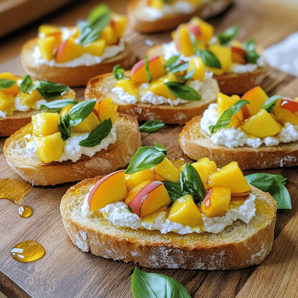Um diese köstliche Peach Bruschetta mit Whipped Ricotta zuzubereiten, benötigst du folgende Zutaten: - 1 französisches Baguette, in 1/2-Zoll dicke Stücke geschnitten - 2 reife Pfirsiche, gewürfelt - 1 Tasse Ricotta-Käse - 2 Esslöffel Honig - 1 Teelöffel Vanilleextrakt - 1 Esslöffel frischer Zitronensaft - 1 Esslöffel frisch gehacktes Basilikum - Salz und schwarzer Pfeffer nach Geschmack - Extra natives Olivenöl zum Beträufeln Falls du Allergien hast oder vegane Optionen suchst, gibt es Alternativen. Du kannst das Baguette durch glutenfreies Brot ersetzen. Für den Ricotta, versuche pflanzlichen Ricotta aus Nüssen oder Tofu. Honig kann durch Agavendicksaft ersetzt werden. Vanilleextrakt ist auch in einer alkoholfreien Form erhältlich. Um frische Pfirsiche zu finden, gehe auf den Markt oder in den Bioladen. Achte auf feste, aber leicht drückbare Früchte. Hochwertigen Ricotta findest du in Käseläden oder gut sortierten Supermärkten. Achte darauf, dass er frisch und cremig ist. Olivenöl sollte extra nativ sein, um den besten Geschmack zu erzielen. Um die Ricotta-Mischung zuzubereiten, nimm eine Rührschüssel. Gib den Ricotta-Käse hinein. Füge 2 Esslöffel Honig, 1 Teelöffel Vanilleextrakt und 1 Esslöffel frischen Zitronensaft hinzu. Streue eine Prise Salz dazu. Verwende eine Gabel oder einen Schneebesen, um alles gut zu vermischen. Mische, bis die Mischung cremig und glatt ist. Das gibt einen süßen und frischen Geschmack, der perfekt zu Pfirsichen passt. Stelle die Mischung beiseite, während du die anderen Schritte machst. Heize deinen Ofen auf 200°C vor. Schneide das französische Baguette in 1/2-Zoll dicke Stücke. Lege die Baguette-Scheiben gleichmäßig auf ein Backblech. Bestreiche sie leicht mit extra nativem Olivenöl. Röste die Scheiben im Ofen für etwa 5-7 Minuten. Sie sollten goldbraun und knusprig sein. Achte darauf, dass sie nicht verbrennen. Das Rösten macht das Brot knusprig und sorgt für eine tolle Textur. Nachdem das Baguette geröstet ist, nimm die Scheiben aus dem Ofen. Streiche eine großzügige Menge der Ricotta-Mischung auf jede Scheibe. Nimm eine separate Schüssel mit gewürfelten Pfirsichen. Füge frisches, gehacktes Basilikum und einen Schuss Olivenöl hinzu. Mische alles vorsichtig. Verteile die Pfirsichmischung mit einem Löffel auf den Ricotta. Garniere nach Belieben mit etwas Honig und extra Basilikumblättern. Serviere die Bruschetta sofort, solange das Brot warm ist. Um die perfekte Ricotta-Mischung zu erreichen, beginne mit frischem Ricotta. Achte darauf, dass er gut abgetropft ist. Das sorgt für eine glatte Konsistenz. Füge dann Honig, Vanilleextrakt und Zitronensaft hinzu. Diese Zutaten bringen den Geschmack zur Geltung. Schlage alles mit einer Gabel kräftig, bis die Mischung cremig ist. Wenn du es süßer magst, füge mehr Honig hinzu. Salz rundet den Geschmack ab, also sei nicht zu sparsam. Die Baguette-Scheiben rösten ist einfach. Heize deinen Ofen auf 200°C vor. Lege die Scheiben gleichmäßig auf ein Backblech. Bestreiche sie leicht mit Olivenöl, um eine schöne Farbe zu bekommen. Röste sie für etwa 5-7 Minuten. Achte darauf, dass sie goldbraun sind, aber nicht verbrennen. Du kannst sie auch auf den Grill legen, wenn du einen rauchigen Geschmack magst. Die Präsentation macht viel aus. Lege die fertigen Bruschetta auf eine schöne Servierplatte. Dekoriere sie mit frischen Basilikumzweigen. Das sieht nicht nur hübsch aus, sondern bringt auch mehr Geschmack. Du kannst auch ein paar Pfirsichscheiben neben die Bruschetta legen. Das macht das Ganze einladender. Wenn du möchtest, träufle etwas Honig über die Bruschetta, bevor du sie servierst. Das gibt einen tollen Glanz und einen zusätzlichen Süßkick. {{image_4}} Wenn du Pfirsiche nicht magst oder sie gerade nicht verfügbar sind, probiere andere saisonale Früchte. Aprikosen oder Nektarinen sind tolle Alternativen. Beide haben einen süßen, saftigen Geschmack. Du kannst auch Erdbeeren oder Himbeeren verwenden. Diese Früchte bringen eine frische Note. Du kannst deiner Bruschetta mehr Tiefe verleihen, indem du verschiedene Kräuter oder Aromen hinzufügst. Frischer Thymian passt gut zu den süßen Früchten. Auch Minze kann eine erfrischende Wahl sein. Wenn du es würziger magst, füge etwas Chili oder Knoblauch hinzu. Diese Variationen machen das Gericht interessanter und einzigartig. Um das Erlebnis zu verbessern, serviere die Bruschetta mit einer leichten Beilage. Ein einfacher grüner Salat mit Zitronen-Vinaigrette ist perfekt. Du kannst auch ein Glas frischen Weißwein dazu reichen. Das ergänzt die Aromen der Bruschetta. Wenn du etwas Besonderes willst, probiere ein Spritzgetränk oder Limonade. Die frischen Zutaten sind der Schlüssel zu diesem Gericht. Lagern Sie die Pfirsiche bei Zimmertemperatur, damit sie reif bleiben. Wenn sie reif sind, können Sie sie in den Kühlschrank legen, um sie länger frisch zu halten. Der Ricotta-Käse sollte im Kühlschrank aufbewahrt werden. Achten Sie darauf, ihn gut verpackt zu halten, damit er nicht austrocknet. Das Baguette bleibt am besten in einer Papiertüte oder einem Brotkasten, um es frisch zu halten. Falls Bruschetta übrig bleibt, lagern Sie sie in einem luftdichten Behälter. Stellen Sie sicher, dass die Pfirsichmischung nicht auf dem Brot liegt, da es sonst matschig wird. Bewahren Sie die Ricotta und die Pfirsiche separat auf. So bleibt alles frisch. Genießen Sie die Bruschetta innerhalb von zwei Tagen, um den besten Geschmack zu haben. Im Kühlschrank hält sich die fertige Bruschetta gut für etwa zwei Tage. Nach dieser Zeit kann der Geschmack nachlassen und die Textur kann sich ändern. Die Ricotta-Mischung bleibt etwa fünf Tage frisch, solange sie gut verpackt ist. Die Pfirsiche sind am besten, wenn sie frisch sind, also verwenden Sie sie schnell, um die beste Qualität zu sichern. Die Zubereitung dieser Bruschetta dauert etwa 15 Minuten. Das Rösten des Baguettes benötigt 5 bis 7 Minuten. In nur 25 Minuten kannst du die Bruschetta servieren. Achte darauf, das Brot warm zu genießen. Ja, du kannst die Zutaten im Voraus vorbereiten. Mache die Ricotta-Mischung und die Pfirsichmischung einen Tag vorher. Bewahre sie in separaten Behältern im Kühlschrank auf. Röste das Baguette kurz vor dem Servieren. So bleibt das Brot knusprig und frisch. Zu dieser Bruschetta passen viele Getränke. Ein leichter Weißwein wie Sauvignon Blanc harmoniert gut. Auch ein spritziger Prosecco ist eine tolle Wahl. Für eine alkoholfreie Option probiere ein frisches Zitronenwasser mit Minze. Diese Bruschetta ist ein tolles Gericht, das einfach und lecker ist. Wir haben Zutaten wie Baguette, Pfirsiche und Ricotta besprochen. Ich habe Tipps für die Zubereitung und Lagerung gegeben. Denke auch an Variationen mit anderen Früchten oder Kräutern. Mit frischen Zutaten und ein wenig Kreativität schaffst du ein großartiges Gericht. Nutze die vorgestellten Ideen, um deine Bruschetta zu perfektionieren und zu präsentieren. So wird jede Zusammenkunft ein leckerer Erfolg.