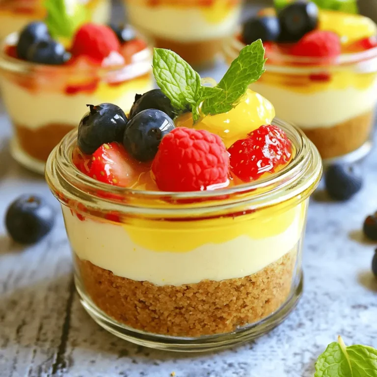 Um diese leckeren No-Bake Lemon Berry Cheesecake Cups zu machen, benötigen Sie: - 1 Tasse Graham-Cracker-Brösel - 4 Esslöffel ungesalzene Butter, geschmolzen - 450 g Frischkäse, weich - 1/2 Tasse Puderzucker - 1/4 Tasse frischer Limettensaft - Zeste von 1 Zitrone - 1 Tasse Schlagsahne - 2 Tassen gemischte Beeren (Erdbeeren, Heidelbeeren, Himbeeren) - Frische Minzblätter zur Garnierung (optional) Diese Zutaten machen die Cheesecake Cups frisch und fruchtig. Falls Sie eine Zutat nicht haben, gibt es tolle Alternativen: - Verwenden Sie Kekse statt Graham-Cracker für die Kruste. - Ersetzen Sie Frischkäse durch griechischen Joghurt für eine leichtere Version. - Nutzen Sie Zitronensaft, wenn Sie keinen Limettensaft haben. - Statt gemischter Beeren können Sie auch nur Erdbeeren oder Himbeeren verwenden. Mit diesen Alternativen bleibt Ihr Dessert lecker! Jede Zutat bringt wichtige Nährstoffe mit. Hier sind einige Informationen: - Graham-Cracker-Brösel: Sie liefern Kohlenhydrate und etwas Ballaststoffe. - Frischkäse: Er bietet Eiweiß und Kalzium, was gut für die Knochen ist. - Puderzucker: Er ist eine schnelle Energiequelle, aber in Maßen verwenden. - Beeren: Diese sind reich an Vitaminen, Antioxidantien und Ballaststoffen. Die Kombination dieser Zutaten macht Ihre Cheesecake Cups nicht nur lecker, sondern auch nahrhaft! Um die perfekte Kruste zu machen, nimm eine mittelgroße Schüssel. Mische 1 Tasse Graham-Cracker-Brösel mit 4 Esslöffeln geschmolzener Butter. Rühre alles gut um. Die Brösel sollten gleichmäßig mit der Butter bedeckt sein. Jetzt verteile die Mischung gleichmäßig auf 6 kleine Becher oder Gläser. Drücke die Mischung fest auf den Boden. So entsteht eine stabile Kruste. In einer großen Schüssel kommt 450 g weicher Frischkäse. Schlage den Frischkäse mit einem Handmixer auf mittlerer Geschwindigkeit. Mische bis die Masse cremig und glatt ist. Füge dann 1/2 Tasse Puderzucker, 1/4 Tasse frischen Limettensaft und die Zeste von 1 Zitrone hinzu. Schlage weiter, bis alles gut vermischt ist. In einer anderen Schüssel schlage 1 Tasse Schlagsahne, bis weiche Spitzen entstehen. Hebe die geschlagene Sahne vorsichtig unter die Frischkäse-Mischung. So wird die Füllung luftig. Jetzt ist es Zeit für die Zusammenstellung. Löffle die Käsekuchenfüllung gleichmäßig über die Graham-Cracker-Krusten in den Bechern. Fülle sie bis oben hin. Dann dekoriere die Cheesecake-Schicht mit 2 Tassen gemischten Beeren. Nutze Erdbeeren, Heidelbeeren und Himbeeren für mehr Farbe. Stelle die Becher für mindestens 2 Stunden in den Kühlschrank. So werden sie fest. Vor dem Servieren kannst du jeden Becher mit einem frischen Minzblatt garnieren. Ein häufiger Fehler ist, die Butter zu heiß zu machen. Das kann die Kruste matschig machen. Achte darauf, die Butter nur leicht zu schmelzen. Wenn du die Graham-Cracker-Mischung drückst, drücke fest, aber nicht zu fest. Zu viel Druck kann die Kruste hart machen. Um die perfekte Textur zu erreichen, schlage den Frischkäse gut auf. Der Frischkäse sollte ganz glatt sein. Füge dann den Puderzucker und den Limettensaft hinzu. Diese Mischung darf nicht klumpig sein. Wenn du die Schlagsahne hinzufügst, hebe sie vorsichtig unter. So bleibt die Füllung luftig und leicht. Für mehr Geschmack kannst du die Zitrone und den Limettensaft variieren. Füge mehr Zitronenzeste hinzu, um einen stärkeren Zitrusgeschmack zu bekommen. Wenn du Schokolade magst, probiere, geschmolzene Schokolade in die Füllung zu geben. Das bringt eine tolle Note. Verwende auch verschiedene Beeren. Himbeeren oder Brombeeren sind eine leckere Wahl. {{image_4}} Du kannst die Geschmäcker ändern, um neue Erfahrungen zu schaffen. Wenn du Schokolade magst, füge einfach Kakaopulver zur Frischkäsefüllung hinzu. Eine Tasse reicht aus, um dem Cheesecake einen reichen Schokoladengeschmack zu geben. Für Vanille ist es einfach. Verwende Vanilleextrakt in der Füllung. Ein Teelöffel genügt, um die Aromen zu verstärken. Du kannst auch einen Schokoladenboden verwenden, um die Kombination zu verbessern. Diese Anpassungen machen das Dessert noch interessanter. Die Wahl der Beeren macht viel aus. Im Frühling und Sommer sind frische Erdbeeren und Himbeeren perfekt. Im Herbst kannst du Brombeeren nutzen, die einen tollen Geschmack bieten. Im Winter sind gefrorene Beeren eine gute Wahl, wenn frische nicht verfügbar sind. Du kannst auch nur eine Beere wählen, um den Fokus zu verstärken. Zum Beispiel, Himbeeren bringen einen schönen Kontrast zur Zitrone. Lass deiner Kreativität freien Lauf, um deine Lieblingskombinationen zu finden. Um glutenfrei zu bleiben, ersetze die Graham-Cracker durch glutenfreie Kekse. Viele Marken bieten köstliche Alternativen an, die ebenso gut schmecken. Du kannst auch gemahlene Mandeln oder Haferflocken verwenden, um die Kruste zu machen. Diese Optionen sind nahrhaft und haben einen tollen Geschmack. Achte darauf, dass alle anderen Zutaten ebenfalls glutenfrei sind. So kannst du sicherstellen, dass jeder das Dessert genießen kann, ohne sich Sorgen zu machen. Die No-Bake Lemon Berry Cheesecake Cups bleiben im Kühlschrank frisch. Bewahre sie in einem luftdichten Behälter auf. Du kannst die Becher direkt im Kühlschrank lassen. Achte darauf, sie gut abzudecken, um Gerüche zu vermeiden. Diese Dessertbecher halten sich bestens bis zu drei Tage. Die Kühle macht jeden Bissen noch erfrischender und leckerer. Wenn du die Cheesecake Cups länger aufbewahren willst, kannst du sie einfrieren. Stelle sicher, dass die Becher gut abgedeckt sind, um Gefrierbrand zu vermeiden. Du kannst sie in einem gefrierfreundlichen Behälter oder in Frischhaltefolie einwickeln. So bleiben sie bis zu zwei Monate frisch. Zum Servieren lasse sie einfach im Kühlschrank auftauen. Die Haltbarkeit der Cheesecake Cups hängt von der Lagerung ab. Im Kühlschrank sind sie bis zu drei Tage gut. Im Gefrierfach kannst du sie bis zu zwei Monate lagern. Achte darauf, dass du die Becher nicht mehrfach einfrierst und auftaut, da dies die Textur beeinflusst. So bleibt dein Dessert immer frisch und lecker! Ja, du kannst die Cheesecake Cups im Voraus machen. Bereite sie einfach zu, stelle sie in den Kühlschrank und genieße sie später. Sie bleiben frisch für bis zu drei Tage. Das macht sie perfekt für Partys oder Familientreffen. Du kannst verschiedene Beeren verwenden. Erdbeeren, Himbeeren und Heidelbeeren passen gut. Auch Brombeeren oder Kirschen sind lecker. Probiere, was dir am besten schmeckt. Achte darauf, frische oder gefrorene Beeren zu nutzen. So bleibt der Geschmack intensiv und frisch. Ja, du kannst Pudding verwenden. Nutze einen Vanille- oder Zitronenpudding für eine süße Variante. Der Geschmack verändert sich, aber die Cups bleiben köstlich. Achte darauf, den Pudding gut zu kühlen, damit die Textur stimmt. In diesem Blogbeitrag haben wir alles über Cheesecake Cups besprochen. Wir haben die Zutaten, die Vorbereitung, Tipps zur perfekten Textur und Variationen behandelt. Ich hoffe, du bist nun bereit, deine eigenen Cheesecake Cups zu machen. Sei kreativ mit den Geschmäckern und genieße das Kochen. Denke daran, die Lagerung gut zu planen, damit du sie länger genießen kannst. Mit diesen Tipps wird dein Dessert ein Hit!