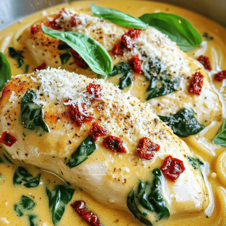 Für dieses tolle Gericht benötigst du folgende Hauptzutaten: - 4 Hühnerbrustfilets ohne Knochen und Haut - 1 Tasse Kirschtomaten, halbiert - 1 Tasse frischer Spinat, grob gehackt - 1/2 Tasse getrocknete Tomaten, fein gehackt - 1/2 Tasse Schlagsahne oder Kokosnusscreme - 1/4 Tasse Hühnerbrühe - 2 Knoblauchzehen, fein gehackt - 1 Teelöffel italienische Gewürzmischung - Salz und Pfeffer nach Geschmack - 1/2 Tasse geriebener Parmesan (optional) - Frische Basilikumblätter zur Dekoration Jede dieser Zutaten bringt ihren eigenen Geschmack. Die Hühnerbrust bleibt saftig und zart. Die Kirschtomaten und der Spinat geben Frische. Die getrockneten Tomaten fügen Tiefe und Süße hinzu. Du kannst das Rezept ganz einfach anpassen. Hier sind einige Optionen: - Füge Zucchini oder Paprika für mehr Gemüse hinzu. - Verwende frische Kräuter wie Oregano oder Thymian. - Ersetze die Schlagsahne durch griechischen Joghurt für weniger Fett. - Probiere verschiedene Käsesorten, wie Feta oder Mozzarella. Diese Variationen machen das Gericht spannend. Du kannst es jedes Mal anders genießen. Frische Zutaten sind der Schlüssel zu einem großartigen Gericht. Achte auf diese Tipps: - Wähle Hühnerbrust, die rosa und fest ist. - Kirschtomaten sollten glänzend und fest sein. - Der Spinat muss leuchtend grün und knackig sein. - Getrocknete Tomaten sollten nicht zu hart oder brüchig sein. Kaufe, wenn möglich, saisonale Produkte. Sie sind oft frischer und geschmackvoller. So wird dein Slow Cooker Tuscan Chicken noch besser! Zuerst würze ich die Hühnerbrustfilets. Ich streue Salz, Pfeffer und italienische Gewürzmischung gleichmäßig auf beide Seiten. Diese Gewürze bringen viel Geschmack. Danach lege ich die Filets am Boden des Slow Cookers. So haben sie genug Platz für die Sauce. In einer großen Schüssel kombiniere ich die halbierten Kirschtomaten, die gehackten getrockneten Tomaten und den grob gehackten Spinat. Dann füge ich die fein gehackten Knoblauchzehen, die Hühnerbrühe und die Schlagsahne hinzu. Ich rühre alles gut um, bis es eine homogene Mischung ergibt. Diese Sauce ist frisch und voll von Aromen. Ich gieße die Tomaten- und Spinatsauce gleichmäßig über die Hühnerbrustfilets. Dann decke ich den Slow Cooker ab. Ich stelle ihn auf die niedrige Stufe für 6-8 Stunden oder auf die hohe Stufe für 3-4 Stunden ein. Das Hühnchen wird zart und durchgegart. Vor dem Servieren rühre ich geriebenen Parmesan unter, falls ich ihn benutze. So wird die Sauce cremig und lecker. Um trockenes Hühnchen zu vermeiden, ist die Wahl der Hühnerbrust wichtig. Verwenden Sie frische, hochwertige Hühnerbrustfilets. Würzen Sie das Hühnchen gut mit Salz, Pfeffer und italienischer Gewürzmischung. Dies sorgt für Geschmack und Feuchtigkeit. Garen Sie das Hühnchen nicht zu lange. Überprüfen Sie die Garzeit, damit es zart bleibt. Wenn die Sauce zu dünn ist, gibt es einfache Wege, sie zu verdicken. Fügen Sie etwas Maisstärke hinzu, die Sie vorher in Wasser auflösen. Eine andere Methode ist, mehr geriebenen Parmesan zu verwenden. Der Käse schmilzt und gibt der Sauce eine cremige Konsistenz. Wenn Sie mehr Gemüse hinzufügen, wie Karotten oder Sellerie, kann auch dies helfen. Servieren Sie das Slow Cooker Tuscan Chicken auf einem Bett aus Pasta oder Reis. Diese Beilagen nehmen die köstliche Sauce gut auf. Knuspriges Brot ist auch eine großartige Wahl. Es hilft, die Sauce aufzutunken. Dekorieren Sie das Gericht mit frischen Basilikumblättern und extra Parmesan für einen schönen Look. {{image_4}} Wenn du eine milchfreie Option suchst, ist Kokosnusscreme perfekt. Sie macht die Sauce cremig und lecker. Ersetze einfach die Schlagsahne durch eine halbe Tasse Kokosnusscreme. Du bekommst einen Hauch von tropischem Geschmack. Diese Variante passt gut zu den anderen Aromen im Gericht. Du kannst das Rezept leicht anpassen, um mehr Gemüse hinzuzufügen. Zum Beispiel sind Zucchini, Paprika oder Karotten tolle Ergänzungen. Schneide sie klein und füge sie zur Sauce hinzu. Das gibt mehr Farbe und Nährstoffe. Gemüse macht das Gericht noch gesünder und schmackhafter. Manchmal möchte man neue Geschmäcker ausprobieren. Anstatt italienischer Gewürze kannst du andere Gewürzmischungen verwenden. Zum Beispiel passt eine Mischung aus Paprika und Kreuzkümmel gut dazu. Oder versuche eine asiatische Mischung mit Ingwer und Sojasauce. Jede Mischung bringt einen neuen Twist in das Gericht. Um übrig gebliebenes Hühnchen richtig zu lagern, lege es in einen luftdichten Behälter. Achte darauf, dass es vollständig abgekühlt ist. Du kannst es bis zu drei Tage im Kühlschrank aufbewahren. Für längere Lagerung, friere das Hühnchen in Portionen ein. So bleibt es bis zu drei Monate frisch. Für eine schnelle Zubereitung, bereite die Zutaten am Vorabend vor. Schneide die Kirschtomaten und den Spinat. Hacke den Knoblauch und die getrockneten Tomaten. Lege alles in einen Behälter im Kühlschrank. Am nächsten Tag sind sie bereit für den Slow Cooker. Dies spart Zeit und macht das Kochen einfacher. Um das Hühnchen aufzuwärmen, benutze eine Pfanne oder die Mikrowelle. Bei der Pfanne, gebe etwas Hühnerbrühe hinzu, um das Hühnchen feucht zu halten. Erhitze es bei mittlerer Temperatur, bis es warm ist. In der Mikrowelle, stelle die Leistung auf niedrig. Erhitze das Hühnchen in kurzen Intervallen, damit es nicht austrocknet. So bleibt der Geschmack frisch und lecker. Du solltest das Slow Cooker Tuscan Chicken auf niedriger Stufe für 6-8 Stunden kochen. Wenn du es schneller möchtest, kannst du die hohe Stufe verwenden. In diesem Fall koche es für 3-4 Stunden. Achte darauf, dass das Hühnchen zart und gut durchgegart ist. Das Kochzeitfenster sorgt dafür, dass die Aromen gut in das Hühnchen eindringen. Ja, du kannst gefrorenes Hühnchen im Slow Cooker verwenden. Stelle sicher, dass du die Kochzeit verlängerst. Gefrorenes Hühnchen benötigt mehr Zeit, um durchzugaren. Koche es auf der hohen Stufe für etwa 5-6 Stunden oder auf der niedrigen Stufe für 8-10 Stunden. Prüfe immer die Innentemperatur. Sie sollte mindestens 75 Grad Celsius betragen. Um die Sauce dicker zu machen, gibt es einige einfache Methoden. Du kannst mehr Parmesan hinzufügen, während das Gericht kocht. Eine andere Möglichkeit ist, einen Esslöffel Maisstärke mit Wasser zu mischen und die Mischung in die Sauce zu rühren. Lasse die Sauce dann noch etwas kochen, bis sie dick wird. Du kannst auch das Hühnchen vor dem Servieren herausnehmen und die Sauce reduzieren, um sie dicker zu machen. Slow Cooker Tuscan Chicken ist einfach zuzubereiten und lecker. Wir haben die Hauptzutaten besprochen, Tipps zur Zubereitung gegeben und Variationen hervorgehoben. Ich teile auch hilfreiche Lagerhinweise und häufige Fragen. Denke daran, frische Zutaten machen den Unterschied. Probiere die verschiedenen Varianten aus, um neue Geschmackserlebnisse zu entdecken. Mit diesen Tipps bereitest du unkompliziert ein köstliches Gericht zu, das jeder genießen kann. Viel Spaß beim Kochen!