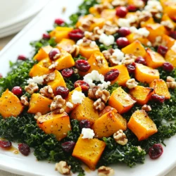 - 1 mittlerer Butternut-Kürbis, geschält und gewürfelt - 4 Tassen Grünkohl, Stiele entfernt und gehackt - 1/2 Tasse getrocknete Cranberries - 1/2 Tasse Walnüsse, grob gehackt - 1/4 Tasse Feta-Käse, zerbröckelt Der Butternut-Kürbis ist süß und nussig. Er bringt Farbe und Geschmack in den Salat. Grünkohl ist ein super gesundes Blattgemüse. Er gibt dem Salat eine schöne Textur. Getrocknete Cranberries fügen Süße hinzu. Sie sind auch eine tolle Farbquelle. Walnüsse bringen Crunch und gesunde Fette. Der Feta-Käse sorgt für einen cremigen, salzigen Akzent. - 2 Esslöffel Olivenöl - 1 Teelöffel gemahlener Zimt - 1/2 Teelöffel Muskatnuss - Salz und Pfeffer nach Geschmack Olivenöl macht den Salat reichhaltig. Es hilft auch beim Rösten des Kürbisses. Zimt und Muskatnuss bringen warme Aromen. Sie passen gut zu Kürbis. Salz und Pfeffer sind wichtig. Sie bringen alle Aromen zusammen. - 2 Esslöffel Apfelessig - 1 Esslöffel Honig oder Ahornsirup Der Apfelessig bringt Säure in den Salat. Er hilft, die Aromen frisch zu halten. Honig oder Ahornsirup fügen eine süße Note hinzu. So balancieren sie die anderen Zutaten aus. Dieses Dressing ist einfach und lecker. Es passt perfekt zu unserem Salat. - Heizen Sie Ihren Ofen auf 220°C vor. Das sorgt für eine schöne Röstung. - Würfeln Sie den Butternut-Kürbis. Die Stücke sollten gleich groß sein. - In einer großen Schüssel vermengen Sie die Kürbiswürfel mit 2 Esslöffeln Olivenöl, 1 Teelöffel Zimt, 1/2 Teelöffel Muskatnuss, Salz und Pfeffer. Rühren Sie gut um, bis alles gleichmäßig bedeckt ist. - Breiten Sie den gewürzten Kürbis auf einem Backblech aus. Achten Sie darauf, dass die Stücke sich nicht überlappen. - Rösten Sie den Kürbis 25-30 Minuten lang. Wenden Sie die Stücke nach der Hälfte der Zeit. So wird der Kürbis gleichmäßig gar und bekommt eine tolle Farbe. - Nehmen Sie den gehackten Grünkohl und massieren Sie ihn mit einer Prise Salz. Machen Sie dies etwa 2 Minuten lang. Der Grünkohl wird zart und welkt leicht. - In einer großen Schüssel kombinieren Sie den massierten Grünkohl mit 1/2 Tasse getrockneten Cranberries, 1/2 Tasse grob gehackten Walnüssen und 1/4 Tasse zerbröckeltem Feta-Käse. Mischen Sie alles gut. - Lassen Sie den gerösteten Kürbis kurz abkühlen. Fügen Sie ihn dann zu dem Salat hinzu. Um den besten Geschmack zu erreichen, röste den Butternut-Kürbis richtig. - Gleichmäßige Garung: Lege die Kürbiswürfel in einer einzigen Schicht auf das Backblech. So garen sie gleichmäßig. Wende die Stücke nach der Hälfte der Röstzeit. Dadurch bekommst du eine schöne, zarte Textur. - Karamellisierung verbessern: Stelle sicher, dass du genug Olivenöl verwendest. Es hilft, die natürliche Süße des Kürbisses zu betonen. Zimt und Muskatnuss bringen zusätzlichen Geschmack. Die Vorbereitung des Grünkohls ist wichtig für die Textur. - Massierte Grünkohl-Zubereitung: Nimm frischen Grünkohl und massiere ihn mit einer Prise Salz. Das macht ihn zarter und schmackhafter. Massiere den Grünkohl etwa zwei Minuten lang, bis er leicht welk ist. - Alternativen für Feta-Käse: Wenn du keinen Feta magst, kannst du auch Ziegenkäse oder einen pflanzlichen Käse verwenden. Diese Optionen bringen neue Aromen in den Salat. Die Präsentation ist der Schlüssel zu einem ansprechenden Salat. - Präsentationstipps: Serviere den Salat auf einer großen Platte. Lege die gerösteten Kürbisstücke obenauf. Das sieht schön aus und macht den Salat einladend. - Garnierungen: Streue zusätzliche Walnüsse und Cranberries über den Salat. Sie fügen Textur und Farbe hinzu. So wird dein Gericht nicht nur köstlich, sondern auch optisch ansprechend. {{image_4}} Fügen Sie saisonale Gemüse hinzu, um die Vielfalt zu erhöhen. Rote Paprika oder Zucchini passen gut. Sie bringen frische Farben und Geschmäcker. Proteinoptionen sind ebenfalls wichtig. Gegrilltes Hühnchen macht den Salat sättigender. Kichererbsen sind eine tolle vegane Wahl. Sie sind nahrhaft und liefern einen schönen Biss. Für vegane Anpassungen können Sie pflanzliche Käsealternativen verwenden. Produkte aus Cashew oder Mandel sind ideal. Sie bringen einen ähnlichen Geschmack wie Feta. Ändern Sie das Dressing, um es vegan zu machen. Ersetzen Sie Honig durch Agavendicksaft oder Dattelsirup. So bleibt der süße Geschmack erhalten. Ein selbstgemachtes Dressing macht den Salat besonders lecker. Mischen Sie Olivenöl mit Zitrone oder Senf. Dies gibt eine frische Note. Sie können auch verschiedene Essigsorten ausprobieren. Balsamico oder Rotweinessig passen gut. Experimentieren Sie mit diesen Optionen, um Ihren perfekten Salat zu finden. Um den Salat frisch zu halten, bewahre ihn im Kühlschrank auf. Eine gute Wahl sind luftdichte Behälter. Diese verhindern, dass der Salat austrocknet oder Gerüche aufnimmt. Du kannst den Salat auch in einer großen Schüssel mit Frischhaltefolie abdecken. So bleibt er frisch und knackig. Der Röster Butternut-Kürbis Grünkohl-Salat hält sich im Kühlschrank etwa 3 bis 4 Tage. Achte darauf, dass alle Zutaten gut abgedeckt sind. Wenn du Zutaten wie Feta oder Cranberries vorbereitet hast, lagere sie separat. So bleiben sie länger frisch. Wenn du den gerösteten Kürbis aufwärmen möchtest, benutze den Ofen. So bleibt der Geschmack am besten erhalten. Heize den Ofen auf 180°C vor und lege den Kürbis auf ein Backblech. Backe ihn für etwa 10 Minuten. Du kannst auch die Mikrowelle nutzen, aber der Kürbis wird nicht so knusprig. Erwärme ihn in der Mikrowelle für 1 bis 2 Minuten. Achte darauf, dass du ihn nicht zu lange erhitzt. Der Salat hält sich im Kühlschrank etwa 3 bis 4 Tage. Um die Frische zu bewahren, stelle sicher, dass du ihn in einem luftdichten Behälter aufbewahrst. Die Aromen können sich sogar noch verbessern, je länger der Salat steht, aber der Grünkohl wird nach ein paar Tagen matschig. Überprüfe den Salat vor dem Essen immer auf Geruch und Aussehen. Ja, du kannst frischen Grünkohl verwenden. Frischer Grünkohl hat einen knackigen Biss und einen stärkeren Geschmack. Wenn du ihn verwendest, musst du ihn gut massieren. Dies hilft, die Blätter zart zu machen. Du kannst auch andere Arten von Grünkohl ausprobieren. Zum Beispiel hat Lacinato-Grünkohl einen milden Geschmack und eine glattere Textur. Absolut! Dieser Salat ist perfekt für Meal Prep. Du kannst die verschiedenen Zutaten separat lagern. Röste den Kürbis und lagere ihn in einem Behälter. Massiere den Grünkohl und lege ihn in einen anderen Behälter. So bleibt alles frisch. Mische die Zutaten erst kurz vor dem Essen. So schmeckt der Salat immer frisch und lecker. Dieser Beitrag hat Ihnen einen umfassenden Überblick über die Zutaten und Zubereitung eines köstlichen Salats gegeben. Sie haben gelernt, wie Sie Butternut-Kürbis und Grünkohl richtig vorbereiten und rösten. Es gibt zahlreiche Tipps, um den Salat perfekt anzurichten und zu variieren. Nutzen Sie diese Informationen, um kreative Anpassungen zu machen und frische Zutaten zu integrieren. Der Schlüssel liegt darin, den Salat frisch zu halten und in den besten Behältern zu lagern. Viel Spaß beim Ausprobieren dieser gesunden Rezepte!