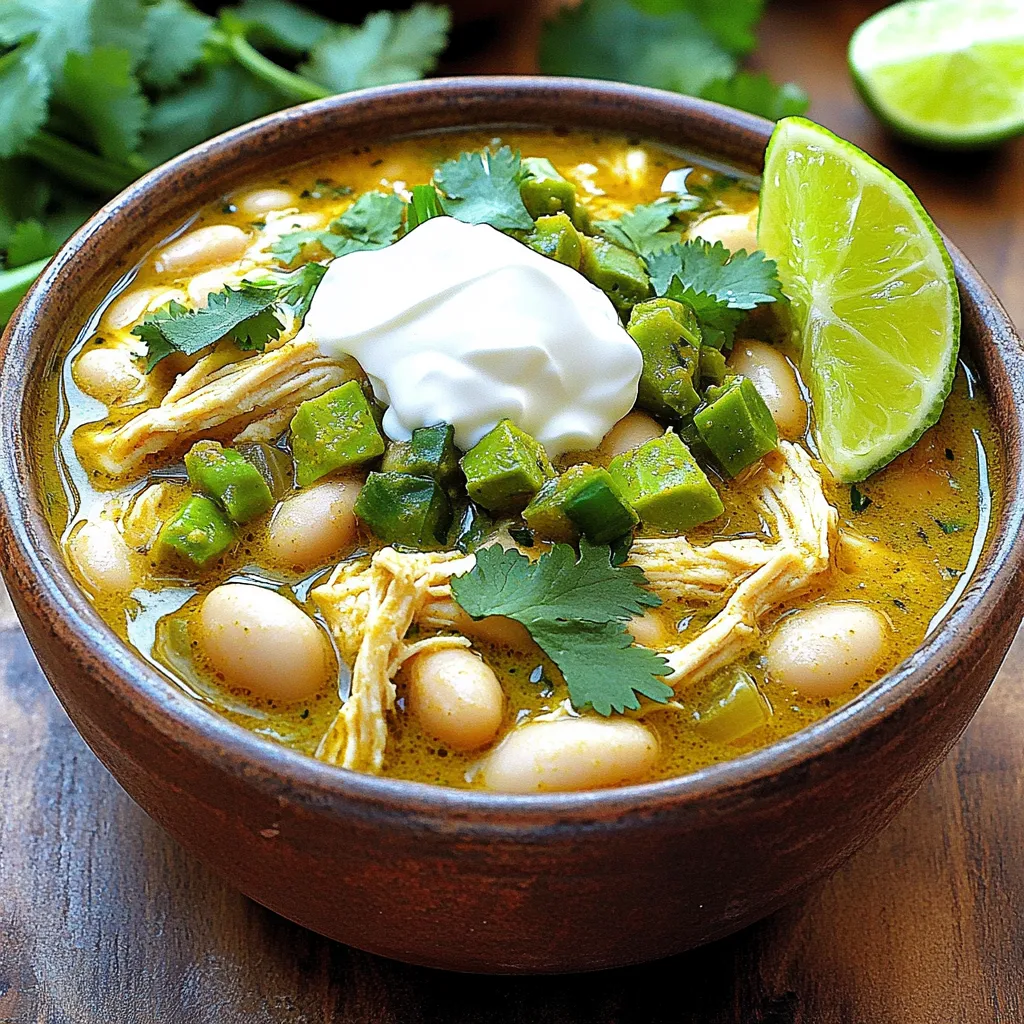 Die Hauptzutaten für Slow Cooker White Chicken Chili sind einfach und frisch. Hier ist, was Sie brauchen: - 450 g Hähnchenbrustfilets, ohne Haut und Knochen - 1 Dose (425 g) weiße Bohnen, gründlich abgetropft und gespült - 1 Dose (425 g) gewürfelte grüne Chilischoten - 1 mittelgroße Zwiebel, fein gewürfelt - 3 Knoblauchzehen, gehackt - 250 g Mais (frisch oder gefroren) - 1 Liter Hühnerbrühe Die Hähnchenbrust gibt der Chili eine zarte Textur. Die weißen Bohnen sorgen für einen cremigen Geschmack. Grüne Chilischoten bringen eine milde Schärfe, die perfekt mit den anderen Zutaten harmoniert. Die Gewürze und Aromen machen diese Chili besonders lecker. Hier sind die nötigen Gewürze: - 1 Teelöffel gemahlener Kreuzkümmel - 1 Teelöffel geräuchertes Paprikapulver - 1 Teelöffel Oregano - Salz und Pfeffer nach Geschmack Kreuzkümmel gibt einen nussigen Geschmack. Geräuchertes Paprikapulver bringt ein rauchiges Aroma. Oregano rundet die Aromen ab. Vergessen Sie nicht, mit Salz und Pfeffer zu würzen! Die Garnierungen verleihen der Chili das gewisse Etwas. Verwenden Sie: - 240 g Sauerrahm oder griechischer Joghurt - Frischer Koriander, gehackt, zur Garnierung - Limettenspalten, zum Servieren Sauerrahm oder Jogurt sorgt für eine cremige Konsistenz. Frischer Koriander bringt Farbe und Frische. Limettenspalten geben einen spritzigen Geschmack. Diese Garnierungen machen Ihre Chili noch köstlicher! Lege die Hähnchenbrustfilets auf den Boden des Slow Cookers. Achte darauf, dass sie gleichmäßig liegen. Dieses Stück Fleisch ist die Basis für unsere Chili. Du kannst frisches oder gefrorenes Hähnchen verwenden. Wenn du gefrorenes Hähnchen nimmst, verlängert sich die Kochzeit. In einer Schüssel vermische die weißen Bohnen, gewürfelten grünen Chili, Zwiebelwürfel, gehackten Knoblauch und den Mais. Füge die Hühnerbrühe, Kreuzkümmel, geräuchertes Paprikapulver, Oregano, Salz und Pfeffer hinzu. Rühre alles gut um. Gieße diese Mischung gleichmäßig über das Hähnchen im Slow Cooker. Setze den Deckel auf den Slow Cooker. Koche die Mischung für 6-8 Stunden auf niedriger Stufe oder 4 Stunden auf hoher Stufe. Das Hähnchen sollte zart sein und leicht zerfallen. Diese langsame Kochmethode bringt die Aromen gut zur Geltung. Nimm die Hähnchenbrustfilets vorsichtig aus dem Slow Cooker. Benutze zwei Gabeln, um das Hähnchen in kleine Stücke zu zerkleinern. Gib das zerkleinerte Hähnchen zurück in die Chili. So verteilt sich der Geschmack gleichmäßig. Gib den Sauerrahm oder griechischen Joghurt in den Slow Cooker. Rühre sanft, bis er gut verteilt ist. Lass die Chili weitere 10-15 Minuten erhitzen. Dadurch wird die Chili schön cremig und reichhaltig. Probiere die Chili und schmecke sie nach Belieben ab. Füge mehr Salz oder Pfeffer hinzu, wenn nötig. Dieser Schritt ist wichtig, damit die Aromen perfekt harmonieren. Löffle die Chili in Schalen. Garniere sie mit frischem Koriander und Limettenspalten. Die Limettenspalten geben einen frischen Geschmack. Lass deine Gäste die Limette nach Belieben dazugeben. Um die perfekte Konsistenz für dein Chili zu erreichen, achte auf die richtige Menge Hühnerbrühe. Zu viel Flüssigkeit macht das Gericht wässrig. Ich empfehle, mit einem Liter Brühe zu starten und bei Bedarf mehr hinzuzufügen. Wenn du eine dickere Konsistenz möchtest, lasse das Chili nach dem Kochen auf der hohen Stufe ohne Deckel einige Minuten köcheln. So kann die Flüssigkeit etwas verdampfen. Du kannst deinem Chili mehr Geschmack verleihen, indem du zusätzliche Zutaten hinzufügst. Probiere frische Paprika oder Jalapeños für etwas Schärfe. Auch eine Dose Mais bringt mehr Textur und Süße. Für ein rauchigeres Aroma kannst du geräucherten Paprika verwenden oder sogar einen Schuss Tabasco hinzufügen. Experimentiere mit frischen Kräutern wie Thymian oder Rosmarin für einen besonderen Touch. Ein häufiger Fehler ist, das Hähnchen nicht gut zu würzen. Verwende ausreichend Salz und Pfeffer. Vergiss nicht, die Chili vor dem Servieren zu probieren. Ein weiterer Fehler ist, das Hähnchen zu lange zu kochen. Wenn es zu trocken wird, schmeckt es nicht gut. Achte darauf, die Garzeiten genau einzuhalten. Und wenn du den Sauerrahm oder Joghurt hinzufügst, mache dies erst kurz vor dem Servieren. So bleibt die Cremigkeit erhalten. {{image_4}} Wenn du eine vegetarische Variante von weißem Hühner-Chili machen möchtest, ersetze das Hähnchen. Nutze stattdessen 450 g Tofu oder Tempeh. Schneide den Tofu in Würfel und brate ihn vorher in einer Pfanne an. Das gibt dem Gericht mehr Geschmack. Du kannst auch mehr Bohnen verwenden, wie schwarze oder Kidneybohnen. Diese Bohnen sorgen für eine tolle Textur und Protein. Die Gewürze machen dein Chili besonders. Du kannst experimentieren! Probiere mehr Kreuzkümmel für einen warmen Geschmack. Füge Cayennepfeffer hinzu, wenn du es scharf magst. Ein Teelöffel Limettensaft bringt Frische. Wenn du einen rauchigen Geschmack magst, nutze mehr geräuchertes Paprikapulver. Du kannst auch frische Kräuter wie Thymian oder Basilikum hinzufügen. Zu deinem weißen Chili passen viele leckere Beilagen. Serviere es mit Tortilla-Chips für etwas Crunch. Ein frischer grüner Salat ergänzt die Speise gut. Du kannst auch Reis oder Quinoa anbieten. Diese Beilagen machen das Essen sättigender. Vergiss nicht, frisches Brot bereitzustellen, um die cremige Sauce aufzutunken! Um die Reste deiner Slow Cooker weißen Hühner-Chili aufzubewahren, lass sie zuerst abkühlen. Fülle die Chili in einen luftdichten Behälter. Stelle sicher, dass der Behälter gut verschlossen ist. Du kannst die Chili bis zu fünf Tage im Kühlschrank aufbewahren. Wenn du mehr Zeit brauchst, friere die Chili ein. Nutze gefrierfeste Behälter oder Beutel, um Platz zu sparen. Wenn du bereit bist, die Chili wieder zu genießen, nimm eine Portion heraus. Du kannst sie in der Mikrowelle oder auf dem Herd erhitzen. Im Mikrowellenofen erwärmst du die Chili in einem geeigneten Behälter. Decke den Behälter leicht ab, damit sie nicht austrocknet. Auf dem Herd kannst du die Chili in einem Topf bei mittlerer Hitze erhitzen. Rühre gelegentlich um, damit sie gleichmäßig warm wird. Wenn die Chili zu dick ist, füge etwas Hühnerbrühe oder Wasser hinzu. Die Haltbarkeit der Chili hängt vom Lagerort ab. Im Kühlschrank hält sie sich bis zu fünf Tage. Im Gefrierfach kann sie bis zu drei Monate frisch bleiben. Achte darauf, die Chili sicher zu lagern. Überprüfe immer den Geruch und das Aussehen, bevor du sie isst. Wenn sie seltsam riecht oder sich verfärbt hat, wirf sie weg. Du kannst die Chili im Slow Cooker bis zu 8 Stunden auf niedriger Stufe lassen. Wenn du es eilig hast, kannst du es auch auf hoher Stufe für 4 Stunden kochen. Achte darauf, dass das Hähnchen zart und leicht zu zerkleinern ist. Längeres Kochen macht es noch besser, da sich die Aromen vermischen. Ja, gefrorenes Hähnchen kann in die Chili. Es braucht jedoch etwas mehr Zeit zum Kochen. Stelle sicher, dass das Hähnchen in der Mitte auch gut durchgegart ist. Dies sorgt dafür, dass das Hähnchen sicher und lecker ist. Zu weißem Hühner-Chili passen viele Beilagen gut. Hier sind einige Ideen: - Tortilla-Chips für knusprige Textur - Frisches Brot zum Dippen - Reis für zusätzliche Füllung - Guacamole für einen cremigen Kontrast - Frische Limettenspalten für einen spritzigen Kick Diese Beilagen bringen Vielfalt und Geschmack zu deinem Gericht. In diesem Artikel habe ich die Zutaten und Schritte für ein köstliches Hühner-Chili erklärt. Wir haben Hauptzutaten, Gewürze und tolle Garnierungen behandelt. Ich habe Tipps geteilt, um die perfekte Konsistenz zu erreichen und Varianten vorgestellt, um mehr Geschmack zu haben. Zum Schluss gab es Informationen zur Lagerung und häufige Fragen. Du kannst mit diesem Wissen leckere Gerichte schaffen. Mach es zu deinem eigenen und genieße jeden Bissen!