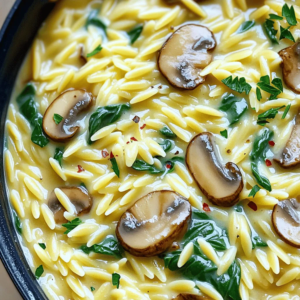 Für dieses Rezept benötigst du folgende Zutaten: - 1 Tasse Orzo-Nudeln - 2 Tassen Gemüsebrühe - 1 Esslöffel Olivenöl - 1 mittlere Zwiebel, gewürfelt - 3 Knoblauchzehen, fein gehackt - 225 g Champignons, in Scheiben geschnitten (vorzugsweise Cremini oder weiße Champignons) - 4 Tassen frischer Spinat - 1 Tasse saure Sahne (oder Kokoscreme für eine milchfreie Option) - ½ Tasse Parmesan, gerieben (oder Nährhefe für eine vegane Option) - Salz und Pfeffer nach Geschmack - Rote Pfefferflocken (optional, für eine scharfe Note) - Frische Petersilie, gehackt, zum Garnieren Wenn du keine Orzo-Nudeln hast, kannst du andere kurze Teigwaren verwenden, wie Penne oder Fusilli. Für eine glutenfreie Option, wähle glutenfreie Teigwaren oder Quinoa. Das Rezept bleibt lecker, auch wenn du die saure Sahne durch einen pflanzlichen Joghurt ersetzt. Wenn du keinen Parmesan magst, probiere Feta oder einen anderen Käse. Frische Zutaten machen einen großen Unterschied. Achte darauf, dass die Champignons fest und nicht matschig sind. Wähle Spinat mit leuchtend grünen Blättern und ohne braune Flecken. Wenn du frische Kräuter kaufst, suche nach knackigen Blättern ohne Verfärbungen. Gemüsebrühe sollte klar und aromatisch sein. So bringst du den besten Geschmack in dein Gericht. Zuerst musst du alle Zutaten bereitstellen. Hier sind die Schritte: - Messen Sie 1 Tasse Orzo-Nudeln ab. - Bereiten Sie 2 Tassen Gemüsebrühe vor. - Schneiden Sie 1 mittlere Zwiebel in kleine Würfel. - Hacken Sie 3 Knoblauchzehen fein. - Schneiden Sie 225 g Champignons in Scheiben. - Waschen Sie 4 Tassen frischen Spinat. - Messen Sie 1 Tasse saure Sahne oder Kokoscreme. - Reiben Sie ½ Tasse Parmesan oder verwenden Sie Nährhefe. Die Vorbereitung macht das Kochen einfacher und schneller. Jetzt geht es ans Kochen. Hier ist, was du tun musst: 1. Erhitze 1 Esslöffel Olivenöl in einem mittelgroßen Topf bei mittlerer Hitze. 2. Füge die gewürfelte Zwiebel hinzu und brate sie 3-4 Minuten lang an, bis sie durchsichtig ist. 3. Gib die gehackten Knoblauchzehen und die geschnittenen Champignons in den Topf. 4. Koche alles 5-7 Minuten lang, bis die Pilze zart und goldbraun sind. 5. Rühre 2 Tassen Gemüsebrühe ein und bringe die Mischung zum Kochen. 6. Füge die 1 Tasse Orzo-Nudeln hinzu. 7. Reduziere die Hitze auf niedrig und lasse alles 10-12 Minuten köcheln. Rühre gelegentlich um. Die Orzo-Nudeln sollten al dente und die Brühe fast aufgesogen sein. Jetzt wird es cremig! Folge diesen Schritten: 1. Wenn die Orzo fertig ist, mische 4 Tassen frischen Spinat unter. 2. Koche für weitere 2-3 Minuten, bis der Spinat verwelkt. 3. Gieße 1 Tasse saure Sahne hinein und rühre gut um. 4. Lass die Mischung 2 Minuten lang durchwärmen. 5. Nimm den Topf vom Herd und füge ½ Tasse geriebenen Parmesan hinzu. Rühre bis er schmilzt. 6. Schmecke mit Salz, Pfeffer und optionalen roten Pfefferflocken ab. Jetzt hast du eine cremige, köstliche Pilz-Spinat-Orzo! Das Gericht ist warm serviert und mit frischer Petersilie garniert am besten. Um die perfekte Konsistenz zu erreichen, achte darauf, die Orzo-Nudeln al dente zu kochen. Das bedeutet, sie sollten noch leicht bissfest sein. Wenn die Brühe fast aufgesogen ist, füge etwas mehr Flüssigkeit hinzu. Das gibt der Mischung eine cremige Textur. Ein weiterer Tipp ist, die saure Sahne erst am Ende hinzuzufügen. So bleibt die Sauce schön glatt und cremig. Ein häufiger Fehler ist, die Orzo zu lange zu kochen. Dadurch wird sie matschig. Rühre die Nudeln regelmäßig um, um ein Ankleben zu verhindern. Achte darauf, die Hitze nach dem Hinzufügen der Brühe zu reduzieren. Zu hohe Hitze kann die Flüssigkeit schnell verdampfen lassen, was die Konsistenz beeinträchtigt. Wenn du die Pilze anbrätst, lass sie genug Platz in der Pfanne. So bräunen sie besser. Serviere den cremigen Pilz-Spinat-Orzo warm in tiefen Tellern. Das sieht schön aus und hält die Wärme. Garniere das Gericht mit frischer Petersilie. Sie bringt Farbe und einen frischen Geschmack. Wenn du es etwas schärfer magst, streue rote Pfefferflocken darüber. Dazu passt ein einfacher grüner Salat oder geröstetes Brot. So hast du ein rundes und leckeres Essen. {{image_4}} Um eine vegane Version von cremigem Pilz-Spinat-Orzo zu machen, ersetze die saure Sahne durch Kokoscreme. Diese Option sorgt für eine cremige Textur und einen milden Geschmack. Statt Parmesan kannst du Nährhefe verwenden. Sie gibt einen käsigen Geschmack und ist reich an Nährstoffen. Möchtest du mehr Protein? Füge Kichererbsen oder Linsen hinzu. Diese Hülsenfrüchte sind nahrhaft und machen das Gericht sättigender. Du kannst sie einfach zusammen mit der Gemüsebrühe hinzufügen. Auch gebratene Tofuwürfel sind eine tolle Ergänzung. Sie bringen eine angenehme Textur und zusätzlichen Geschmack. Die Gewürze sind wichtig für den Geschmack. Du kannst die Menge an Knoblauch erhöhen, um mehr Aroma zu bekommen. Wenn du es schärfer magst, füge mehr rote Pfefferflocken hinzu. Für eine fruchtige Note kannst du ein wenig Zitronensaft hinzufügen. Das bringt Frische in das Gericht. Experimentiere mit verschiedenen Kräutern wie Thymian oder Basilikum für neue Geschmacksrichtungen. Um die Cremige Pilz-Spinat-Orzo frisch zu halten, lagere sie in einem luftdichten Behälter. Stelle sicher, dass der Behälter gut verschlossen ist. Kühl lagern ist wichtig. So bleibt das Gericht bis zu drei Tage haltbar. Wenn du die Orzo länger aufbewahren möchtest, denke an das Einfrieren. In einem gefrierfesten Behälter hält sie bis zu drei Monate. Beachte, dass die Konsistenz beim Auftauen leicht verändert sein kann. Zum Aufwärmen kannst du die Orzo einfach in die Mikrowelle stellen. Erwärme sie in kurzen Intervallen. Rühre nach jeder Minute um, um eine gleichmäßige Wärme zu erreichen. Du kannst auch einen Topf auf mittlerer Hitze verwenden. Füge etwas Gemüsebrühe oder Wasser hinzu, um das Gericht feucht zu halten. Rühre alles gut um, bis es heiß ist. So bleibt der Geschmack frisch und lecker. Um Nahrungsmittelverschwendung zu vermeiden, plane deine Portionen gut. Koche nur so viel, wie du benötigst. Reste sind eine tolle Möglichkeit, neue Gerichte zu kreieren. Verwende sie als Füllung für Wraps oder als Beilage. Du kannst auch die Zutaten anpassen. Wenn du nur einen Teil der Orzo zubereitest, bewahre die restlichen Zutaten getrennt auf. So bleiben sie frisch und bereit für dein nächstes Gericht. Um die orzo Pasta glutenfrei zu machen, wähle glutenfreie Orzo-Alternativen. Viele Marken bieten Reis- oder Mais-Orzo an. Diese haben eine ähnliche Textur und Geschmack. Achte auf die Verpackung, um sicherzustellen, dass sie glutenfrei sind. Ja, du kannst gefrorenen Spinat verwenden. Er ist praktisch und spart Zeit. Achte darauf, ihn vor der Verwendung gut abzutropfen. So vermeidest du, dass das Gericht zu wässrig wird. Füge ihn einfach in den Topf, nachdem die Orzo fertig ist. Um die cremige Sauce zu reduzieren, kannst du weniger saure Sahne verwenden. Ersetze sie teilweise durch Gemüsebrühe oder pflanzliche Milch. Ebenso kannst du die Menge des Käses verringern oder ganz weglassen. Das Gericht bleibt dennoch lecker und cremig. Am Ende dieses Artikels haben wir die besten Zutaten und deren Auswahl besprochen. Du weißt jetzt, wie du Orzo perfekt zubereitest und welche Tipps helfen, häufige Fehler zu vermeiden. Wir haben kreative Variationen und passende Lagerungstipps erkundet. Denke daran, frische Zutaten sind der Schlüssel zu einem tollen Gericht. Experimentiere mit den Vorschlägen und finde deinen eigenen Geschmack. Dort ist Platz für Freude und Kreativität. Viel Spaß beim Kochen!