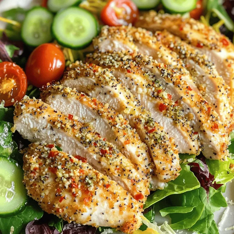 - 2 große Hähnchenbrustfilets - 1 Tasse Paniermehl (idealerweise Panko für extra Knusprigkeit) - 2 Esslöffel Everything Bagel Gewürz - 1/2 Tasse geriebener Parmesan - 1 Esslöffel Knoblauchpulver - 1 Esslöffel Zwiebelpulver - 2 große Eier - Salz und Pfeffer nach Geschmack - Kochspray zur Vermeidung des Anklebens Die Hauptzutaten sind einfach und voller Geschmack. Du benötigst frische Hähnchenbrustfilets, die saftig und zart sind. Panko, das grobe Paniermehl, sorgt für die perfekte Knusprigkeit. Das Everything Bagel Gewürz bringt eine tolle Würze mit Sesam, Mohn und Zwiebel. Zusätzlich kommen Parmesan und Gewürze wie Knoblauch- und Zwiebelpulver ins Spiel. Diese Zutaten machen den Geschmack noch intensiver. Eier helfen der Panade, gut zu haften. Denke daran, die Gewürze nach Geschmack zu wählen. Salz und Pfeffer sind wichtig, um das Hähnchen abzuschmecken. Ein gutes Kochspray verhindert, dass das Hähnchen im Airfryer kleben bleibt. Mit diesen Zutaten machst du eine knusprige Köstlichkeit, die alle begeistern wird! Vor dem Kochen heize ich den Airfryer auf 190°C (375°F) vor. Das dauert nur fünf Minuten. Ein heißer Airfryer sorgt für knusprige Hähnchenbrust. Für die Panade mische ich die folgenden Zutaten in einer mittleren Schüssel: - 1 Tasse Paniermehl (idealerweise Panko) - 2 Esslöffel Everything Bagel Gewürz - 1/2 Tasse geriebener Parmesan - 1 Esslöffel Knoblauchpulver - 1 Esslöffel Zwiebelpulver - Salz und Pfeffer nach Geschmack Ich vermenge alles gut, bis es gleichmäßig aussieht. Diese Mischung sorgt für den tollen Geschmack. Jetzt bereite ich die Hähnchenbrustfilets vor. Ich trockne sie mit Papiertüchern ab. Dann würze ich sie auf beiden Seiten mit Salz und Pfeffer. In einer separaten Schüssel verquirle ich zwei große Eier. Jedes Hähnchenbrustfilet tauche ich in die Eier. Ich lasse überschüssige Eier abtropfen und tauche dann in die Panade. Ich drücke sanft, damit die Krümel gut haften. Jetzt kommt der spannende Teil! Ich sprühe den Korb des Airfryers leicht mit Kochspray ein. Dann lege ich die panierten Hähnchenbrustfilets in einer einzigen Schicht hinein. Ich gare das Hähnchen bei 190°C (375°F) für etwa 15 bis 18 Minuten. Nach der Hälfte wende ich das Hähnchen. Es sollte eine Innentemperatur von 74°C (165°F) erreichen. Wenn die Panade goldbraun und knusprig ist, ist es fertig. Nach dem Garen nehme ich das Hähnchen aus dem Airfryer. Ich lasse es ein paar Minuten ruhen, bevor ich es in Scheiben schneide. So bleibt es saftig und lecker. Um die beste Panade zu bekommen, benutze Panko. Panko ist ein grobes japanisches Paniermehl. Es macht die Hähnchenbrust extra knusprig. Wenn du Panko verwendest, wird die Panade luftiger. So bleibt das Hähnchen innen saftig und außen knusprig. Du kannst Panko leicht in vielen Supermärkten finden. Die richtige Innentemperatur ist sehr wichtig. Das Hähnchen sollte mindestens 74°C (165°F) erreichen. So stellst du sicher, dass es sicher zu essen ist. Um die Temperatur zu prüfen, nutze ein Fleischthermometer. Stecke es in die dickste Stelle des Hähnchens. Wenn die Temperatur stimmt, ist das Hähnchen perfekt gegart. Nach dem Garen ist Ruhezeit wichtig. Lass das Hähnchen für ein paar Minuten ruhen. Dies hilft, die Säfte im Hähnchen zu halten. Wenn du es sofort schneidest, gehen die Säfte verloren. Das Hähnchen wird trockener und weniger lecker. Eine kurze Ruhezeit macht das Gericht saftiger und geschmackvoller. {{image_4}} Manchmal möchtest du etwas Neues probieren. Statt Everything Bagel Gewürz kannst du auch andere Gewürze verwenden. Hier sind einige Ideen: - Paprika für eine leichte Schärfe. - Italienische Kräuter für einen mediterranen Geschmack. - Cajun-Gewürz für eine würzige Note. Diese Variationen bringen frischen Wind in dein Gericht. Experimentiere mit den Mengen, um deinen perfekten Geschmack zu finden. Das richtige Gericht braucht passende Beilagen. Hier sind einige tolle Vorschläge: - Ein gemischter Salat mit frischen Gemüsesorten. - Geröstete Süßkartoffeln für eine süße Note. - Knoblauchbrot als leckere Beilage. Diese Beilagen ergänzen das Hähnchen perfekt. Du kannst auch verschiedene Kombinationen ausprobieren, um neue Geschmackserlebnisse zu schaffen. Wenn du Abwechslung möchtest, probiere andere Fleischsorten. Putenbrust ist eine großartige Wahl. Sie bleibt saftig und hat einen tollen Geschmack. Hähnchenkeulen sind ebenfalls eine gute Option. Sie sind zart und haben mehr Geschmack. Jede dieser Fleischsorten kann mit der gleichen Panade zubereitet werden. Achte darauf, die Garzeit anzupassen. So erreichst du immer das beste Ergebnis. Sie können die Reste Ihres Air Fryer Everything Bagel Chicken einfach aufbewahren. Legen Sie die Hähnchenteile in einen luftdichten Behälter. Im Kühlschrank bleiben sie bis zu drei Tage frisch. Wenn Sie die Reste länger aufbewahren möchten, frieren Sie sie ein. Wickeln Sie die Hähnchenstücke gut in Frischhaltefolie. So bleiben sie bis zu drei Monate genießbar. Um das Hähnchen wieder aufzuwärmen, benutzen Sie den Air Fryer. Stellen Sie ihn auf 160°C (320°F). Frittieren Sie das Hähnchen für 5 bis 7 Minuten. Diese Methode macht das Hähnchen schön knusprig. Alternativ können Sie es auch in der Mikrowelle aufwärmen. Legen Sie es auf einen Teller und decken Sie es mit einem feuchten Papiertuch ab. Dies hilft, das Hähnchen saftig zu halten. Die Reste bleiben im Kühlschrank bis zu drei Tage genießbar. In der Gefriertruhe können sie bis zu drei Monate halten. Achten Sie darauf, das Hähnchen gut zu verpacken, um Gefrierbrand zu vermeiden. Vor dem Verzehr sollten Sie sicherstellen, dass das Hähnchen vollständig durchgegart ist. Wenn Sie unsicher sind, prüfen Sie die Temperatur mit einem Thermometer. Sie sollte mindestens 74°C (165°F) betragen. Um sicherzustellen, dass das Hähnchen durchgegart ist, benutze ein Fleischthermometer. Stecke es in die dickste Stelle des Hähnchens. Die Innentemperatur sollte 74°C (165°F) erreichen. Wenn du kein Thermometer hast, achte auf den Saft. Er sollte klar sein, nicht rosa. Um die Temperatur zu kontrollieren, überprüfe das Hähnchen nach 15 Minuten. Wenn es noch nicht ganz fertig ist, gare es weiter. Achte darauf, das Hähnchen nicht zu übergaren, damit es saftig bleibt. Ja, du kannst die Panade im Voraus vorbereiten. Mische die Zutaten für die Panade in einer Schüssel. Bewahre die Mischung in einem luftdichten Behälter auf. So bleibt sie frisch und bereit für den Einsatz. Wenn du die Panade vor dem Kochen zubereitest, kannst du Zeit sparen. Du musst dann nur die Hähnchenbrustfilets panieren, wenn du bereit bist zu kochen. Für das Everything Bagel Chicken passen viele Dips gut. Hier sind einige tolle Vorschläge: - Joghurt-Dip: Mische griechischen Joghurt mit Zitronensaft und Kräutern. - Knoblauch-Aioli: Verwende Mayonnaise, Knoblauch und etwas Zitrone für einen reichhaltigen Dip. - Salsa: Frische Salsa bringt eine fruchtige Note. - BBQ-Sauce: Süße oder rauchige BBQ-Sauce ergänzt die Würze des Hähnchens. Diese Dips machen das Gericht noch leckerer und sorgen für Abwechslung! Zusammenfassend haben wir die wichtigsten Zutaten für das knusprige Hähnchen im Airfryer besprochen. Ich habe dir gezeigt, wie du das Hähnchen richtig panierst und garst. Wir haben auch Tipps für die perfekte Panade, verschiedene Gewürze und leckere Beilagen durchgegangen. Denke daran, das Hähnchen nach dem Garprozess ruhen zu lassen. Mit diesen Schritten wirst du ein großartiges Gericht zaubern, das jeder mag. Experimentiere mit verschiedenen Variationen, um neue Geschmackserlebnisse zu entdecken. Viel Spaß beim Kochen!