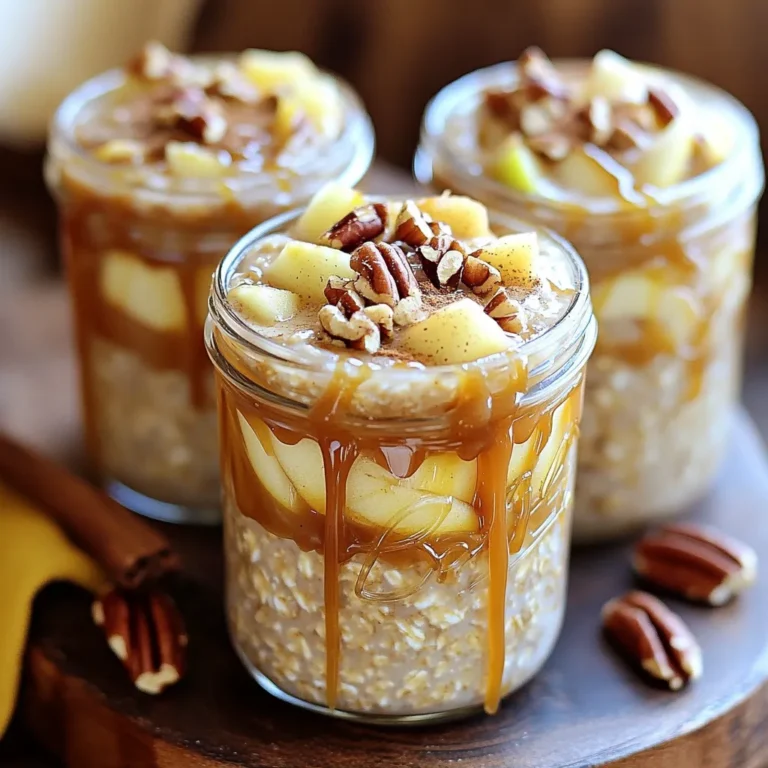 Für die Zubereitung von Karamell-Apfel-Übernacht-Haferflocken brauchen Sie: - 1 Tasse Haferflocken (gerollt) - 2 Tassen Mandelmilch (oder Milch nach Wahl) - 1 mittelgroßer Apfel, gewürfelt - 2 Esslöffel Karamellsauce (kaufin oder selbstgemacht) - 1 Esslöffel Chiasamen - 1 Teelöffel Zimt - 1 Esslöffel Honig oder Ahornsirup (nach Geschmack, optional) - Eine Prise Salz - Gehackte Nüsse (z.B. Pekannüsse oder Walnüsse) als Topping (optional) Wenn Sie keine Mandelmilch mögen, gibt es viele Alternativen. Sie können normale Milch, Sojamilch oder Hafermilch verwenden. Diese Optionen geben den Haferflocken einen ähnlichen Geschmack. Wenn Sie es süßer mögen, probieren Sie Kokosmilch. Diese hat einen besonderen, tropischen Geschmack. Die Wahl des richtigen Apfels macht viel aus. Für dieses Rezept empfehle ich, knackige Äpfel wie Granny Smith oder Fuji zu verwenden. Diese Äpfel sind süß und leicht sauer. Sie halten beim Kochen gut ihre Form. Achten Sie darauf, dass die Äpfel frisch sind. Ein fester Druck auf die Schale ist ein gutes Zeichen. Vermeiden Sie Äpfel mit Druckstellen oder braunen Flecken. Zuerst nimmst du eine große Rührschüssel. Dort gibst du die Haferflocken, Mandelmilch, Chiasamen, Zimt und eine Prise Salz. Rühre alles gut um, bis du eine gleichmäßige Mischung hast. Es ist wichtig, dass sich die Zutaten gut vermischen. So schmecken die Haferflocken später besser. Jetzt kommt der spaßige Teil! Nimm den gewürfelten Apfel und die Karamellsauce. Füge sie vorsichtig zur Mischung hinzu. Achte darauf, alles gleichmäßig zu verteilen. So bekommt jeder Bissen den süßen Karamellgeschmack und die frische Apfelnote. Wenn du magst, kannst du auch etwas Honig oder Ahornsirup hinzufügen. Das macht die Mischung noch süßer. Teile die Mischung gleichmäßig auf zwei Gläser oder Behälter auf. Verschließe die Gläser gut. Stelle sie dann über Nacht in den Kühlschrank. Das gibt den Haferflocken Zeit, die Flüssigkeit aufzunehmen. Wenn du es eilig hast, reicht auch eine Ruhezeit von vier Stunden. Am Morgen sind die Haferflocken schön weich und bereit zum Genießen. Um die besten Karamell-Apfel-Übernacht-Haferflocken zu machen, achte auf die richtige Mischung. Verwende frische, gerollte Haferflocken. Sie machen das Gericht cremig und lecker. Mische alle trockenen Zutaten zuerst. So verteilt sich der Zimt gut. Füge dann die Flüssigkeit hinzu, damit alles gut einzieht. Du kannst die Süße anpassen, indem du mehr oder weniger Karamellsauce verwendest. Honig oder Ahornsirup sind auch gute Optionen. Wenn die Mischung zu dick wird, füge einfach mehr Mandelmilch hinzu. Rühre gut um, bis du die richtige Konsistenz hast. Ein wenig Salz hebt den Geschmack der Äpfel hervor. Serviere die Haferflocken in klaren Gläsern. So kannst du die Schichten sehen. Garniere die Haferflocken mit einer Apfelscheibe und einer Prise Zimt. Gehackte Nüsse geben einen Knusper-Effekt. Ein zusätzlicher Schuss Karamellsauce macht es noch schöner. Diese Tipps sorgen dafür, dass dein Frühstück nicht nur gut schmeckt, sondern auch toll aussieht! {{image_4}} Du kannst dein Rezept für Karamellisierte Apfel-Über Nacht Haferflocken anpassen. Füge zum Beispiel einige Rosinen hinzu, um eine süße Note zu bekommen. Auch eine Handvoll Beeren macht das Frühstück bunter und frischer. - Zutaten für Variationen: - Rosinen - Beeren (Himbeeren, Blaubeeren) - Joghurt (für mehr Cremigkeit) - Erdnussbutter oder Mandelbutter (für zusätzlichen Geschmack) Wenn du Nüsse magst, sind gehackte Pekannüsse oder Walnüsse eine tolle Wahl. Sie geben einen schönen Crunch. Für eine glutenfreie Version benutze glutenfreie Haferflocken. Milchalternativen wie Soja- oder Hafermilch sind ebenfalls gut für Allergiker. - Diätfreundliche Optionen: - Glutenfreie Haferflocken - Soja- oder Hafermilch - Keto-freundliche Süßstoffe (z.B. Erythrit) Wenn du eine vegane Variante möchtest, lasse den Honig weg. Nutze stattdessen Agavendicksaft oder einfach mehr Karamellsauce. Im Frühling kannst du frische Erdbeeren oder Kirschen statt Äpfel verwenden. Im Winter passen Gewürze wie Muskatnuss oder Ingwer gut dazu. - Saisonale Zutaten: - Frische Erdbeeren oder Kirschen (Frühling) - Kürbisgewürz (Herbst) - Gewürze wie Muskatnuss oder Ingwer (Winter) Mit diesen Variationen wird dein Frühstück zum echten Genuss und bleibt spannend! Um Karamell-Apfel-Übernacht-Haferflocken richtig zu lagern, verwenden Sie einen luftdichten Behälter. Teilen Sie die Mischung in Gläser oder Schalen auf. Decken Sie diese gut ab, damit keine Luft eindringt. So bleibt die Frische erhalten. Im Kühlschrank halten sich die Haferflocken bis zu drei Tage. Nach dieser Zeit können sie an Geschmack verlieren. Achten Sie darauf, die Mischung vor dem Essen zu prüfen. Wenn sie unangenehm riecht oder die Textur komisch ist, werfen Sie sie weg. Wenn Sie die Haferflocken aufwärmen möchten, geben Sie einen Schuss Milch hinzu. Rühren Sie gut um, um die Mischung wieder cremig zu machen. Erwärmen Sie die Mischung in der Mikrowelle oder auf dem Herd. Überprüfen Sie die Temperatur, bevor Sie sie essen. So genießen Sie das beste Geschmackserlebnis. Die Haferflocken sind im Kühlschrank etwa 3 bis 5 Tage haltbar. Wenn du sie gut abdeckst, bleibt die Frische länger erhalten. Achte darauf, dass keine Fremdgerüche in den Behälter gelangen. So schmecken sie auch nach ein paar Tagen noch lecker. Ja, du kannst andere Früchte verwenden. Bananen, Beeren oder Birnen sind großartige Alternativen. Diese Früchte geben auch einen tollen Geschmack. Achte jedoch darauf, sie klein zu schneiden, damit sie gut in die Mischung passen. Je nach Frucht kann es auch nötig sein, die Süße anzupassen. Ja, dieses Rezept ist vegan, wenn du pflanzliche Milch wie Mandelmilch verwendest. Die Karamellsauce kann auch vegan sein, wenn du eine pflanzliche Variante wählst. So genießt du eine leckere und tierfreundliche Mahlzeit. In diesem Artikel habe ich die wichtigsten Schritte zur Herstellung von köstlichen Übernacht-Haferflocken erklärt. Wir haben die Zutaten, die besten Äpfel und Alternativen zur Mandelmilch besprochen. Die Schritt-für-Schritt-Anleitung hilft Ihnen, die Mischung richtig vorzubereiten und die Haferflocken über Nacht im Kühlschrank zu lassen. Nutzen Sie die Tipps, um Ihre Süße und Konsistenz anzupassen und die Übernacht-Haferflocken schön zu präsentieren. Mit den Variationen und Lagerungstipps sind Sie bestens gerüstet. Probieren Sie dieses einfache Rezept aus und genießen Sie eine gesunde Mahlzeit!