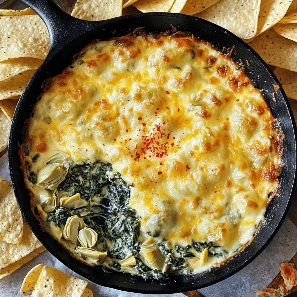 Für einen leckeren Skillet Spinach Artichoke Dip benötigst du folgende Zutaten: - 1 Tasse frischer Spinat, grob gehackt - 1 Tasse eingelegte Artischockenherzen, abgetropft und grob gehackt - 1 Tasse Frischkäse, auf Zimmertemperatur gebracht - 1/2 Tasse Sauerrahm - 1/2 Tasse Mayonnaise - 1 Tasse geriebener Mozzarella-Käse - 1/2 Tasse geriebener Parmesan-Käse - 2 Knoblauchzehen, fein gehackt - 1/2 Teelöffel rote Pfefferflocken (optional für etwas Schärfe) - Salz und Pfeffer nach Geschmack - In Scheiben geschnittenes Baguette oder Tortilla-Chips zum Servieren Achte immer auf frische und hochwertige Zutaten. Frischer Spinat bringt den besten Geschmack. Eingelegte Artischockenherzen sollten gut abgetropft sein, um die Mischung nicht wässrig zu machen. Verwende echten Frischkäse und keine Ersatzprodukte. Das sorgt für einen cremigen Dip. Geriebene Käse sind ideal, da sie schnell schmelzen. Kaufe bestenfalls Käse von guter Marke, um den Geschmack zu verbessern. Beginne damit, den Spinat und die Artischockenherzen grob zu hacken. Der Knoblauch sollte fein gehackt sein, damit er gut durchzieht. Stelle sicher, dass der Frischkäse weich ist, bevor du ihn in die Mischung gibst. Das macht das Rühren einfacher. Mische alle Zutaten gut in einer großen Schüssel. Achte darauf, dass alles gleichmäßig verteilt ist. So entsteht ein perfekter Dip voller Geschmack. Zuerst musst du die Zutaten bereitstellen. Hier sind die frischen und leckeren Zutaten: - 1 Tasse frischer Spinat, grob gehackt - 1 Tasse eingelegte Artischockenherzen, abgetropft und grob gehackt - 1 Tasse Frischkäse, auf Zimmertemperatur gebracht - 1/2 Tasse Sauerrahm - 1/2 Tasse Mayonnaise - 1 Tasse geriebener Mozzarella-Käse - 1/2 Tasse geriebener Parmesan-Käse - 2 Knoblauchzehen, fein gehackt - 1/2 Teelöffel rote Pfefferflocken (optional) - Salz und Pfeffer nach Geschmack - In Scheiben geschnittenes Baguette oder Tortilla-Chips zum Servieren Achte darauf, alles gut vorzubereiten. So geht es schneller, wenn du kochst. Heize zuerst deinen Herd auf mittlere Hitze. Nimm eine große Pfanne und füge den gehackten Knoblauch hinzu. Brate den Knoblauch 1-2 Minuten an, bis er gut riecht. Dann gib den gehackten Spinat und die Artischockenherzen in die Pfanne. Koche diese Mischung 3-4 Minuten, bis der Spinat zusammengefallen ist. Nimm die Pfanne vom Herd, wenn alles gut aussieht. In einer großen Rührschüssel vermischst du nun den weichen Frischkäse, Sauerrahm, Mayonnaise, Mozzarella und Parmesan. Füge die roten Pfefferflocken, Salz und Pfeffer hinzu. Rühre alles, bis die Mischung schön glatt ist. Danach kommt die Spinat-Artischocken-Mischung dazu. Hebe sie vorsichtig unter, damit alles gleichmäßig verteilt ist. Gib die Mischung zurück in die Pfanne. Verteile sie gleichmäßig und backe das Ganze im vorgeheizten Ofen bei 175°C für 20-25 Minuten. Der Dip ist fertig, wenn er sprudelnd und leicht goldbraun ist. Lass ihn kurz abkühlen und serviere ihn warm mit Baguette oder Tortilla-Chips. Skillet Spinach Artichoke Dip ist perfekt für Partys, Feiertage oder einfach einen Filmabend. Jeder liebt diesen leckeren Dip. Er passt gut zu vielen Snacks. Du kannst ihn warm servieren, direkt aus der Pfanne. Die Gäste werden ihn lieben. Egal, ob du Freunde einlädst oder die Familie versammelst, dieser Dip sorgt für gute Stimmung. Du kannst den Dip an deinen Geschmack anpassen. Füge mehr Knoblauch hinzu, wenn du es magst. Für etwas Schärfe sind rote Pfefferflocken toll. Willst du einen anderen Käse? Nutze Feta oder Cheddar. Auch zusätzliches Gemüse ist eine gute Idee. Paprika oder Zucchini passen gut. Lass deiner Kreativität freien Lauf! Ein häufiger Fehler ist, den Dip zu lange zu backen. Achte darauf, dass er goldbraun ist, aber nicht zu dunkel wird. Ein anderer Fehler ist, die Mischung nicht gut zu verrühren. Dadurch schmeckt der Dip ungleichmäßig. Achte darauf, dass alle Zutaten gut vermischt sind. Wenn der Dip zu dick ist, füge etwas mehr Sauerrahm hinzu. So bleibt er schön cremig. {{image_4}} Du kannst diesen Dip leicht vegan oder glutenfrei machen. Für die vegane Version verwende pflanzliche Produkte. Ersetze Frischkäse durch veganen Frischkäse. Nutze auch vegane Mayonnaise und Sauerrahm. Achte darauf, dass die verwendeten Tortilla-Chips glutenfrei sind, falls du sie servierst. So bleibt der Dip lecker und für alle Gäste geeignet. Du kannst andere Gemüse in den Dip einfügen. Zum Beispiel, füge gewürfelte Paprika oder Zucchini hinzu. Auch gebratene Pilze passen gut dazu. Diese Variationen bringen mehr Geschmack und Farbe in das Gericht. Du kannst auch frische Kräuter wie Petersilie oder Basilikum hinzufügen, um den Geschmack zu verstärken. Experimentiere mit deinem Lieblingsgemüse! Die Käsemischung ist entscheidend für den Geschmack. Du kannst verschiedene Käsesorten verwenden. Statt Mozzarella probiere Cheddar oder Gouda. Diese Käse verleihen dem Dip eine andere Note. Wenn du es würziger magst, füge etwas Feta hinzu. Achte darauf, die Käse gut zu vermischen. So erhältst du einen Dip, der jedem schmeckt! Du kannst den Dip gut lagern. Fülle ihn in einen luftdichten Behälter. Stelle sicher, dass er ganz abgekühlt ist, bevor du ihn verschließt. So bleibt er frisch. Der Dip hält sich im Kühlschrank bis zu drei Tage. Wenn du den Dip wieder verwenden willst, schau dir die nächsten Schritte an. Das Einfrieren ist auch möglich. Fülle den Dip in einen gefrierfesten Behälter. Lasse etwas Platz an der Oberseite, damit der Dip sich ausdehnen kann. Du kannst den Dip bis zu drei Monate einfrieren. Achte darauf, das Datum auf den Behälter zu schreiben. So vergisst du nicht, wann du ihn gemacht hast. Um den Dip wieder zu erwärmen, nimm ihn aus dem Kühlschrank oder Gefrierfach. Wenn er gefroren ist, lasse ihn zuerst im Kühlschrank über Nacht auftauen. Erhitze ihn dann in einer Pfanne bei mittlerer Hitze. Rühre häufig, damit er nicht anbrennt. Du kannst ihn auch im Ofen bei 175°C (350°F) für 15-20 Minuten backen. So wird der Dip schön heiß und sprudelnd. Um diesen leckeren Dip zuzubereiten, brauchst du etwa 40 Minuten. Die Vorbereitungszeit beträgt etwa 15 Minuten. Danach backst du ihn für 20 bis 25 Minuten. Während du wartest, kannst du die Küche aufräumen oder Snacks vorbereiten. So wird das Kochen noch einfacher und schneller. Wenn du keinen Frischkäse hast, gibt es gute Alternativen. Du kannst griechischen Joghurt verwenden, um eine ähnliche Textur zu erreichen. Eine andere Option ist Ricotta-Käse, der auch gut funktioniert. Diese Alternativen geben dem Dip einen anderen, aber leckeren Geschmack. Ja, du kannst diesen Dip im Voraus zubereiten. Wenn du ihn am Vortag machst, lagere ihn einfach im Kühlschrank. Wenn du bereit bist, ihn zu servieren, backe ihn einfach im Ofen. Achte darauf, die Backzeit etwas zu verlängern, wenn er kalt ist. So sparst du Zeit und kannst deine Gäste beeindrucken! Im Blogpost haben wir die wichtigsten Zutaten für einen tollen Dip besprochen. Wir haben die Qualität, Zubereitung und eine Schritt-für-Schritt-Anleitung behandelt. Zudem habe ich nützliche Tipps gegeben und Variationen für verschiedene Geschmäcker vorgeschlagen. Denke daran, deinen Dip gut aufzubewahren und zu genießen. Mit diesen Tipps und Tricks wird dein Dip immer ein Hit sein! Probiere neue Ideen und finde deine persönliche Lieblingsvariante!